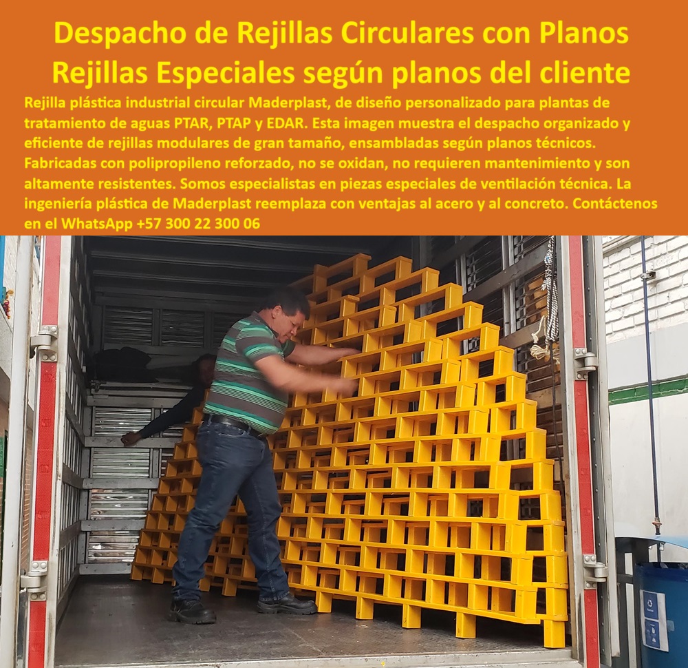 Rejilla Plástica Industrial Antideslizante PTAR PTAP EDAR Rejillas Ventilación Maderplast 0 amarillas No se oxidan no se pelan no requieren pintura ni mantenimiento. Soportan cargas elevadas con máxima seguridad estructural. Ptar plataformas circulares de polipropileno, - plataformas de polipropileno técnico para ductos, - plataformas técnicas circulares para tránsito de maquinaria, - soluciones plásticas para carga estructural elevada, - pisos industriales de polipropileno de alta durabilidad, - sistemas de paso estructural en polipropileno, - pisos antideslizantes industriales de alta durabilidad, - soluciones de paso seguro en ambientes industriales, - rejillas industriales listas para despacho, - ¿Dónde venden rejillas circulares industriales listas para entrega?, - Descripción Optimizada de la Imagen: La imagen muestra el proceso de despacho de rejillas plásticas industriales circulares de gran formato, diseñadas según planos técnicos para adaptarse a proyectos especiales de plantas PTAR, PTAP y EDAR. Fabricadas en polipropileno reforzado de alta ingeniería, estas plataformas modulares ofrecen resistencia estructural elevada, alta durabilidad y soportan tránsito pesado sin oxidarse, agrietarse ni requerir mantenimiento. Gracias a su ensamblaje preciso y su estructura visible y robusta, permiten su instalación rápida en zonas de tránsito técnico, ductos, plataformas de mantenimiento o sistemas de ventilación estructural. Maderplast desarrolla estas soluciones adaptadas a necesidades específicas, garantizando seguridad, eficiencia operativa y reducción de costos de mantenimiento en ambientes industriales exigentes. Con la innovación de Maderplast, las industrias cuentan con pisos técnicos de última generación que superan las alternativas tradicionales de acero o concreto en resistencia, durabilidad y facilidad de manejo, - rejillas de polipropileno resistentes a químicos, - plataformas de tránsito visibles de polipropileno, - plataformas-anticorrosivas-industriales, - sistemas-de-rejilla-industrial, - plataformas plásticas resistentes para tránsito industrial, - sistemas de rejilla modular especial para plantas PTAR, - Rejillas circulares plásticas ensambladas para plantas industriales, - soluciones-de-piso-plástico, - pisos-industriales-de-polímero, - rejillas de polipropileno industrial para zonas técnicas, - pisos de ventilación estructural para plantas PTAR, - ¿Dónde encuentro suelos plásticos industriales sin mantenimiento?, - rejillas técnicas modulares para zonas de proceso, - Sistemas de paso plástico modular resistentes a tránsito industrial, - Soluciones de plataformas plásticas industriales listas para despacho, - sistemas de paso plástico reforzado para plantas, - rejillas industriales resistentes al tránsito pesado, - rejillas-modulares-de-polipropileno, - suelos plásticos de gran formato industrial, - Suelos plásticos reforzados de alta resistencia estructural, - soluciones estructurales plásticas para EDAR y PTAP, - plataformas plásticas visibles para áreas de alta humedad, - rejillas modulares industriales listas para instalación, - plataformas visibles para carga pesada, - rejillas plásticas circulares ensambladas según planos técnicos, - suelos-plásticos-para-ptar, - rejillas de gran formato para plantas de tratamiento, - ¿Qué plataforma plástica soporta cargas elevadas en PTAR?, - rejillas estructurales plásticas para áreas industriales, - Rejillas de polipropileno visibles para zonas industriales, - sistemas de ventilación estructural en polipropileno, - rejillas-plásticas-circulares, - pisos plásticos antideslizantes para plantas potabilizadoras, - plataformas industriales de polipropileno resistentes a químicos, - plataformas-industriales-antideslizantes, - plataformas plásticas industriales listas para despacho, - estructuras plásticas para sistemas de ventilación, - suelos plásticos de alta resistencia para entornos industriales, - ¿Quién fabrica sistemas de paso plástico de alta resistencia?, - sistemas de paso plástico sin mantenimiento, - sistemas-de-paso-industrial, - ¿Qué rejilla modular plástica es mejor para plantas potabilizadoras?, - plataformas técnicas visibles para zonas industriales, - sistemas de piso plástico reforzado para EDAR, - plataformas-de-paso-industrial 0 Rejilla Plástica Industrial Antideslizante PTAR PTAP EDAR Rejillas Ventilación Maderplast 0 amarillas No se oxidan, no se pelan, no requieren pintura ni mantenimiento. Soportan cargas elevadas con máxima seguridad estructural. Ptar
