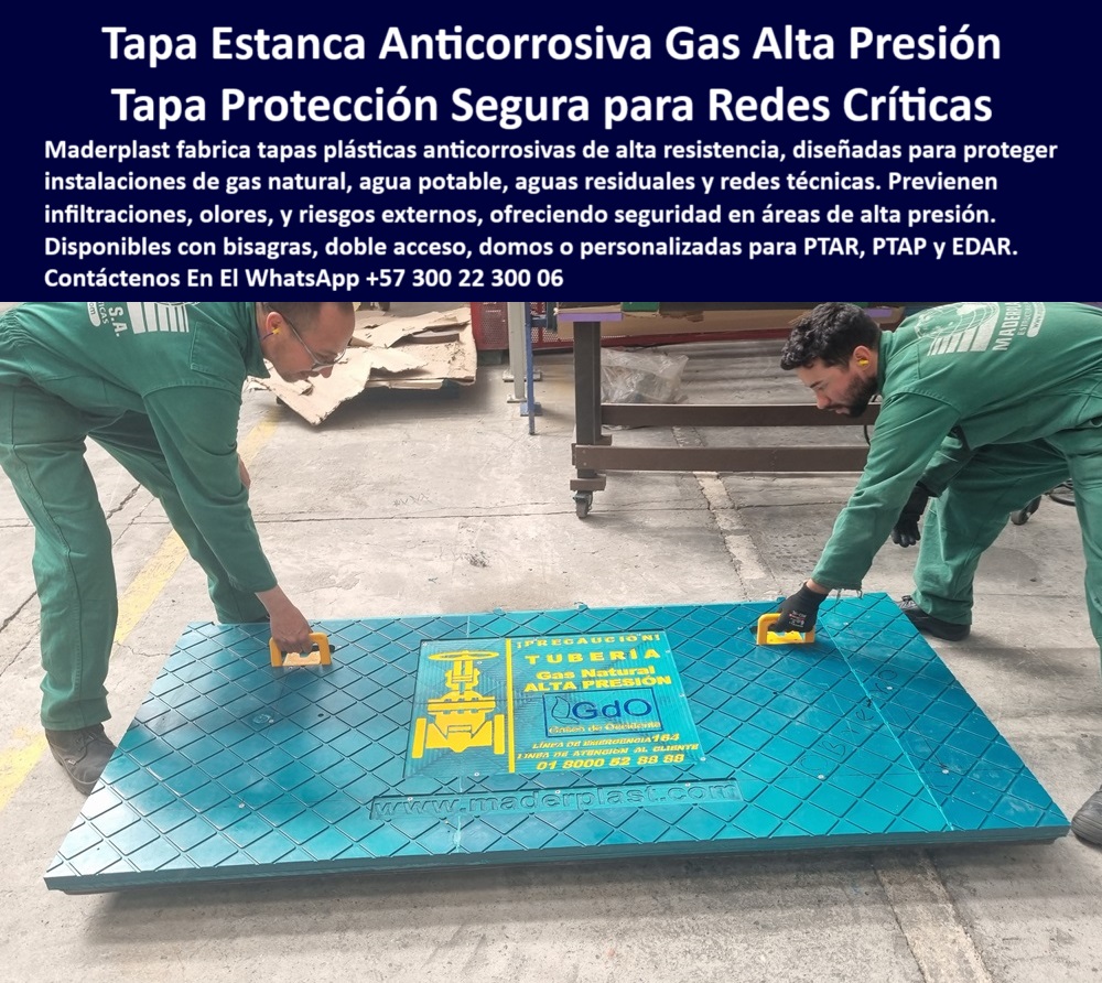 Tapas Para Tanques Subterráneos Tapas Inoxidables Ptap Ptar Edar Maderplast 0 olores y contaminaciones externas. Disponibles con bisagras domos sistemas de doble acceso y diseños personalizados. para plantas PTAR PTAP EDAR tapa Registro técnico para ducto subterráneo con manijas, - Sistema de acceso seguro para redes enterradas sensibles, - ¿Qué tapa plástica con doble acceso y cierre hermético se recomienda para redes PTAR y EDAR ?, asesoría para compra técnica, Cubierta con advertencia de alta presión instalada, - Cubierta de alta presión para instalaciones subterráneas, - Registro-Sanitario-Con-Señalización, - Tapa-Estanca-Gas-Natural, - Tapa estructural para ductos enterrados industriales, - Tapa-Segura-Con-Advertencia-Visual, - Cubierta tipo trampilla reforzada contra contaminación externa, - Cubierta reforzada para zonas industriales con presión, - Tapa plástica azul para redes de gas natural, - Tapa técnica modular con superficie antideslizante, - Cubierta para cámara enterrada con señalización de riesgo, - Tapa plástica anticorrosiva con cierre estanco, - Tapa azul con diseño personalizado y advertencia visible, - ¿Cuál es la tapa más segura para zonas técnicas con riesgo químico ?, contenido validado, Plataforma plástica de protección en subestaciones sanitarias, - Tapa para ductos subterráneos de agua potable o gas, - Registro técnico seguro para redes de alta presión, - Tapa reforzada con superficie antideslizante y rotulada, - Solución Maderplast para cámaras críticas de acceso técnico, - Registro anticorrosivo para plantas PTAR y EDAR, - ¿Dónde encuentro una tapa de alta presión con advertencia visible?, - Comparación entre tapas metálicas y tapas plásticas anticorrosivas para redes técnicas críticas, - Tapa-Con-Manijas-Industriales, - Cubierta-Con-Doble-Acceso, - Descripción Optimizada de la Imagen: La imagen muestra una tapa plástica estanca de alta seguridad fabricada por Maderplast, instalada para proteger una red técnica de gas natural. Esta tapa anticorrosiva está diseñada en polímero reforzado de alta ingeniería, con advertencia visual de "alta presión" rotulada directamente sobre su superficie, garantizando visibilidad y seguridad en zonas de alto riesgo. Maderplast ofrece esta solución estandarizada o personalizada para instalaciones de agua potable, aguas residuales o redes críticas en plantas PTAR, PTAP y EDAR. Gracias a su diseño robusto, hermético y sin mantenimiento, está cubierta previene infiltraciones, olores y contaminaciones externas, asegurando protección integral en cámaras subterráneas industriales y sanitarias, - ¿Qué tipo de tapa plástica usar para redes críticas de plantas PTAR?Artículo validado por ingeniería - ¿Qué tapa se usa para cubrir redes de gas natural subterráneas?, - Tapa plástica reforzada para sistemas críticos sanitarios, - Cubierta-Anticorrosiva-Alta-Presión, - ¿Qué cubierta plástica evita olores y contaminaciones externas?, - Registro con precaución impresa para gas natural, - Tapa con señalización para zonas industriales de riesgo, - Recomendación de tapa segura para evitar olores y filtraciones en cámaras subterráneas, - Tapa-Anticorrosiva-Sin-Olores, - Tapa estanca plástica para redes de gas natural, - Cubierta hermética para infraestructura de gas y agua, - Tapa plástica con sistema doble acceso o domo, - Registro seguro para infraestructura de alta exigencia, - Ficha técnica de tapa Maderplast con precaución impresa para instalaciones de alta presión, - Registro seguro instalado en planta técnica, - Cubierta personalizada para redes sanitarias críticas, - Tapa con señalización para instalaciones de alto riesgo, - Solución-Maderplast-Redes-Críticas, - tapa estanca anticorrosiva gas alta presión ptar ptap edar maderplast cubierta plástica advertencia visual redes críticas seguridad cámara subterránea doble acceso sin olores, - Cubierta anticorrosiva con sello hermético para PTAR, - Registro hermético para evitar olores y filtraciones, - Acceso-Técnico-Plantas-PTAR, - Tapas con manijas para acceso técnico rápido, - Tapa-Ducto-Subterráneo-Segura, - Cubierta robusta para infraestructura pública y técnica, - Tapa plástica para cámaras enterradas con presión, - Buscar tapa estanca plástica para redes subterráneas de gas natural con advertencia visual, - Tapa para redes hidráulicas y sanitarias críticas, - Tapa con texto de advertencia grabado para redes técnicas 0 Tapas Para Tanques Subterráneos Tapas Inoxidables Ptap Ptar Edar Maderplast 0 olores y contaminaciones externas. Disponibles con bisagras, domos, sistemas de doble acceso, y diseños personalizados. para plantas PTAR, PTAP, EDAR tapa