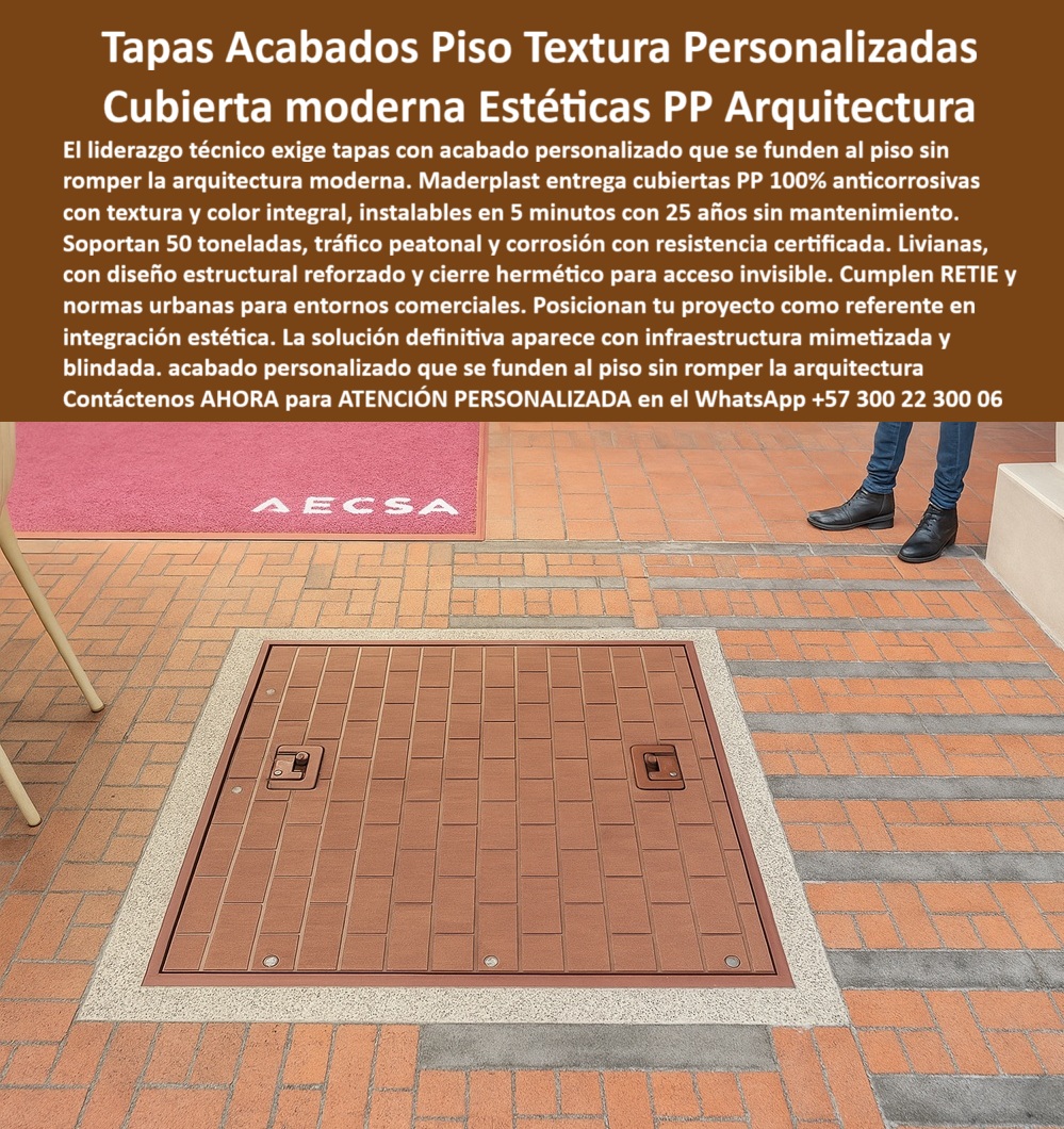 Tapa con Acabado personalizable por color y textura Maderplast Tapas Acabados Piso Textura Personalizadas Maderplast: Cubierta Moderna Estéticas PP Arquitectura El liderazgo técnico exige tapas con acabado personalizado que se funden al piso sin romper la arquitectura moderna. La Tapa Acabados Piso Textura Personalizadas Maderplast es la solución que combina estética y funcionalidad estructural. La imagen muestra su integración impecable en un entorno comercial, donde la cubierta moderna estéticas PP armoniza perfectamente con el pavimento, haciendo el acceso técnico prácticamente invisible. Integración Estética: Se Funde al Piso con Cero Corrosión El metal es el enemigo de los entornos comerciales y la arquitectura de lujo. ¿Cómo consigo tapas de acceso que se integren al piso y no rompan la arquitectura moderna de un centro comercial? Maderplast entrega cubiertas PP 100 por ciento anticorrosivas con textura y color integral, logrando una integración estética total. Nuestro acabado personalizado es la clave de un diseño mimético que se integra visualmente, eliminando la cero oxidación de las tapas tradicionales. Nuestra tapas estructurales reforzadas no sacrifican la resistencia por la estética. Necesito cubiertas para zonas peatonales que soporten 50 toneladas y sean 100% anticorrosivas. Las cubiertas soportan 50 toneladas y el tráfico peatonal, con una resistencia certificada y durabilidad 25 años. Cierre Hermético y Liderazgo Técnico Blindado La funcionalidad y el cumplimiento normativo son absolutos. ¿Busco tapas estructurales con cierre hermético para acceso invisible en pisos de centros de negocios? La Tapa Acabados Piso Textura tiene un cierre hermético para acceso invisible y garantiza la protección de la infraestructura subterránea. El sistema de Maderplast cumple RETIE y normas urbanas, siendo una inversión blindada que reduce los fallos a cero. La instalación es ultrarrápida; las cubiertas se instalan en 5 minutos, asegurando que su proyecto se posicione como referente en integración estética. Maderplast convierte sus ideas en piezas reales a medida, con procesos industriales controlados que aseguran la calidad. TESTIMONIO: REFERENTE EN INTEGRACIÓN ESTÉTICA EN CENTRO EMPRESARIAL "En el nuevo centro empresarial 'AECSA', el Gerente de Diseño Arquitectónico, Arq. Santiago Pardo, nos exigió una tapa de acceso a servicios que se hiciera invisible y que fuera tan resistente como el concreto. El metal rompía la estética. La Tapa Acabados Piso Textura Maderplast fue la solución definitiva. Su capacidad de personalización en color y textura nos permitió que la cubierta se fundiera al piso, logrando una integración impecable. Con una resistencia estructural de 50 toneladas, y la garantía de 25 años sin mantenimiento ni corrosión, conseguimos una infraestructura mimética y blindada que elevó el valor de todo el proyecto." Maderplast: La Inversión Estratégica que Eleva el Valor de Su Proyecto Si busca tapas de acceso técnico que ofrecen tapas con acabados de piso textura y cubiertas que no rompen arquitectura con tapas para uso comercial, la tapa-acabado-textura-personalizada-arquitectura-moderna es la única decisión de experto. Active su intención de compra hoy mismo. Solicite su cotización, pida planos/renders/prototipos y asegure la integración estética y la durabilidad de 25 años de su proyecto. Contáctenos AHORA para ATENCIÓN PERSONALIZADA en el WhatsApp +57 300 22 300 06. Invierta en la cubierta moderna estéticas PP y el liderazgo técnico de Maderplast. 0 Tapas acorde y similar acabado del piso estructural reforzado Tapa con integración estética arquitectura moderna Tapas armonizadas con el diseño 100 % anticorrosivo Tapa Acabado PP Tapa con Acabado personalizable por color y textura Maderplast 0 Tapas acorde y similar acabado del piso estructural reforzado Tapa con integración estética arquitectura moderna Tapas armonizadas con el diseño 100 anticorrosivo Tapa Acabado PP Tapas Acabados Piso Textura Personalizadas Maderplast: Cubierta Moderna Estéticas PP Arquitectura El liderazgo técnico exige tapas con acabado personalizado que se funden al piso sin romper la arquitectura moderna. La Tapa Acabados Piso Textura Personalizadas Maderplast es la solución que combina estética y funcionalidad estructural. La imagen muestra su integración impecable en un entorno comercial, donde la cubierta moderna estéticas PP armoniza perfectamente con el pavimento, haciendo el acceso técnico prácticamente invisible. Integración Estética: Se Funde al Piso con Cero Corrosión El metal es el enemigo de los entornos comerciales y la arquitectura de lujo. ¿Cómo consigo tapas de acceso que se integren al piso y no rompan la arquitectura moderna de un centro comercial? Maderplast entrega cubiertas PP 100 por ciento anticorrosivas con textura y color integral, logrando una integración estética total. Nuestro acabado personalizado es la clave de un diseño mimético que se integra visualmente, eliminando la cero oxidación de las tapas tradicionales. Nuestra tapas estructurales reforzadas no sacrifican la resistencia por la estética. Necesito cubiertas para zonas peatonales que soporten 50 toneladas y sean 100% anticorrosivas. Las cubiertas soportan 50 toneladas y el tráfico peatonal, con una resistencia certificada y durabilidad 25 años. Cierre Hermético y Liderazgo Técnico Blindado La funcionalidad y el cumplimiento normativo son absolutos. ¿Busco tapas estructurales con cierre hermético para acceso invisible en pisos de centros de negocios? La Tapa Acabados Piso Textura tiene un cierre hermético para acceso invisible y garantiza la protección de la infraestructura subterránea. El sistema de Maderplast cumple RETIE y normas urbanas, siendo una inversión blindada que reduce los fallos a cero. La instalación es ultrarrápida; las cubiertas se instalan en 5 minutos, asegurando que su proyecto se posicione como referente en integración estética. Maderplast convierte sus ideas en piezas reales a medida, con procesos industriales controlados que aseguran la calidad. TESTIMONIO: REFERENTE EN INTEGRACIÓN ESTÉTICA EN CENTRO EMPRESARIAL "En el nuevo centro empresarial 'AECSA', el Gerente de Diseño Arquitectónico, Arq. Santiago Pardo, nos exigió una tapa de acceso a servicios que se hiciera invisible y que fuera tan resistente como el concreto. El metal rompía la estética. La Tapa Acabados Piso Textura Maderplast fue la solución definitiva. Su capacidad de personalización en color y textura nos permitió que la cubierta se fundiera al piso, logrando una integración impecable. Con una resistencia estructural de 50 toneladas, y la garantía de 25 años sin mantenimiento ni corrosión, conseguimos una infraestructura mimética y blindada que elevó el valor de todo el proyecto." Maderplast: La Inversión Estratégica que Eleva el Valor de Su Proyecto Si busca tapas de acceso técnico que ofrecen tapas con acabados de piso textura y cubiertas que no rompen arquitectura con tapas para uso comercial, la tapa-acabado-textura-personalizada-arquitectura-moderna es la única decisión de experto. Active su intención de compra hoy mismo. Solicite su cotización, pida planos/renders/prototipos y asegure la integración estética y la durabilidad de 25 años de su proyecto. Contáctenos AHORA para ATENCIÓN PERSONALIZADA en el WhatsApp +57 300 22 300 06. Invierta en la cubierta moderna estéticas PP y el liderazgo técnico de Maderplast.