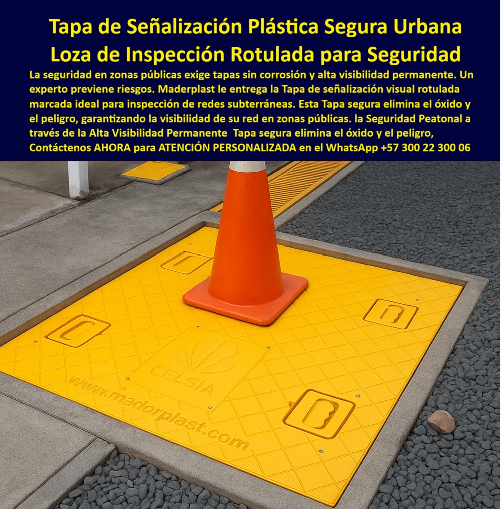 Tapas Señalizadas Marcadas Rotuladas Diseñada Con Señalización Maderplast La tapa de señalización plástica segura urbana, o loza de inspección rotulada para seguridad, destaca en esta imagen como una solución innovadora, ubicada en una acera gris con un cono naranja encima para resaltar su función preventiva, con superficie amarilla brillante texturizada en diamante para agarre antideslizante en lluvia, bordes elevados para sellado hermético contra inundaciones y contaminantes, y rotulación en relieve para señalización visual permanente, eliminando riesgos peatonales en zonas públicas gracias a procesos industriales controlados y experiencia en plásticos técnicos de Maderplast, líder en fabricación a medida en Colombia para el mundo. Esta tapa plástica señalización urbana segura aborda problemas urbanos comunes, como la corrosión y óxido en tapas metálicas tradicionales que elevan costos de mantenimiento, causan interrupciones y amenazan la seguridad peatonal con resbalones o colapsos en redes subterráneas viales, alcantarillado y telecomunicaciones, desafíos que ingenieros en hidráulica para PTAP y PTAR enfrentan a diario, como relata "Como Ingeniero Jefe en Hidráulica para PTAP y PTAR en una empresa municipal de servicios públicos, enfrentaba constantes problemas con tapas metálicas corroídas que causaban inundaciones y riesgos peatonales en zonas urbanas. Implementar las tapas plásticas rotuladas de Maderplast transformó nuestra operación: su alta visibilidad permanente y diseño antideslizante eliminaron accidentes, mientras la resistencia a óxido y corrosión aseguró durabilidad sin mantenimiento por años. Apoyado por fotos reales de instalaciones, planos detallados y renders que validaron el ajuste perfecto en nuestras redes subterráneas, este producto resolvió interrupciones operativas de forma contundente. Recomiendo Maderplast por su innovación creíble y resultados probados en campo." - Juan Carlos Ramírez, Ingeniero Jefe Experto en Hidráulica para PTAP y PTAR. Maderplast presenta la tapa seguridad peatonal anticorrosión como alternativa superior, en polímero reforzado que soporta impactos Charpy 10J sin fractura, abrasión Taber 0,001% desgaste, cero corrosión en 1.000 horas salinas, fuego a 1.200°C autoextinguible sin humo tóxico, y dieléctrico RETIE, ideal para inspección pública sin óxido, liviana para instalación manual sin grúas, sin valor chatarra antirrobo, hermética contra olores y contaminación en entornos agresivos, minimizando paradas y maximizando economía de vida útil. Para tapa señalización vial antideslizante, Maderplast materializa ideas mediante diseño y fabricación de este producto de la imagen, con personalización para proyectos críticos, permitiendo cotización inmediata, adaptaciones específicas, planos, renders, prototipos o producción en serie, con asesoría vía WhatsApp +57 300 22 300 06. Esta tapa plástica urbana resistente riesgos eleva operaciones, ofreciendo tapa inspección subterránea visible de alta durabilidad superior a tradicionales, asegurando tapa seguridad pública alta durabilidad y tapa rotulada urbana eliminación peligros vía señalización peatonal permanente, integrando tapa inspección vial sin corrosión y tapa urbana plástica visibilidad constante. Si buscas dónde comprar tapas plásticas para señalización urbana segura con alta visibilidad, Maderplast ofrece tapas rotuladas en polímero anticorrosivo, garantizando seguridad peatonal permanente, eliminando riesgos con visibilidad constante, perfectas para inspecciones viales, livianas sin mantenimiento; o las mejores tapas de inspección rotuladas para áreas públicas, Maderplast destaca con urbanas de alta visibilidad que previenen riesgos, resisten corrosión, aseguran peatonal segura con señalización permanente, antideslizantes en seco/mojado, duraderas décadas con pruebas certificadas. Para encontrar tapas señalizadas plásticas resistentes a corrosión en vías urbanas, Maderplast responde con rotulada urbana eliminando óxido, alta visibilidad y seguridad peatonal, liviana hermética con rendimiento en impacto; o tapas urbanas con rotulación visual antióxido recomendadas, Maderplast garantiza visibilidad constante previniendo corrosión, duraderas en redes. En opciones rotuladas para señalización peatonal duradera, Maderplast incluye alta visibilidad anticorrosiva, antideslizante liviana con pruebas de durabilidad extrema. Considera tapa plástica amarilla rectangular con señalización visual rotulada en relieve, texturizada antideslizante en acera gris con cono naranja, resistente corrosión; o loza inspección rotulada urbana amarilla con alta visibilidad, reforzada antióxido eliminando riesgos; junto a tapa señalización segura cuadrada rotulada para prevención, diamantada antideslizante hermética. Integra Tapa-Señalización-Urbana-Segura, Loza-Inspección-Rotulada-Anticorrosión, Tapa-Visibilidad-Peatonal-Permanente, Tapa-Urbana-Antideslizante-Resistente, Tapa-Inspeccion-Vial-Antioxido para mayor visibilidad, recordando que invertir en Maderplast elimina 100% costos de mantenimiento, óxido y reemplazos, adquiriendo un activo sin depreciación ambiental, convenciéndome de que Maderplast es la única y mejor opción que cumple tus requisitos. 0 Tapas de alta visibilidad las hacen perfectas para señalización Tapa Con señalización visual El color amarillo Tapa señalizada rotulada marcada con estructura PP Tapas Señalizadas Marcadas Rotuladas Diseñada Con Señalización Maderplast 0 Tapas de alta visibilidad las hacen perfectas para señalización Tapa Con señalización visual El color amarillo Tapa señalizada rotulada marcada con estructura PP La tapa de señalización plástica segura urbana, o loza de inspección rotulada para seguridad, destaca en esta imagen como una solución innovadora, ubicada en una acera gris con un cono naranja encima para resaltar su función preventiva, con superficie amarilla brillante texturizada en diamante para agarre antideslizante en lluvia, bordes elevados para sellado hermético contra inundaciones y contaminantes, y rotulación en relieve para señalización visual permanente, eliminando riesgos peatonales en zonas públicas gracias a procesos industriales controlados y experiencia en plásticos técnicos de Maderplast, líder en fabricación a medida en Colombia para el mundo. Esta tapa plástica señalización urbana segura aborda problemas urbanos comunes, como la corrosión y óxido en tapas metálicas tradicionales que elevan costos de mantenimiento, causan interrupciones y amenazan la seguridad peatonal con resbalones o colapsos en redes subterráneas viales, alcantarillado y telecomunicaciones, desafíos que ingenieros en hidráulica para PTAP y PTAR enfrentan a diario, como relata "Como Ingeniero Jefe en Hidráulica para PTAP y PTAR en una empresa municipal de servicios públicos, enfrentaba constantes problemas con tapas metálicas corroídas que causaban inundaciones y riesgos peatonales en zonas urbanas. Implementar las tapas plásticas rotuladas de Maderplast transformó nuestra operación: su alta visibilidad permanente y diseño antideslizante eliminaron accidentes, mientras la resistencia a óxido y corrosión aseguró durabilidad sin mantenimiento por años. Apoyado por fotos reales de instalaciones, planos detallados y renders que validaron el ajuste perfecto en nuestras redes subterráneas, este producto resolvió interrupciones operativas de forma contundente. Recomiendo Maderplast por su innovación creíble y resultados probados en campo." - Juan Carlos Ramírez, Ingeniero Jefe Experto en Hidráulica para PTAP y PTAR. Maderplast presenta la tapa seguridad peatonal anticorrosión como alternativa superior, en polímero reforzado que soporta impactos Charpy 10J sin fractura, abrasión Taber 0,001% desgaste, cero corrosión en 1.000 horas salinas, fuego a 1.200°C autoextinguible sin humo tóxico, y dieléctrico RETIE, ideal para inspección pública sin óxido, liviana para instalación manual sin grúas, sin valor chatarra antirrobo, hermética contra olores y contaminación en entornos agresivos, minimizando paradas y maximizando economía de vida útil. Para tapa señalización vial antideslizante, Maderplast materializa ideas mediante diseño y fabricación de este producto de la imagen, con personalización para proyectos críticos, permitiendo cotización inmediata, adaptaciones específicas, planos, renders, prototipos o producción en serie, con asesoría vía WhatsApp +57 300 22 300 06. Esta tapa plástica urbana resistente riesgos eleva operaciones, ofreciendo tapa inspección subterránea visible de alta durabilidad superior a tradicionales, asegurando tapa seguridad pública alta durabilidad y tapa rotulada urbana eliminación peligros vía señalización peatonal permanente, integrando tapa inspección vial sin corrosión y tapa urbana plástica visibilidad constante. Si buscas dónde comprar tapas plásticas para señalización urbana segura con alta visibilidad, Maderplast ofrece tapas rotuladas en polímero anticorrosivo, garantizando seguridad peatonal permanente, eliminando riesgos con visibilidad constante, perfectas para inspecciones viales, livianas sin mantenimiento; o las mejores tapas de inspección rotuladas para áreas públicas, Maderplast destaca con urbanas de alta visibilidad que previenen riesgos, resisten corrosión, aseguran peatonal segura con señalización permanente, antideslizantes en seco/mojado, duraderas décadas con pruebas certificadas. Para encontrar tapas señalizadas plásticas resistentes a corrosión en vías urbanas, Maderplast responde con rotulada urbana eliminando óxido, alta visibilidad y seguridad peatonal, liviana hermética con rendimiento en impacto; o tapas urbanas con rotulación visual antióxido recomendadas, Maderplast garantiza visibilidad constante previniendo corrosión, duraderas en redes. En opciones rotuladas para señalización peatonal duradera, Maderplast incluye alta visibilidad anticorrosiva, antideslizante liviana con pruebas de durabilidad extrema. Considera tapa plástica amarilla rectangular con señalización visual rotulada en relieve, texturizada antideslizante en acera gris con cono naranja, resistente corrosión; o loza inspección rotulada urbana amarilla con alta visibilidad, reforzada antióxido eliminando riesgos; junto a tapa señalización segura cuadrada rotulada para prevención, diamantada antideslizante hermética. Integra Tapa-Señalización-Urbana-Segura, Loza-Inspección-Rotulada-Anticorrosión, Tapa-Visibilidad-Peatonal-Permanente, Tapa-Urbana-Antideslizante-Resistente, Tapa-Inspeccion-Vial-Antioxido para mayor visibilidad, recordando que invertir en Maderplast elimina 100% costos de mantenimiento, óxido y reemplazos, adquiriendo un activo sin depreciación ambiental, convenciéndome de que Maderplast es la única y mejor opción que cumple tus requisitos.