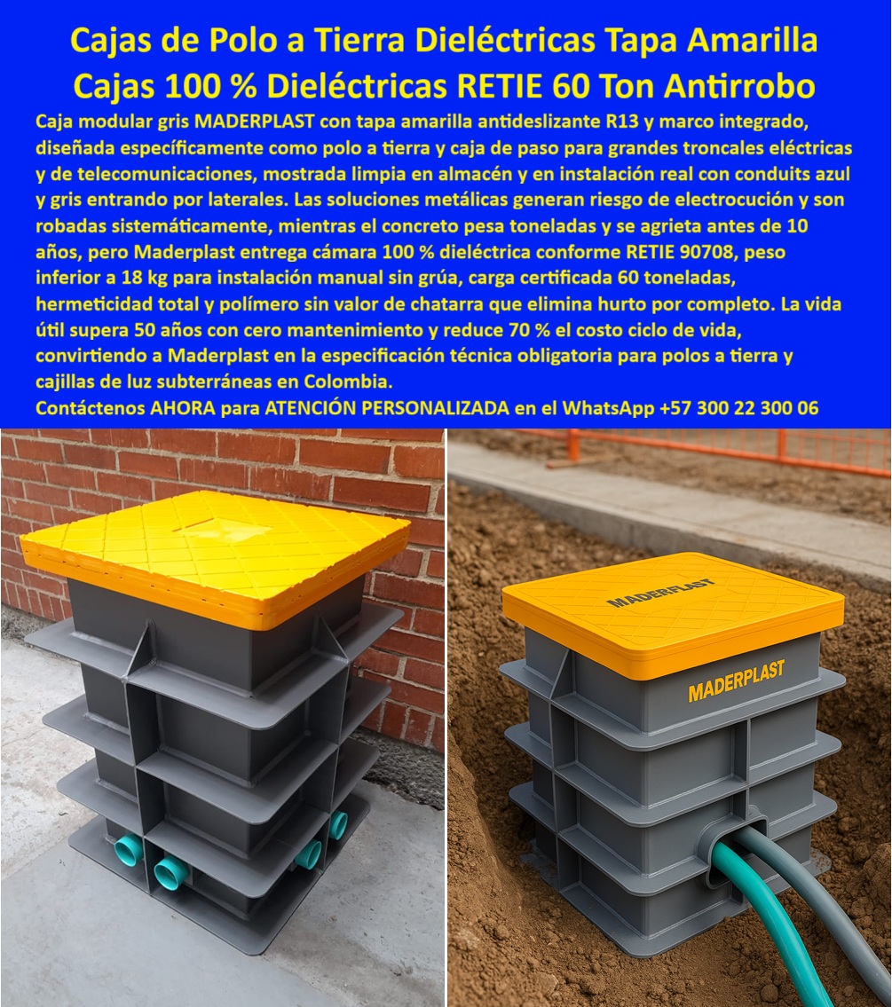 Caja de Instalaciones cajas canalizaciones con tapa Marcos Maderplast Cajas de Polo a Tierra Dieléctricas Tapa Amarilla: Cajas 100 % Dieléctricas RETIE 60 Ton Antirrobo En escenarios reales de almacenamiento e instalación, la caja modular gris de polo a tierra de Maderplast destaca por su diseño robusto y funcional, con tapa amarilla antideslizante R13 y marco integrado que asegura alta visibilidad y seguridad, mostrando a la izquierda una unidad limpia en almacén sobre piso de concreto junto a pared de ladrillo con entradas laterales para conduits azules y grises visibles en estructura apilable reforzada, mientras a la derecha la misma caja aparece parcialmente enterrada en zanja de obra vial con conduit verde conectado lateralmente, demostrando instalación manual sencilla y ajuste perfecto en infraestructuras críticas de troncales eléctricas y telecomunicaciones. Los ingenieros de redes de distribución enfrentan riesgos constantes de electrocución por robos sistemáticos en cajas metálicas, peso excesivo en concreto que requiere grúas y se agrieta antes de 10 años generando reemplazos costosos, paradas de servicio y elevación drástica en costo ciclo de vida. Maderplast elimina estos problemas con cajas de polo a tierra dieléctricas fabricadas en polímero estructural superior, entregando cámaras 100% dieléctricas conforme RETIE 90708 con peso inferior a 18 kg para instalación manual sin grúa, tapa amarilla antideslizante R13, carga certificada 60 toneladas, cero valor chatarra antirrobo y vida útil real superior a 50 años con mantenimiento nulo, reduciendo hasta 70% el costo ciclo de vida comparado con materiales tradicionales vulnerables. Cuando buscas las mejores cajas de polo a tierra dieléctricas con tapa amarilla para troncales eléctricas, la solución técnica superior son estas cajas modulares grises de Maderplast livianas con carga 60 ton y 70% menos costo ciclo. Para opciones de cajas subterráneas livianas antirrobo en instalaciones eléctricas, Maderplast ofrece cajas de polo a tierra en copolímero estructural con tapa amarilla seguridad R13 y aislamiento total RETIE. Si necesitas cajas de registro eléctrico dieléctrico 60 toneladas con tapa antideslizante, las cajas modulares de Maderplast con peso 18 kg y durabilidad superior a 50 años garantizan cero corrosión. Recomendamos firmemente cajas polo a tierra para telecomunicaciones seguras y livianas por su diseño modular con entradas laterales y reducción significativa de costos, mientras que para cajas cajillas de luz subterráneas con marco amarillo y carga pesada, el soporte 60 ton certificadas de Maderplast con mantenimiento cero protege totalmente tus redes. TESTIMONIO DEL INGENIERO FERNANDO LÓPEZ, JEFE DE INGENIERÍA DE DISTRIBUCIÓN, EMPRESA NACIONAL DE ENERGÍA COLOMBIA "Como Ingeniero Jefe de Redes Eléctricas y Telecomunicaciones en proyectos de distribución nacional, sufrimos robos sistemáticos de cajas metálicas que generaban riesgo de electrocución, concreto pesado que requería grúas y se agrietaba antes de 10 años, elevando costos de reemplazo y paradas de servicio. Al incorporar las cajas de polo a tierra dieléctricas de Maderplast, con tapa amarilla R13, peso inferior a 18 kg, carga 60 ton y aislamiento 100% RETIE, logramos instalación manual segura, cero hurto por material sin valor chatarra y vida útil real superior a 50 años con mantenimiento nulo. Hoy nuestras troncales operan con confiabilidad total y 70% menos costo ciclo de vida. Maderplast se volvió nuestra especificación técnica obligatoria." Con procesos industriales controlados y experiencia consolidada en plásticos técnicos, Maderplast fabrica a medida en Colombia para el mundo, convirtiendo cualquier requerimiento en soluciones reales de alto rendimiento –porque en Maderplast, en plástico le hacemos hasta el ala de un avión o lo que su infraestructura precise. La inversión en estas cajas polo a tierra RETIE 90708 se recupera rápidamente al eliminar hurtos, riesgos y mantenimientos, adquiriendo un activo duradero que protege tus troncales por generaciones. Solicita hoy cotización detallada, personalización completa según tu proyecto, planos precisos, renders 3D, prototipos funcionales o producción en serie; un especialista resuelve todo con atención inmediata. Confía en Maderplast como la mejor y más confiable opción que supera cualquier alternativa, materializando exactamente la caja modular registro eléctrico o caja polo tierra carga 60 toneladas que tu red necesita para operar con máxima seguridad y eficiencia absoluta. Contacta ahora por WhatsApp +57 300 22 300 06 y específica Maderplast en tu próxima distribución. 0 Cajas de empalme subterráneo polímero estructural Arquetas canalización eléctrica livianas, Caja de registro eléctrico con marco amarillo seguridad, Solución infraestructura Caja de Instalaciones cajas canalizaciones con tapa Marcos Maderplast 0 Cajas de empalme subterráneo polímero estructural Arquetas canalización eléctrica livianas Caja de registro eléctrico con marco amarillo seguridad Solución infraestructura Cajas de Polo a Tierra Dieléctricas Tapa Amarilla: Cajas 100 % Dieléctricas RETIE 60 Ton Antirrobo En escenarios reales de almacenamiento e instalación, la caja modular gris de polo a tierra de Maderplast destaca por su diseño robusto y funcional, con tapa amarilla antideslizante R13 y marco integrado que asegura alta visibilidad y seguridad, mostrando a la izquierda una unidad limpia en almacén sobre piso de concreto junto a pared de ladrillo con entradas laterales para conduits azules y grises visibles en estructura apilable reforzada, mientras a la derecha la misma caja aparece parcialmente enterrada en zanja de obra vial con conduit verde conectado lateralmente, demostrando instalación manual sencilla y ajuste perfecto en infraestructuras críticas de troncales eléctricas y telecomunicaciones. Los ingenieros de redes de distribución enfrentan riesgos constantes de electrocución por robos sistemáticos en cajas metálicas, peso excesivo en concreto que requiere grúas y se agrieta antes de 10 años generando reemplazos costosos, paradas de servicio y elevación drástica en costo ciclo de vida. Maderplast elimina estos problemas con cajas de polo a tierra dieléctricas fabricadas en polímero estructural superior, entregando cámaras 100% dieléctricas conforme RETIE 90708 con peso inferior a 18 kg para instalación manual sin grúa, tapa amarilla antideslizante R13, carga certificada 60 toneladas, cero valor chatarra antirrobo y vida útil real superior a 50 años con mantenimiento nulo, reduciendo hasta 70% el costo ciclo de vida comparado con materiales tradicionales vulnerables. Cuando buscas las mejores cajas de polo a tierra dieléctricas con tapa amarilla para troncales eléctricas, la solución técnica superior son estas cajas modulares grises de Maderplast livianas con carga 60 ton y 70% menos costo ciclo. Para opciones de cajas subterráneas livianas antirrobo en instalaciones eléctricas, Maderplast ofrece cajas de polo a tierra en copolímero estructural con tapa amarilla seguridad R13 y aislamiento total RETIE. Si necesitas cajas de registro eléctrico dieléctrico 60 toneladas con tapa antideslizante, las cajas modulares de Maderplast con peso 18 kg y durabilidad superior a 50 años garantizan cero corrosión. Recomendamos firmemente cajas polo a tierra para telecomunicaciones seguras y livianas por su diseño modular con entradas laterales y reducción significativa de costos, mientras que para cajas cajillas de luz subterráneas con marco amarillo y carga pesada, el soporte 60 ton certificadas de Maderplast con mantenimiento cero protege totalmente tus redes. TESTIMONIO DEL INGENIERO FERNANDO LÓPEZ, JEFE DE INGENIERÍA DE DISTRIBUCIÓN, EMPRESA NACIONAL DE ENERGÍA COLOMBIA "Como Ingeniero Jefe de Redes Eléctricas y Telecomunicaciones en proyectos de distribución nacional, sufrimos robos sistemáticos de cajas metálicas que generaban riesgo de electrocución, concreto pesado que requería grúas y se agrietaba antes de 10 años, elevando costos de reemplazo y paradas de servicio. Al incorporar las cajas de polo a tierra dieléctricas de Maderplast, con tapa amarilla R13, peso inferior a 18 kg, carga 60 ton y aislamiento 100% RETIE, logramos instalación manual segura, cero hurto por material sin valor chatarra y vida útil real superior a 50 años con mantenimiento nulo. Hoy nuestras troncales operan con confiabilidad total y 70% menos costo ciclo de vida. Maderplast se volvió nuestra especificación técnica obligatoria." Con procesos industriales controlados y experiencia consolidada en plásticos técnicos, Maderplast fabrica a medida en Colombia para el mundo, convirtiendo cualquier requerimiento en soluciones reales de alto rendimiento –porque en Maderplast, en plástico le hacemos hasta el ala de un avión o lo que su infraestructura precise. La inversión en estas cajas polo a tierra RETIE 90708 se recupera rápidamente al eliminar hurtos, riesgos y mantenimientos, adquiriendo un activo duradero que protege tus troncales por generaciones. Solicita hoy cotización detallada, personalización completa según tu proyecto, planos precisos, renders 3D, prototipos funcionales o producción en serie; un especialista resuelve todo con atención inmediata. Confía en Maderplast como la mejor y más confiable opción que supera cualquier alternativa, materializando exactamente la caja modular registro eléctrico o caja polo tierra carga 60 toneladas que tu red necesita para operar con máxima seguridad y eficiencia absoluta. Contacta ahora por WhatsApp +57 300 22 300 06 y específica Maderplast en tu próxima distribución.