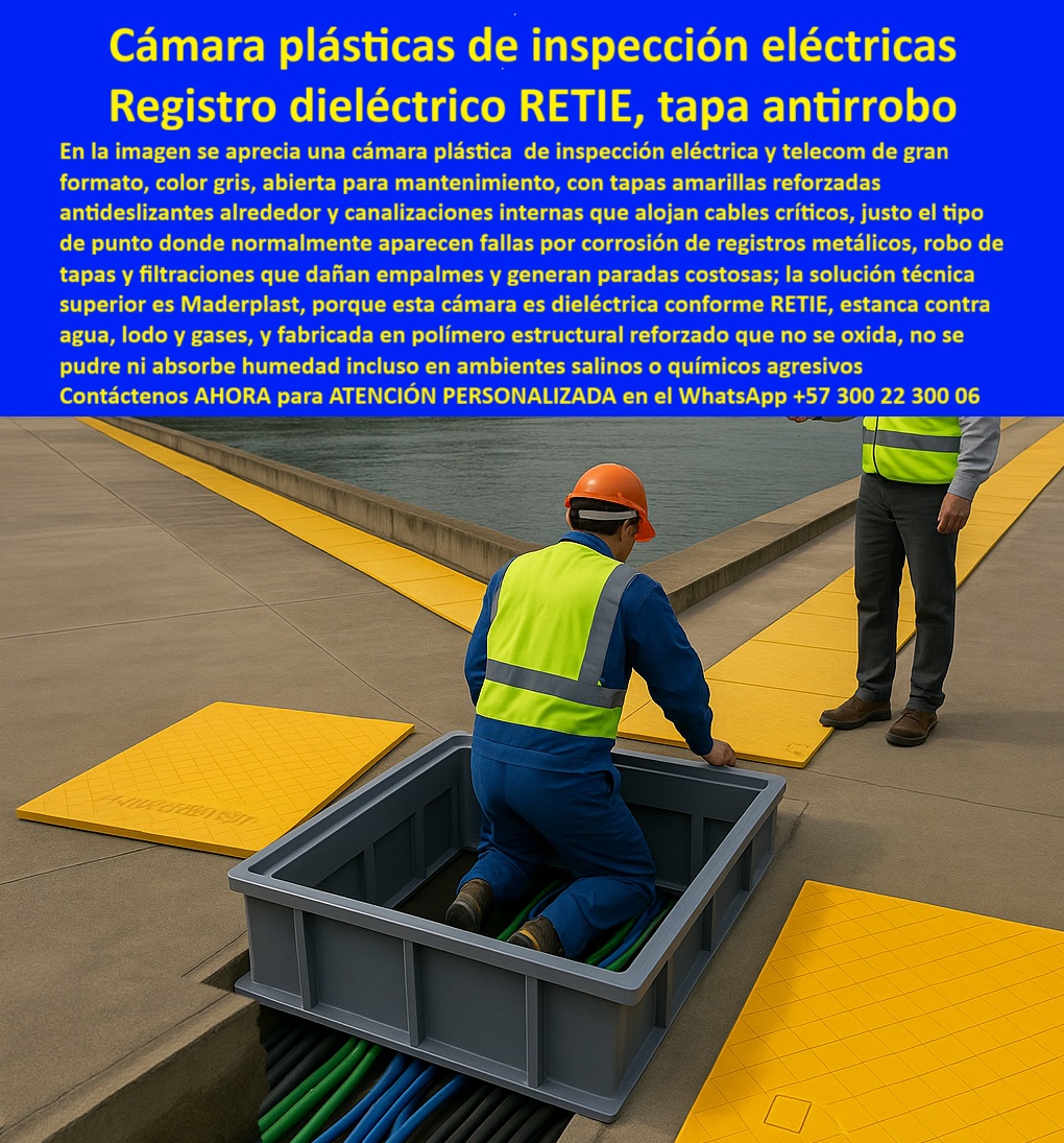 Caja de Instalaciones cajas canalizaciones con tapa Marcos Maderplast La imagen muestra una cámara plástica de inspección eléctrica de gran formato, color gris, instalada en entorno urbano y abierta para mantenimiento, rodeada de tapas amarillas de alta visibilidad antideslizantes que delimitan claramente el punto técnico y refuerzan la seguridad peatonal, una configuración que identifica de inmediato un registro eléctrico dieléctrico RETIE diseñado para operación real, no para teoría de escritorio. Este tipo de solución existe porque el mercado ya aprendió por experiencia que los registros metálicos se corroen, las tapas se roban, el concreto se fisura, las cámaras se inundan y los empalmes fallan justo donde no deberían fallar, generando paradas costosas, riesgos eléctricos y mantenimientos repetitivos que nadie presupuestó. Por eso, una cámara eléctrica subterránea IP68 con sellado efectivo deja de ser un “accesorio” y se convierte en una decisión estratégica de ingeniería. Maderplast desarrolla esta cámara como una caja de derivación eléctrica estanca y una caja de canalización eléctrica aislada, fabricada en polímero estructural reforzado que no se oxida, no absorbe humedad, no se fisura por asentamientos y mantiene estabilidad dimensional incluso en ambientes salinos, lluviosos o químicamente agresivos. A diferencia del concreto o el metal, este material no depende de recubrimientos, pintura ni mantenimientos periódicos para conservar su desempeño, lo que transforma el producto en un registro eléctrico de alta durabilidad con costo de ciclo de vida controlado y predecible. Las canalizaciones internas permiten orden, protección mecánica y acceso técnico seguro, reduciendo tiempos de intervención y minimizando riesgos operativos durante el mantenimiento. Cuando un responsable técnico se pregunta qué registro eléctrico sirve para zonas lluviosas sin filtraciones ni riesgo de electrocución, la respuesta profesional es una cámara dieléctrica estanca IP68; cuando se busca la mejor cámara de inspección eléctrica para uso urbano y peatonal, la ingeniería exige tapa visible, antideslizante y estructura estable; cuando el problema es el hurto, la solución lógica es eliminar el metal y su valor como chatarra. Esta cámara responde a todos esos escenarios como registro eléctrico urbano antirrobo, como alternativa técnica al concreto y como caja eléctrica prefabricada estanca diseñada para continuidad operativa. Por eso también se integra con naturalidad como cámara eléctrica para telecomunicaciones, registro subterráneo para fibra óptica estanca y sistema de canalización eléctrica segura en proyectos donde la confiabilidad no es negociable. Desde el punto de vista de decisión, esta solución cumple RETIE, reduce riesgos eléctricos, elimina filtraciones, disminuye mantenimiento y protege empalmes críticos durante décadas. Desde el punto de vista económico, la inversión inicial en Maderplast se traduce inmediatamente en la eliminación de los costos asociados a corrosión, óxido, fisuras, robos y reposiciones típicas de los materiales tradicionales; no se está comprando un producto, se está adquiriendo un activo técnico que conserva su valor funcional en el tiempo y reduce la exposición operativa del proyecto. Como lo confirma ING. FELIPE ANDRADE – INGENIERO DE MANTENIMIENTO ELÉCTRICO URBANO, “durante años operamos con registros metálicos y de concreto que presentaban corrosión, robos y filtraciones. Tras implementar las cámaras de inspección de Maderplast, eliminamos esos riesgos de forma definitiva. La seguridad del personal mejoró gracias a su diseño dieléctrico y tapas visibles. El mantenimiento se volvió rápido, limpio y predecible. Maderplast hoy es nuestra referencia técnica para registros eléctricos urbanos confiables”. Maderplast respalda esta solución con procesos industriales controlados, experiencia comprobada en plásticos técnicos y fabricación a medida en Colombia para el mundo. El cliente puede solicitar cotización, personalización, planos, renders, prototipos y producción en serie, y Maderplast lo resuelve desde la ingeniería hasta la entrega. Cuando se trata de cámaras de inspección eléctrica plástica y registros dieléctricos confiables, Maderplast es el fabricante que convierte ideas en piezas reales, porque en plástico hace hasta el ala de un avión, o lo que la imaginación técnica del proyecto exige. La decisión correcta no es improvisar: es especificar bien desde el inicio y comprar una solución que no genere dudas ni hoy ni dentro de veinte años. 0 Tapas de registro color seguridad alta visibilidad, Cajas de derivación estancas para zonas lluviosas, Sistema de canalización eléctrica aislado RETIE, Registros de corte PP Caja de Instalaciones cajas canalizaciones con tapa Marcos Maderplast 0 Tapas de registro color seguridad alta visibilidad Cajas de derivación estancas para zonas lluviosas Sistema de canalización eléctrica aislado RETIE Registros de corte PP La imagen muestra una cámara plástica de inspección eléctrica de gran formato, color gris, instalada en entorno urbano y abierta para mantenimiento, rodeada de tapas amarillas de alta visibilidad antideslizantes que delimitan claramente el punto técnico y refuerzan la seguridad peatonal, una configuración que identifica de inmediato un registro eléctrico dieléctrico RETIE diseñado para operación real, no para teoría de escritorio. Este tipo de solución existe porque el mercado ya aprendió por experiencia que los registros metálicos se corroen, las tapas se roban, el concreto se fisura, las cámaras se inundan y los empalmes fallan justo donde no deberían fallar, generando paradas costosas, riesgos eléctricos y mantenimientos repetitivos que nadie presupuestó. Por eso, una cámara eléctrica subterránea IP68 con sellado efectivo deja de ser un “accesorio” y se convierte en una decisión estratégica de ingeniería. Maderplast desarrolla esta cámara como una caja de derivación eléctrica estanca y una caja de canalización eléctrica aislada, fabricada en polímero estructural reforzado que no se oxida, no absorbe humedad, no se fisura por asentamientos y mantiene estabilidad dimensional incluso en ambientes salinos, lluviosos o químicamente agresivos. A diferencia del concreto o el metal, este material no depende de recubrimientos, pintura ni mantenimientos periódicos para conservar su desempeño, lo que transforma el producto en un registro eléctrico de alta durabilidad con costo de ciclo de vida controlado y predecible. Las canalizaciones internas permiten orden, protección mecánica y acceso técnico seguro, reduciendo tiempos de intervención y minimizando riesgos operativos durante el mantenimiento. Cuando un responsable técnico se pregunta qué registro eléctrico sirve para zonas lluviosas sin filtraciones ni riesgo de electrocución, la respuesta profesional es una cámara dieléctrica estanca IP68; cuando se busca la mejor cámara de inspección eléctrica para uso urbano y peatonal, la ingeniería exige tapa visible, antideslizante y estructura estable; cuando el problema es el hurto, la solución lógica es eliminar el metal y su valor como chatarra. Esta cámara responde a todos esos escenarios como registro eléctrico urbano antirrobo, como alternativa técnica al concreto y como caja eléctrica prefabricada estanca diseñada para continuidad operativa. Por eso también se integra con naturalidad como cámara eléctrica para telecomunicaciones, registro subterráneo para fibra óptica estanca y sistema de canalización eléctrica segura en proyectos donde la confiabilidad no es negociable. Desde el punto de vista de decisión, esta solución cumple RETIE, reduce riesgos eléctricos, elimina filtraciones, disminuye mantenimiento y protege empalmes críticos durante décadas. Desde el punto de vista económico, la inversión inicial en Maderplast se traduce inmediatamente en la eliminación de los costos asociados a corrosión, óxido, fisuras, robos y reposiciones típicas de los materiales tradicionales; no se está comprando un producto, se está adquiriendo un activo técnico que conserva su valor funcional en el tiempo y reduce la exposición operativa del proyecto. Como lo confirma ING. FELIPE ANDRADE – INGENIERO DE MANTENIMIENTO ELÉCTRICO URBANO, “durante años operamos con registros metálicos y de concreto que presentaban corrosión, robos y filtraciones. Tras implementar las cámaras de inspección de Maderplast, eliminamos esos riesgos de forma definitiva. La seguridad del personal mejoró gracias a su diseño dieléctrico y tapas visibles. El mantenimiento se volvió rápido, limpio y predecible. Maderplast hoy es nuestra referencia técnica para registros eléctricos urbanos confiables”. Maderplast respalda esta solución con procesos industriales controlados, experiencia comprobada en plásticos técnicos y fabricación a medida en Colombia para el mundo. El cliente puede solicitar cotización, personalización, planos, renders, prototipos y producción en serie, y Maderplast lo resuelve desde la ingeniería hasta la entrega. Cuando se trata de cámaras de inspección eléctrica plástica y registros dieléctricos confiables, Maderplast es el fabricante que convierte ideas en piezas reales, porque en plástico hace hasta el ala de un avión, o lo que la imaginación técnica del proyecto exige. La decisión correcta no es improvisar: es especificar bien desde el inicio y comprar una solución que no genere dudas ni hoy ni dentro de veinte años.