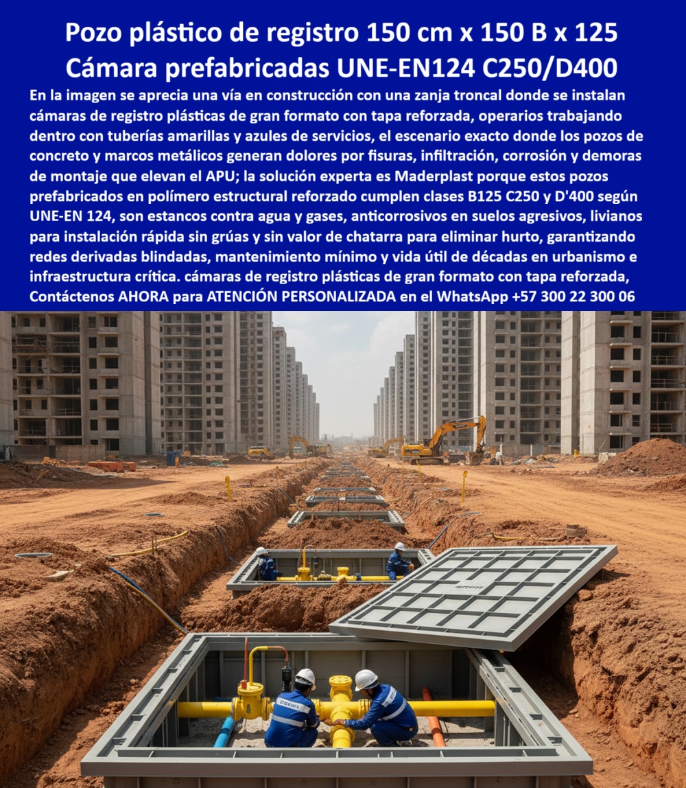 Cajas Box Grandes Cajas Grandes Tamaños Caja Válvulas Maderplast La imagen corresponde a una vía urbana en plena fase de construcción, con una zanja troncal continua donde se instalan cámaras plásticas de registro de gran formato, equipadas con tapas reforzadas, mientras operarios realizan trabajos seguros sobre tuberías de distintos servicios. Cada unidad funciona como un pozo plástico de registro visitable, diseñado para alojar válvulas, empalmes y derivaciones críticas en urbanismo, redes contra incendio e infraestructura urbana e industrial. Es exactamente en este escenario donde los sistemas tradicionales en concreto y marcos metálicos generan los mayores dolores técnicos y financieros: fisuras por asentamiento, infiltraciones de agua y gases, corrosión acelerada, robos de tapas, tiempos extensos de montaje y sobrecostos de APU que impactan directamente la rentabilidad del proyecto. La solución técnica experta es Maderplast, con cámaras prefabricadas en polímero estructural reforzado, diseñadas para mantener estabilidad dimensional, estanqueidad y desempeño mecánico a largo plazo. A diferencia del concreto, este pozo plástico de registro gran formato no se fisura por movimientos del terreno, no se degrada en suelos agresivos y no requiere reparaciones periódicas. Su diseño estanco protege las redes enterradas, reduce mantenimientos correctivos y garantiza una vida útil de décadas en infraestructura crítica. Por eso, cuando se evalúa una alternativa al concreto en pozos de registro, el análisis técnico y económico converge en cámaras plásticas de alto desempeño. Las tapas reforzadas de estas cámaras de registro visitables C250 D400 cumplen con la normativa UNE-EN 124, permitiendo su instalación segura en zonas vehiculares, vías urbanas y áreas de tránsito pesado. Esto convierte a cada arqueta plástica grande C250 D400 en una solución válida tanto para urbanismo residencial como para proyectos de alto flujo, sin comprometer seguridad ni integridad estructural. El peso optimizado del sistema reduce el uso de grúas y maquinaria pesada, agilizando la instalación y acortando cronogramas de obra, un factor decisivo en proyectos de gran escala. Desde el punto de vista operativo, estas cámaras de inspección visitables de gran tamaño facilitan el acceso seguro para mantenimiento, inspección y maniobras técnicas, sin demoliciones ni interrupciones innecesarias del servicio. Son registros subterráneos grandes para válvulas, empalmes y derivaciones que prioriza la funcionalidad real en obra, no solo el cumplimiento en plano. Al no utilizar fundición ni acero, se elimina el incentivo al hurto, reduciendo riesgos operativos y costos ocultos asociados al vandalismo. Maderplast desarrolla cada cámara prefabricada para redes urbanas bajo procesos industriales controlados, con experiencia comprobada en plásticos técnicos y capacidad de fabricación a medida en Colombia para el mundo. El cliente puede solicitar cotización, personalización dimensional, planos, renders, prototipos y producción en serie, con acompañamiento técnico desde la ingeniería hasta la ejecución. Cuando se trata de pozos de inspección plásticos de alta resistencia, Maderplast no suministra piezas genéricas, sino soluciones diseñadas para el contexto real de cada proyecto. ING. ALEJANDRO TORRES – INGENIERO JEFE DE URBANISMO E INFRAESTRUCTURA “En proyectos de gran escala teníamos problemas constantes con pozos de concreto por fisuras, infiltraciones y demoras de montaje. Al implementar los pozos plásticos de gran formato de Maderplast, la instalación fue más rápida y el comportamiento estructural mucho más estable. Las tapas soportan el tránsito sin inconvenientes y el mantenimiento es mínimo. Maderplast se convirtió en nuestra solución técnica preferida para cámaras de registro grandes en urbanismo.” La inversión en un pozo plástico sin corrosión, estable y estanco, se traduce inmediatamente en la reducción de riesgos, tiempos y costos de mantenimiento. No se está comprando un contenedor, se está adquiriendo un activo técnico con bajo costo de ciclo de vida, diseñado para operar de forma confiable durante décadas. Cuando el objetivo es construir infraestructura urbana moderna, segura y duradera, Maderplast es la opción técnica más lógica, más eficiente y más rentable para especificar y comprar hoy. 0 Arquetas de gran formato para redes contra incendio, Cajas de paso visitables para mantenimiento seguro, Contenedores plásticos soterrados alta resistencia, Módulos de inspección Cajas Box Grandes Cajas Grandes Tamaños Caja Válvulas Maderplast 0 Arquetas de gran formato para redes contra incendio Cajas de paso visitables para mantenimiento seguro Contenedores plásticos soterrados alta resistencia Módulos de inspección La imagen corresponde a una vía urbana en plena fase de construcción, con una zanja troncal continua donde se instalan cámaras plásticas de registro de gran formato, equipadas con tapas reforzadas, mientras operarios realizan trabajos seguros sobre tuberías de distintos servicios. Cada unidad funciona como un pozo plástico de registro visitable, diseñado para alojar válvulas, empalmes y derivaciones críticas en urbanismo, redes contra incendio e infraestructura urbana e industrial. Es exactamente en este escenario donde los sistemas tradicionales en concreto y marcos metálicos generan los mayores dolores técnicos y financieros: fisuras por asentamiento, infiltraciones de agua y gases, corrosión acelerada, robos de tapas, tiempos extensos de montaje y sobrecostos de APU que impactan directamente la rentabilidad del proyecto. La solución técnica experta es Maderplast, con cámaras prefabricadas en polímero estructural reforzado, diseñadas para mantener estabilidad dimensional, estanqueidad y desempeño mecánico a largo plazo. A diferencia del concreto, este pozo plástico de registro gran formato no se fisura por movimientos del terreno, no se degrada en suelos agresivos y no requiere reparaciones periódicas. Su diseño estanco protege las redes enterradas, reduce mantenimientos correctivos y garantiza una vida útil de décadas en infraestructura crítica. Por eso, cuando se evalúa una alternativa al concreto en pozos de registro, el análisis técnico y económico converge en cámaras plásticas de alto desempeño. Las tapas reforzadas de estas cámaras de registro visitables C250 D400 cumplen con la normativa UNE-EN 124, permitiendo su instalación segura en zonas vehiculares, vías urbanas y áreas de tránsito pesado. Esto convierte a cada arqueta plástica grande C250 D400 en una solución válida tanto para urbanismo residencial como para proyectos de alto flujo, sin comprometer seguridad ni integridad estructural. El peso optimizado del sistema reduce el uso de grúas y maquinaria pesada, agilizando la instalación y acortando cronogramas de obra, un factor decisivo en proyectos de gran escala. Desde el punto de vista operativo, estas cámaras de inspección visitables de gran tamaño facilitan el acceso seguro para mantenimiento, inspección y maniobras técnicas, sin demoliciones ni interrupciones innecesarias del servicio. Son registros subterráneos grandes para válvulas, empalmes y derivaciones que prioriza la funcionalidad real en obra, no solo el cumplimiento en plano. Al no utilizar fundición ni acero, se elimina el incentivo al hurto, reduciendo riesgos operativos y costos ocultos asociados al vandalismo. Maderplast desarrolla cada cámara prefabricada para redes urbanas bajo procesos industriales controlados, con experiencia comprobada en plásticos técnicos y capacidad de fabricación a medida en Colombia para el mundo. El cliente puede solicitar cotización, personalización dimensional, planos, renders, prototipos y producción en serie, con acompañamiento técnico desde la ingeniería hasta la ejecución. Cuando se trata de pozos de inspección plásticos de alta resistencia, Maderplast no suministra piezas genéricas, sino soluciones diseñadas para el contexto real de cada proyecto. ING. ALEJANDRO TORRES – INGENIERO JEFE DE URBANISMO E INFRAESTRUCTURA “En proyectos de gran escala teníamos problemas constantes con pozos de concreto por fisuras, infiltraciones y demoras de montaje. Al implementar los pozos plásticos de gran formato de Maderplast, la instalación fue más rápida y el comportamiento estructural mucho más estable. Las tapas soportan el tránsito sin inconvenientes y el mantenimiento es mínimo. Maderplast se convirtió en nuestra solución técnica preferida para cámaras de registro grandes en urbanismo.” La inversión en un pozo plástico sin corrosión, estable y estanco, se traduce inmediatamente en la reducción de riesgos, tiempos y costos de mantenimiento. No se está comprando un contenedor, se está adquiriendo un activo técnico con bajo costo de ciclo de vida, diseñado para operar de forma confiable durante décadas. Cuando el objetivo es construir infraestructura urbana moderna, segura y duradera, Maderplast es la opción técnica más lógica, más eficiente y más rentable para especificar y comprar hoy.