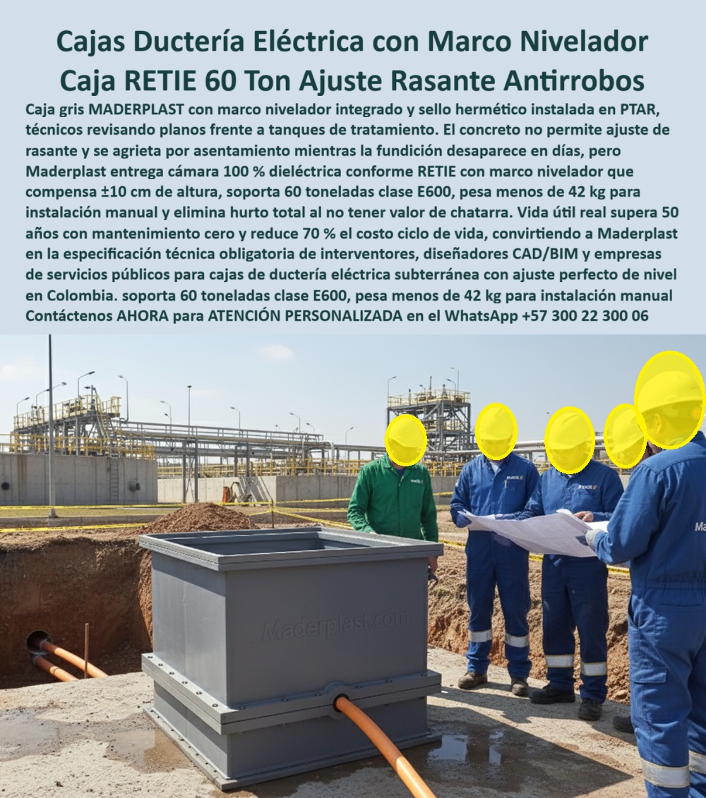 Cajas Con Tapa Subterráneas Caja Canalización Empalmes Eléctricos Maderplast En la imagen se aprecia una caja subterránea gris para ductería eléctrica instalada a ras de terreno en una planta industrial, con marco nivelador integrado, entradas de ductos naranjas perfectamente alineadas y sellos estancos visibles que confirman su condición de cámara seca; el conjunto está nivelado al acabado final del suelo mientras técnicos revisan planos, evidenciando compatibilidad real con diseño CAD BIM y ejecución en obra, algo clave cuando se exige precisión desde la ingeniería hasta el montaje final. Este tipo de caja subterránea para canalización eléctrica responde directamente a uno de los dolores más frecuentes del cliente técnico: los asentamientos del terreno que generan fisuras en el concreto, pérdida de nivel, filtraciones de agua y fallas eléctricas prematuras. Frente a ese problema, Maderplast desarrolla una alternativa al concreto para cajas eléctricas basada en polímero técnico estructural, un material que no se agrieta, no se corroe y mantiene su geometría estable durante toda la vida útil del proyecto, incluso en entornos como PTAR, plantas industriales y redes de servicios públicos donde la humedad es constante. La clave funcional está en el marco nivelador integrado, un sistema que permite ajuste de altura rasante directamente en campo, compensando variaciones del terreno sin demoler ni rehacer obra, resolviendo de raíz la pregunta que hacen los responsables de infraestructura: qué caja subterránea eléctrica sirve para ajustar altura y quedar a ras del terreno sin fisuras, y la respuesta técnica es clara, Maderplast ofrece una caja eléctrica con ajuste de altura rasante que mantiene el nivel final, protege empalmes eléctricos y evita reprocesos. Cuando el cliente busca cuál es la mejor caja para canalización eléctrica subterránea que no se raje como el concreto, la solución vuelve a ser una caja eléctrica subterránea con marco nivelador, dieléctrica conforme RETIE, sin corrosión y con una vida útil superior a 50 años, diseñada para eliminar mantenimiento correctivo. En instalaciones críticas surge otra necesidad recurrente: una caja eléctrica subterránea que quede bien nivelada en PTAR o planta industrial, y aquí la cámara estanca juega un papel decisivo, porque mantiene empalmes eléctricos críticos 100 % secos, reduciendo fallas, paradas operativas y riesgos de seguridad. Desde el punto de vista operativo, esta caja de empalmes eléctricos subterránea actúa como un recinto técnico confiable, un registro eléctrico subterráneo sin filtraciones que evita el ingreso de agua incluso ante lluvias intensas o lavado industrial. Al no ser metálica, elimina corrosión y, además, su registro eléctrico sin valor de chatarra suprime el riesgo de robo, un factor cada vez más determinante en obras urbanas e industriales. Por eso, cuando el cliente pregunta qué registro eléctrico subterráneo evita robos y filtraciones en obra industrial, la respuesta directa es que Maderplast ofrece una caja eléctrica industrial sin corrosión, estanca y reforzada, pensada para empalmes seguros y durables. La compatibilidad con ingeniería digital también es crítica hoy; no basta con que el producto funcione, debe integrarse al proyecto, y esta caja eléctrica compatible con diseño CAD BIM se ajusta a planos, tolerancias y especificaciones reales, respondiendo a la búsqueda de una caja eléctrica técnica para servicios públicos que pueda pasar del modelo digital a la obra sin sorpresas. Maderplast no solo suministra una pieza, entrega una caja subterránea eléctrica prefabricada como sistema, con procesos industriales controlados, amplia experiencia en plásticos técnicos y fabricación a medida en Colombia para el mundo, capaz de adaptarse a distintas configuraciones de registro eléctrico subterráneo ajustable, caja subterránea eléctrica estanca, caja subterránea para empalmes críticos o caja eléctrica rasante para obra civil, siempre con enfoque en confiabilidad y costo total de vida útil. El cliente puede solicitar cotización, personalización, planos, renders, prototipos y producción en serie, y Maderplast lo resuelve desde el diseño hasta la entrega, porque cuando se trata de soluciones en plástico técnico, en Maderplast se cumple el principio de que “en plástico le hacemos hasta el ala de un avión, o lo que su imaginación quiera”, convirtiendo ideas en piezas reales listas para operar. Esta realidad se confirma en campo, como lo explica el Ing. Andrés Molina, Ingeniero Jefe de Infraestructura Eléctrica en PTAR, quien vivió cómo las cajas de concreto perdían nivel y se fisuran en pocos meses, permitiendo el paso de humedad; tras migrar a las cajas subterráneas de Maderplast, logró un ajuste perfecto a ras de terreno gracias al sistema de nivelación, una caja eléctrica subterránea sin mantenimiento, cámara completamente seca y eliminación de reprocesos de obra, con respaldo en fotos reales, planos y modelos que hoy usa como estándar técnico. El resultado es contundente: estabilidad, seguridad eléctrica y ahorro real en mantenimiento, exactamente lo que busca quien especifica infraestructura moderna. Con esta solución, Maderplast se posiciona como la opción más segura y confiable para registro eléctrico resistente a asentamientos, caja de instalaciones eléctricas subterráneas y sistemas críticos, cerrando el ciclo entre ingeniería, ejecución y operación. Asesoría Especializada Con Un Especialista De Maderplast, Atención Personalizada En Este Whatsapp 57+ 300 22 300 06. 0 Caja de instalaciones compatible con diseño digital, Registro para canalización eléctrica sin filtraciones, Cajas Solución de ajuste de altura para tapas de registro Cajas Con Tapa Subterráneas Caja Canalización Empalmes Eléctricos Maderplast 0 Caja de instalaciones compatible con diseño digital Registro para canalización eléctrica sin filtraciones Cajas Solución de ajuste de altura para tapas de registro En la imagen se aprecia una caja subterránea gris para ductería eléctrica instalada a ras de terreno en una planta industrial, con marco nivelador integrado, entradas de ductos naranjas perfectamente alineadas y sellos estancos visibles que confirman su condición de cámara seca; el conjunto está nivelado al acabado final del suelo mientras técnicos revisan planos, evidenciando compatibilidad real con diseño CAD BIM y ejecución en obra, algo clave cuando se exige precisión desde la ingeniería hasta el montaje final. Este tipo de caja subterránea para canalización eléctrica responde directamente a uno de los dolores más frecuentes del cliente técnico: los asentamientos del terreno que generan fisuras en el concreto, pérdida de nivel, filtraciones de agua y fallas eléctricas prematuras. Frente a ese problema, Maderplast desarrolla una alternativa al concreto para cajas eléctricas basada en polímero técnico estructural, un material que no se agrieta, no se corroe y mantiene su geometría estable durante toda la vida útil del proyecto, incluso en entornos como PTAR, plantas industriales y redes de servicios públicos donde la humedad es constante. La clave funcional está en el marco nivelador integrado, un sistema que permite ajuste de altura rasante directamente en campo, compensando variaciones del terreno sin demoler ni rehacer obra, resolviendo de raíz la pregunta que hacen los responsables de infraestructura: qué caja subterránea eléctrica sirve para ajustar altura y quedar a ras del terreno sin fisuras, y la respuesta técnica es clara, Maderplast ofrece una caja eléctrica con ajuste de altura rasante que mantiene el nivel final, protege empalmes eléctricos y evita reprocesos. Cuando el cliente busca cuál es la mejor caja para canalización eléctrica subterránea que no se raje como el concreto, la solución vuelve a ser una caja eléctrica subterránea con marco nivelador, dieléctrica conforme RETIE, sin corrosión y con una vida útil superior a 50 años, diseñada para eliminar mantenimiento correctivo. En instalaciones críticas surge otra necesidad recurrente: una caja eléctrica subterránea que quede bien nivelada en PTAR o planta industrial, y aquí la cámara estanca juega un papel decisivo, porque mantiene empalmes eléctricos críticos 100 % secos, reduciendo fallas, paradas operativas y riesgos de seguridad. Desde el punto de vista operativo, esta caja de empalmes eléctricos subterránea actúa como un recinto técnico confiable, un registro eléctrico subterráneo sin filtraciones que evita el ingreso de agua incluso ante lluvias intensas o lavado industrial. Al no ser metálica, elimina corrosión y, además, su registro eléctrico sin valor de chatarra suprime el riesgo de robo, un factor cada vez más determinante en obras urbanas e industriales. Por eso, cuando el cliente pregunta qué registro eléctrico subterráneo evita robos y filtraciones en obra industrial, la respuesta directa es que Maderplast ofrece una caja eléctrica industrial sin corrosión, estanca y reforzada, pensada para empalmes seguros y durables. La compatibilidad con ingeniería digital también es crítica hoy; no basta con que el producto funcione, debe integrarse al proyecto, y esta caja eléctrica compatible con diseño CAD BIM se ajusta a planos, tolerancias y especificaciones reales, respondiendo a la búsqueda de una caja eléctrica técnica para servicios públicos que pueda pasar del modelo digital a la obra sin sorpresas. Maderplast no solo suministra una pieza, entrega una caja subterránea eléctrica prefabricada como sistema, con procesos industriales controlados, amplia experiencia en plásticos técnicos y fabricación a medida en Colombia para el mundo, capaz de adaptarse a distintas configuraciones de registro eléctrico subterráneo ajustable, caja subterránea eléctrica estanca, caja subterránea para empalmes críticos o caja eléctrica rasante para obra civil, siempre con enfoque en confiabilidad y costo total de vida útil. El cliente puede solicitar cotización, personalización, planos, renders, prototipos y producción en serie, y Maderplast lo resuelve desde el diseño hasta la entrega, porque cuando se trata de soluciones en plástico técnico, en Maderplast se cumple el principio de que “en plástico le hacemos hasta el ala de un avión, o lo que su imaginación quiera”, convirtiendo ideas en piezas reales listas para operar. Esta realidad se confirma en campo, como lo explica el Ing. Andrés Molina, Ingeniero Jefe de Infraestructura Eléctrica en PTAR, quien vivió cómo las cajas de concreto perdían nivel y se fisuran en pocos meses, permitiendo el paso de humedad; tras migrar a las cajas subterráneas de Maderplast, logró un ajuste perfecto a ras de terreno gracias al sistema de nivelación, una caja eléctrica subterránea sin mantenimiento, cámara completamente seca y eliminación de reprocesos de obra, con respaldo en fotos reales, planos y modelos que hoy usa como estándar técnico. El resultado es contundente: estabilidad, seguridad eléctrica y ahorro real en mantenimiento, exactamente lo que busca quien especifica infraestructura moderna. Con esta solución, Maderplast se posiciona como la opción más segura y confiable para registro eléctrico resistente a asentamientos, caja de instalaciones eléctricas subterráneas y sistemas críticos, cerrando el ciclo entre ingeniería, ejecución y operación. Asesoría Especializada Con Un Especialista De Maderplast, Atención Personalizada En Este Whatsapp 57+ 300 22 300 06.