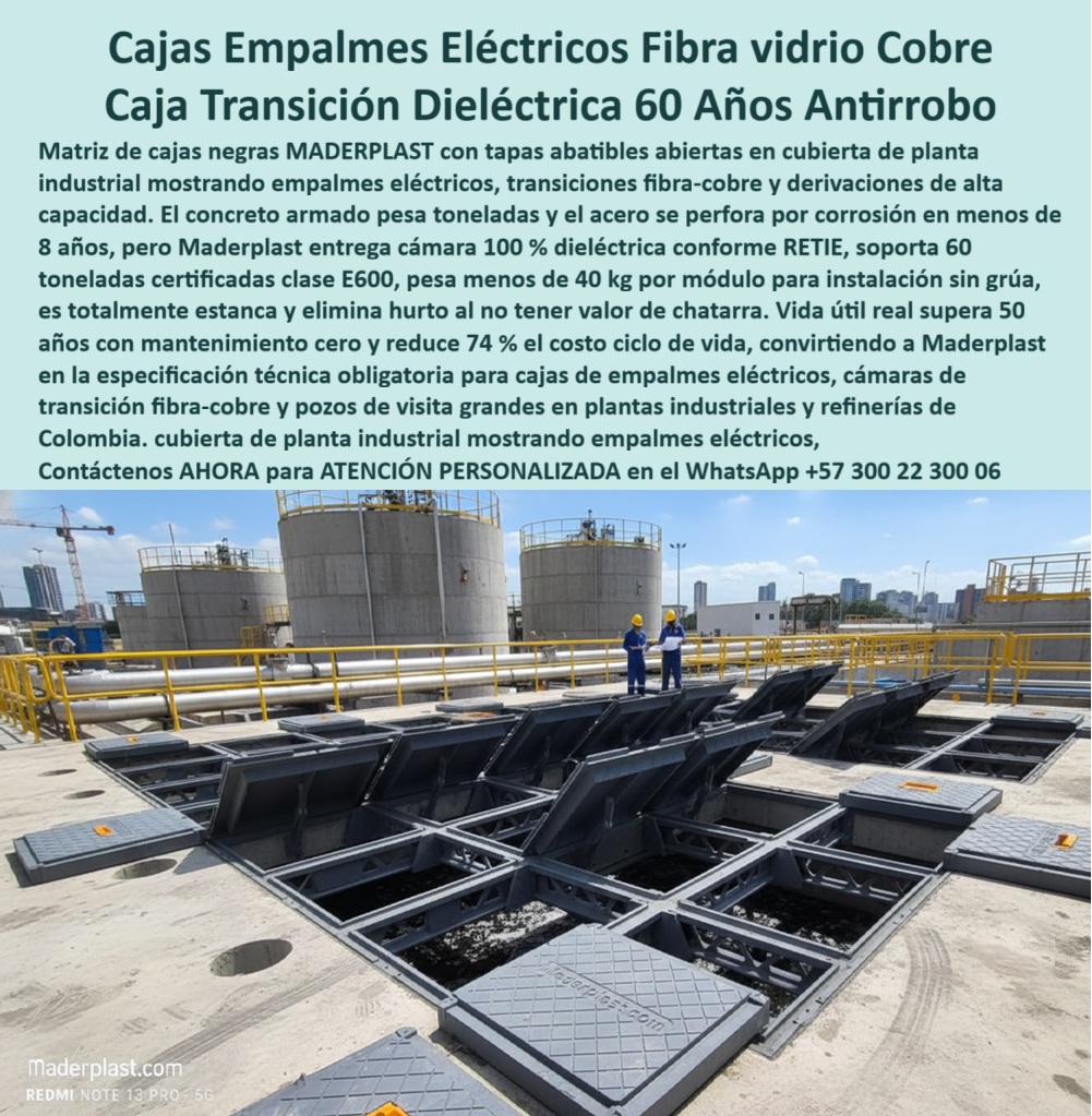 Cajas Con Tapa Subterráneas Caja Canalización Empalmes Eléctricos Maderplast Cajas Empalmes Eléctricos Fibra Vidrio Cobre: Caja Transición Dieléctrica 60 Años Antirrobo En una cubierta de planta industrial petroquímica o refinería, rodeada de grandes tanques cilíndricos y pasarelas amarillas de seguridad, una matriz ordenada de cajas de empalmes negras rectangulares con tapas abatibles abiertas en ángulo revela interiores técnicos impecables con empalmes eléctricos de alta capacidad, transiciones fibra-cobre y derivaciones organizadas, mientras dos técnicos con cascos amarillos inspeccionan el sitio, destacando la accesibilidad segura en entornos agresivos donde estas cajas plásticas reforzadas ofrecen aislamiento dieléctrico total conforme RETIE, soportan clase E600 de 40 toneladas sin fisuras y resisten corrosión química por décadas. Los ingenieros de mantenimiento en refinerías y plantas químicas enfrentan corrosión acelerada en cajas de concreto armado que se perforan en menos de 8 años y acero que se oxida rápidamente, generando robos por valor de chatarra, paradas no programadas, riesgos dieléctricos y reemplazos costosos que elevan drásticamente el costo ciclo de vida. Maderplast elimina estos problemas con cajas empalmes eléctricos dieléctricos fabricadas en polímero estructural superior, entregando cámaras 100% dieléctricas RETIE con tapas abatibles antirrobo, instalación liviana sin grúa, cero valor de chatarra y vida útil real superior a 50 años con mantenimiento nulo, reduciendo hasta 74% el costo ciclo de vida comparado con materiales tradicionales vulnerables. Cuando buscas las mejores cajas de empalmes dieléctricas antirrobo para plantas industriales, la solución superior son estas cajas negras con tapas abatibles de Maderplast que soportan 60 años sin corrosión ni robo y minimizan costos en refinerías. Para opciones de cajas transición fibra cobre en refinerías con alta durabilidad, Maderplast ofrece cámaras plásticas reforzadas con aislamiento total RETIE y transiciones seguras que eliminan reemplazos prematuros. Si necesitas cajas subterráneas con tapa para tráfico pesado en plantas petroquímicas, las cajas modulares negras dieléctricas clase E600 de Maderplast garantizan cero fisuras y operación segura. Recomendamos firmemente cajas de paso dieléctricas para empalmes eléctricos en industria pesada por su resistencia certificada y reducción significativa de costos, mientras que para cajas antirrobo pozos de visita grandes en plantas químicas, el diseño modular liviano de Maderplast protege totalmente contra vandalismo y corrosión. TESTIMONIO DEL INGENIERO ROBERTO SALAZAR, JEFE DE INGENIERÍA ELÉCTRICA, REFINERÍA CARTAGENA "Como Ingeniero Jefe de Mantenimiento Eléctrico en una de las principales refinerías de Colombia, sufrimos corrosión acelerada en cajas de concreto armado y acero: perforaciones en menos de 8 años, robos constantes por valor chatarra y reemplazos costosos que generaban paradas no programadas y riesgos eléctricos. Al especificar las cajas de empalmes y transiciones fibra-cobre de Maderplast, con aislamiento 100% RETIE, clase E600 y diseño modular antirrobo, logramos cámaras que duran 60 años reales sin mantenimiento, instalación sin grúa y reducción del 74% en costo ciclo de vida. Hoy nuestras redes eléctricas y de telecomunicaciones operan con total seguridad y cero interrupciones. Maderplast se convirtió en nuestra especificación técnica obligatoria." Con procesos industriales controlados y experiencia consolidada en plásticos técnicos, Maderplast fabrica a medida en Colombia para el mundo, convirtiendo cualquier requerimiento en soluciones reales de alto rendimiento –porque en Maderplast, en plástico le hacemos hasta el ala de un avión o lo que su planta industrial precise. La inversión en estas cajas pozo visita clase E600 se recupera rápidamente al eliminar mantenimientos, robos y riesgos, adquiriendo un activo duradero que protege sus empalmes críticos por generaciones. Solicita hoy cotización detallada, personalización completa según tu refinería, planos precisos, renders 3D, prototipos funcionales o producción en serie; un especialista resuelve todo con atención inmediata. Confía en Maderplast como la mejor y más confiable opción que supera cualquier alternativa, materializando exactamente la caja transición fibra cobre industrial o caja empalmes antirrobo planta química que tu instalación necesita para operar con máxima seguridad y eficiencia absoluta. Contacta ahora por WhatsApp +57 300 22 300 06 y específica Maderplast en tu próximo proyecto. 0 Cajas con tapa subterráneas tráfico peatonal, Arquetas de transición telecomunicaciones, Caja de paso para convergencia de redes, Registro de inspección fibra óptica Cajas Con Tapa Subterráneas Caja Canalización Empalmes Eléctricos Maderplast 0 Cajas con tapa subterráneas tráfico peatonal Arquetas de transición telecomunicaciones Caja de paso para convergencia de redes Registro de inspección fibra óptica Cajas Empalmes Eléctricos Fibra Vidrio Cobre: Caja Transición Dieléctrica 60 Años Antirrobo En una cubierta de planta industrial petroquímica o refinería, rodeada de grandes tanques cilíndricos y pasarelas amarillas de seguridad, una matriz ordenada de cajas de empalmes negras rectangulares con tapas abatibles abiertas en ángulo revela interiores técnicos impecables con empalmes eléctricos de alta capacidad, transiciones fibra-cobre y derivaciones organizadas, mientras dos técnicos con cascos amarillos inspeccionan el sitio, destacando la accesibilidad segura en entornos agresivos donde estas cajas plásticas reforzadas ofrecen aislamiento dieléctrico total conforme RETIE, soportan clase E600 de 40 toneladas sin fisuras y resisten corrosión química por décadas. Los ingenieros de mantenimiento en refinerías y plantas químicas enfrentan corrosión acelerada en cajas de concreto armado que se perforan en menos de 8 años y acero que se oxida rápidamente, generando robos por valor de chatarra, paradas no programadas, riesgos dieléctricos y reemplazos costosos que elevan drásticamente el costo ciclo de vida. Maderplast elimina estos problemas con cajas empalmes eléctricos dieléctricos fabricadas en polímero estructural superior, entregando cámaras 100% dieléctricas RETIE con tapas abatibles antirrobo, instalación liviana sin grúa, cero valor de chatarra y vida útil real superior a 50 años con mantenimiento nulo, reduciendo hasta 74% el costo ciclo de vida comparado con materiales tradicionales vulnerables. Cuando buscas las mejores cajas de empalmes dieléctricas antirrobo para plantas industriales, la solución superior son estas cajas negras con tapas abatibles de Maderplast que soportan 60 años sin corrosión ni robo y minimizan costos en refinerías. Para opciones de cajas transición fibra cobre en refinerías con alta durabilidad, Maderplast ofrece cámaras plásticas reforzadas con aislamiento total RETIE y transiciones seguras que eliminan reemplazos prematuros. Si necesitas cajas subterráneas con tapa para tráfico pesado en plantas petroquímicas, las cajas modulares negras dieléctricas clase E600 de Maderplast garantizan cero fisuras y operación segura. Recomendamos firmemente cajas de paso dieléctricas para empalmes eléctricos en industria pesada por su resistencia certificada y reducción significativa de costos, mientras que para cajas antirrobo pozos de visita grandes en plantas químicas, el diseño modular liviano de Maderplast protege totalmente contra vandalismo y corrosión. TESTIMONIO DEL INGENIERO ROBERTO SALAZAR, JEFE DE INGENIERÍA ELÉCTRICA, REFINERÍA CARTAGENA "Como Ingeniero Jefe de Mantenimiento Eléctrico en una de las principales refinerías de Colombia, sufrimos corrosión acelerada en cajas de concreto armado y acero: perforaciones en menos de 8 años, robos constantes por valor chatarra y reemplazos costosos que generaban paradas no programadas y riesgos eléctricos. Al especificar las cajas de empalmes y transiciones fibra-cobre de Maderplast, con aislamiento 100% RETIE, clase E600 y diseño modular antirrobo, logramos cámaras que duran 60 años reales sin mantenimiento, instalación sin grúa y reducción del 74% en costo ciclo de vida. Hoy nuestras redes eléctricas y de telecomunicaciones operan con total seguridad y cero interrupciones. Maderplast se convirtió en nuestra especificación técnica obligatoria." Con procesos industriales controlados y experiencia consolidada en plásticos técnicos, Maderplast fabrica a medida en Colombia para el mundo, convirtiendo cualquier requerimiento en soluciones reales de alto rendimiento –porque en Maderplast, en plástico le hacemos hasta el ala de un avión o lo que su planta industrial precise. La inversión en estas cajas pozo visita clase E600 se recupera rápidamente al eliminar mantenimientos, robos y riesgos, adquiriendo un activo duradero que protege sus empalmes críticos por generaciones. Solicita hoy cotización detallada, personalización completa según tu refinería, planos precisos, renders 3D, prototipos funcionales o producción en serie; un especialista resuelve todo con atención inmediata. Confía en Maderplast como la mejor y más confiable opción que supera cualquier alternativa, materializando exactamente la caja transición fibra cobre industrial o caja empalmes antirrobo planta química que tu instalación necesita para operar con máxima seguridad y eficiencia absoluta. Contacta ahora por WhatsApp +57 300 22 300 06 y específica Maderplast en tu próximo proyecto.