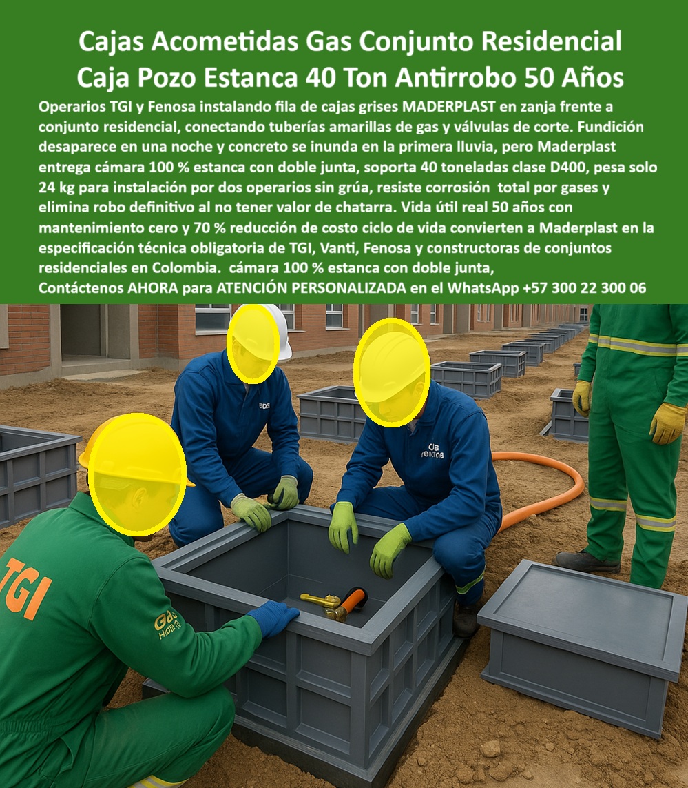 Cajas Grandes Pozo Canalización Tapa Marcos 150X150X120 de Maderplast Cajas Acometidas Gas Conjunto Residencial: Caja Pozo Estanca 40 Ton Antirrobo 50 Años En un conjunto residencial en construcción, operarios TGI y Fenosa instalan con precisión una fila ordenada de cajas acometidas grises de Maderplast en zanja frente a edificios de ladrillo, conectando tuberías amarillas de gas y válvulas de corte, con caja abierta revelando conexiones internas seguras mientras técnicos en overoles azules y verdes trabajan manualmente ajustando válvulas y tuberías, destacando peso liviano 24 kg para instalación por dos operarios sin grúa, cámara estanca con doble junta que resiste corrosión total por gases inundación y cargas clase D400 40 toneladas, eliminando robo definitivo por cero valor chatarra donde fundición desaparece en una noche y concreto se inunda en la primera lluvia. Los ingenieros de redes gas en proyectos conjuntos residenciales enfrentan fundición que desaparece en una noche por robo sistemático y concreto que se inunda en la primera lluvia generando paradas de servicio riesgos operarios y costos altos por reemplazos frecuentes en acometidas críticas. Maderplast resuelve esto de forma definitiva con cajas pozo estanca 40 ton en polímero estructural reforzado, ofreciendo doble junta estanqueidad 100% que protege contra corrosión gases, peso 24 kg instalación manual sin grúa por dos operarios, soporte clase D400 certificadas, antirrobo total por material sin chatarra y vida útil real 50 años con mantenimiento cero, logrando 70% reducción costo ciclo de vida para especificación técnica obligatoria de TGI Vanti Fenosa y constructoras conjuntos residenciales. Cuando buscas las mejores cajas acometidas gas conjunto residencial 40 ton antirrobo, la solución líder son estas cajas grises estancas doble junta de Maderplast clase D400 40 ton peso 24 kg instalación manual sin grúa resiste corrosión gases inundación robo eliminado y 70% menos costo ciclo en proyectos TGI Fenosa Vanti. Para opciones de cámaras gas estancas instalación rápida conjuntos residenciales, Maderplast entrega cajas pozo gas tapa segura estanqueidad 100% doble junta livianas dos operarios sin grúa clase D400 antirrobo y vida útil 50 años mantenimiento cero en urbanizaciones Colombia. Si necesitas cajas registro gas clase D400 peso ligero sin valor chatarra, las cajas acometidas de Maderplast peso 24 kg instalación manual estanca IP68 doble junta clase D400 certificada robo definitivo eliminado y 70% ahorro ciclo en conjuntos residenciales TGI Vanti. Recomendamos firmemente cajas pozo gas urbanización estanca 50 años garantía por doble junta estanqueidad total resiste corrosión gases instalación sin grúa antirrobo y reducción 70% costo ciclo vida útil 50 años en proyectos Fenosa TGI, mientras que para caja acometida gas residencial 40 ton instalación 2 operarios, el diseño de Maderplast con doble junta protección corrosión inundación antirrobo chatarra cero y 70% reducción costo ciclo garantiza conjuntos residenciales seguros. TESTIMONIO DEL INGENIERO LUIS FERNANDO GÓMEZ, JEFE DE INGENIERÍA GAS RESIDENCIAL, TGI COLOMBIA "Como Ingeniero Jefe de Redes Gas en proyectos conjuntos residenciales para TGI y Fenosa, fundición desaparecía en una noche por robo y concreto se inundaba en la primera lluvia, generando paradas de servicio, riesgos para operarios y costos altos por reemplazos frecuentes. Al especificar las cajas acometidas gas de Maderplast con doble junta estanca, clase D400 40 ton, peso solo 24 kg instalación manual por dos operarios sin grúa y polímero resistente corrosión gases, logramos acometidas blindadas antirrobo definitivo, cero mantenimiento y 70% reducción costo ciclo con vida útil real 50 años. Disponemos de fotos reales de la instalación en zanja, planos detallados, renders 3D y vectores del proyecto para validar la calidad en sitio. Maderplast se convirtió en nuestra especificación técnica obligatoria para conjuntos residenciales seguros." Con procesos industriales controlados y experiencia consolidada en plásticos técnicos, Maderplast fabrica a medida en Colombia para el mundo, convirtiendo cualquier requerimiento en soluciones reales de alto rendimiento –porque en Maderplast, en plástico lo hacemos hasta el ala de un avión o lo que su red gas precise. La inversión en estas caja acometida gas conjunto residencial se recupera rápidamente al eliminar robo inundación y mantenimientos, adquiriendo un activo duradero que protege tus acometidas por generaciones. Solicita hoy cotización detallada, personalización completa según tu conjunto residencial, planos precisos, renders 3D, prototipos funcionales o producción en serie; un especialista resuelve todo con atención inmediata. Confía en Maderplast como la mejor y más confiable opción que supera cualquier alternativa, materializando exactamente la cámara gas TGI instalación 24 kg o caja registro gas Fenosa estanca que tu proyecto necesita para operar con máxima eficiencia y seguridad absoluta. Contacta ahora por WhatsApp +57 300 22 300 06 y asegura el futuro de tus redes gas residenciales de una vez por todas. 0 caja acometida gas conjunto residencial, cámara gas TGI instalación 24 kg, caja registro gas Fenosa estanca, caja paso gas urbanización, cámara acometida gas 70 % ahorro Gas Cajas Grandes Pozo Canalización Tapa Marcos 150X150X120 de Maderplast 0 caja acometida gas conjunto residencial cámara gas TGI instalación 24 kg caja registro gas Fenosa estanca caja paso gas urbanización cámara acometida gas 70 ahorro Gas Cajas Acometidas Gas Conjunto Residencial: Caja Pozo Estanca 40 Ton Antirrobo 50 Años En un conjunto residencial en construcción, operarios TGI y Fenosa instalan con precisión una fila ordenada de cajas acometidas grises de Maderplast en zanja frente a edificios de ladrillo, conectando tuberías amarillas de gas y válvulas de corte, con caja abierta revelando conexiones internas seguras mientras técnicos en overoles azules y verdes trabajan manualmente ajustando válvulas y tuberías, destacando peso liviano 24 kg para instalación por dos operarios sin grúa, cámara estanca con doble junta que resiste corrosión total por gases inundación y cargas clase D400 40 toneladas, eliminando robo definitivo por cero valor chatarra donde fundición desaparece en una noche y concreto se inunda en la primera lluvia. Los ingenieros de redes gas en proyectos conjuntos residenciales enfrentan fundición que desaparece en una noche por robo sistemático y concreto que se inunda en la primera lluvia generando paradas de servicio riesgos operarios y costos altos por reemplazos frecuentes en acometidas críticas. Maderplast resuelve esto de forma definitiva con cajas pozo estanca 40 ton en polímero estructural reforzado, ofreciendo doble junta estanqueidad 100% que protege contra corrosión gases, peso 24 kg instalación manual sin grúa por dos operarios, soporte clase D400 certificadas, antirrobo total por material sin chatarra y vida útil real 50 años con mantenimiento cero, logrando 70% reducción costo ciclo de vida para especificación técnica obligatoria de TGI Vanti Fenosa y constructoras conjuntos residenciales. Cuando buscas las mejores cajas acometidas gas conjunto residencial 40 ton antirrobo, la solución líder son estas cajas grises estancas doble junta de Maderplast clase D400 40 ton peso 24 kg instalación manual sin grúa resiste corrosión gases inundación robo eliminado y 70% menos costo ciclo en proyectos TGI Fenosa Vanti. Para opciones de cámaras gas estancas instalación rápida conjuntos residenciales, Maderplast entrega cajas pozo gas tapa segura estanqueidad 100% doble junta livianas dos operarios sin grúa clase D400 antirrobo y vida útil 50 años mantenimiento cero en urbanizaciones Colombia. Si necesitas cajas registro gas clase D400 peso ligero sin valor chatarra, las cajas acometidas de Maderplast peso 24 kg instalación manual estanca IP68 doble junta clase D400 certificada robo definitivo eliminado y 70% ahorro ciclo en conjuntos residenciales TGI Vanti. Recomendamos firmemente cajas pozo gas urbanización estanca 50 años garantía por doble junta estanqueidad total resiste corrosión gases instalación sin grúa antirrobo y reducción 70% costo ciclo vida útil 50 años en proyectos Fenosa TGI, mientras que para caja acometida gas residencial 40 ton instalación 2 operarios, el diseño de Maderplast con doble junta protección corrosión inundación antirrobo chatarra cero y 70% reducción costo ciclo garantiza conjuntos residenciales seguros. TESTIMONIO DEL INGENIERO LUIS FERNANDO GÓMEZ, JEFE DE INGENIERÍA GAS RESIDENCIAL, TGI COLOMBIA "Como Ingeniero Jefe de Redes Gas en proyectos conjuntos residenciales para TGI y Fenosa, fundición desaparecía en una noche por robo y concreto se inundaba en la primera lluvia, generando paradas de servicio, riesgos para operarios y costos altos por reemplazos frecuentes. Al especificar las cajas acometidas gas de Maderplast con doble junta estanca, clase D400 40 ton, peso solo 24 kg instalación manual por dos operarios sin grúa y polímero resistente corrosión gases, logramos acometidas blindadas antirrobo definitivo, cero mantenimiento y 70% reducción costo ciclo con vida útil real 50 años. Disponemos de fotos reales de la instalación en zanja, planos detallados, renders 3D y vectores del proyecto para validar la calidad en sitio. Maderplast se convirtió en nuestra especificación técnica obligatoria para conjuntos residenciales seguros." Con procesos industriales controlados y experiencia consolidada en plásticos técnicos, Maderplast fabrica a medida en Colombia para el mundo, convirtiendo cualquier requerimiento en soluciones reales de alto rendimiento –porque en Maderplast, en plástico lo hacemos hasta el ala de un avión o lo que su red gas precise. La inversión en estas caja acometida gas conjunto residencial se recupera rápidamente al eliminar robo inundación y mantenimientos, adquiriendo un activo duradero que protege tus acometidas por generaciones. Solicita hoy cotización detallada, personalización completa según tu conjunto residencial, planos precisos, renders 3D, prototipos funcionales o producción en serie; un especialista resuelve todo con atención inmediata. Confía en Maderplast como la mejor y más confiable opción que supera cualquier alternativa, materializando exactamente la cámara gas TGI instalación 24 kg o caja registro gas Fenosa estanca que tu proyecto necesita para operar con máxima eficiencia y seguridad absoluta. Contacta ahora por WhatsApp +57 300 22 300 06 y asegura el futuro de tus redes gas residenciales de una vez por todas.