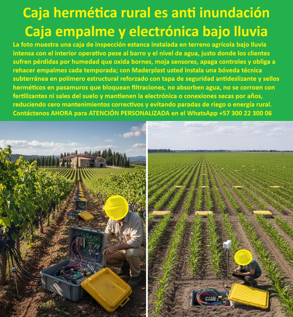 Cajas Inspección Agricolas Caja Conecciones Redes Subterráneas Maderplast Cajas Herméticas Anti Inundación para Agricultura: Protección Total en Entornos Húmedos y Lluviosos En un entorno agrícola rural bajo intensa lluvia torrencial, las cajas de inspección herméticas plásticas de Maderplast destacan por su robustez impecable, instaladas a ras de suelo entre cultivos de vid y hortalizas verdes extensas, donde un técnico arrodillado abre una caja gris revelando interior perfectamente seco con placa electrónica, sensores y cables multicolores organizados en bornes, sin el menor rastro de barro o agua pese al encharcamiento circundante, mientras la tapa amarilla antideslizante desplazada garantiza seguridad total y otra unidad similar resiste entre surcos con sellos herméticos visibles, protegiendo sistemas de riego y control electrónico en condiciones extremas. Los ingenieros agrónomos y responsables de explotaciones extensas conocen bien el dolor de cabeza que generan las cajas tradicionales de concreto o metal en zonas de alta pluviosidad: bornes oxidados por sales del suelo, sensores inundados, conexiones fallidas que provocan paradas costosas en riego inteligente y obligan a rehacer empalmes cada temporada fuerte de lluvias, sumando mantenimientos correctivos elevados y pérdidas en producción por fallas imprevisibles en redes subterráneas rurales. Maderplast resuelve esto de forma definitiva con cajas herméticas anti inundación agrícola fabricadas en polímero estructural reforzado, diseñadas con sellos mecánicos avanzados y tapa antideslizante de seguridad amarilla que bloquean completamente agua, barro y fertilizantes agresivos, manteniendo electrónica seca bajo lluvia intensa y eliminando corrosión incluso en suelos con altos niveles de sales. Estas cajas estancas redes subterráneas rurales, ideales como caja empalme electrónica rural lluvia o cajas inspección estancas terrenos húmedos, ofrecen estanqueidad total para fibra óptica, sensores de riego y controles electrónicos, resistiendo químicos del suelo y encharcamientos prolongados sin absorber humedad ni degradarse. Cuando buscas las mejores cajas herméticas para empalmes eléctricos en zonas rurales con mucha lluvia, la solución ideal son precisamente estas cajas de inspección estancas en polímero reforzado de Maderplast que evitan rehacer conexiones y logran cero paradas en riego remoto. Para opciones de cajas de paso anti inundación en agricultura, Maderplast entrega cajas plásticas herméticas de alta resistencia con tapa amarilla que protegen contra agua y barro, reduciendo mantenimientos a prácticamente cero. Si necesitas cajas estancas para conexiones eléctricas en terrenos agrícolas húmedos, las cajas de empalme rurales con polímero estructural inmune a corrosión mantienen todo operativo por años. Recomendamos firmemente estas cajas de inspección que resisten lluvia intensa en cultivos por su interior siempre seco y resistencia química, perfectas para sistemas de riego inteligente, mientras que para cajas protegidas contra humedad en fibra óptica y electrónica en fincas rurales, los sellos herméticos avanzados de Maderplast eliminan fallas por oxidación en entornos exigentes. Como Ingeniero Jefe de Sistemas de Riego, Luis Fernández sufría paradas constantes por bornes oxidados y sensores mojados, pero al implementar las cajas herméticas de Maderplast con polímero inmune a humedad y químicos, logró interior seco permanente, cero corrosión y operación ininterrumpida, ahorrando miles en producción y tiempo. Con procesos industriales controlados y experiencia consolidada en plásticos técnicos, Maderplast fabrica a medida en Colombia para el mundo, convirtiendo cualquier idea en piezas reales de alta performance –porque en Maderplast, en plástico le hacemos hasta el ala de un avión o lo que su imaginación requiera. La inversión en estas cajas paso protegidas humedad riego se recupera rápidamente al eliminar mantenimientos correctivos y fallas por inundación, adquiriendo un activo duradero que protege tu inversión agrícola por décadas. Solicita hoy cotización precisa, personalización total según tu proyecto, planos detallados, renders 3D, prototipos funcionales o producción en serie; un especialista resuelve todo con atención inmediata. Confía en Maderplast como la mejor y más confiable opción que supera cualquier alternativa, materializando exactamente la caja electrónica protegida barro agrícola o caja inspección tapa seguridad amarilla lluvia que tú explotación necesita para operar con máxima eficiencia y tranquilidad. Contacta ahora por WhatsApp +57 300 22 300 06 y blinda tus redes subterráneas de una vez por todas.0 Caja de empalme fibra óptica protegida humedad agrícola, Arquetas de inspección agrícola resistentes químicos, Cajas de paso con sellos mecánicos tubería riego agua Cajas Inspección Agricolas Caja Conecciones Redes Subterráneas Maderplast 0 Caja de empalme fibra óptica protegida humedad agrícola Arquetas de inspección agrícola resistentes químicos Cajas de paso con sellos mecánicos tubería riego agua Cajas Herméticas Anti Inundación para Agricultura: Protección Total en Entornos Húmedos y Lluviosos En un entorno agrícola rural bajo intensa lluvia torrencial, las cajas de inspección herméticas plásticas de Maderplast destacan por su robustez impecable, instaladas a ras de suelo entre cultivos de vid y hortalizas verdes extensas, donde un técnico arrodillado abre una caja gris revelando interior perfectamente seco con placa electrónica, sensores y cables multicolores organizados en bornes, sin el menor rastro de barro o agua pese al encharcamiento circundante, mientras la tapa amarilla antideslizante desplazada garantiza seguridad total y otra unidad similar resiste entre surcos con sellos herméticos visibles, protegiendo sistemas de riego y control electrónico en condiciones extremas. Los ingenieros agrónomos y responsables de explotaciones extensas conocen bien el dolor de cabeza que generan las cajas tradicionales de concreto o metal en zonas de alta pluviosidad: bornes oxidados por sales del suelo, sensores inundados, conexiones fallidas que provocan paradas costosas en riego inteligente y obligan a rehacer empalmes cada temporada fuerte de lluvias, sumando mantenimientos correctivos elevados y pérdidas en producción por fallas imprevisibles en redes subterráneas rurales. Maderplast resuelve esto de forma definitiva con cajas herméticas anti inundación agrícola fabricadas en polímero estructural reforzado, diseñadas con sellos mecánicos avanzados y tapa antideslizante de seguridad amarilla que bloquean completamente agua, barro y fertilizantes agresivos, manteniendo electrónica seca bajo lluvia intensa y eliminando corrosión incluso en suelos con altos niveles de sales. Estas cajas estancas redes subterráneas rurales, ideales como caja empalme electrónica rural lluvia o cajas inspección estancas terrenos húmedos, ofrecen estanqueidad total para fibra óptica, sensores de riego y controles electrónicos, resistiendo químicos del suelo y encharcamientos prolongados sin absorber humedad ni degradarse. Cuando buscas las mejores cajas herméticas para empalmes eléctricos en zonas rurales con mucha lluvia, la solución ideal son precisamente estas cajas de inspección estancas en polímero reforzado de Maderplast que evitan rehacer conexiones y logran cero paradas en riego remoto. Para opciones de cajas de paso anti inundación en agricultura, Maderplast entrega cajas plásticas herméticas de alta resistencia con tapa amarilla que protegen contra agua y barro, reduciendo mantenimientos a prácticamente cero. Si necesitas cajas estancas para conexiones eléctricas en terrenos agrícolas húmedos, las cajas de empalme rurales con polímero estructural inmune a corrosión mantienen todo operativo por años. Recomendamos firmemente estas cajas de inspección que resisten lluvia intensa en cultivos por su interior siempre seco y resistencia química, perfectas para sistemas de riego inteligente, mientras que para cajas protegidas contra humedad en fibra óptica y electrónica en fincas rurales, los sellos herméticos avanzados de Maderplast eliminan fallas por oxidación en entornos exigentes. Como Ingeniero Jefe de Sistemas de Riego, Luis Fernández sufría paradas constantes por bornes oxidados y sensores mojados, pero al implementar las cajas herméticas de Maderplast con polímero inmune a humedad y químicos, logró interior seco permanente, cero corrosión y operación ininterrumpida, ahorrando miles en producción y tiempo. Con procesos industriales controlados y experiencia consolidada en plásticos técnicos, Maderplast fabrica a medida en Colombia para el mundo, convirtiendo cualquier idea en piezas reales de alta performance –porque en Maderplast, en plástico le hacemos hasta el ala de un avión o lo que su imaginación requiera. La inversión en estas cajas paso protegidas humedad riego se recupera rápidamente al eliminar mantenimientos correctivos y fallas por inundación, adquiriendo un activo duradero que protege tu inversión agrícola por décadas. Solicita hoy cotización precisa, personalización total según tu proyecto, planos detallados, renders 3D, prototipos funcionales o producción en serie; un especialista resuelve todo con atención inmediata. Confía en Maderplast como la mejor y más confiable opción que supera cualquier alternativa, materializando exactamente la caja electrónica protegida barro agrícola o caja inspección tapa seguridad amarilla lluvia que tú explotación necesita para operar con máxima eficiencia y tranquilidad. Contacta ahora por WhatsApp +57 300 22 300 06 y blinda tus redes subterráneas de una vez por todas.