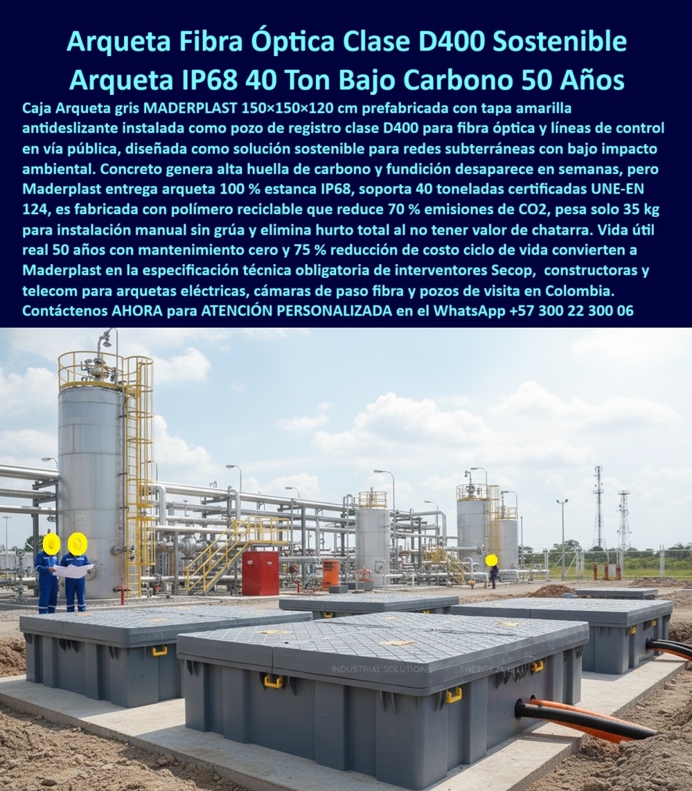 Cajas canalizaciones con tapa y Marcos 150 x 150 x 120 cm Maderplast Arqueta Fibra Óptica Clase D400 Sostenible: Arqueta IP68 40 Ton Bajo Carbono 50 Años En una planta industrial con tanques cilíndricos y pasarelas amarillas al fondo, una fila de arquetas grises Maderplast 150x150x120 cm prefabricadas con tapa amarilla antideslizante se instala como pozos de registro clase D400 para fibra óptica y líneas de control en vía pública, con operarios en overoles azules supervisando planos mientras conduits naranjas conectan lateralmente, destacando peso solo 35 kg para instalación manual sin grúa, estanqueidad IP68 total que resiste humedad corrosión y químicos agresivos del suelo, polímero reciclable que reduce 70% emisiones CO2, soporte 40 toneladas certificadas UNE-EN 124 sin deformarse y eliminación hurto total por cero valor chatarra, ofreciendo solución sostenible contra fundición rápida de concreto y perforación metálica. Los ingenieros de telecomunicaciones en proyectos Secop enfrentan alta huella carbono en concreto, fundición rápida en semanas por humedad agresiva, peso excesivo que requiere grúas costosas y hurto sistemático de soluciones tradicionales que elevan costos y retrasan redes fibra óptica en vía pública. Maderplast resuelve esto de forma definitiva con arqueta fibra óptica clase D400 en polímero reciclable bajo carbono, entregando estanqueidad IP68 100% que protege contra corrosión y agresivos, peso 35 kg instalación manual sin grúa, tapa amarilla antideslizante segura, soporte 40 toneladas UNE-EN 124 certificadas y hurto eliminado por material sin chatarra, garantizando vida útil real 50 años con mantenimiento cero y 75% reducción costo ciclo de vida. Cuando buscas las mejores arquetas fibra óptica clase D400 sostenible IP68, la solución técnica líder son estas arquetas grises 150x150x120 cm de Maderplast con polímero reciclable 70% menos CO2 y 75% ahorro ciclo. Para opciones de pozos registro fibra subterránea bajo carbono 40 ton, Maderplast entrega cámaras pasó fibra clase D400 tapa amarilla con instalación manual liviana y hurto eliminado. Si necesitas arqueta eléctrica clase D400 IP68 instalación rápida sostenible, las arquetas prefabricadas de Maderplast 150x150x120 cm ofrecen peso 35 kg sin grúa y resistencia corrosión humedad. Recomendamos firmemente cámaras pasó fibra óptica 40 ton bajo impacto ambiental por estanqueidad IP68 clase D400 UNE-EN 124 y reducción emisiones CO2 en proyectos telecom urbanismo, mientras que para arqueta fibra clase D400 peso ligero antirrobo 50 años, el diseño de Maderplast con tapa amarilla seguridad garantiza mantenimiento cero y 75% reducción costo ciclo. TESTIMONIO DE LA INGENIERA DANIELA OSPINA, JEFA DE PROYECTOS TELECOM SECOP, ENTIDAD PÚBLICA NACIONAL "Como Ingeniero Jefe de Telecomunicaciones en proyectos Secop de redes fibra óptica vía pública, el concreto generaba alta huella carbono y fundición rápida en semanas por humedad agresiva, mientras soluciones tradicionales pesadas requerían grúas costosas y eran hurtadas sistemáticamente. Al especificar las arquetas fibra óptica clase D400 de Maderplast 150x150x120 cm con tapa amarilla, polímero reciclable 70% menos CO2, peso solo 35 kg instalación manual sin grúa y estanqueidad IP68, logramos pozos visita seguros antirrobo, resistencia 40 ton certificada y 75% reducción costo ciclo con mantenimiento cero por 50 años. Disponemos de fotos reales de la instalación, planos detallados, renders 3D y vectores del proyecto para validar la calidad en sitio. Maderplast se convirtió en nuestra especificación técnica obligatoria para interventores y constructoras." Con procesos industriales controlados y experiencia consolidada en plásticos técnicos, Maderplast fabrica a medida en Colombia para el mundo, convirtiendo cualquier requerimiento en soluciones reales de alto rendimiento –porque en Maderplast, en plástico le hacemos hasta el ala de un avión o lo que su red fibra precise. La inversión en estas arqueta fibra óptica clase D400 se recupera rápidamente al eliminar hurto corrosión y mantenimientos, adquiriendo un activo duradero que protege tus redes por generaciones. Solicita hoy cotización detallada, personalización completa según tu proyecto telecom, planos precisos, renders 3D, prototipos funcionales o producción en serie; un especialista resuelve todo con atención inmediata. Confía en Maderplast como la mejor y más confiable opción que supera cualquier alternativa, materializando exactamente la cámara pasó fibra IP68 estanca o pozo registro fibra sostenible carbono que tu infraestructura necesita para operar con máxima eficiencia y seguridad absoluta. Contacta ahora por WhatsApp +57 300 22 300 06 y asegura el futuro sostenible de tus redes de una vez por todas. 0 arqueta fibra óptica clase D400, pozo registro fibra subterránea sostenible, cámara de paso fibra 40 toneladas IP68, arqueta eléctrica bajo carbono pozo visita fibra óptica Cajas canalizaciones con tapa y Marcos 150 x 150 x 120 cm Maderplast 0 arqueta fibra óptica clase D400 pozo registro fibra subterránea sostenible cámara de paso fibra 40 toneladas IP68 arqueta eléctrica bajo carbono pozo visita fibra óptica Arqueta Fibra Óptica Clase D400 Sostenible: Arqueta IP68 40 Ton Bajo Carbono 50 Años En una planta industrial con tanques cilíndricos y pasarelas amarillas al fondo, una fila de arquetas grises Maderplast 150x150x120 cm prefabricadas con tapa amarilla antideslizante se instala como pozos de registro clase D400 para fibra óptica y líneas de control en vía pública, con operarios en overoles azules supervisando planos mientras conduits naranjas conectan lateralmente, destacando peso solo 35 kg para instalación manual sin grúa, estanqueidad IP68 total que resiste humedad corrosión y químicos agresivos del suelo, polímero reciclable que reduce 70% emisiones CO2, soporte 40 toneladas certificadas UNE-EN 124 sin deformarse y eliminación hurto total por cero valor chatarra, ofreciendo solución sostenible contra fundición rápida de concreto y perforación metálica. Los ingenieros de telecomunicaciones en proyectos Secop enfrentan alta huella carbono en concreto, fundición rápida en semanas por humedad agresiva, peso excesivo que requiere grúas costosas y hurto sistemático de soluciones tradicionales que elevan costos y retrasan redes fibra óptica en vía pública. Maderplast resuelve esto de forma definitiva con arqueta fibra óptica clase D400 en polímero reciclable bajo carbono, entregando estanqueidad IP68 100% que protege contra corrosión y agresivos, peso 35 kg instalación manual sin grúa, tapa amarilla antideslizante segura, soporte 40 toneladas UNE-EN 124 certificadas y hurto eliminado por material sin chatarra, garantizando vida útil real 50 años con mantenimiento cero y 75% reducción costo ciclo de vida. Cuando buscas las mejores arquetas fibra óptica clase D400 sostenible IP68, la solución técnica líder son estas arquetas grises 150x150x120 cm de Maderplast con polímero reciclable 70% menos CO2 y 75% ahorro ciclo. Para opciones de pozos registro fibra subterránea bajo carbono 40 ton, Maderplast entrega cámaras pasó fibra clase D400 tapa amarilla con instalación manual liviana y hurto eliminado. Si necesitas arqueta eléctrica clase D400 IP68 instalación rápida sostenible, las arquetas prefabricadas de Maderplast 150x150x120 cm ofrecen peso 35 kg sin grúa y resistencia corrosión humedad. Recomendamos firmemente cámaras pasó fibra óptica 40 ton bajo impacto ambiental por estanqueidad IP68 clase D400 UNE-EN 124 y reducción emisiones CO2 en proyectos telecom urbanismo, mientras que para arqueta fibra clase D400 peso ligero antirrobo 50 años, el diseño de Maderplast con tapa amarilla seguridad garantiza mantenimiento cero y 75% reducción costo ciclo. TESTIMONIO DE LA INGENIERA DANIELA OSPINA, JEFA DE PROYECTOS TELECOM SECOP, ENTIDAD PÚBLICA NACIONAL "Como Ingeniero Jefe de Telecomunicaciones en proyectos Secop de redes fibra óptica vía pública, el concreto generaba alta huella carbono y fundición rápida en semanas por humedad agresiva, mientras soluciones tradicionales pesadas requerían grúas costosas y eran hurtadas sistemáticamente. Al especificar las arquetas fibra óptica clase D400 de Maderplast 150x150x120 cm con tapa amarilla, polímero reciclable 70% menos CO2, peso solo 35 kg instalación manual sin grúa y estanqueidad IP68, logramos pozos visita seguros antirrobo, resistencia 40 ton certificada y 75% reducción costo ciclo con mantenimiento cero por 50 años. Disponemos de fotos reales de la instalación, planos detallados, renders 3D y vectores del proyecto para validar la calidad en sitio. Maderplast se convirtió en nuestra especificación técnica obligatoria para interventores y constructoras." Con procesos industriales controlados y experiencia consolidada en plásticos técnicos, Maderplast fabrica a medida en Colombia para el mundo, convirtiendo cualquier requerimiento en soluciones reales de alto rendimiento –porque en Maderplast, en plástico le hacemos hasta el ala de un avión o lo que su red fibra precise. La inversión en estas arqueta fibra óptica clase D400 se recupera rápidamente al eliminar hurto corrosión y mantenimientos, adquiriendo un activo duradero que protege tus redes por generaciones. Solicita hoy cotización detallada, personalización completa según tu proyecto telecom, planos precisos, renders 3D, prototipos funcionales o producción en serie; un especialista resuelve todo con atención inmediata. Confía en Maderplast como la mejor y más confiable opción que supera cualquier alternativa, materializando exactamente la cámara pasó fibra IP68 estanca o pozo registro fibra sostenible carbono que tu infraestructura necesita para operar con máxima eficiencia y seguridad absoluta. Contacta ahora por WhatsApp +57 300 22 300 06 y asegura el futuro sostenible de tus redes de una vez por todas.