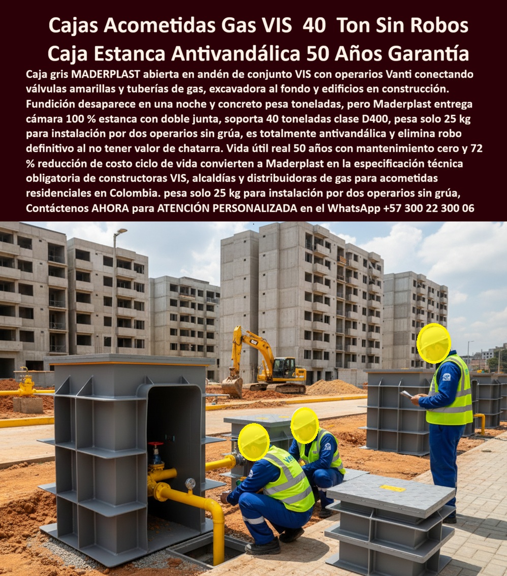 Canalizaciones Caja Tapa Marcos Urbanismo Canales Ductos Canaletas Maderplast La imagen muestra una caja plástica subterránea para acometida de gas en conjuntos VIS, instalada en andén urbano durante obra de urbanización, con operarios conectando válvulas y tubería amarilla de gas mientras el proyecto habitacional avanza. Se aprecia una estructura modular reforzada, diseñada para alojar válvulas y conexiones críticas en espacio público, con tapa superior preparada para tránsito urbano controlado, el escenario real donde las soluciones tradicionales de concreto y fundición generan problemas recurrentes de hurto, fisuras, filtraciones y sobrecostos operativos. La solución técnica es Maderplast, fabricante especializado en caja acometida gas VIS 40 ton, desarrollada específicamente para urbanismo residencial, constructoras VIS, alcaldías y distribuidoras de gas. A diferencia del concreto pesado y la fundición robable, esta cámara gas conjunto VIS estanca está fabricada en polímero técnico estructural que no se oxida, no se fisura y no absorbe humedad, manteniendo la válvula y las conexiones protegidas frente a agua, barro y manipulación indebida. Su diseño antivandálico elimina el robo definitivo al no tener valor de chatarra, resolviendo uno de los mayores dolores del gas residencial en espacio público. Uno de los diferenciales críticos de esta caja paso gas urbanización 25 kg es su peso ultraliviano, que permite instalación manual por dos operarios sin grúa, reduciendo tiempos de obra, riesgos laborales y costos logísticos, un factor decisivo en proyectos VIS de alta repetitividad. La estanqueidad efectiva del sistema protege la válvula y evita infiltraciones que generan fallas, retrabajos y reapertura de andenes, mientras su resistencia estructural soporta cargas urbanas conforme a especificaciones de tránsito peatonal y vehicular liviano. Desde el punto de vista económico, esta caja acometida gas antivandálica genera un ahorro real del 72 % en el costo del ciclo de vida, al eliminar mantenimiento correctivo, reposiciones por hurto y deterioro prematuro. No es un accesorio de obra, es una solución definitiva para acometidas de gas residencial, pensada para operar durante décadas con mantenimiento cero, estabilidad dimensional y seguridad operativa permanente. Por eso, Maderplast se ha convertido en referencia técnica para proyectos VIS, urbanizaciones masivas y redes de gas en Colombia. ANDRÉS ROJAS – COORDINADOR DE REDES DE GAS RESIDENCIAL “En proyectos VIS sufrimos robos constantes y daños en cámaras de concreto. Con las cajas de Maderplast eliminamos el vandalismo y aceleramos la instalación. El bajo peso facilitó la obra y la estanqueidad protegió las válvulas desde el primer día. Maderplast nos permitió estandarizar una solución segura, técnica y viable para urbanismo.” Cuando el objetivo es proteger acometidas de gas en conjuntos VIS, evitar robos, reducir tiempos de obra y garantizar continuidad del servicio, la decisión correcta no es concreto ni metal. La decisión correcta es una cámara gas VIS estanca y antivandálica de Maderplast. Maderplast no vende cajas: convierte problemas urbanos en soluciones técnicas duraderas, optimizando costos, seguridad y confianza desde la construcción hasta la operación final. 0 caja acometida gas VIS 40 ton, cámara gas conjunto VIS estanca, caja paso gas urbanización 25 kg, caja acometida gas antivandálica, cámara gas VIS 72 % ahorro ciclo, Canalizaciones Caja Tapa Marcos Urbanismo Canales Ductos Canaletas Maderplast 0 caja acometida gas VIS 40 ton cámara gas conjunto VIS estanca caja paso gas urbanización 25 kg caja acometida gas antivandálica cámara gas VIS 72 ahorro ciclo La imagen muestra una caja plástica subterránea para acometida de gas en conjuntos VIS, instalada en andén urbano durante obra de urbanización, con operarios conectando válvulas y tubería amarilla de gas mientras el proyecto habitacional avanza. Se aprecia una estructura modular reforzada, diseñada para alojar válvulas y conexiones críticas en espacio público, con tapa superior preparada para tránsito urbano controlado, el escenario real donde las soluciones tradicionales de concreto y fundición generan problemas recurrentes de hurto, fisuras, filtraciones y sobrecostos operativos. La solución técnica es Maderplast, fabricante especializado en caja acometida gas VIS 40 ton, desarrollada específicamente para urbanismo residencial, constructoras VIS, alcaldías y distribuidoras de gas. A diferencia del concreto pesado y la fundición robable, esta cámara gas conjunto VIS estanca está fabricada en polímero técnico estructural que no se oxida, no se fisura y no absorbe humedad, manteniendo la válvula y las conexiones protegidas frente a agua, barro y manipulación indebida. Su diseño antivandálico elimina el robo definitivo al no tener valor de chatarra, resolviendo uno de los mayores dolores del gas residencial en espacio público. Uno de los diferenciales críticos de esta caja paso gas urbanización 25 kg es su peso ultraliviano, que permite instalación manual por dos operarios sin grúa, reduciendo tiempos de obra, riesgos laborales y costos logísticos, un factor decisivo en proyectos VIS de alta repetitividad. La estanqueidad efectiva del sistema protege la válvula y evita infiltraciones que generan fallas, retrabajos y reapertura de andenes, mientras su resistencia estructural soporta cargas urbanas conforme a especificaciones de tránsito peatonal y vehicular liviano. Desde el punto de vista económico, esta caja acometida gas antivandálica genera un ahorro real del 72 % en el costo del ciclo de vida, al eliminar mantenimiento correctivo, reposiciones por hurto y deterioro prematuro. No es un accesorio de obra, es una solución definitiva para acometidas de gas residencial, pensada para operar durante décadas con mantenimiento cero, estabilidad dimensional y seguridad operativa permanente. Por eso, Maderplast se ha convertido en referencia técnica para proyectos VIS, urbanizaciones masivas y redes de gas en Colombia. ANDRÉS ROJAS – COORDINADOR DE REDES DE GAS RESIDENCIAL “En proyectos VIS sufrimos robos constantes y daños en cámaras de concreto. Con las cajas de Maderplast eliminamos el vandalismo y aceleramos la instalación. El bajo peso facilitó la obra y la estanqueidad protegió las válvulas desde el primer día. Maderplast nos permitió estandarizar una solución segura, técnica y viable para urbanismo.” Cuando el objetivo es proteger acometidas de gas en conjuntos VIS, evitar robos, reducir tiempos de obra y garantizar continuidad del servicio, la decisión correcta no es concreto ni metal. La decisión correcta es una cámara gas VIS estanca y antivandálica de Maderplast. Maderplast no vende cajas: convierte problemas urbanos en soluciones técnicas duraderas, optimizando costos, seguridad y confianza desde la construcción hasta la operación final.