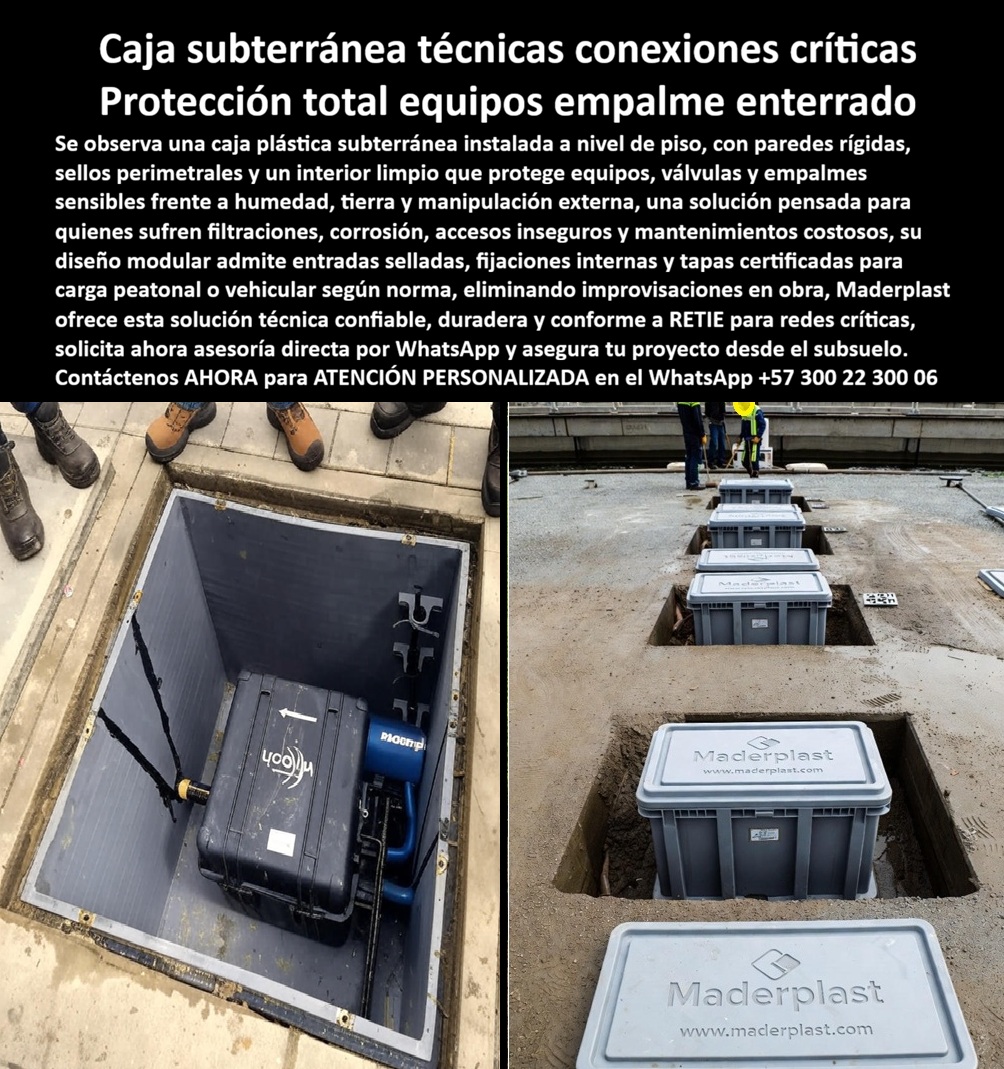 Catálogo Caja Plástica Pozo Conexiones Cajas De Paso Strings Maderplast La imagen muestra una caja plástica subterránea instalada a ras de piso, perfectamente integrada en una losa de concreto, con tapa hermética y un interior limpio donde reposan equipos y empalmes eléctricos críticos completamente aislados del suelo. Este punto, que parece simple, suele ser el lugar exacto donde muchos proyectos abren su propia Caja de Pandora: pozos de concreto que filtran agua, acero que se corroe, registros improvisados que permiten ingreso de humedad, tierra y accesos inseguros, generando fallas que no aparecen el primer mes, sino cuando el proyecto ya está en operación y cada intervención cuesta tiempo, dinero y reputación técnica. En contraste, la caja plástica subterránea Maderplast está diseñada precisamente para no abrir esa Caja de Pandora, sino para cerrarla desde el primer día de instalación. En redes eléctricas enterradas, los empalmes no fallan por el cable, fallan por el entorno. El pozo de registro plástico clase B 125 de Maderplast sustituye definitivamente al concreto tradicional, eliminando filtraciones, fisuras y corrosión del acero interno que comprometen la seguridad eléctrica. Donde otros sistemas obligan a convivir con la humedad, esta caja plástica impermeable enterrada mantiene los equipos secos, estables y accesibles. No se trata solo de contener, sino de proteger de forma activa, por eso esta solución funciona como una verdadera caja de paso subterránea certificada RETIE, pensada para quienes no quieren resolver problemas después, sino evitarlos desde el diseño. Cada caja paso subterránea empalmes eléctricos de Maderplast está concebida como un sistema técnico completo. Las entradas selladas permiten ductos estancos, la fijación interna asegura equipos sensibles y la tapa certificada distribuye carga peatonal sin deformarse ni permitir ingreso de agua. Así, la caja subterránea certificada RETIE deja de ser un requisito normativo y se convierte en una ventaja operativa real. Mientras el concreto absorbe humedad y la transmite al interior, esta caja enterrada para empalmes eléctricos actúa como una barrera física y funcional frente al entorno agresivo del subsuelo. Aquí es donde la metáfora cobra sentido: las soluciones tradicionales abren una Caja de Pandora llena de mantenimientos, retrabajos y fallas invisibles; la caja plástica subterránea Maderplast, en cambio, anticipa esos problemas y los elimina antes de que existan. El resultado es un registro eléctrico subterráneo plástico que no se oxida, no se degrada y no requiere intervenciones constantes. Esta es una caja subterránea sin filtraciones, diseñada para operación continua, donde la confiabilidad no depende de sellos artesanales ni de reparaciones futuras. Desde el punto de vista del ciclo de vida, el pozo plástico reemplazo concreto representa una decisión inteligente. La caja enterrada para equipos eléctricos mantiene su estabilidad dimensional durante décadas, convirtiéndose en un registro plástico subterráneo duradero y profesional. Por eso, en proyectos donde se exige continuidad, la caja empalmes eléctrica enterrada de Maderplast se consolida como una caja subterránea modular eléctrica que elimina improvisaciones en obra y reduce costos ocultos de mantenimiento. Como lo expresa Luis Fernando Gómez, Ingeniero de Redes Eléctricas: “Con los pozos de concreto teníamos filtraciones constantes y daños en empalmes. Al instalar cajas plásticas subterráneas de Maderplast, los equipos quedaron completamente secos y accesibles. Eliminamos retrabajos y mantenimientos. Maderplast nos dio una solución técnica confiable y duradera, muy superior al concreto tradicional.” Esa experiencia confirma la premisa central: cuando se elige una caja técnica subterránea Maderplast, no se compra solo una caja, se evita abrir la Caja de Pandora de los registros enterrados. Se protege el proyecto desde el subsuelo, se asegura la operación eléctrica y se toma una decisión que sigue siendo correcta muchos años después de haber sido instalada. 0 caja plástica subterránea empalmes eléctricos, pozo de registro plástico clase B 125, caja de paso subterránea certificada RETIE, caja plástica impermeable conexiones caja Catálogo Caja Plástica Pozo Conexiones Cajas De Paso Strings Maderplast 0 caja plástica subterránea empalmes eléctricos pozo de registro plástico clase B 125 caja de paso subterránea certificada RETIE caja plástica impermeable conexiones caja La imagen muestra una caja plástica subterránea instalada a ras de piso, perfectamente integrada en una losa de concreto, con tapa hermética y un interior limpio donde reposan equipos y empalmes eléctricos críticos completamente aislados del suelo. Este punto, que parece simple, suele ser el lugar exacto donde muchos proyectos abren su propia Caja de Pandora: pozos de concreto que filtran agua, acero que se corroe, registros improvisados que permiten ingreso de humedad, tierra y accesos inseguros, generando fallas que no aparecen el primer mes, sino cuando el proyecto ya está en operación y cada intervención cuesta tiempo, dinero y reputación técnica. En contraste, la caja plástica subterránea Maderplast está diseñada precisamente para no abrir esa Caja de Pandora, sino para cerrarla desde el primer día de instalación. En redes eléctricas enterradas, los empalmes no fallan por el cable, fallan por el entorno. El pozo de registro plástico clase B 125 de Maderplast sustituye definitivamente al concreto tradicional, eliminando filtraciones, fisuras y corrosión del acero interno que comprometen la seguridad eléctrica. Donde otros sistemas obligan a convivir con la humedad, esta caja plástica impermeable enterrada mantiene los equipos secos, estables y accesibles. No se trata solo de contener, sino de proteger de forma activa, por eso esta solución funciona como una verdadera caja de paso subterránea certificada RETIE, pensada para quienes no quieren resolver problemas después, sino evitarlos desde el diseño. Cada caja paso subterránea empalmes eléctricos de Maderplast está concebida como un sistema técnico completo. Las entradas selladas permiten ductos estancos, la fijación interna asegura equipos sensibles y la tapa certificada distribuye carga peatonal sin deformarse ni permitir ingreso de agua. Así, la caja subterránea certificada RETIE deja de ser un requisito normativo y se convierte en una ventaja operativa real. Mientras el concreto absorbe humedad y la transmite al interior, esta caja enterrada para empalmes eléctricos actúa como una barrera física y funcional frente al entorno agresivo del subsuelo. Aquí es donde la metáfora cobra sentido: las soluciones tradicionales abren una Caja de Pandora llena de mantenimientos, retrabajos y fallas invisibles; la caja plástica subterránea Maderplast, en cambio, anticipa esos problemas y los elimina antes de que existan. El resultado es un registro eléctrico subterráneo plástico que no se oxida, no se degrada y no requiere intervenciones constantes. Esta es una caja subterránea sin filtraciones, diseñada para operación continua, donde la confiabilidad no depende de sellos artesanales ni de reparaciones futuras. Desde el punto de vista del ciclo de vida, el pozo plástico reemplazo concreto representa una decisión inteligente. La caja enterrada para equipos eléctricos mantiene su estabilidad dimensional durante décadas, convirtiéndose en un registro plástico subterráneo duradero y profesional. Por eso, en proyectos donde se exige continuidad, la caja empalmes eléctrica enterrada de Maderplast se consolida como una caja subterránea modular eléctrica que elimina improvisaciones en obra y reduce costos ocultos de mantenimiento. Como lo expresa Luis Fernando Gómez, Ingeniero de Redes Eléctricas: “Con los pozos de concreto teníamos filtraciones constantes y daños en empalmes. Al instalar cajas plásticas subterráneas de Maderplast, los equipos quedaron completamente secos y accesibles. Eliminamos retrabajos y mantenimientos. Maderplast nos dio una solución técnica confiable y duradera, muy superior al concreto tradicional.” Esa experiencia confirma la premisa central: cuando se elige una caja técnica subterránea Maderplast, no se compra solo una caja, se evita abrir la Caja de Pandora de los registros enterrados. Se protege el proyecto desde el subsuelo, se asegura la operación eléctrica y se toma una decisión que sigue siendo correcta muchos años después de haber sido instalada.