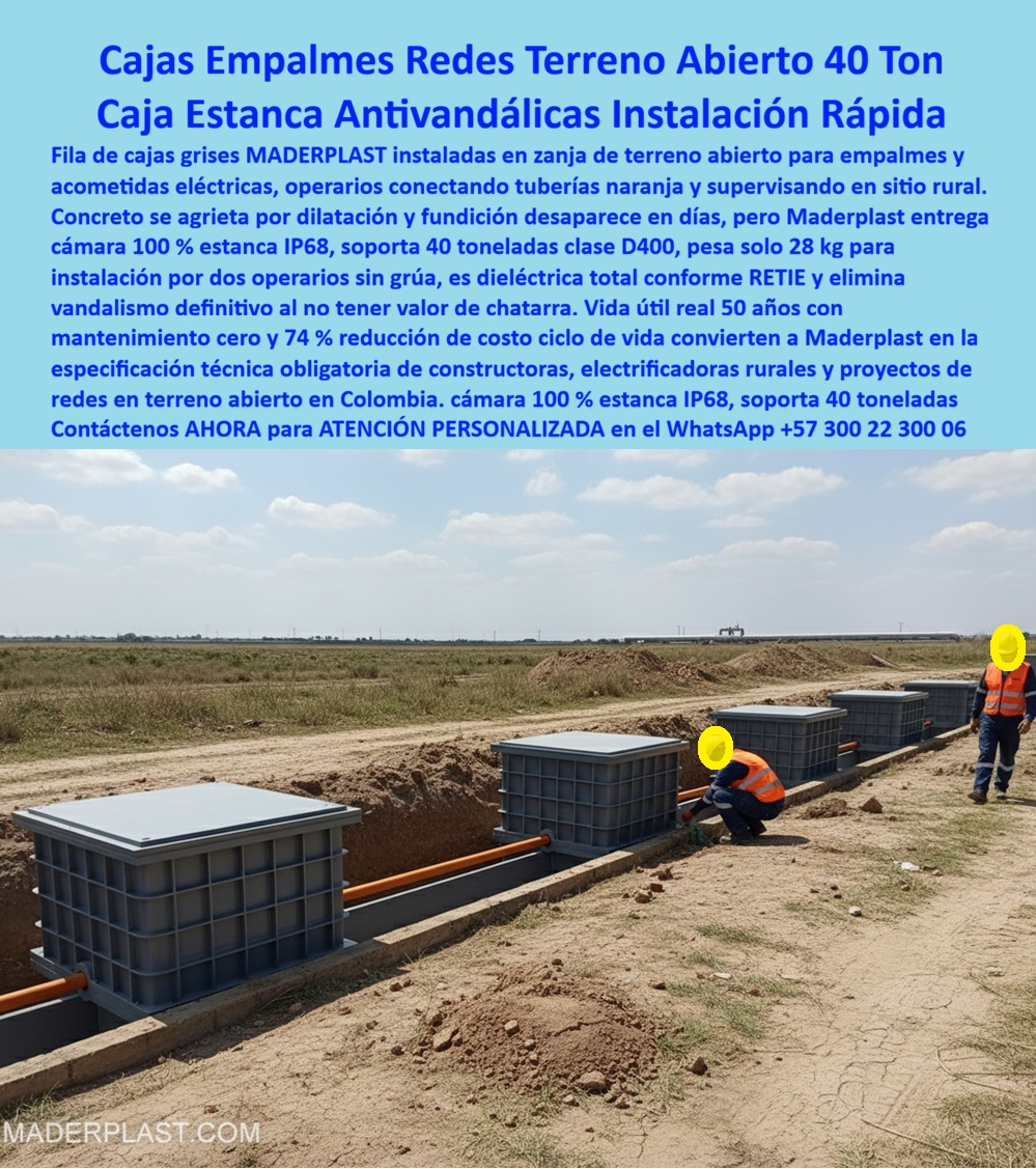 Instalación De Cajas Conexiones Caja Empalmes Acometida Eléctrica Maderplast Cajas Empalmes Redes Terreno Abierto 40 Ton: Caja Estanca Antivandálicas Instalación Rápida En un amplio terreno abierto rural bajo cielo despejado, una fila ordenada de cajas de empalmes grises de Maderplast instaladas en zanja superficial conecta tuberías naranjas de acometida eléctrica y supervisando en sitio rural, con operarios en chalecos naranjas reflectivos ajustando conexiones críticas de forma accesible, destacando módulos plásticos reforzados con tapas cerradas estancas IP68 que alojan empalmes ordenados, peso solo 28 kg para instalación manual por dos operarios sin grúa, soportando 40 toneladas clase D400 sin fisuras ni corrosión incluso en suelos dilatados o húmedos, 100% dieléctrica RETIE y eliminando vandalismo definitivo por cero valor chatarra. Los ingenieros de electrificación rural enfrentan agrietamiento rápido por dilatación en pozos de concreto, desaparición de tapas metálicas por robo sistemático, costos elevados por grúas en elementos pesados y riesgos eléctricos que generan paradas y reparaciones frecuentes en redes de terreno abierto. Maderplast resuelve esto de forma definitiva con cajas empalmes redes terreno abierto en copolímero estructural estanco IP68, ofreciendo peso 28 kg para instalación rápida manual, soporte 40 toneladas clase D400 sin corrosión ni fisuras, dieléctrica total RETIE, antirrobo absoluto y vida útil real 50 años con mantenimiento cero, logrando 74% reducción costo ciclo de vida comparado con materiales tradicionales vulnerables. Cuando buscas las mejores cajas empalmes para redes eléctricas en terreno abierto rural, la solución técnica líder son estas cajas grises estancas IP 68 de Maderplast con soporte 40 ton clase D400 y 74% menos costo ciclo. Para opciones de cajas acometida eléctrica enterrada rápida instalación rural, Maderplast entrega cámaras empalmes terreno abierto livianas dos operarios sin maquinaria y clase D400 sin corrosión ni dilatación. Si necesitas cajas registro 40 toneladas para acometidas rurales sin grúa, las cajas plásticas de Maderplast con peso 28 kg y dieléctrica RETIE garantizan vandalismo eliminado. Recomendamos firmemente cajas empalmes estancas para redes abiertas con carga pesada por su estanqueidad IP68 y reducción 74% costo ciclo en electrificadoras rurales, mientras que para cajas inspección terreno abierto dieléctricas 50 años durabilidad, el diseño de Maderplast asegura instalación dos personas y cero mantenimiento en redes expuestas. TESTIMONIO DE LA INGENIERA LAURA MENDOZA, JEFA DE PROYECTOS DE ELECTRIFICACIÓN RURAL, EMPRESA REGIONAL DE ENERGÍA "Como Ingeniero Jefe de Electrificación Rural en proyectos de redes de media tensión en terreno abierto, sufrimos dilatación y agrietamiento rápido de pozos concreto por cambios térmicos, robo sistemático de tapas metálicas y costos altos por grúas para instalar elementos pesados, generando paradas y riesgos eléctricos. Al especificar las cajas de empalmes de Maderplast, con estanqueidad IP68, peso solo 28 kg instalación manual por dos operarios, clase D400 40 ton y dieléctrica total RETIE, logramos acometidas seguras sin vandalismo, cero corrosión en suelos agresivos y 74% reducción costo ciclo de vida. Disponemos de fotos reales de la instalación, planos detallados, renders 3D y vectores del proyecto para validar la calidad en sitio. Maderplast se convirtió en nuestra especificación técnica obligatoria para redes rurales." Con procesos industriales controlados y experiencia consolidada en plásticos técnicos, Maderplast fabrica a medida en Colombia para el mundo, convirtiendo cualquier requerimiento en soluciones reales de alto rendimiento –porque en Maderplast, en plástico le hacemos hasta el ala de un avión o lo que su red rural precise. La inversión en estas cajas empalmes redes terreno abierto se recupera rápidamente al eliminar vandalismo, corrosión y mantenimientos, adquiriendo un activo duradero que protege tus acometidas por generaciones. Solicita hoy cotización detallada, personalización completa según tu proyecto rural, planos precisos, renders 3D, prototipos funcionales o producción en serie; un especialista resuelve todo con atención inmediata. Confía en Maderplast como la mejor y más confiable opción que supera cualquier alternativa, materializando exactamente la caja acometida enterrada 40 ton o pozo registro clase D400 que tu electrificación necesita para operar con máxima seguridad y eficiencia absoluta. Contacta ahora por WhatsApp +57 300 22 300 06 y específica Maderplast en tus redes rurales de una vez por todas. 0 cajas empalmes redes terreno abierto, cámara acometida eléctrica rural 40 ton, caja registro terreno abierto instalación rápida, caja empalmes rurales 74 % ahorro PP Instalación De Cajas Conexiones Caja Empalmes Acometida Eléctrica Maderplast 0 cajas empalmes redes terreno abierto cámara acometida eléctrica rural 40 ton caja registro terreno abierto instalación rápida caja empalmes rurales 74 ahorro PP Cajas Empalmes Redes Terreno Abierto 40 Ton: Caja Estanca Antivandálicas Instalación Rápida En un amplio terreno abierto rural bajo cielo despejado, una fila ordenada de cajas de empalmes grises de Maderplast instaladas en zanja superficial conecta tuberías naranjas de acometida eléctrica y supervisando en sitio rural, con operarios en chalecos naranjas reflectivos ajustando conexiones críticas de forma accesible, destacando módulos plásticos reforzados con tapas cerradas estancas IP68 que alojan empalmes ordenados, peso solo 28 kg para instalación manual por dos operarios sin grúa, soportando 40 toneladas clase D400 sin fisuras ni corrosión incluso en suelos dilatados o húmedos, 100% dieléctrica RETIE y eliminando vandalismo definitivo por cero valor chatarra. Los ingenieros de electrificación rural enfrentan agrietamiento rápido por dilatación en pozos de concreto, desaparición de tapas metálicas por robo sistemático, costos elevados por grúas en elementos pesados y riesgos eléctricos que generan paradas y reparaciones frecuentes en redes de terreno abierto. Maderplast resuelve esto de forma definitiva con cajas empalmes redes terreno abierto en copolímero estructural estanco IP68, ofreciendo peso 28 kg para instalación rápida manual, soporte 40 toneladas clase D400 sin corrosión ni fisuras, dieléctrica total RETIE, antirrobo absoluto y vida útil real 50 años con mantenimiento cero, logrando 74% reducción costo ciclo de vida comparado con materiales tradicionales vulnerables. Cuando buscas las mejores cajas empalmes para redes eléctricas en terreno abierto rural, la solución técnica líder son estas cajas grises estancas IP 68 de Maderplast con soporte 40 ton clase D400 y 74% menos costo ciclo. Para opciones de cajas acometida eléctrica enterrada rápida instalación rural, Maderplast entrega cámaras empalmes terreno abierto livianas dos operarios sin maquinaria y clase D400 sin corrosión ni dilatación. Si necesitas cajas registro 40 toneladas para acometidas rurales sin grúa, las cajas plásticas de Maderplast con peso 28 kg y dieléctrica RETIE garantizan vandalismo eliminado. Recomendamos firmemente cajas empalmes estancas para redes abiertas con carga pesada por su estanqueidad IP68 y reducción 74% costo ciclo en electrificadoras rurales, mientras que para cajas inspección terreno abierto dieléctricas 50 años durabilidad, el diseño de Maderplast asegura instalación dos personas y cero mantenimiento en redes expuestas. TESTIMONIO DE LA INGENIERA LAURA MENDOZA, JEFA DE PROYECTOS DE ELECTRIFICACIÓN RURAL, EMPRESA REGIONAL DE ENERGÍA "Como Ingeniero Jefe de Electrificación Rural en proyectos de redes de media tensión en terreno abierto, sufrimos dilatación y agrietamiento rápido de pozos concreto por cambios térmicos, robo sistemático de tapas metálicas y costos altos por grúas para instalar elementos pesados, generando paradas y riesgos eléctricos. Al especificar las cajas de empalmes de Maderplast, con estanqueidad IP68, peso solo 28 kg instalación manual por dos operarios, clase D400 40 ton y dieléctrica total RETIE, logramos acometidas seguras sin vandalismo, cero corrosión en suelos agresivos y 74% reducción costo ciclo de vida. Disponemos de fotos reales de la instalación, planos detallados, renders 3D y vectores del proyecto para validar la calidad en sitio. Maderplast se convirtió en nuestra especificación técnica obligatoria para redes rurales." Con procesos industriales controlados y experiencia consolidada en plásticos técnicos, Maderplast fabrica a medida en Colombia para el mundo, convirtiendo cualquier requerimiento en soluciones reales de alto rendimiento –porque en Maderplast, en plástico le hacemos hasta el ala de un avión o lo que su red rural precise. La inversión en estas cajas empalmes redes terreno abierto se recupera rápidamente al eliminar vandalismo, corrosión y mantenimientos, adquiriendo un activo duradero que protege tus acometidas por generaciones. Solicita hoy cotización detallada, personalización completa según tu proyecto rural, planos precisos, renders 3D, prototipos funcionales o producción en serie; un especialista resuelve todo con atención inmediata. Confía en Maderplast como la mejor y más confiable opción que supera cualquier alternativa, materializando exactamente la caja acometida enterrada 40 ton o pozo registro clase D400 que tu electrificación necesita para operar con máxima seguridad y eficiencia absoluta. Contacta ahora por WhatsApp +57 300 22 300 06 y específica Maderplast en tus redes rurales de una vez por todas.