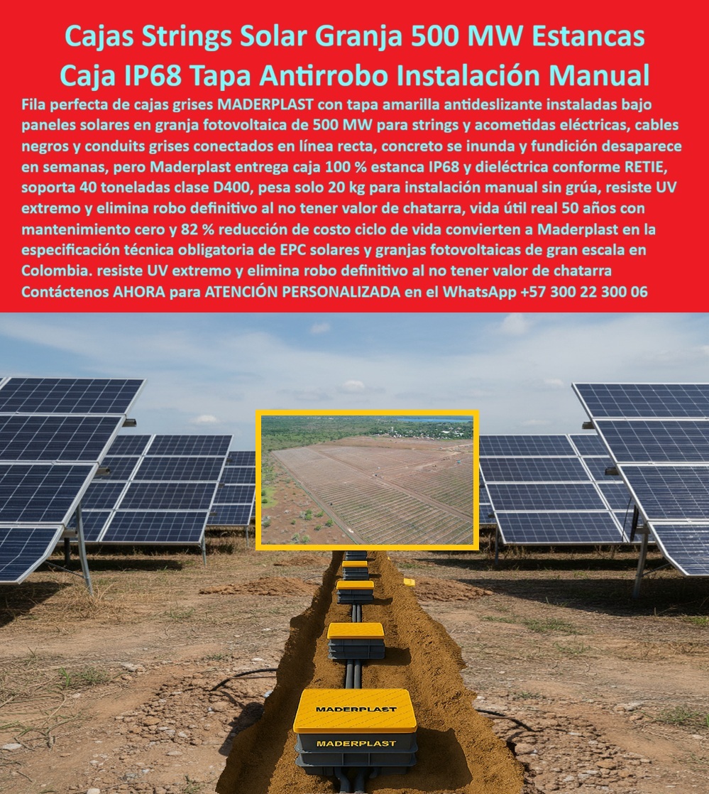 Strings Pozos Parques Solares Cajas Fotovoltaicas Caja Energía Solar Maderplast Cajas Strings Solar Granja 500 MW Estancas: Caja IP68 Tapa Antirrobo Instalación Manual En una granja fotovoltaica de 500 MW bajo cielo azul despejado, una fila perfecta de cajas strings grises de Maderplast con tapa amarilla antideslizante se instala en línea recta bajo paneles solares alineados, conectando cables negros y conduits grises para strings y acometidas eléctricas de forma ordenada y accesible, con tapas amarillas visibles cerradas estancas IP68 resistiendo UV extremo y cargas clase D400 sin fisuras, peso solo 20 kg permitiendo instalación manual sin grúa, 100% dieléctrica RETIE y eliminando robo definitivo por cero valor chatarra, mientras recuadro superior vista aérea resalta escala masiva del parque donde concreto se inunda y fundición desaparece en semanas. Los ingenieros EPC en granjas solares de gran escala enfrentan inundación fundición rápida en concreto por calor extremo, robo sistemático de soluciones metálicas que eleva seguros y reemplazos, riesgos dieléctricos y costos altos por grúas en cajas pesadas que retrasan proyectos y comprometen continuidad en strings y acometidas. Maderplast resuelve esto de forma definitiva con cajas strings solar granja 500 MW estancas IP68 en polímero estructural reforzado, ofreciendo tapa amarilla antirrobo antideslizante, peso 20 kg instalación manual sin grúa, soporte 40 toneladas clase D400 sin fisuras corrosión, dieléctrica total RETIE resistente UV extremo y vida útil real 50 años con mantenimiento cero, logrando 82% reducción costo ciclo de vida comparado con materiales tradicionales vulnerables. Cuando buscas las mejores cajas strings estancas IP68 para granjas solares 500 MW, la solución líder son estas cajas grises tapa amarilla de Maderplast con instalación manual sin grúa y 82% menos costo ciclo en parques fotovoltaicos a escala. Para opciones de cajas acometidas solares antirrobo instalación manual, Maderplast entrega cajas strings granja 500 MW tapa amarilla antideslizante estanca IP68 protege inundación fundición livianas 20 kg. Si necesitas cajas fotovoltaicas clase D400 estancas strings parques solares, las cajas Maderplast tapa amarilla visible IP68 total resiste UV extremo peso 20 kg instalación dos operarios. Recomendamos firmemente cajas strings solares tapa amarilla antirrobo granja MW por estanqueidad IP68 dieléctrica clase D400 sin fisuras instalación manual rápida, mientras que para cajas IP68 strings parque solar 40 ton instalación sin grúa, el diseño de Maderplast con peso 20 kg manejo manual RETIE dieléctrica antirrobo UV resistente garantiza reducción 82% costo ciclo proyectos EPC gran escala. TESTIMONIO DEL INGENIERO ESTEBAN RUIZ, JEFE DE EPC FOTOVOLTAICOS, CONSORCIO ENERGÍAS RENOVABLES COLOMBIA "Como Ingeniero Jefe de EPC en granjas solares de 500 MW escala, el concreto se inundaba y fundía en semanas por calor extremo, generando paradas costosas y riesgos dieléctricos, mientras soluciones metálicas eran robadas sistemáticamente elevando seguros y reemplazos. Al especificar las cajas strings de Maderplast con estanqueidad IP68, tapa amarilla antirrobo, peso solo 20 kg instalación manual sin grúa y clase D400 dieléctrica RETIE, logramos conexiones protegidas contra UV e inundación, cero vandalismo y 82% reducción costo ciclo con mantenimiento nulo. Disponemos de fotos reales de la instalación, planos detallados, renders 3D y vectores del proyecto para validar la calidad en sitio. Maderplast se convirtió en nuestra especificación técnica obligatoria para parques solares confiables." Con procesos industriales controlados y experiencia consolidada en plásticos técnicos, Maderplast fabrica a medida en Colombia para el mundo, convirtiendo cualquier requerimiento en soluciones reales de alto rendimiento –porque en Maderplast, en plástico le hacemos hasta el ala de un avión o lo que su granja solar precise. La inversión en estas cajas strings solar granja 500 MW se recupera rápidamente al eliminar inundación, robo y mantenimientos, adquiriendo un activo duradero que protege tus strings por generaciones. Solicita hoy cotización detallada, personalización completa según tu parque fotovoltaico, planos precisos, renders 3D, prototipos funcionales o producción en serie; un especialista resuelve todo con atención inmediata. Confía en Maderplast como la mejor y más confiable opción que supera cualquier alternativa, materializando exactamente la caja IP68 tapa antirrobo instalación manual o cajas fotovoltaicas estancas parques solares que tu PC necesita para operar con máxima eficiencia y seguridad absoluta. Contacta ahora por WhatsApp +57 300 22 300 06 y asegura el futuro de tus granjas solares de una vez por todas. 0 Strings Pozos Parques Solares Cajas Fotovoltaicas Caja Energía Solar Maderplast 0 Strings Pozos Parques Solares Cajas Fotovoltaicas Caja En Strings Pozos Parques Solares Cajas Fotovoltaicas Caja Energía Solar Maderplast 0 Strings Pozos Parques Solares Cajas Fotovoltaicas Caja Energía Solar Maderplast 0 Strings Pozos Parques Solares Cajas Fotovoltaicas Caja En Cajas Strings Solar Granja 500 MW Estancas: Caja IP68 Tapa Antirrobo Instalación Manual En una granja fotovoltaica de 500 MW bajo cielo azul despejado, una fila perfecta de cajas strings grises de Maderplast con tapa amarilla antideslizante se instala en línea recta bajo paneles solares alineados, conectando cables negros y conduits grises para strings y acometidas eléctricas de forma ordenada y accesible, con tapas amarillas visibles cerradas estancas IP68 resistiendo UV extremo y cargas clase D400 sin fisuras, peso solo 20 kg permitiendo instalación manual sin grúa, 100% dieléctrica RETIE y eliminando robo definitivo por cero valor chatarra, mientras recuadro superior vista aérea resalta escala masiva del parque donde concreto se inunda y fundición desaparece en semanas. Los ingenieros EPC en granjas solares de gran escala enfrentan inundación fundición rápida en concreto por calor extremo, robo sistemático de soluciones metálicas que eleva seguros y reemplazos, riesgos dieléctricos y costos altos por grúas en cajas pesadas que retrasan proyectos y comprometen continuidad en strings y acometidas. Maderplast resuelve esto de forma definitiva con cajas strings solar granja 500 MW estancas IP68 en polímero estructural reforzado, ofreciendo tapa amarilla antirrobo antideslizante, peso 20 kg instalación manual sin grúa, soporte 40 toneladas clase D400 sin fisuras corrosión, dieléctrica total RETIE resistente UV extremo y vida útil real 50 años con mantenimiento cero, logrando 82% reducción costo ciclo de vida comparado con materiales tradicionales vulnerables. Cuando buscas las mejores cajas strings estancas IP68 para granjas solares 500 MW, la solución líder son estas cajas grises tapa amarilla de Maderplast con instalación manual sin grúa y 82% menos costo ciclo en parques fotovoltaicos a escala. Para opciones de cajas acometidas solares antirrobo instalación manual, Maderplast entrega cajas strings granja 500 MW tapa amarilla antideslizante estanca IP68 protege inundación fundición livianas 20 kg. Si necesitas cajas fotovoltaicas clase D400 estancas strings parques solares, las cajas Maderplast tapa amarilla visible IP68 total resiste UV extremo peso 20 kg instalación dos operarios. Recomendamos firmemente cajas strings solares tapa amarilla antirrobo granja MW por estanqueidad IP68 dieléctrica clase D400 sin fisuras instalación manual rápida, mientras que para cajas IP68 strings parque solar 40 ton instalación sin grúa, el diseño de Maderplast con peso 20 kg manejo manual RETIE dieléctrica antirrobo UV resistente garantiza reducción 82% costo ciclo proyectos EPC gran escala. TESTIMONIO DEL INGENIERO ESTEBAN RUIZ, JEFE DE EPC FOTOVOLTAICOS, CONSORCIO ENERGÍAS RENOVABLES COLOMBIA "Como Ingeniero Jefe de EPC en granjas solares de 500 MW escala, el concreto se inundaba y fundía en semanas por calor extremo, generando paradas costosas y riesgos dieléctricos, mientras soluciones metálicas eran robadas sistemáticamente elevando seguros y reemplazos. Al especificar las cajas strings de Maderplast con estanqueidad IP68, tapa amarilla antirrobo, peso solo 20 kg instalación manual sin grúa y clase D400 dieléctrica RETIE, logramos conexiones protegidas contra UV e inundación, cero vandalismo y 82% reducción costo ciclo con mantenimiento nulo. Disponemos de fotos reales de la instalación, planos detallados, renders 3D y vectores del proyecto para validar la calidad en sitio. Maderplast se convirtió en nuestra especificación técnica obligatoria para parques solares confiables." Con procesos industriales controlados y experiencia consolidada en plásticos técnicos, Maderplast fabrica a medida en Colombia para el mundo, convirtiendo cualquier requerimiento en soluciones reales de alto rendimiento –porque en Maderplast, en plástico le hacemos hasta el ala de un avión o lo que su granja solar precise. La inversión en estas cajas strings solar granja 500 MW se recupera rápidamente al eliminar inundación, robo y mantenimientos, adquiriendo un activo duradero que protege tus strings por generaciones. Solicita hoy cotización detallada, personalización completa según tu parque fotovoltaico, planos precisos, renders 3D, prototipos funcionales o producción en serie; un especialista resuelve todo con atención inmediata. Confía en Maderplast como la mejor y más confiable opción que supera cualquier alternativa, materializando exactamente la caja IP68 tapa antirrobo instalación manual o cajas fotovoltaicas estancas parques solares que tu PC necesita para operar con máxima eficiencia y seguridad absoluta. Contacta ahora por WhatsApp +57 300 22 300 06 y asegura el futuro de tus granjas solares de una vez por todas.