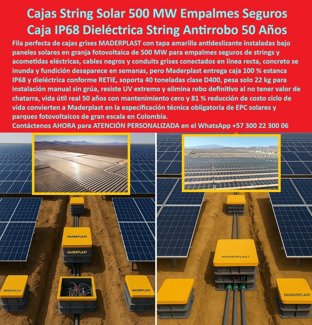 Strings Pozos Parques Solares Cajas Fotovoltaicas Caja Energía Solar Maderplast La imagen muestra una granja solar de escala industrial con filas de paneles fotovoltaicos perfectamente alineados y zanjas rectas que atraviesan el terreno con orden técnico. Dentro de cada zanja aparecen cajas grises con tapa amarilla antideslizante, conectadas mediante conductos rectos que alojan empalmes de strings solares críticos para la continuidad de generación. Este punto subterráneo, invisible para muchos decisores, es donde históricamente se abre la verdadera Caja de Pandora de los proyectos solares: concreto que se inunda, metal que se corroe, registros que fallan, robos por valor de chatarra y empalmes que, tarde o temprano, generan paradas no programadas. En ese escenario, la diferencia no está en reaccionar al problema, sino en anticiparlo. Allí es donde Maderplast redefine el estándar con la caja string solar Maderplast diseñada específicamente para parques fotovoltaicos de gran escala. Mientras otras soluciones parecen correctas el día de la entrega, pero esconden fallas futuras, la caja empalmes fotovoltaicos IP68 de Maderplast actúa como el cierre definitivo de esa Caja de Pandora. Su hermeticidad real mantiene secos los empalmes strings solares seguros incluso bajo lluvias intensas, suelos saturados y arena permanente. La caja solar subterránea antirrobo elimina de raíz el vandalismo al no tener valor de chatarra, algo crítico en parques solares remotos. A diferencia del concreto, esta caja solar sin concreto no tiene fisura, no absorbe humedad y no pierde integridad estructural con el tiempo. A diferencia del metal, la caja fotovoltaica dieléctrica RETIE mantiene aislamiento eléctrico permanente y elimina la corrosión como causa de falla. En proyectos utility scale, la exigencia es mayor. Por eso la caja string solar 40 toneladas, clase D400, soporta tráfico y operación pesada sin comprometer la estanqueidad, mientras su peso optimizado permite instalación manual, acelerando cronogramas EPC. Esta caja string solar D400 está diseñada para resistir radiación UV extrema, convirtiéndo en una caja solar resistente UV extremo que mantiene estabilidad dimensional durante décadas. El resultado es una caja empalme solar sin mantenimiento que protege empalmes solares sin corrosión y reduce intervenciones correctivas que afectan el flujo de caja del proyecto. Desde la óptica financiera y operativa, la diferencia es contundente. Cada registro solar estanco IP68 de Maderplast se traduce en una caja string solar ahorro ciclo vida, con reducciones comprobables frente a soluciones tradicionales. Por eso, en cajas fotovoltaicas a gran escala, EPCs y operadores prefieren una caja solar industrial Maderplast que estandariza la infraestructura y permite crecer en kilómetros de red sin sorpresas. La cámara solar subterránea plástica y el registro solar plástico Maderplast se integran como solución empalmes solares Maderplast pensada para continuidad operativa real. En la práctica, esta caja solar para parques fotovoltaicos y caja solar para granjas fotovoltaicas no solo resuelve empalmes fotovoltaicos enterrados, sino que ordena la red, mejora la seguridad eléctrica y protege la inversión. No es casual que ingenieros EPC hablen de empalmes solares de larga vida cuando se refieren a estas soluciones. Cada caja solar enterrada IP68 es una decisión consciente de anticiparse al problema, no de enfrentarlo después. Como lo resume Javier Ríos, Ingeniero EPC Solar Utility Scale, en proyectos solares de gran escala sufrimos inundaciones y robos en cámaras de concreto, pero con Maderplast instalamos cajas string IP68 que permanecen secas y seguras incluso en climas extremos, eliminamos vandalismo, bajamos mantenimiento y aceleramos la instalación, logrando continuidad de generación frente al metal y al concreto. Esa experiencia resume el fondo del mensaje: las demás cajas abrirán problemas que usted deberá gestionar en el futuro; la caja string solar Maderplast cierra esa Caja de Pandora desde el diseño. No es solo una caja, es una estrategia técnica que protege generación, cronograma y rentabilidad durante toda la vida del parque solar. Cuando se trata de strings, pozos, parques solares y empalmes fotovoltaicos críticos, Maderplast es el fabricante que convierte riesgos ocultos en infraestructura confiable, anticipando los problemas que otros materiales inevitablemente traerán. 0 caja string solar 500 MW empalmes seguros, caja empalmes fotovoltaica IP68, caja acometida solar 40 toneladas D400, caja string granja solar 81 % ahorro caja Retie Strings Pozos Parques Solares Cajas Fotovoltaicas Caja Energía Solar Maderplast 0 caja string solar 500 MW empalmes seguros caja empalmes fotovoltaica IP68 caja acometida solar 40 toneladas D400 caja string granja solar 81 ahorro caja Retie La imagen muestra una granja solar de escala industrial con filas de paneles fotovoltaicos perfectamente alineados y zanjas rectas que atraviesan el terreno con orden técnico. Dentro de cada zanja aparecen cajas grises con tapa amarilla antideslizante, conectadas mediante conductos rectos que alojan empalmes de strings solares críticos para la continuidad de generación. Este punto subterráneo, invisible para muchos decisores, es donde históricamente se abre la verdadera Caja de Pandora de los proyectos solares: concreto que se inunda, metal que se corroe, registros que fallan, robos por valor de chatarra y empalmes que, tarde o temprano, generan paradas no programadas. En ese escenario, la diferencia no está en reaccionar al problema, sino en anticiparlo. Allí es donde Maderplast redefine el estándar con la caja string solar Maderplast diseñada específicamente para parques fotovoltaicos de gran escala. Mientras otras soluciones parecen correctas el día de la entrega, pero esconden fallas futuras, la caja empalmes fotovoltaicos IP68 de Maderplast actúa como el cierre definitivo de esa Caja de Pandora. Su hermeticidad real mantiene secos los empalmes strings solares seguros incluso bajo lluvias intensas, suelos saturados y arena permanente. La caja solar subterránea antirrobo elimina de raíz el vandalismo al no tener valor de chatarra, algo crítico en parques solares remotos. A diferencia del concreto, esta caja solar sin concreto no tiene fisura, no absorbe humedad y no pierde integridad estructural con el tiempo. A diferencia del metal, la caja fotovoltaica dieléctrica RETIE mantiene aislamiento eléctrico permanente y elimina la corrosión como causa de falla. En proyectos utility scale, la exigencia es mayor. Por eso la caja string solar 40 toneladas, clase D400, soporta tráfico y operación pesada sin comprometer la estanqueidad, mientras su peso optimizado permite instalación manual, acelerando cronogramas EPC. Esta caja string solar D400 está diseñada para resistir radiación UV extrema, convirtiéndo en una caja solar resistente UV extremo que mantiene estabilidad dimensional durante décadas. El resultado es una caja empalme solar sin mantenimiento que protege empalmes solares sin corrosión y reduce intervenciones correctivas que afectan el flujo de caja del proyecto. Desde la óptica financiera y operativa, la diferencia es contundente. Cada registro solar estanco IP68 de Maderplast se traduce en una caja string solar ahorro ciclo vida, con reducciones comprobables frente a soluciones tradicionales. Por eso, en cajas fotovoltaicas a gran escala, EPCs y operadores prefieren una caja solar industrial Maderplast que estandariza la infraestructura y permite crecer en kilómetros de red sin sorpresas. La cámara solar subterránea plástica y el registro solar plástico Maderplast se integran como solución empalmes solares Maderplast pensada para continuidad operativa real. En la práctica, esta caja solar para parques fotovoltaicos y caja solar para granjas fotovoltaicas no solo resuelve empalmes fotovoltaicos enterrados, sino que ordena la red, mejora la seguridad eléctrica y protege la inversión. No es casual que ingenieros EPC hablen de empalmes solares de larga vida cuando se refieren a estas soluciones. Cada caja solar enterrada IP68 es una decisión consciente de anticiparse al problema, no de enfrentarlo después. Como lo resume Javier Ríos, Ingeniero EPC Solar Utility Scale, en proyectos solares de gran escala sufrimos inundaciones y robos en cámaras de concreto, pero con Maderplast instalamos cajas string IP68 que permanecen secas y seguras incluso en climas extremos, eliminamos vandalismo, bajamos mantenimiento y aceleramos la instalación, logrando continuidad de generación frente al metal y al concreto. Esa experiencia resume el fondo del mensaje: las demás cajas abrirán problemas que usted deberá gestionar en el futuro; la caja string solar Maderplast cierra esa Caja de Pandora desde el diseño. No es solo una caja, es una estrategia técnica que protege generación, cronograma y rentabilidad durante toda la vida del parque solar. Cuando se trata de strings, pozos, parques solares y empalmes fotovoltaicos críticos, Maderplast es el fabricante que convierte riesgos ocultos en infraestructura confiable, anticipando los problemas que otros materiales inevitablemente traerán.