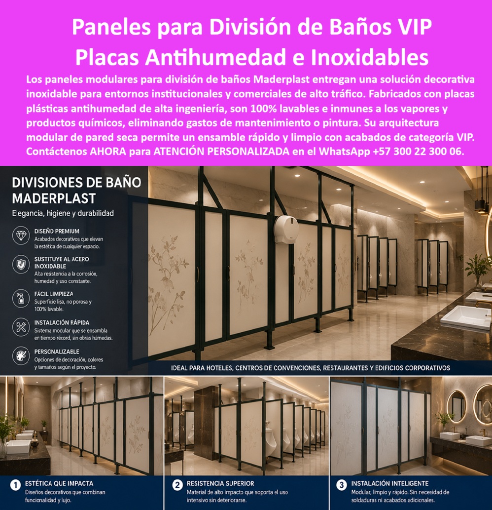 Division Baños Decorativo Placa Inoxidable Antihumedad Maderplast Placa Decorativa para Muros y Paredes VIP Divisiones Modulares Lavables Paneles Antihumedad para Divisiones Paneles Plásticos para Paredes Secas Panel Sistema de Baños