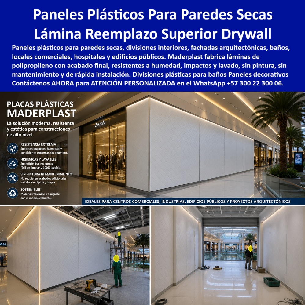 Divisiones Modulares Paneles Fachada Exteriores Antihumedad Maderplast panel fachadas Paneles Plásticos Paredes Secas Láminas Plásticas Baños y Divisiones Tableros Reemplazo de Drywall Paredes Seca con Acabado Final Paredes secas PP