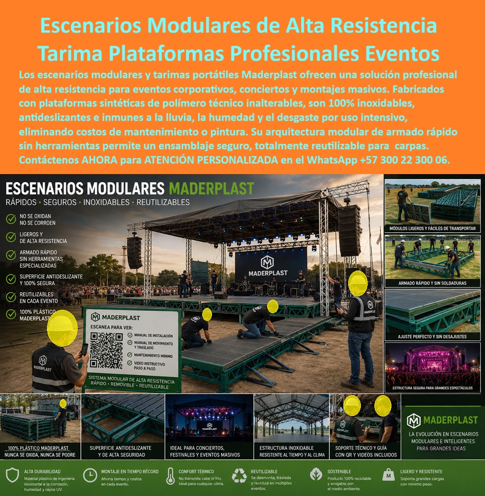 Escenarios Arquitectónicos Modulares Tarimas Eventos Portátil Maderplast Escenarios Modulares de Alta Resistencia Escenarios Tarimas prefabricadas desarmables inmunes a la intemperie y corrosión Sistemas de tarimas portátiles