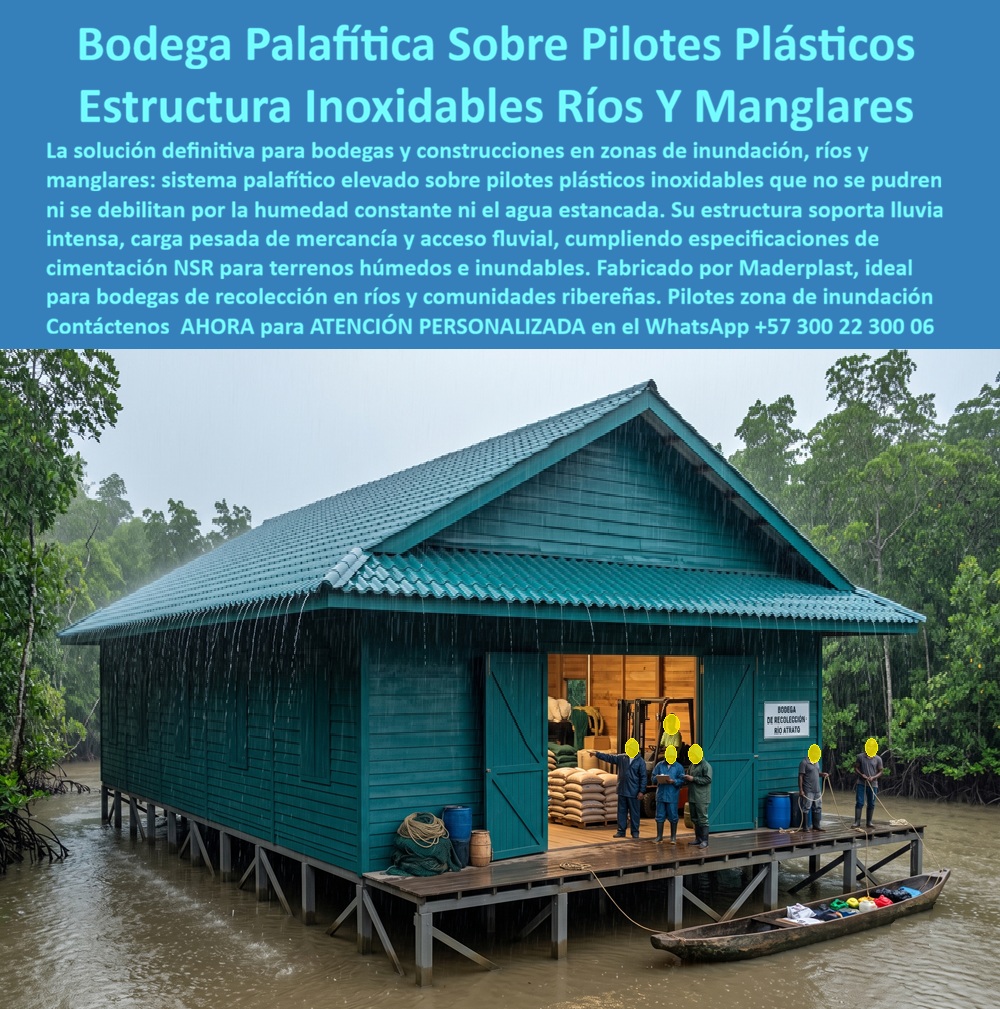Estructura Palafítica Construcciones Elevadas Sobre Pilotes Maderplast Estructura sobre pilotes zonas de inundación Pilotes plásticos inoxidables ambientes marinos Sistema palafítico plástico terrenos húmedos pilotes Cimentación NSR