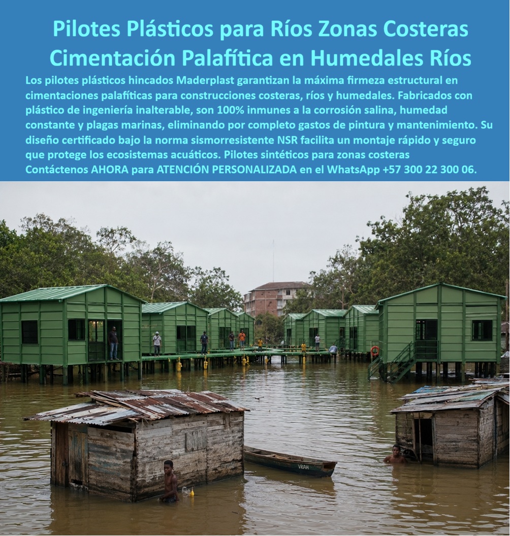 Estructura Palafítica Construcciones Elevadas Sobre Pilotes Maderplast Pilotes plásticos hincados construcciones costeras Sistema de cimentación palafítica en plástico pilotes ríos Estructuras Elevadas Humedales Ríos y Costas NSR
