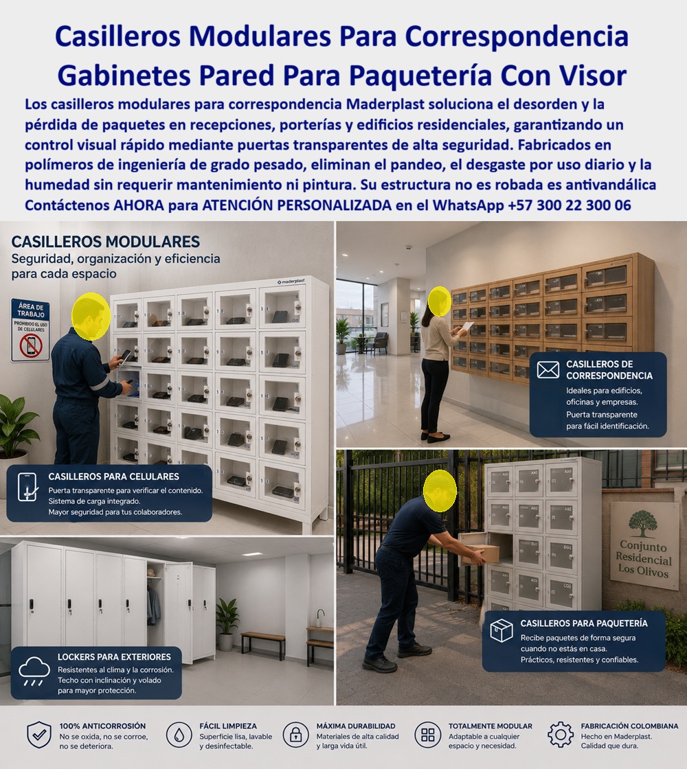 Casillas Para Recibir Paquetes Y Documentos Casilleros Recepción Maderplast - Casilleros Para Correspondencia y Paquetería Segura Vea En Este Archivo Fotográfico:Casilleros para correspondencia y paquetería Maderplast organizan documentos, encomiendas, celulares y objetos personales en recepciones, porterías, conjuntos residenciales, oficinas y empresas, con compartimientos individuales, puertas transparentes para control visual y fabricación modular en plástico resistente a humedad y corrosión. Los casilleros para recibir paquetes y documentos que muestra la imagen convierten una recepción organizada en un punto controlado para entregar, identificar y custodiar temporalmente correspondencia. La composición permite reconocer diferentes configuraciones de casilleros modulares, desde gabinetes con puertas transparentes para visualizar el contenido hasta módulos instalados en porterías residenciales y soluciones de mayor capacidad para objetos personales. Esta versatilidad convierte el sistema en una alternativa práctica para quien busca casilleros para correspondencia, lockers para paquetería, casilleros para recepción, casilleros para portería o muebles para correspondencia sin depender de estructuras metálicas expuestas al deterioro por humedad. En edificios donde diariamente llegan sobres, compras por internet, mensajería y encomiendas, los casilleros para edificios residenciales permiten separar las entregas por apartamento, usuario o dependencia, disminuyendo confusiones y evitando paquetes acumulados sobre escritorios o pisos. Para empresas, los casilleros para oficinas y lockers para empresas facilitan organizar documentos y entregas internas; para vigilancia y recepción, los gabinetes de correspondencia con visor permite comprobar visualmente la ocupación del compartimiento sin abrir innecesariamente cada puerta. Precisamente allí la puerta transparente aporta un beneficio operacional: identificación rápida, orden y mejor trazabilidad visual. La misma arquitectura modular puede adaptarse como casilleros para celulares, lockers para objetos personales, casilleros con llave o casilleros con candado, según el proyecto y el sistema de cierre especificado. Cuando el comprador necesita saber dónde conseguir lockers plásticos a medida, Maderplast puede estudiar dimensiones, número de compartimientos, distribución, color, ubicación y aplicación para desarrollar una solución específica. La fabricación modular también permite proyectar casilleros plásticos para empresas y casilleros de seguridad de acuerdo con la capacidad realmente requerida, evitando comprar muebles que desperdicien espacio o resulten insuficientes pocos meses después. Una diferencia especialmente importante aparece cuando estos equipos trabajan cerca de accesos, zonas húmedas o ambientes donde el metal exige protección superficial: los casilleros anticorrosivos y lockers resistentes a la humedad fabricados en materiales plásticos eliminan el problema propio de la oxidación del acero. Esto resulta relevante para compradores que inicialmente buscan lockers metálicos, pero cuyo verdadero objetivo no es comprar metal sino obtener almacenamiento organizado, durable y funcional. El criterio correcto de compra debe contemplar el costo total de propiedad: mantenimiento, pintura, reparación, reposición, limpieza, interrupciones y vida útil pueden valer mucho más que una diferencia inicial de precio. Para administradores, arquitectos y departamentos de compras, el valor de estos casilleros plásticos Colombia está en combinar organización, modularidad, presentación y fabricación especializada. Maderplast desarrolla soluciones para proyectos que requieren cotización, personalización, planos, renders, prototipos o producción en serie. La fotografía evidencia además una ventaja comercial importante: una misma tecnología puede configurarse como correspondencia residencial, paquetería, custodia de celulares o almacenamiento personal, permitiendo que el diseño responda al uso y no que el usuario tenga que adaptarse a un gabinete genérico. La decisión técnica debe basarse en evidencia y no únicamente en promesas comerciales. Maderplast dispone de experiencia en plásticos técnicos y material audiovisual de pruebas de sus productos; cuando un proyecto requiere parámetros específicos, estos deben definirse y respaldarse según la aplicación antes de aprobar la compra. Así se reduce el riesgo para quien especifica, compra o administra el activo y se transforma el locker en una solución proyectada para trabajar durante años, no simplemente en el mueble de menor precio inicial. El prompt de esta página precisamente establece que el cierre técnico debe disminuir el riesgo percibido por el responsable de aprobar la adquisición. Cuando la necesidad sea recibir paquetes de forma segura, organizar correspondencia, controlar pertenencias o desarrollar un sistema modular para una recepción, Maderplast puede diseñar y fabricar el producto conforme al espacio y al funcionamiento requerido. La verdadera economía está en comprar una solución que reduzca problemas posteriores, conserve una buena presentación y responda técnicamente al uso previsto. Casilleros para paquetería y correspondencia Maderplast convierten un problema cotidiano de recepción y custodia en una solución organizada, adaptable y profesional. Contáctenos AHORA para ATENCIÓN PERSONALIZADA en el WhatsApp +57 300 22 300 06.Gabinetes Correspondencia Con Puertas Transparentes Seguras, Casilleros correspondencia en edificios residenciales, Muebles correspondencia en recepción Casillas A Casillas Para Recibir Paquetes Y Documentos Casilleros Recepción Maderplast Gabinetes Correspondencia Con Puertas Transparentes Seguras Casilleros correspondencia en edificios residenciales Muebles correspondencia en recepción Casillas A Casilleros Para Correspondencia y Paquetería Segura Vea En Este Archivo Fotográfico:Casilleros para correspondencia y paquetería Maderplast organizan documentos, encomiendas, celulares y objetos personales en recepciones, porterías, conjuntos residenciales, oficinas y empresas, con compartimientos individuales, puertas transparentes para control visual y fabricación modular en plástico resistente a humedad y corrosión. Los casilleros para recibir paquetes y documentos que muestra la imagen convierten una recepción organizada en un punto controlado para entregar, identificar y custodiar temporalmente correspondencia. La composición permite reconocer diferentes configuraciones de casilleros modulares, desde gabinetes con puertas transparentes para visualizar el contenido hasta módulos instalados en porterías residenciales y soluciones de mayor capacidad para objetos personales. Esta versatilidad convierte el sistema en una alternativa práctica para quien busca casilleros para correspondencia, lockers para paquetería, casilleros para recepción, casilleros para portería o muebles para correspondencia sin depender de estructuras metálicas expuestas al deterioro por humedad. En edificios donde diariamente llegan sobres, compras por internet, mensajería y encomiendas, los casilleros para edificios residenciales permiten separar las entregas por apartamento, usuario o dependencia, disminuyendo confusiones y evitando paquetes acumulados sobre escritorios o pisos. Para empresas, los casilleros para oficinas y lockers para empresas facilitan organizar documentos y entregas internas; para vigilancia y recepción, los gabinetes de correspondencia con visor permite comprobar visualmente la ocupación del compartimiento sin abrir innecesariamente cada puerta. Precisamente allí la puerta transparente aporta un beneficio operacional: identificación rápida, orden y mejor trazabilidad visual. La misma arquitectura modular puede adaptarse como casilleros para celulares, lockers para objetos personales, casilleros con llave o casilleros con candado, según el proyecto y el sistema de cierre especificado. Cuando el comprador necesita saber dónde conseguir lockers plásticos a medida, Maderplast puede estudiar dimensiones, número de compartimientos, distribución, color, ubicación y aplicación para desarrollar una solución específica. La fabricación modular también permite proyectar casilleros plásticos para empresas y casilleros de seguridad de acuerdo con la capacidad realmente requerida, evitando comprar muebles que desperdicien espacio o resulten insuficientes pocos meses después. Una diferencia especialmente importante aparece cuando estos equipos trabajan cerca de accesos, zonas húmedas o ambientes donde el metal exige protección superficial: los casilleros anticorrosivos y lockers resistentes a la humedad fabricados en materiales plásticos eliminan el problema propio de la oxidación del acero. Esto resulta relevante para compradores que inicialmente buscan lockers metálicos, pero cuyo verdadero objetivo no es comprar metal sino obtener almacenamiento organizado, durable y funcional. El criterio correcto de compra debe contemplar el costo total de propiedad: mantenimiento, pintura, reparación, reposición, limpieza, interrupciones y vida útil pueden valer mucho más que una diferencia inicial de precio. Para administradores, arquitectos y departamentos de compras, el valor de estos casilleros plásticos Colombia está en combinar organización, modularidad, presentación y fabricación especializada. Maderplast desarrolla soluciones para proyectos que requieren cotización, personalización, planos, renders, prototipos o producción en serie. La fotografía evidencia además una ventaja comercial importante: una misma tecnología puede configurarse como correspondencia residencial, paquetería, custodia de celulares o almacenamiento personal, permitiendo que el diseño responda al uso y no que el usuario tenga que adaptarse a un gabinete genérico. La decisión técnica debe basarse en evidencia y no únicamente en promesas comerciales. Maderplast dispone de experiencia en plásticos técnicos y material audiovisual de pruebas de sus productos; cuando un proyecto requiere parámetros específicos, estos deben definirse y respaldarse según la aplicación antes de aprobar la compra. Así se reduce el riesgo para quien especifica, compra o administra el activo y se transforma el locker en una solución proyectada para trabajar durante años, no simplemente en el mueble de menor precio inicial. El prompt de esta página precisamente establece que el cierre técnico debe disminuir el riesgo percibido por el responsable de aprobar la adquisición. Cuando la necesidad sea recibir paquetes de forma segura, organizar correspondencia, controlar pertenencias o desarrollar un sistema modular para una recepción, Maderplast puede diseñar y fabricar el producto conforme al espacio y al funcionamiento requerido. La verdadera economía está en comprar una solución que reduzca problemas posteriores, conserve una buena presentación y responda técnicamente al uso previsto. Casilleros para paquetería y correspondencia Maderplast convierten un problema cotidiano de recepción y custodia en una solución organizada, adaptable y profesional. Contáctenos AHORA para ATENCIÓN PERSONALIZADA en el WhatsApp +57 300 22 300 06.