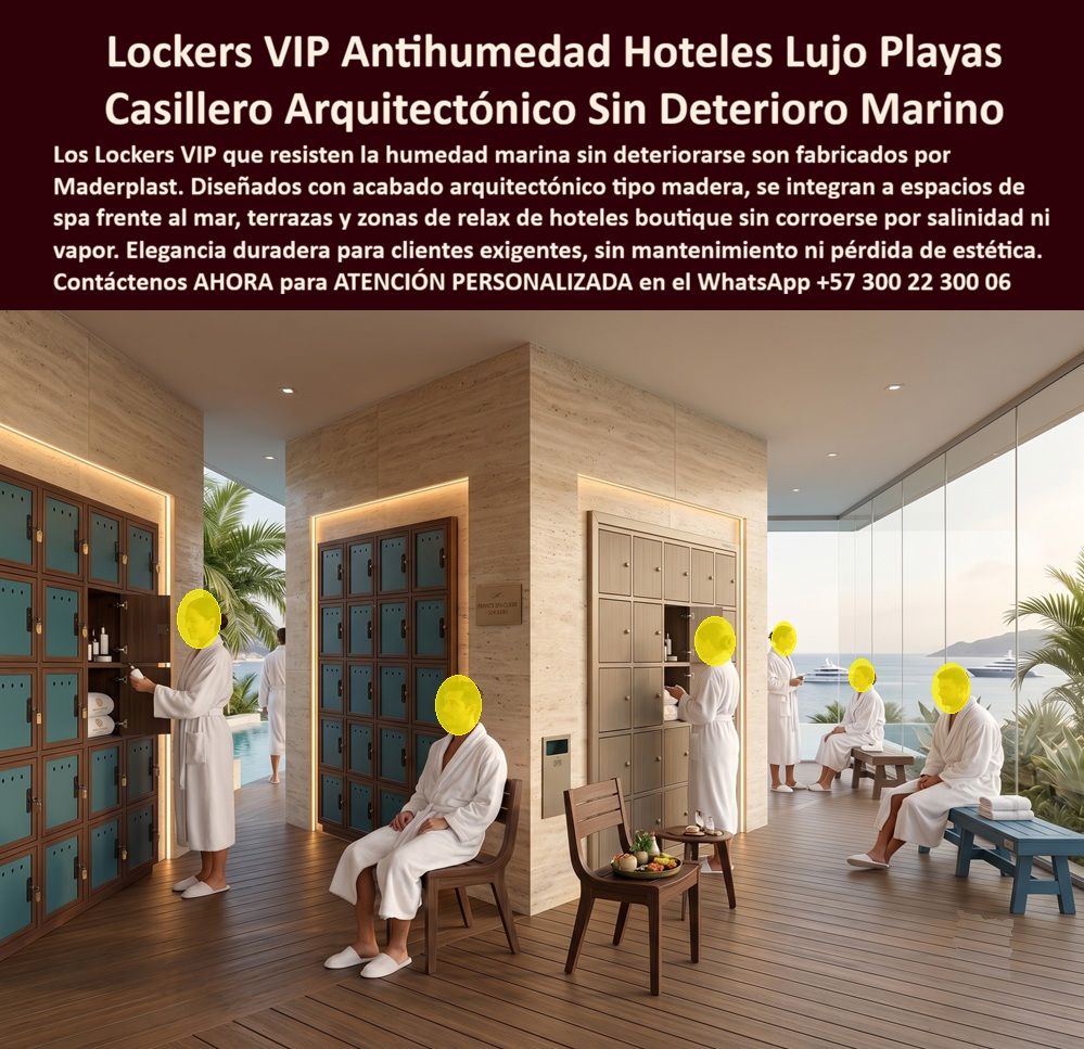 Casilleros Centros Wellness Guardarropa Ejecutivo De Lujo Lockers Maderplast - Lockers VIP Para Hoteles Spa y Wellness Nuestra Foto Prueba el Caso de Éxito de: Lockers VIP para hoteles y centros wellness Maderplast combinan diseño arquitectónico, privacidad y resistencia a humedad en guardarropas premium para spa, jacuzzi, playa y zonas de relax, con acabados personalizados que conservan la imagen de espacios exclusivos sin los problemas de corrosión del mobiliario metálico. Los lockers VIP para hoteles de lujo que protagonizan la imagen están integrados arquitectónicamente a un área wellness frente al mar, donde huéspedes en bata utilizan compartimientos individuales para guardar ropa y pertenencias antes de disfrutar del spa, piscina o zona de relajación. Esta aplicación responde a quienes buscan casilleros para centros wellness, lockers para spa, guardarropas ejecutivos de lujo, casilleros para hoteles y lockers premium para clientes VIP, donde la funcionalidad debe acompañar la experiencia y la estética del establecimiento. En hotelería de alto nivel, un locker no puede parecer simplemente un mueble industrial. Los casilleros arquitectónicos premium deben integrarse con revestimientos, iluminación, pisos y diseño interior, ofreciendo una presentación coherente con la categoría del hotel. Maderplast puede desarrollar lockers personalizados para hoteles en dimensiones, distribuciones, colores y acabados que armonizan con diferentes conceptos arquitectónicos, desde ambientes contemporáneos hasta apariencias cálidas inspiradas en madera. La exigencia aumenta en instalaciones costeras. Los lockers antihumedad para hoteles, casilleros para zonas de playa y guardarropas para ambientes marinos trabajan cerca de vapor, humedad y atmósferas salinas que pueden acelerar el deterioro de materiales susceptibles a corrosión. Una solución plástica correctamente especificada evita la oxidación característica del acero y permite desarrollar lockers anticorrosivos para spa destinados a condiciones donde conservar simultáneamente funcionamiento y apariencia resulta fundamental. La misma tecnología puede aplicarse en lockers para jacuzzi, casilleros para piscinas de hotel, guardarropas para resorts, lockers para clubes exclusivos y casilleros para zonas de relax. Compartimientos, ventilación, sistemas de cierre y dimensiones pueden configurarse según batas, bolsos, calzado, toallas y objetos personales que utilizará realmente el huésped. Para arquitectos, hoteleros y compradores, el costo total de propiedad incluye mucho más que el precio inicial: mantenimiento, reparaciones, corrosión, reposición y pérdida de apariencia afectan directamente la percepción del visitante. Los lockers de alta gama para hoteles deben conservar la experiencia visual que el establecimiento promete, porque un vestidor deteriorado puede desentonar con una inversión arquitectónica de alto nivel. Maderplast diseña, desarrolla y fabrica lockers plásticos de diseño arquitectónico a medida, con posibilidades de personalización, planos, renders, prototipos y producción para proyectos hoteleros. Así, el guardarropa premium para wellness se convierte en parte de la experiencia del huésped: organización, privacidad, estética y durabilidad reunidas en una solución diseñada para ambientes exigentes. Contáctenos AHORA para ATENCIÓN PERSONALIZADA en el WhatsApp +57 300 22 300 06. Roperos premium para jacuzzis y zonas de relax, Lockers De Alto Estándar Para Clientes VIP, Lockers VIP antihumedad para hoteles de lujo, Casillero Arquitectónico Casilleros Centros Wellness Guardarropa Ejecutivo De Lujo Lockers Maderplast Roperos premium para jacuzzis y zonas de relax Lockers De Alto Estándar Para Clientes VIP Lockers VIP antihumedad para hoteles de lujo Casillero Arquitectónico Lockers VIP Para Hoteles Spa y Wellness Nuestra Foto Prueba el Caso de Éxito de: Lockers VIP para hoteles y centros wellness Maderplast combinan diseño arquitectónico, privacidad y resistencia a humedad en guardarropas premium para spa, jacuzzi, playa y zonas de relax, con acabados personalizados que conservan la imagen de espacios exclusivos sin los problemas de corrosión del mobiliario metálico. Los lockers VIP para hoteles de lujo que protagonizan la imagen están integrados arquitectónicamente a un área wellness frente al mar, donde huéspedes en bata utilizan compartimientos individuales para guardar ropa y pertenencias antes de disfrutar del spa, piscina o zona de relajación. Esta aplicación responde a quienes buscan casilleros para centros wellness, lockers para spa, guardarropas ejecutivos de lujo, casilleros para hoteles y lockers premium para clientes VIP, donde la funcionalidad debe acompañar la experiencia y la estética del establecimiento. En hotelería de alto nivel, un locker no puede parecer simplemente un mueble industrial. Los casilleros arquitectónicos premium deben integrarse con revestimientos, iluminación, pisos y diseño interior, ofreciendo una presentación coherente con la categoría del hotel. Maderplast puede desarrollar lockers personalizados para hoteles en dimensiones, distribuciones, colores y acabados que armonizan con diferentes conceptos arquitectónicos, desde ambientes contemporáneos hasta apariencias cálidas inspiradas en madera. La exigencia aumenta en instalaciones costeras. Los lockers antihumedad para hoteles, casilleros para zonas de playa y guardarropas para ambientes marinos trabajan cerca de vapor, humedad y atmósferas salinas que pueden acelerar el deterioro de materiales susceptibles a corrosión. Una solución plástica correctamente especificada evita la oxidación característica del acero y permite desarrollar lockers anticorrosivos para spa destinados a condiciones donde conservar simultáneamente funcionamiento y apariencia resulta fundamental. La misma tecnología puede aplicarse en lockers para jacuzzi, casilleros para piscinas de hotel, guardarropas para resorts, lockers para clubes exclusivos y casilleros para zonas de relax. Compartimientos, ventilación, sistemas de cierre y dimensiones pueden configurarse según batas, bolsos, calzado, toallas y objetos personales que utilizará realmente el huésped. Para arquitectos, hoteleros y compradores, el costo total de propiedad incluye mucho más que el precio inicial: mantenimiento, reparaciones, corrosión, reposición y pérdida de apariencia afectan directamente la percepción del visitante. Los lockers de alta gama para hoteles deben conservar la experiencia visual que el establecimiento promete, porque un vestidor deteriorado puede desentonar con una inversión arquitectónica de alto nivel. Maderplast diseña, desarrolla y fabrica lockers plásticos de diseño arquitectónico a medida, con posibilidades de personalización, planos, renders, prototipos y producción para proyectos hoteleros. Así, el guardarropa premium para wellness se convierte en parte de la experiencia del huésped: organización, privacidad, estética y durabilidad reunidas en una solución diseñada para ambientes exigentes. Contáctenos AHORA para ATENCIÓN PERSONALIZADA en el WhatsApp +57 300 22 300 06.