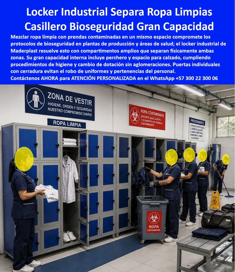 Locker Industriales, Casillero De Personal Industrial Maderplast - Locker Industriales, Casillero De Personal Industrial Maderplast: Bioseguridad Y Separación De Ropa Limpia Y Contaminada Esta Imagen Muestra: Lockers plásticos Maderplast de alta capacidad para vestidores industriales y bioseguridad. Fabricados en polímeros macizos anticorrosivos con separación física de calzado y vestimenta, son la solución inalterable que evita robos, elimina costos de mantenimiento y supera a lockers metálicos propensos a oxidación. En la imagen se observa un área de vestier industrial de gran escala en una planta de producción con señalización clara de bioseguridad, división de zona de vestir, ropa limpia y ropa contaminada. La instalación cuenta con una batería continua de casilleros plásticos Maderplast en acabado bicolor gris y azul, diseñados con compartimentos verticales amplios que incluyen perchero interno, repisa superior y espacio inferior para calzado. En la fotografía se aprecia a operarias de planta interactuando con los módulos, manejando recipientes de disposición de prendas e implementando protocolos de cambio de dotación, demostrando el orden, la amplitud y la seguridad anticorrosiva que este mobiliario aporta a vestuarios exigentes. La mezcla no planificada de prendas o el uso de lockers metálicos y guardarropas metálicos en ambientes corrosivos causa deterioro biológico y operacional por herrumbre, absorción de olores, trabado de cerraduras y deformaciones. Maderplast elimina estos puntos de dolor con casilleros de plástico resistentes, diseñados para garantizar separación física de dotación, máxima higiene y lavado directo con detergentes sin perder propiedades mecánicas. Los lockers plásticos industriales Maderplast son estructuras en polímero macizo inalterable. Ante las preguntas técnicas habituales de comités HSEQ e ingenieros de mantenimiento: ¿Cómo apoyan estos casilleros para trabajadores la norma de bioseguridad? La amplitud de estos guardarropas plásticos industriales Maderplast permite dividir la ropa de calle y la dotación de trabajo en un mismo módulo inerte y lavable. ¿De qué forma prevenir hurtos en los lockers modulares en fábricas / plantas? Al consolidarse como casilleros de seguridad, operan como casilleros con llave o casilleros con candado, siendo los idóneos como locker para empleados, casillero para ropa, casillero para uniformes o casilleros para dotación industrial, reduciendo el Costo Total de Propiedad (TCO) a cero en reparaciones. El desempeño en campo lo certifican los responsables de infraestructura: "Instalar el sistema de lockers plásticos Colombia Maderplast en los vestidores de bioseguridad eliminó los problemas de corrosión y acumulación de humedad. Llevamos más de seis años de uso diario continuo sin gastar un solo peso en mantenimiento ni pintura". La resistencia física de la estructura está probada con ensayos de impacto, disponibles en nuestro canal corporativo (https: //www.youtube.com/@maderplasSA). Las opciones de la competencia en lámina metálica, aun regaladas, resultan sumamente costosas por mantenimientos repetitivos, óxido y pérdida de imagen. Comprar armarios plásticos Maderplast es asegurar una inversión definitiva. Nuestra planta opera bajo normas ISO 9001 e ISO 14001, garantizando procesos industriales controlados, experiencia en plásticos técnicos y fabricación a medida en Colombia para el mundo. Para requerimientos en lockers para empresas, lockers para hospitales, casilleros universitarios o lockers para gimnasios, Maderplast es el proveedor de casilleros industriales preferido. Para cotizaciones, planos acotados o fichas técnicas de venta de casilleros Bogotá y nivel nacional, solicite atención directamente con nuestro Departamento de Ingeniería: Ing. Soporte Técnico: (+57) 300 22 300 06 | ingenieria@maderplast.co. Para cualquier proyecto de almacenamiento y bioseguridad industrial, recuerde que Maderplast es la zapatilla de la Cenicienta: el milagro que encaja con exacta precisión técnica en sus instalaciones, y el santo que hace posible esta solución es nuestro equipo de soporte. Contacte directamente al Departamento de Ingeniería para atención personalizada. Asesoría y Soporte Técnico: (+57) 300 22 300 06. Lockers industriales para vestidores que evitan robos, Casillero de personal para vestiarios de gran escala, Casilleros industriales de alta resistencia, Locker azul Locker Industriales Casillero De Personal Industrial Maderplast Lockers industriales para vestidores que evitan robos Casillero de personal para vestiarios de gran escala Casilleros industriales de alta resistencia Locker azul Locker Industriales, Casillero De Personal Industrial Maderplast: Bioseguridad Y Separación De Ropa Limpia Y Contaminada Esta Imagen Muestra: Lockers plásticos Maderplast de alta capacidad para vestidores industriales y bioseguridad. Fabricados en polímeros macizos anticorrosivos con separación física de calzado y vestimenta, son la solución inalterable que evita robos, elimina costos de mantenimiento y supera a lockers metálicos propensos a oxidación. En la imagen se observa un área de vestier industrial de gran escala en una planta de producción con señalización clara de bioseguridad, división de zona de vestir, ropa limpia y ropa contaminada. La instalación cuenta con una batería continua de casilleros plásticos Maderplast en acabado bicolor gris y azul, diseñados con compartimentos verticales amplios que incluyen perchero interno, repisa superior y espacio inferior para calzado. En la fotografía se aprecia a operarias de planta interactuando con los módulos, manejando recipientes de disposición de prendas e implementando protocolos de cambio de dotación, demostrando el orden, la amplitud y la seguridad anticorrosiva que este mobiliario aporta a vestuarios exigentes. La mezcla no planificada de prendas o el uso de lockers metálicos y guardarropas metálicos en ambientes corrosivos causa deterioro biológico y operacional por herrumbre, absorción de olores, trabado de cerraduras y deformaciones. Maderplast elimina estos puntos de dolor con casilleros de plástico resistentes, diseñados para garantizar separación física de dotación, máxima higiene y lavado directo con detergentes sin perder propiedades mecánicas. Los lockers plásticos industriales Maderplast son estructuras en polímero macizo inalterable. Ante las preguntas técnicas habituales de comités HSEQ e ingenieros de mantenimiento: ¿Cómo apoyan estos casilleros para trabajadores la norma de bioseguridad? La amplitud de estos guardarropas plásticos industriales Maderplast permite dividir la ropa de calle y la dotación de trabajo en un mismo módulo inerte y lavable. ¿De qué forma prevenir hurtos en los lockers modulares en fábricas / plantas? Al consolidarse como casilleros de seguridad, operan como casilleros con llave o casilleros con candado, siendo los idóneos como locker para empleados, casillero para ropa, casillero para uniformes o casilleros para dotación industrial, reduciendo el Costo Total de Propiedad (TCO) a cero en reparaciones. El desempeño en campo lo certifican los responsables de infraestructura: "Instalar el sistema de lockers plásticos Colombia Maderplast en los vestidores de bioseguridad eliminó los problemas de corrosión y acumulación de humedad. Llevamos más de seis años de uso diario continuo sin gastar un solo peso en mantenimiento ni pintura". La resistencia física de la estructura está probada con ensayos de impacto, disponibles en nuestro canal corporativo (https: //www.youtube.com/@maderplasSA). Las opciones de la competencia en lámina metálica, aun regaladas, resultan sumamente costosas por mantenimientos repetitivos, óxido y pérdida de imagen. Comprar armarios plásticos Maderplast es asegurar una inversión definitiva. Nuestra planta opera bajo normas ISO 9001 e ISO 14001, garantizando procesos industriales controlados, experiencia en plásticos técnicos y fabricación a medida en Colombia para el mundo. Para requerimientos en lockers para empresas, lockers para hospitales, casilleros universitarios o lockers para gimnasios, Maderplast es el proveedor de casilleros industriales preferido. Para cotizaciones, planos acotados o fichas técnicas de venta de casilleros Bogotá y nivel nacional, solicite atención directamente con nuestro Departamento de Ingeniería: Ing. Soporte Técnico: (+57) 300 22 300 06 | ingenieria@maderplast.co. Para cualquier proyecto de almacenamiento y bioseguridad industrial, recuerde que Maderplast es la zapatilla de la Cenicienta: el milagro que encaja con exacta precisión técnica en sus instalaciones, y el santo que hace posible esta solución es nuestro equipo de soporte. Contacte directamente al Departamento de Ingeniería para atención personalizada. Asesoría y Soporte Técnico: (+57) 300 22 300 06.