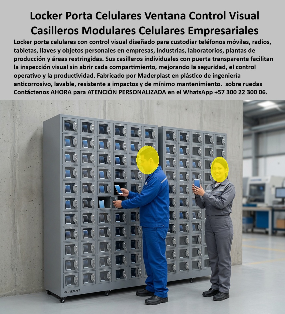 Locker Porta Celulares Control Visual Casilleros celulares Maderplast - Lockers Porta Celulares Con Control Visual Esta Foto Nos Muestra: Lockers porta celulares Maderplast custodian teléfonos, radios y pequeños objetos personales en compartimientos individuales con visor transparente, cierre independiente y configuración modular, ideales para fábricas, empresas, laboratorios y áreas donde se requiere control visual, orden y seguridad operacional. Los lockers porta celulares con control visual que protagonizan la imagen reúnen numerosos compartimientos individuales en dos módulos de alta capacidad, permitiendo almacenar el teléfono de cada trabajador de manera separada, identificable y organizada. Sus pequeñas puertas con ventana transparente convierten el sistema en una solución especialmente práctica para quienes buscan casilleros para celulares, lockers para teléfonos móviles, casilleros individuales para empleados, muebles para guardar celulares o lockers empresariales para celulares. En plantas productivas, laboratorios y áreas restringidas, el problema no consiste únicamente en guardar un teléfono: se necesita administrar decenas de dispositivos sin confusiones y permitir que cada usuario identifique rápidamente su compartimiento. Los casilleros celulares con visor transparente facilitan comprobar visualmente la presencia del dispositivo sin abrir cada puerta, mientras los lockers con cierre individual permiten mantener separadas las pertenencias. Numeración y asignación por usuario pueden complementar el procedimiento interno de custodia. Esta solución resulta especialmente útil como locker para líneas de producción, casillero para fábricas, locker para áreas restringidas, casillero para laboratorios y locker para personal industrial. Al concentrar numerosos teléfonos en poco espacio vertical, los casilleros modulares de alta capacidad aprovechan eficientemente el área disponible y ayudan a mantener celulares fuera de puestos donde puedan producir distracciones o donde las políticas internas restrinjan su utilización. La imagen muestra además una característica estratégica: la configuración sobre ruedas. Un casillero modular sobre ruedas puede trasladarse entre departamentos, líneas o zonas de trabajo cuando cambia la distribución del personal. Esta movilidad transforma el equipo en una estación móvil para celulares, evitando depender exclusivamente de un punto fijo de almacenamiento y facilitando su adaptación a operaciones dinámicas. Maderplast puede desarrollar lockers plásticos a medida modificando capacidad, dimensiones, cantidad de compartimientos, numeración, visores, colores y sistemas de cierre según las necesidades del proyecto. Para compras, HSEQ y responsables de planta, esta personalización permite especificar el producto alrededor del procedimiento operacional y no adaptar la operación a un locker genérico. Los lockers anticorrosivos para celulares aportan además la ventaja propia de una estructura plástica que no experimenta la oxidación característica del acero. La decisión debe evaluarse por costo total de propiedad, considerando mantenimiento, limpieza, reparaciones, movilidad y duración, además del precio inicial. Maderplast diseña, desarrolla y fabrica casilleros para custodia de celulares con opciones de planos, renders, prototipos, personalización y producción en serie. Así, el locker porta celulares industriales convierte la custodia de decenas de dispositivos en un procedimiento visible, organizado, móvil y controlable, aportando seguridad operacional y tranquilidad a trabajadores y empresas. Contáctenos AHORA para ATENCIÓN PERSONALIZADA en el WhatsApp +57 300 22 300 06. Casilleros individuales el celular de cada empleado con candado, Casillero modular sobre ruedas, fácil de mover entre áreas de la fábrica, Locker de Casilleros celulares Locker Porta Celulares Control Visual Casilleros celulares Maderplast Casilleros individuales el celular de cada empleado con candado Casillero modular sobre ruedas fácil de mover entre áreas de la fábrica Locker de Casilleros celulares Lockers Porta Celulares Con Control Visual Esta Foto Nos Muestra: Lockers porta celulares Maderplast custodian teléfonos, radios y pequeños objetos personales en compartimientos individuales con visor transparente, cierre independiente y configuración modular, ideales para fábricas, empresas, laboratorios y áreas donde se requiere control visual, orden y seguridad operacional. Los lockers porta celulares con control visual que protagonizan la imagen reúnen numerosos compartimientos individuales en dos módulos de alta capacidad, permitiendo almacenar el teléfono de cada trabajador de manera separada, identificable y organizada. Sus pequeñas puertas con ventana transparente convierten el sistema en una solución especialmente práctica para quienes buscan casilleros para celulares, lockers para teléfonos móviles, casilleros individuales para empleados, muebles para guardar celulares o lockers empresariales para celulares. En plantas productivas, laboratorios y áreas restringidas, el problema no consiste únicamente en guardar un teléfono: se necesita administrar decenas de dispositivos sin confusiones y permitir que cada usuario identifique rápidamente su compartimiento. Los casilleros celulares con visor transparente facilitan comprobar visualmente la presencia del dispositivo sin abrir cada puerta, mientras los lockers con cierre individual permiten mantener separadas las pertenencias. Numeración y asignación por usuario pueden complementar el procedimiento interno de custodia. Esta solución resulta especialmente útil como locker para líneas de producción, casillero para fábricas, locker para áreas restringidas, casillero para laboratorios y locker para personal industrial. Al concentrar numerosos teléfonos en poco espacio vertical, los casilleros modulares de alta capacidad aprovechan eficientemente el área disponible y ayudan a mantener celulares fuera de puestos donde puedan producir distracciones o donde las políticas internas restrinjan su utilización. La imagen muestra además una característica estratégica: la configuración sobre ruedas. Un casillero modular sobre ruedas puede trasladarse entre departamentos, líneas o zonas de trabajo cuando cambia la distribución del personal. Esta movilidad transforma el equipo en una estación móvil para celulares, evitando depender exclusivamente de un punto fijo de almacenamiento y facilitando su adaptación a operaciones dinámicas. Maderplast puede desarrollar lockers plásticos a medida modificando capacidad, dimensiones, cantidad de compartimientos, numeración, visores, colores y sistemas de cierre según las necesidades del proyecto. Para compras, HSEQ y responsables de planta, esta personalización permite especificar el producto alrededor del procedimiento operacional y no adaptar la operación a un locker genérico. Los lockers anticorrosivos para celulares aportan además la ventaja propia de una estructura plástica que no experimenta la oxidación característica del acero. La decisión debe evaluarse por costo total de propiedad, considerando mantenimiento, limpieza, reparaciones, movilidad y duración, además del precio inicial. Maderplast diseña, desarrolla y fabrica casilleros para custodia de celulares con opciones de planos, renders, prototipos, personalización y producción en serie. Así, el locker porta celulares industriales convierte la custodia de decenas de dispositivos en un procedimiento visible, organizado, móvil y controlable, aportando seguridad operacional y tranquilidad a trabajadores y empresas. Contáctenos AHORA para ATENCIÓN PERSONALIZADA en el WhatsApp +57 300 22 300 06.