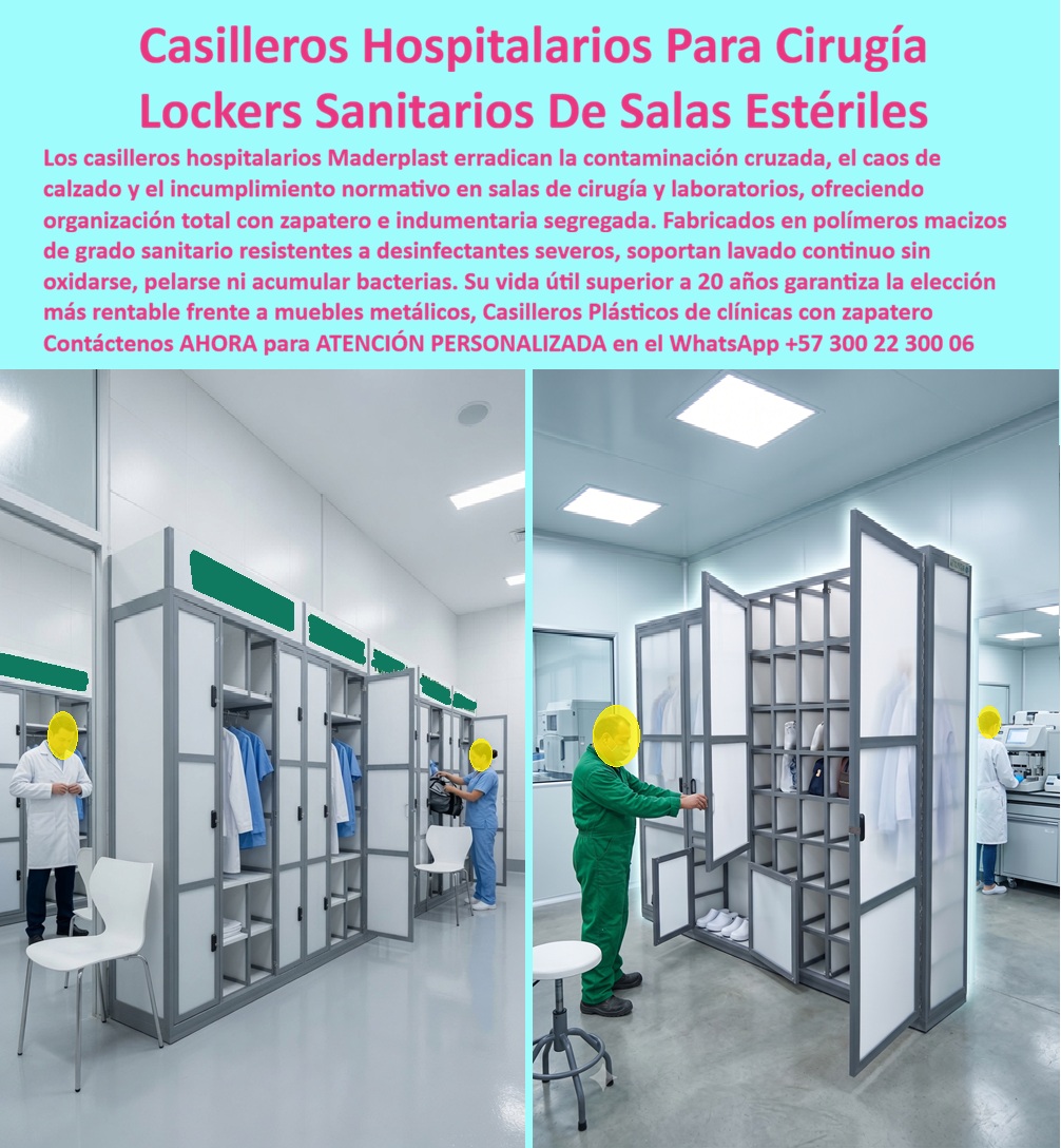 Lockers Hospitalarios Casilleros Clínicas Sala Cirugía Laboratorios Maderplast - Lockers Hospitalarios Para Clínicas y Cirugía Vea En Este Archivo Fotográfico: Lockers hospitalarios Maderplast organizan uniformes, calzado, EPP y pertenencias del personal en clínicas, hospitales, laboratorios y áreas de cirugía, con compartimentos diferenciados, zapatero integrado y superficies plásticas lavables que no se oxidan, diseñadas para facilitar limpieza y organización sanitaria. Los lockers hospitalarios para clínicas que protagonizan la imagen muestran guardarropas de gran formato con áreas diferenciadas para ropa, calzado y pertenencias del personal. Esta configuración responde a búsquedas de casilleros hospitalarios, lockers para hospitales, casilleros para clínicas, guardarropas sanitarios y lockers para personal médico, especialmente donde separar prendas y zapatos ayuda a mantener mayor orden en los procedimientos internos de cambio de indumentaria. En hospitales y laboratorios, el casillero no es solamente almacenamiento. Los casilleros para salas de cirugía, lockers para laboratorios y casilleros para áreas limpias deben integrarse a protocolos definidos por cada institución. El casillero hospitalario con zapatero permite destinar espacios diferentes al calzado y a la ropa de trabajo, mientras los lockers multicompartimento facilitan organizar uniformes, batas, elementos de protección y objetos personales evitando mezclarlos innecesariamente. La facilidad de saneamiento es determinante. Los lockers plásticos lavables presentan superficies que pueden incorporarse a rutinas institucionales de limpieza utilizando productos compatibles con el material especificado. Además, los casilleros anticorrosivos para hospitales eliminan la oxidación característica de estructuras de acero, ventaja relevante en vestidores, laboratorios y ambientes sometidos a limpieza frecuente o humedad. Para proyectos con requisitos específicos, Maderplast desarrolla lockers sanitarios a medida, definiendo dimensiones, divisiones internas, zonas para prendas limpias y usadas, zapateros, ventilación, puertas, identificación y sistemas de cierre. La misma plataforma puede configurarse como casilleros para médicos, lockers para enfermería, guardarropas para personal sanitario, casilleros para EPP hospitalario y lockers para centros médicos. Existe aquí una precisión técnica fundamental: afirmar que un locker “cumple INVIMA o FDA” requiere identificar exactamente qué requisito, material, aplicación y documentación respaldan esa declaración. Por eso Maderplast debe presentar cada proyecto con sus especificaciones y evidencias correspondientes, evitando promesas regulatorias genéricas. Para ingeniería hospitalaria y compras, esta trazabilidad proporciona mayor seguridad que una afirmación comercial sin soporte. El costo total también importa. Un locker hospitalario de alta durabilidad debe evaluarse considerando limpieza, mantenimiento, corrosión, reparaciones y reposiciones durante su servicio, no únicamente su precio inicial. Maderplast diseña, personaliza y fabrica soluciones con planos, renders, prototipos y producción en serie para cada necesidad institucional. Así, los casilleros sanitarios para hospitales y laboratorios convierten el vestidor en una infraestructura organizada para separar indumentaria, calzado y pertenencias, facilitando limpieza, control y operación cotidiana. Maderplast aporta una solución desarrollada alrededor de las necesidades reales del ambiente hospitalario. Contáctenos AHORA para ATENCIÓN PERSONALIZADA en el WhatsApp +57 300 22 300 06. Casillero Hospitalario Zapatero Integrado Organización Total Personal, Casillero Multicompartimento Sala Estéril, Casilleros sanitarios con norma INVIMA y FDA, Lockers Hospitalarios Casilleros Clínicas Sala Cirugía Laboratorios Maderplast Casillero Hospitalario Zapatero Integrado Organización Total Personal Casillero Multicompartimento Sala Estéril Casilleros sanitarios con norma INVIMA y FDA Lockers Hospitalarios Para Clínicas y Cirugía Vea En Este Archivo Fotográfico: Lockers hospitalarios Maderplast organizan uniformes, calzado, EPP y pertenencias del personal en clínicas, hospitales, laboratorios y áreas de cirugía, con compartimentos diferenciados, zapatero integrado y superficies plásticas lavables que no se oxidan, diseñadas para facilitar limpieza y organización sanitaria. Los lockers hospitalarios para clínicas que protagonizan la imagen muestran guardarropas de gran formato con áreas diferenciadas para ropa, calzado y pertenencias del personal. Esta configuración responde a búsquedas de casilleros hospitalarios, lockers para hospitales, casilleros para clínicas, guardarropas sanitarios y lockers para personal médico, especialmente donde separar prendas y zapatos ayuda a mantener mayor orden en los procedimientos internos de cambio de indumentaria. En hospitales y laboratorios, el casillero no es solamente almacenamiento. Los casilleros para salas de cirugía, lockers para laboratorios y casilleros para áreas limpias deben integrarse a protocolos definidos por cada institución. El casillero hospitalario con zapatero permite destinar espacios diferentes al calzado y a la ropa de trabajo, mientras los lockers multicompartimento facilitan organizar uniformes, batas, elementos de protección y objetos personales evitando mezclarlos innecesariamente. La facilidad de saneamiento es determinante. Los lockers plásticos lavables presentan superficies que pueden incorporarse a rutinas institucionales de limpieza utilizando productos compatibles con el material especificado. Además, los casilleros anticorrosivos para hospitales eliminan la oxidación característica de estructuras de acero, ventaja relevante en vestidores, laboratorios y ambientes sometidos a limpieza frecuente o humedad. Para proyectos con requisitos específicos, Maderplast desarrolla lockers sanitarios a medida, definiendo dimensiones, divisiones internas, zonas para prendas limpias y usadas, zapateros, ventilación, puertas, identificación y sistemas de cierre. La misma plataforma puede configurarse como casilleros para médicos, lockers para enfermería, guardarropas para personal sanitario, casilleros para EPP hospitalario y lockers para centros médicos. Existe aquí una precisión técnica fundamental: afirmar que un locker “cumple INVIMA o FDA” requiere identificar exactamente qué requisito, material, aplicación y documentación respaldan esa declaración. Por eso Maderplast debe presentar cada proyecto con sus especificaciones y evidencias correspondientes, evitando promesas regulatorias genéricas. Para ingeniería hospitalaria y compras, esta trazabilidad proporciona mayor seguridad que una afirmación comercial sin soporte. El costo total también importa. Un locker hospitalario de alta durabilidad debe evaluarse considerando limpieza, mantenimiento, corrosión, reparaciones y reposiciones durante su servicio, no únicamente su precio inicial. Maderplast diseña, personaliza y fabrica soluciones con planos, renders, prototipos y producción en serie para cada necesidad institucional. Así, los casilleros sanitarios para hospitales y laboratorios convierten el vestidor en una infraestructura organizada para separar indumentaria, calzado y pertenencias, facilitando limpieza, control y operación cotidiana. Maderplast aporta una solución desarrollada alrededor de las necesidades reales del ambiente hospitalario. Contáctenos AHORA para ATENCIÓN PERSONALIZADA en el WhatsApp +57 300 22 300 06.
