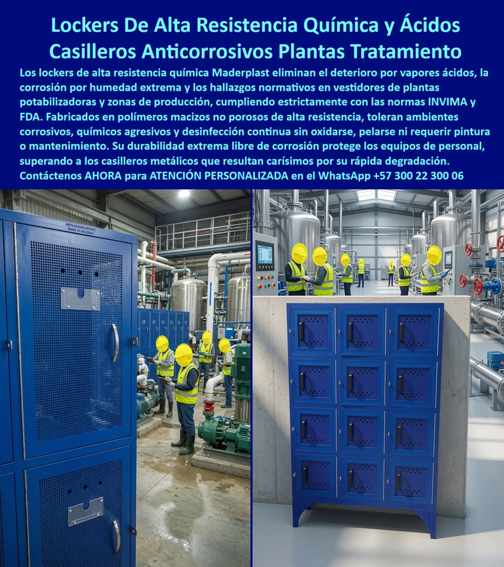 Lockers de alta resistencia químicas Ácidos Locker Anticorrosivo Maderplast - Casillero de vestidores personal de plantas de agua, Locker resistente a la humedad en zona de producción, Casillero de seguridad industrial con norma INVIMA FDA A Lockers de alta resistencia químicas Ácidos Locker Anticorrosivo Maderplast Casillero de vestidores personal de plantas de agua Locker resistente a la humedad en zona de producción Casillero de seguridad industrial con norma INVIMA FDA A