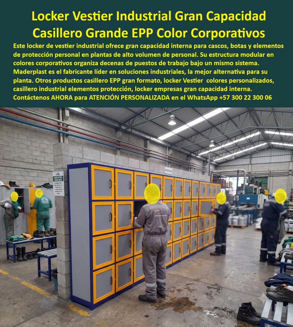 Lockers para industria Casilleros para empresas Guardarropa Maderplast - Lockers Industriales Para EPP y Vestier Vea En Este Archivo Fotográfico: Lockers industriales para EPP Maderplast organizan cascos, botas, uniformes, herramientas y pertenencias del trabajador en compartimentos de gran capacidad, modulares y personalizados en colores corporativos, diseñados para vestidores de fábricas, plantas productivas y empresas con uso intensivo. Los lockers industriales de gran capacidad que protagonizan la imagen forman una extensa batería modular dentro de una planta de producción, donde cada trabajador dispone de un compartimento individual para organizar elementos de protección y pertenencias. Esta solución responde directamente a búsquedas de lockers para industria, casilleros para empresas, guardarropas industriales, locker para vestir industrial y casilleros para trabajadores, especialmente cuando cascos, botas, uniformes y otros elementos requieren mayor espacio que un locker convencional. En una fábrica, el casillero cumple una función operativa: ayuda a mantener separados los objetos personales de las áreas productivas y facilita la organización de la dotación. Los casilleros para EPP, lockers para cascos y botas, casilleros para uniformes y lockers para elementos de protección personal pueden dimensionarse según el volumen real de los equipos que utiliza cada trabajador. Maderplast desarrolla lockers plásticos a medida, permitiendo definir altura, profundidad, número de puertas, distribución interior, ventilación, identificación y sistema de cierre. La estructura modular permite instalar desde pequeños grupos hasta baterías de lockers industriales para decenas o cientos de usuarios. Los casilleros modulares para empresas también pueden fabricarse en colores asociados con la identidad visual de cada organización, convirtiendo el vestier en un espacio ordenado y coherente con la imagen corporativa. Esta personalización aporta valor en plantas donde la seguridad, organización y presentación forman parte de la cultura empresarial. Quien busca un locker metálico industrial realmente busca resistencia y larga duración, no necesariamente metal. Los lockers no metálicos para fábricas ofrecen una ventaja fundamental: el plástico no desarrolla la oxidación propia del acero. En ambientes con humedad, lavado frecuente o exposición operacional exigente, los casilleros anticorrosivos industriales reducen la dependencia de pintura y tratamientos contra corrosión. Para ingeniería, HSEQ, mantenimiento y compras, la decisión debe considerar el costo total de propiedad. Un locker inicialmente barato puede resultar costoso cuando aparecen corrosión, pintura, reparaciones, puertas deterioradas y reposiciones. Los lockers de alta durabilidad para empresas deben evaluarse por los problemas y costos que pueden evitar durante años de servicio, además de su precio inicial. Maderplast diseña, desarrolla y fabrica guardarropas para plantas industriales y soluciones especiales para vestidores, con posibilidades de personalización, planos, renders, prototipos y producción en serie. Así, el casillero industrial para EPP deja de ser simplemente un mueble: se convierte en una solución de organización, seguridad operacional, identidad corporativa y tranquilidad para la empresa. Contáctenos AHORA para ATENCIÓN PERSONALIZADA en el WhatsApp +57 300 22 300 06. Locker de vestier industrial en colores corporativos, Casillero industrial de gran capacidad para cascos y elementos de protección, Lockers inteligentes que evitan robo Lockers para industria Casilleros para empresas Guardarropa Maderplast Locker de vestier industrial en colores corporativos Casillero industrial de gran capacidad para cascos y elementos de protección Lockers inteligentes que evitan robo Lockers Industriales Para EPP y Vestier Vea En Este Archivo Fotográfico: Lockers industriales para EPP Maderplast organizan cascos, botas, uniformes, herramientas y pertenencias del trabajador en compartimentos de gran capacidad, modulares y personalizados en colores corporativos, diseñados para vestidores de fábricas, plantas productivas y empresas con uso intensivo. Los lockers industriales de gran capacidad que protagonizan la imagen forman una extensa batería modular dentro de una planta de producción, donde cada trabajador dispone de un compartimento individual para organizar elementos de protección y pertenencias. Esta solución responde directamente a búsquedas de lockers para industria, casilleros para empresas, guardarropas industriales, locker para vestir industrial y casilleros para trabajadores, especialmente cuando cascos, botas, uniformes y otros elementos requieren mayor espacio que un locker convencional. En una fábrica, el casillero cumple una función operativa: ayuda a mantener separados los objetos personales de las áreas productivas y facilita la organización de la dotación. Los casilleros para EPP, lockers para cascos y botas, casilleros para uniformes y lockers para elementos de protección personal pueden dimensionarse según el volumen real de los equipos que utiliza cada trabajador. Maderplast desarrolla lockers plásticos a medida, permitiendo definir altura, profundidad, número de puertas, distribución interior, ventilación, identificación y sistema de cierre. La estructura modular permite instalar desde pequeños grupos hasta baterías de lockers industriales para decenas o cientos de usuarios. Los casilleros modulares para empresas también pueden fabricarse en colores asociados con la identidad visual de cada organización, convirtiendo el vestier en un espacio ordenado y coherente con la imagen corporativa. Esta personalización aporta valor en plantas donde la seguridad, organización y presentación forman parte de la cultura empresarial. Quien busca un locker metálico industrial realmente busca resistencia y larga duración, no necesariamente metal. Los lockers no metálicos para fábricas ofrecen una ventaja fundamental: el plástico no desarrolla la oxidación propia del acero. En ambientes con humedad, lavado frecuente o exposición operacional exigente, los casilleros anticorrosivos industriales reducen la dependencia de pintura y tratamientos contra corrosión. Para ingeniería, HSEQ, mantenimiento y compras, la decisión debe considerar el costo total de propiedad. Un locker inicialmente barato puede resultar costoso cuando aparecen corrosión, pintura, reparaciones, puertas deterioradas y reposiciones. Los lockers de alta durabilidad para empresas deben evaluarse por los problemas y costos que pueden evitar durante años de servicio, además de su precio inicial. Maderplast diseña, desarrolla y fabrica guardarropas para plantas industriales y soluciones especiales para vestidores, con posibilidades de personalización, planos, renders, prototipos y producción en serie. Así, el casillero industrial para EPP deja de ser simplemente un mueble: se convierte en una solución de organización, seguridad operacional, identidad corporativa y tranquilidad para la empresa. Contáctenos AHORA para ATENCIÓN PERSONALIZADA en el WhatsApp +57 300 22 300 06.