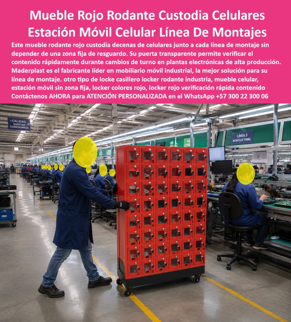 Mueble Rodante Para Guardar Celulares Casilleros Con Ruedas Maderplast - Casilleros Móviles Para Celulares Industriales Nuestra Foto Prueba el Caso de Éxito de: Casilleros móviles para celulares Maderplast permiten custodiar teléfonos y pequeños objetos personales directamente junto a líneas de producción, con compartimientos individuales, puertas transparentes, cierres independientes y estructura rodante para trasladar el locker según los cambios de turno y necesidades operativas. El mueble rodante para guardar celulares que protagoniza la imagen funciona como una estación móvil de custodia dentro de una línea de montaje industrial. Su batería vertical reúne numerosos compartimientos individuales, puertas con visor transparente, cierres independientes y ruedas que permiten desplazar todo el conjunto. Esta configuración responde a búsquedas como casilleros para celulares, locker móvil para celulares, casillero rodante industrial, mueble para guardar celulares y estación móvil de custodia, especialmente en plantas donde el almacenamiento debe acercarse al puesto de trabajo. En fábricas electrónicas, líneas de ensamble y áreas de producción, los teléfonos personales pueden convertirse en una fuente de distracción o interferir con políticas internas de seguridad y productividad. Los lockers para celulares en fábricas permiten organizar su custodia individual sin obligar a concentrar las pertenencias en un vestier distante. Al ser un locker industrial con ruedas, la estación puede trasladarse entre áreas según distribución de personal, cambios de turno o necesidades operativas, evitando depender permanentemente de una ubicación fija. Las puertas convierten esta solución en un casillero para celulares con visor, porque permiten comprobar visualmente si existe un dispositivo dentro del compartimiento sin necesidad de abrirlo. Los lockers con puertas transparentes facilitan identificación y control visual, mientras los casilleros individuales con cerradura mantienen separadas las pertenencias de cada usuario. Dependiendo del proyecto, Maderplast puede estudiar sistemas de cierre, numeración, dimensiones y cantidad de compartimentos. Esta arquitectura también puede desarrollarse como locker para teléfonos móviles, casillero para objetos personales, locker para líneas de producción, casillero para empleados o mueble móvil industrial. Maderplast fabrica lockers plásticos a medida, adaptando capacidad, distribución, colores corporativos y características funcionales al espacio disponible y al procedimiento interno de cada empresa. Para ingeniería, HSEQ, seguridad y recursos humanos, el beneficio no está solamente en guardar teléfonos: consiste en crear un procedimiento organizado de entrega, custodia, identificación y recuperación de pertenencias. Un casillero móvil de alta capacidad puede acompañar la operación donde se necesita, aprovechando una sola infraestructura para diferentes áreas. Maderplast diseña y fabrica casilleros rodantes para celulares desde configuraciones especiales hasta producción en serie. El cliente puede solicitar cotización, personalización, planos, renders y prototipos antes de fabricar. Así, este locker móvil sobre ruedas transforma el problema cotidiano de custodiar celulares en una solución visible, ordenada, desplazable y adaptada al funcionamiento real de la planta. Contáctenos AHORA para ATENCIÓN PERSONALIZADA en el WhatsApp +57 300 22 300 06. Estación Móvil Custodiar Celulares En Plantas Industriales, Locker móvil sobre ruedas para guardar celular en planta electrónica, Casillero rojo con puerta transparente Mueble Rodante Para Guardar Celulares Casilleros Con Ruedas Maderplast Estación Móvil Custodiar Celulares En Plantas Industriales Locker móvil sobre ruedas para guardar celular en planta electrónica Casillero rojo con puerta transparente Casilleros Móviles Para Celulares Industriales Nuestra Foto Prueba el Caso de Éxito de: Casilleros móviles para celulares Maderplast permiten custodiar teléfonos y pequeños objetos personales directamente junto a líneas de producción, con compartimientos individuales, puertas transparentes, cierres independientes y estructura rodante para trasladar el locker según los cambios de turno y necesidades operativas. El mueble rodante para guardar celulares que protagoniza la imagen funciona como una estación móvil de custodia dentro de una línea de montaje industrial. Su batería vertical reúne numerosos compartimientos individuales, puertas con visor transparente, cierres independientes y ruedas que permiten desplazar todo el conjunto. Esta configuración responde a búsquedas como casilleros para celulares, locker móvil para celulares, casillero rodante industrial, mueble para guardar celulares y estación móvil de custodia, especialmente en plantas donde el almacenamiento debe acercarse al puesto de trabajo. En fábricas electrónicas, líneas de ensamble y áreas de producción, los teléfonos personales pueden convertirse en una fuente de distracción o interferir con políticas internas de seguridad y productividad. Los lockers para celulares en fábricas permiten organizar su custodia individual sin obligar a concentrar las pertenencias en un vestier distante. Al ser un locker industrial con ruedas, la estación puede trasladarse entre áreas según distribución de personal, cambios de turno o necesidades operativas, evitando depender permanentemente de una ubicación fija. Las puertas convierten esta solución en un casillero para celulares con visor, porque permiten comprobar visualmente si existe un dispositivo dentro del compartimiento sin necesidad de abrirlo. Los lockers con puertas transparentes facilitan identificación y control visual, mientras los casilleros individuales con cerradura mantienen separadas las pertenencias de cada usuario. Dependiendo del proyecto, Maderplast puede estudiar sistemas de cierre, numeración, dimensiones y cantidad de compartimentos. Esta arquitectura también puede desarrollarse como locker para teléfonos móviles, casillero para objetos personales, locker para líneas de producción, casillero para empleados o mueble móvil industrial. Maderplast fabrica lockers plásticos a medida, adaptando capacidad, distribución, colores corporativos y características funcionales al espacio disponible y al procedimiento interno de cada empresa. Para ingeniería, HSEQ, seguridad y recursos humanos, el beneficio no está solamente en guardar teléfonos: consiste en crear un procedimiento organizado de entrega, custodia, identificación y recuperación de pertenencias. Un casillero móvil de alta capacidad puede acompañar la operación donde se necesita, aprovechando una sola infraestructura para diferentes áreas. Maderplast diseña y fabrica casilleros rodantes para celulares desde configuraciones especiales hasta producción en serie. El cliente puede solicitar cotización, personalización, planos, renders y prototipos antes de fabricar. Así, este locker móvil sobre ruedas transforma el problema cotidiano de custodiar celulares en una solución visible, ordenada, desplazable y adaptada al funcionamiento real de la planta. Contáctenos AHORA para ATENCIÓN PERSONALIZADA en el WhatsApp +57 300 22 300 06.