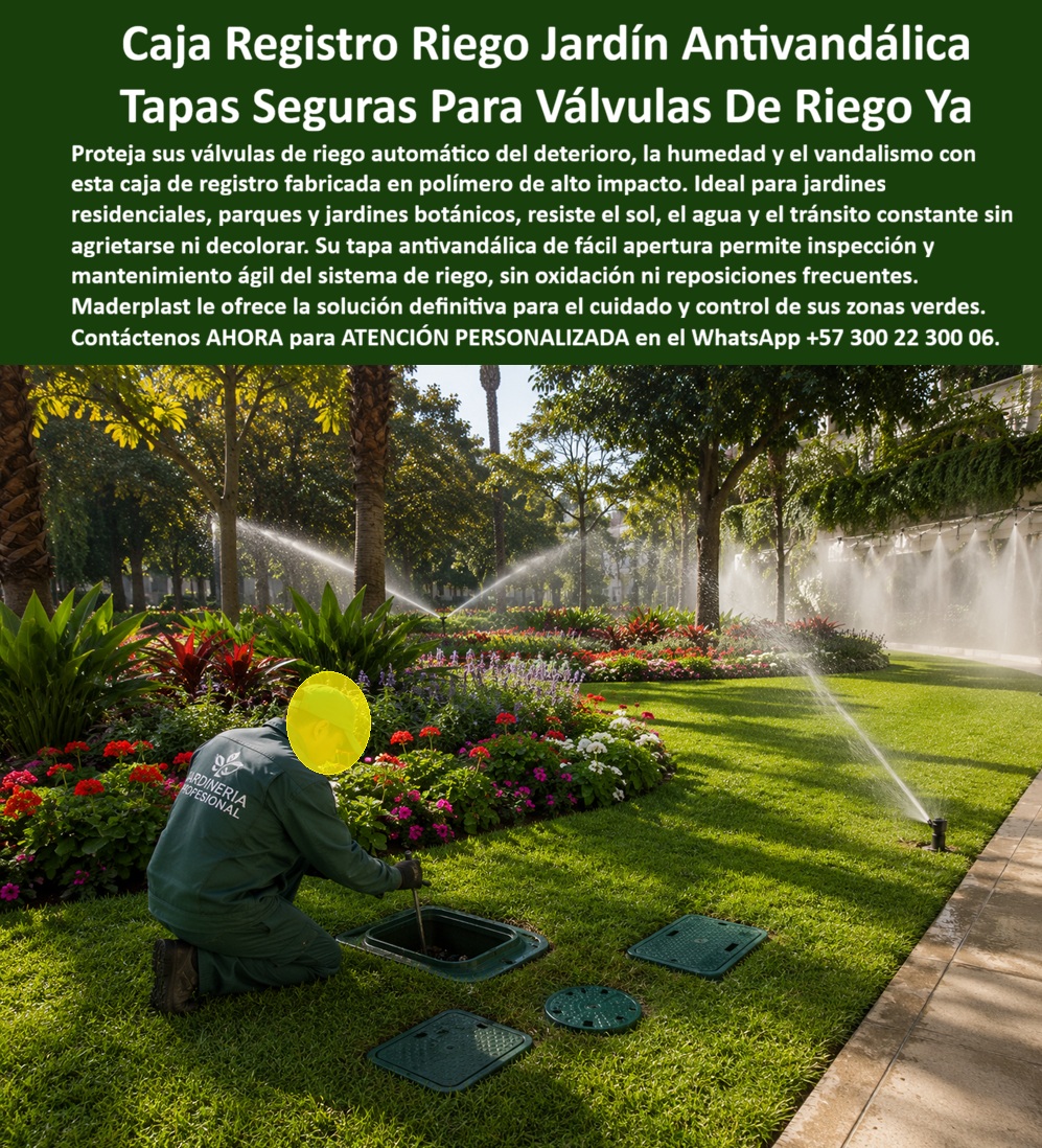 Caja Con Tapa Válvula Riego Jardín Arqueta Registro Cajillas Riegos Maderplast - Caja Registro Riego Jardín Antivandálica: la Caja de Válvulas que un jardinero abre en pleno jardín botánico en operación. Con aspersores activos regando simultáneamente un macizo de flores multicolor, un jardinero profesional se arrodilla sobre el césped para inspeccionar la válvula dentro de esta caja registro riego jardín antivandálica, mientras otras tapas idénticas descansan cerca, listas para su instalación en distintos puntos del sistema. Esa capacidad de intervenir el riego sin interrumpir el funcionamiento del resto del jardín es la que ofrece esta caja con tapa válvula riego jardín que Maderplast fabrica para parques, jardines botánicos y zonas verdes residenciales. ¿Qué es este producto? Es una arqueta registro cajillas riegos, fabricada en polímero de alto impacto, diseñada para proteger válvulas de riego automático bajo césped o zonas ajardinadas, funcionando como caja plástica para válvula agua de riego automático con tapa antivandálica de fácil apertura. ¿Por qué utilizarla? Porque a diferencia de las cajas metálicas o de concreto, esta caja resiste el sol, el agua constante de los aspersores y el tránsito de mantenimiento sin agrietarse ni decolorarse, protegiendo la válvula del deterioro que genera humedad permanente en un sistema de riego activo. ¿Para qué se debe implementar en esencia? Para permitir inspección y mantenimiento ágil del sistema de riego sin oxidación ni reposiciones frecuentes, garantizando que jardineros y técnicos accedan a la válvula de forma rápida sin dañar el césped ni las zonas verdes circundantes. ¿Resiste el riego constante de aspersores activos como los de la imagen? Totalmente, su formulación en polímero de alto impacto está diseñada para exposición continua al agua sin decolorar ni fragilizar con el tiempo. ¿Sirve para jardines residenciales pequeños además de parques grandes? Sí, existe versión caja doble tapa riego jardín residencial familiar segura, adaptada a sistemas de menor escala en patios y jardines de vivienda unifamiliar. ¿Es apta para instalarse en jardines botánicos con alto tránsito de visitantes? Precisamente para ese uso fue diseñada, funcionando como registro controladores de riego en jardines botánicos, resistiendo pisadas ocasionales sin fracturarse. ¿Qué protección ofrece frente al vandalismo en zonas públicas? Su tapa antivandálica de cierre seguro evita manipulación no autorizada de las válvulas, un riesgo común en parques de acceso libre. ¿Cuánto mantenimiento requiere después de instalada? Prácticamente ninguno, al no oxidarse ni degradarse con la humedad constante del riego automático, elimina las reposiciones periódicas típicas de otros materiales. Un jardinero profesional a cargo del mantenimiento de un parque botánico en Colombia nos comentó que, tras instalar estas cajas registro riego Maderplast en todo el sistema de válvulas, la inspección semanal se redujo a minutos por punto, sin necesidad de romper césped ni reparar tapas deterioradas como ocurría con las cajas anteriores. Como fabricante certificado ISO 9001 en diseño y desarrollo, e ISO 14001 ambiental, Maderplast respalda cada cajilla de inspección para válvulas y riego con pruebas de laboratorio disponibles en youtube.com/@maderplasSA, y realizamos pruebas de campo adicionales que usted escoja, a nuestro costo. Si su jardín o parque requiere registro para válvula de agua, caja de registro en polímero reforzado o un diseño a la medida de su sistema de riego automático, nuestro departamento de ingeniería cotiza, personaliza y fabrica en serie. Cuando se trata de cajas de riego en plástico técnico, Maderplast es quien protege cada válvula sin interrumpir el verde que la rodea. Contacte Atención personalizada: WhatsApp (+57) 300 22 300 06 Caja Doble Tapa Riego Jardín Residencial Familiar Segura, Registro Controladores De Riego En Jardines Botánicos, Caja Plástica Para Válvula Agua De Riego Automático Caja Con Tapa Válvula Riego Jardín Arqueta Registro Cajillas Riegos Maderplast Caja Doble Tapa Riego Jardín Residencial Familiar Segura Registro Controladores De Riego En Jardines Botánicos Caja Plástica Para Válvula Agua De Riego Automático Caja Registro Riego Jardín Antivandálica: la Caja de Válvulas que un jardinero abre en pleno jardín botánico en operación. Con aspersores activos regando simultáneamente un macizo de flores multicolor, un jardinero profesional se arrodilla sobre el césped para inspeccionar la válvula dentro de esta caja registro riego jardín antivandálica, mientras otras tapas idénticas descansan cerca, listas para su instalación en distintos puntos del sistema. Esa capacidad de intervenir el riego sin interrumpir el funcionamiento del resto del jardín es la que ofrece esta caja con tapa válvula riego jardín que Maderplast fabrica para parques, jardines botánicos y zonas verdes residenciales. ¿Qué es este producto? Es una arqueta registro cajillas riegos, fabricada en polímero de alto impacto, diseñada para proteger válvulas de riego automático bajo césped o zonas ajardinadas, funcionando como caja plástica para válvula agua de riego automático con tapa antivandálica de fácil apertura. ¿Por qué utilizarla? Porque a diferencia de las cajas metálicas o de concreto, esta caja resiste el sol, el agua constante de los aspersores y el tránsito de mantenimiento sin agrietarse ni decolorarse, protegiendo la válvula del deterioro que genera humedad permanente en un sistema de riego activo. ¿Para qué se debe implementar en esencia? Para permitir inspección y mantenimiento ágil del sistema de riego sin oxidación ni reposiciones frecuentes, garantizando que jardineros y técnicos accedan a la válvula de forma rápida sin dañar el césped ni las zonas verdes circundantes. ¿Resiste el riego constante de aspersores activos como los de la imagen? Totalmente, su formulación en polímero de alto impacto está diseñada para exposición continua al agua sin decolorar ni fragilizar con el tiempo. ¿Sirve para jardines residenciales pequeños además de parques grandes? Sí, existe versión caja doble tapa riego jardín residencial familiar segura, adaptada a sistemas de menor escala en patios y jardines de vivienda unifamiliar. ¿Es apta para instalarse en jardines botánicos con alto tránsito de visitantes? Precisamente para ese uso fue diseñada, funcionando como registro controladores de riego en jardines botánicos, resistiendo pisadas ocasionales sin fracturarse. ¿Qué protección ofrece frente al vandalismo en zonas públicas? Su tapa antivandálica de cierre seguro evita manipulación no autorizada de las válvulas, un riesgo común en parques de acceso libre. ¿Cuánto mantenimiento requiere después de instalada? Prácticamente ninguno, al no oxidarse ni degradarse con la humedad constante del riego automático, elimina las reposiciones periódicas típicas de otros materiales. Un jardinero profesional a cargo del mantenimiento de un parque botánico en Colombia nos comentó que, tras instalar estas cajas registro riego Maderplast en todo el sistema de válvulas, la inspección semanal se redujo a minutos por punto, sin necesidad de romper césped ni reparar tapas deterioradas como ocurría con las cajas anteriores. Como fabricante certificado ISO 9001 en diseño y desarrollo, e ISO 14001 ambiental, Maderplast respalda cada cajilla de inspección para válvulas y riego con pruebas de laboratorio disponibles en youtube.com/@maderplasSA, y realizamos pruebas de campo adicionales que usted escoja, a nuestro costo. Si su jardín o parque requiere registro para válvula de agua, caja de registro en polímero reforzado o un diseño a la medida de su sistema de riego automático, nuestro departamento de ingeniería cotiza, personaliza y fabrica en serie. Cuando se trata de cajas de riego en plástico técnico, Maderplast es quien protege cada válvula sin interrumpir el verde que la rodea. Contacte Atención personalizada: WhatsApp (+57) 300 22 300 06
