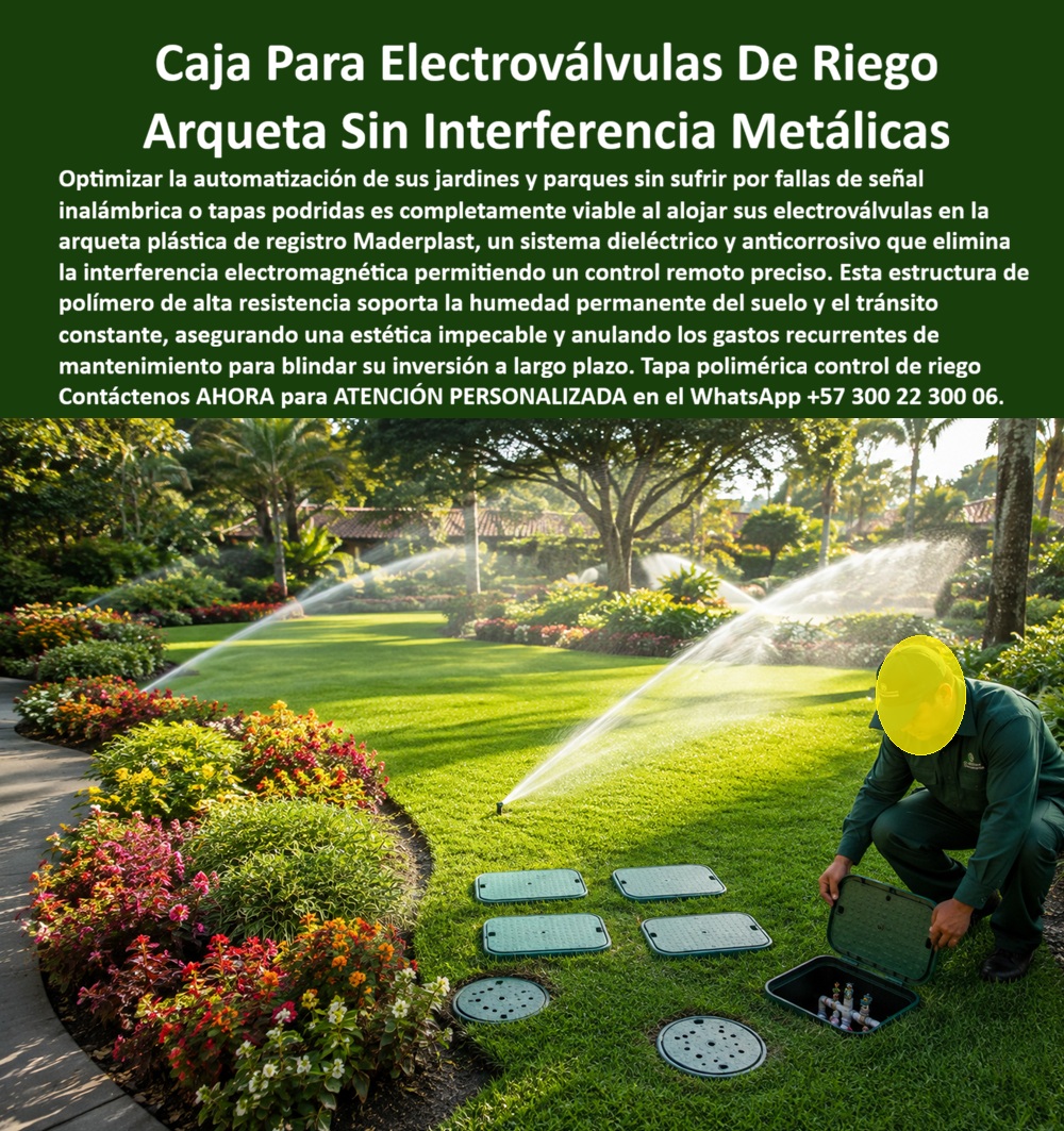 Caja Con Tapa Válvula Riego Jardín Arqueta Registro Cajillas Riegos Maderplast - La caja plástica para electroválvulas de riego protagoniza la fotografía instalada a ras del césped en un jardín con aspersores funcionando. Maderplast fabrica esta arqueta para riego automático para proteger válvulas, conexiones y controles enterrados. La escena muestra varias tapas distribuidas por zonas, mientras un operario abre un registro y deja visibles sus componentes hidráulicos. El problema aparece cuando una caja metálica para riego se corroe por la humedad, pierde presentación o dificulta la comunicación inalámbrica. La solución Maderplast emplea una caja de registro no metálica que no forma una envolvente conductora como un cerramiento metálico continuo, condición favorable para el control remoto de riego. Esta ventaja debe validarse según frecuencia, antena, alcance, profundidad y lugar de instalación, porque la caja protege el sistema, pero no reemplaza el diseño de comunicaciones. Cuando un paisajista pregunta ¿para qué sirve una caja de electroválvulas?, la respuesta es concreta: la cajilla para válvulas de jardín reúne los elementos que abren, cierran y distribuyen agua entre sectores. Puede alojar una electroválvula para aspersores, colectores, filtros, reguladores y cableado, facilitando la sectorización del sistema de riego. Así, césped, árboles y jardines ornamentales reciben tiempos o caudales diferenciados sin dejar expuesta la instalación. Otra consulta es ¿por qué utilizar una arqueta plástica para riego? Una arqueta anticorrosiva para jardín no se oxida por contacto con suelo húmedo y puede reducir reparaciones y reposiciones. Su composición también resulta apropiada como tapa de riego sin interferencia metálica cuando existen controladores o sensores inalámbricos. Maderplast puede personalizar medidas, geometrías, colores, divisiones y aperturas para convertirla en una caja para programador de riego adaptada al proyecto. La pregunta ¿qué debe guardar una caja de control de riego? se responde según la instalación: dentro pueden organizarse una válvula solenoide de riego, derivaciones, conectores estancos, reguladores y módulos para la automatización de jardines. Una caja para manifold de riego correctamente dimensionada permite identificar circuitos, revisar fugas y reemplazar piezas sin excavar nuevamente ni comprimir conexiones. También se busca ¿cómo instalar una caja de riego en el césped? La caja enterrada para zonas verdes debe quedar estable, con apoyo uniforme, drenaje previsto y tapa nivelada para reducir tropiezos y facilitar el corte del pasto. No debe apoyarse sobre las tuberías. Cuando se requiera una tapa para tránsito peatonal, el especificador debe confirmar material, dimensiones, sistema de apoyo y capacidad de carga mediante documentación o pruebas aplicables. Una tapa verde para jardín ayuda a integrar visualmente el registro con el paisajismo. Antes de comprar surge la consulta ¿qué caja de riego necesita un parque? La elección depende del número de válvulas, profundidad, humedad, radiación UV, tránsito, vandalismo y mantenimiento. Un registro doble puerta para riego facilita el acceso a conjuntos mayores, mientras una caja circular para válvula de riego atiende puntos individuales. En un registro para riego de parques también deben evaluarse la resistencia a la intemperie, la integración paisajística de registros y los repuestos disponibles. La solución Maderplast mejora la protección de conexiones hidráulicas, facilita el mantenimiento del riego automatizado y conserva el jardín ordenado. Su conveniencia se calcula por costo total de propiedad: compra, instalación, ajustes, mantenimiento, corrosión evitada y reposiciones. Maderplast convierte las necesidades del paisajista, constructor o administrador en planos, renders, prototipos y producción en serie. Solicite asesoría y cotización al Departamento de Ingeniería: Contacte Atención personalizada: WhatsApp (+57) 300 22 300 06 · ventas@maderplast.com Caja Para Electroválvulas De Riego Sin Interferencia Metálica, Registro Riego Doble Puerta Parque Jardín Urbano, Caja Registro Plástico Para Control Remoto De Riego Caja Con Tapa Válvula Riego Jardín Arqueta Registro Cajillas Riegos Maderplast Caja Para Electroválvulas De Riego Sin Interferencia Metálica Registro Riego Doble Puerta Parque Jardín Urbano Caja Registro Plástico Para Control Remoto De Riego La caja plástica para electroválvulas de riego protagoniza la fotografía instalada a ras del césped en un jardín con aspersores funcionando. Maderplast fabrica esta arqueta para riego automático para proteger válvulas, conexiones y controles enterrados. La escena muestra varias tapas distribuidas por zonas, mientras un operario abre un registro y deja visibles sus componentes hidráulicos. El problema aparece cuando una caja metálica para riego se corroe por la humedad, pierde presentación o dificulta la comunicación inalámbrica. La solución Maderplast emplea una caja de registro no metálica que no forma una envolvente conductora como un cerramiento metálico continuo, condición favorable para el control remoto de riego. Esta ventaja debe validarse según frecuencia, antena, alcance, profundidad y lugar de instalación, porque la caja protege el sistema, pero no reemplaza el diseño de comunicaciones. Cuando un paisajista pregunta ¿para qué sirve una caja de electroválvulas?, la respuesta es concreta: la cajilla para válvulas de jardín reúne los elementos que abren, cierran y distribuyen agua entre sectores. Puede alojar una electroválvula para aspersores, colectores, filtros, reguladores y cableado, facilitando la sectorización del sistema de riego. Así, césped, árboles y jardines ornamentales reciben tiempos o caudales diferenciados sin dejar expuesta la instalación. Otra consulta es ¿por qué utilizar una arqueta plástica para riego? Una arqueta anticorrosiva para jardín no se oxida por contacto con suelo húmedo y puede reducir reparaciones y reposiciones. Su composición también resulta apropiada como tapa de riego sin interferencia metálica cuando existen controladores o sensores inalámbricos. Maderplast puede personalizar medidas, geometrías, colores, divisiones y aperturas para convertirla en una caja para programador de riego adaptada al proyecto. La pregunta ¿qué debe guardar una caja de control de riego? se responde según la instalación: dentro pueden organizarse una válvula solenoide de riego, derivaciones, conectores estancos, reguladores y módulos para la automatización de jardines. Una caja para manifold de riego correctamente dimensionada permite identificar circuitos, revisar fugas y reemplazar piezas sin excavar nuevamente ni comprimir conexiones. También se busca ¿cómo instalar una caja de riego en el césped? La caja enterrada para zonas verdes debe quedar estable, con apoyo uniforme, drenaje previsto y tapa nivelada para reducir tropiezos y facilitar el corte del pasto. No debe apoyarse sobre las tuberías. Cuando se requiera una tapa para tránsito peatonal, el especificador debe confirmar material, dimensiones, sistema de apoyo y capacidad de carga mediante documentación o pruebas aplicables. Una tapa verde para jardín ayuda a integrar visualmente el registro con el paisajismo. Antes de comprar surge la consulta ¿qué caja de riego necesita un parque? La elección depende del número de válvulas, profundidad, humedad, radiación UV, tránsito, vandalismo y mantenimiento. Un registro doble puerta para riego facilita el acceso a conjuntos mayores, mientras una caja circular para válvula de riego atiende puntos individuales. En un registro para riego de parques también deben evaluarse la resistencia a la intemperie, la integración paisajística de registros y los repuestos disponibles. La solución Maderplast mejora la protección de conexiones hidráulicas, facilita el mantenimiento del riego automatizado y conserva el jardín ordenado. Su conveniencia se calcula por costo total de propiedad: compra, instalación, ajustes, mantenimiento, corrosión evitada y reposiciones. Maderplast convierte las necesidades del paisajista, constructor o administrador en planos, renders, prototipos y producción en serie. Solicite asesoría y cotización al Departamento de Ingeniería: Contacte Atención personalizada: WhatsApp (+57) 300 22 300 06 · ventas@maderplast.com