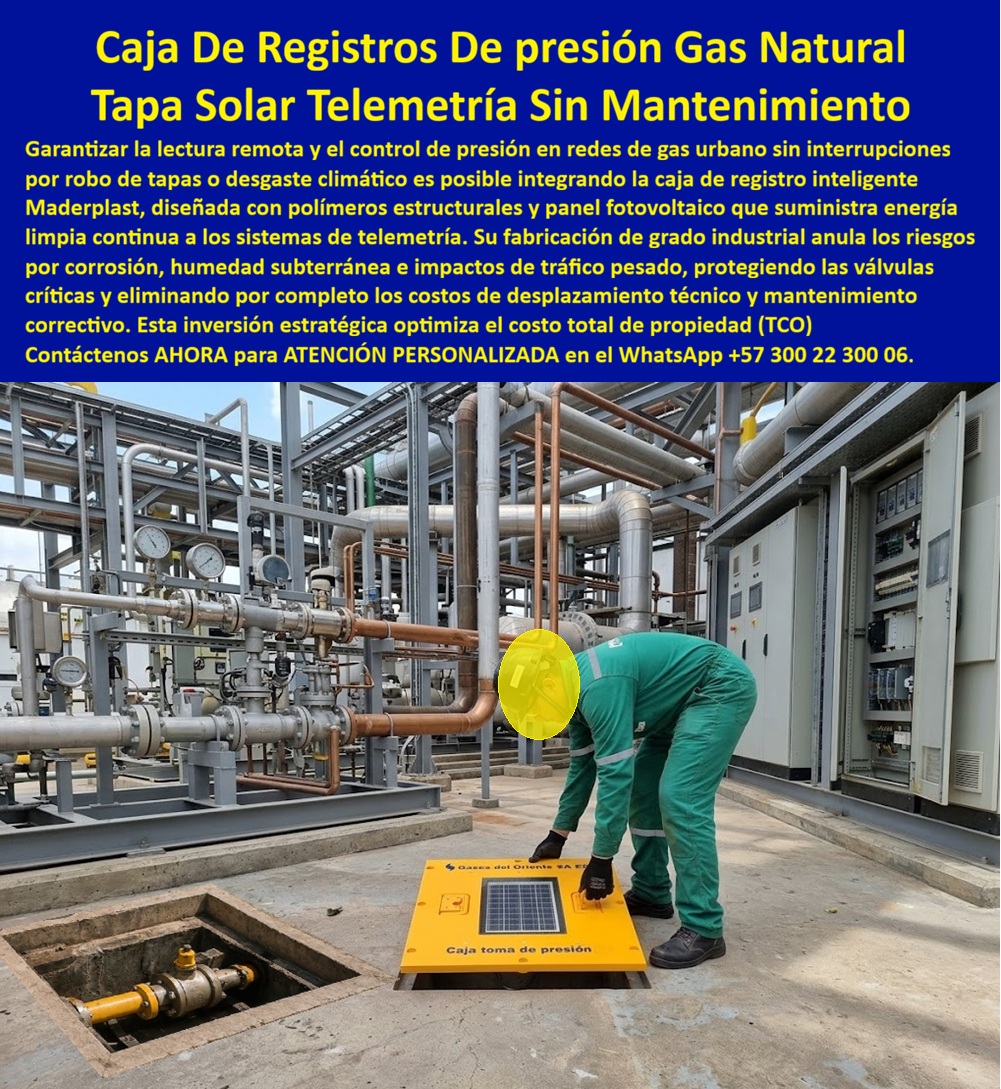 Caja De Registro Gas Inteligente Tapa Caja Telemetría Maderplast - La caja de registro de presión de gas que protagoniza la fotografía está instalada en el piso técnico de una estación industrial, junto a tuberías, válvulas, manómetros y tableros de control. Un operario levanta la tapa solar para telemetría, identificada como caja para toma de presión y equipada con un panel fotovoltaico integrado. Debajo se protege el punto de instrumentación; al costado, otro registro abierto permite comprender el acceso a la válvula de red de gas. Esta configuración convierte una caja inteligente para gas natural en parte funcional de la infraestructura. Maderplast fabrica esta caja telemétrica para gas como una solución técnica personalizable para resguardar el sensor de presión de gas, las conexiones, la alimentación eléctrica y los equipos de transmisión de datos IoT. Cuando un ingeniero pregunta ¿para qué sirve una caja telemétrica de gas?, la respuesta es directa: permite proteger los componentes necesarios para obtener información operativa sin enviar personal permanentemente hasta cada punto. En una red urbana de gas, un gasoducto industrial o una estación de regulación de gas, la telemetría de gas facilita el seguimiento de variables, la identificación oportuna de anomalías y la planeación de intervenciones. La consulta ¿cómo funciona una tapa fotovoltaica para telemetría? se responde observando el conjunto: la tapa fotovoltaica capta la radiación solar y alimenta, de acuerdo con el diseño eléctrico del proyecto, un sistema autónomo de energía solar con regulación y almacenamiento. Esta configuración puede sostener el monitoreo remoto de presión en lugares donde llevar una acometida eléctrica resulta costoso o técnicamente inconveniente. Maderplast diseña la tapa y la caja de acuerdo con las dimensiones, componentes, condiciones ambientales y necesidades de acceso definidas por el operador. Esto no significa ausencia absoluta de inspección: panel, batería, sellos, comunicaciones y electrónica deben dimensionarse y verificarse conforme al lugar de instalación. Ante la pregunta ¿una caja permite abrir y cerrar el gas a distancia?, la respuesta depende de los actuadores, protocolos de comunicación, sistemas de seguridad y permisos establecidos por el operador de la red. Preparada correctamente, la caja fabricada por Maderplast puede alojar equipos para control remoto de válvulas, apertura remota de gas y cierre remoto de gas, conservando enclavamientos, trazabilidad y posibilidades de maniobra local. La cubierta por sí sola no automatiza la válvula: protege e integra los componentes definidos por los especialistas responsables del proyecto. Otra búsqueda frecuente es ¿qué debe resistir una caja para toma de presión? Antes de seleccionarla deben evaluarse humedad, radiación ultravioleta, impactos, tránsito previsto, drenaje, manipulación, estanqueidad requerida y compatibilidad con el ambiente. Una caja plástica industrial Maderplast proporciona protección anticorrosiva y evita el deterioro característico de algunos cerramientos metálicos expuestos; sin embargo, una tapa para tráfico pesado solo debe especificarse después de confirmar dimensiones, sistema de apoyo, material y clase de carga mediante documentación o pruebas aplicables. El registro subterráneo de gas también debe permitir una apertura controlada y facilitar el acceso técnico sin comprometer tuberías, conexiones ni instrumentos. Quien busca caja toma presión gas Vanti o tapa telemetría gas Fenosa necesita validar las especificaciones vigentes exigidas por cada distribuidor. Estas expresiones representan consultas técnicas utilizadas en el mercado, pero no implica automáticamente que cualquier modelo esté homologado. La rotulación visible en la fotografía permite asociar el producto con una solución para Gases del Oriente; no obstante, el alcance definitivo debe sustentarse en los planos, la ficha de los equipos, las condiciones del terreno y los requisitos particulares del operador. Finalmente, ¿cómo reduce costos una caja inteligente de gas? La solución puede disminuir desplazamientos rutinarios cuando la información se consulta a distancia, proteger la instrumentación y favorecer la inspección de redes de gas, el mantenimiento predictivo de gas y la toma de decisiones sustentada en datos. Su conveniencia debe calcularse por costo total de propiedad: fabricación, instalación, alimentación eléctrica, comunicaciones, mantenimiento, reposiciones y riesgo operativo, no únicamente por el precio inicial. Maderplast fabrica estas soluciones con medidas, geometrías, colores, rotulación y alojamientos personalizados para cada proyecto. Su Departamento de Ingeniería puede preparar planos, renders, prototipos, pruebas previamente acordadas y producción en serie, convirtiendo una necesidad particular de telemetría en una solución plástica industrial fabricada y respaldada. Solicite asesoría y cotización en el Contacte Atención personalizada: WhatsApp (+57) 300 22 300 06 o escriba a ventas@maderplast.com Caja Toma Presión Gas Vanti Fenosa Vía Nacional, Tapa Fotovoltaica Apertura Y Cierre Remoto De Gas, Caja Telemétrica Control Remoto De Válvulas De Gas, Caja Inteligente Control R Caja De Registro Gas Inteligente Tapa Caja Telemetría Maderplast Caja Toma Presión Gas Vanti Fenosa Vía Nacional Tapa Fotovoltaica Apertura Y Cierre Remoto De Gas Caja Telemétrica Control Remoto De Válvulas De Gas Caja Inteligente Control R La caja de registro de presión de gas que protagoniza la fotografía está instalada en el piso técnico de una estación industrial, junto a tuberías, válvulas, manómetros y tableros de control. Un operario levanta la tapa solar para telemetría, identificada como caja para toma de presión y equipada con un panel fotovoltaico integrado. Debajo se protege el punto de instrumentación; al costado, otro registro abierto permite comprender el acceso a la válvula de red de gas. Esta configuración convierte una caja inteligente para gas natural en parte funcional de la infraestructura. Maderplast fabrica esta caja telemétrica para gas como una solución técnica personalizable para resguardar el sensor de presión de gas, las conexiones, la alimentación eléctrica y los equipos de transmisión de datos IoT. Cuando un ingeniero pregunta ¿para qué sirve una caja telemétrica de gas?, la respuesta es directa: permite proteger los componentes necesarios para obtener información operativa sin enviar personal permanentemente hasta cada punto. En una red urbana de gas, un gasoducto industrial o una estación de regulación de gas, la telemetría de gas facilita el seguimiento de variables, la identificación oportuna de anomalías y la planeación de intervenciones. La consulta ¿cómo funciona una tapa fotovoltaica para telemetría? se responde observando el conjunto: la tapa fotovoltaica capta la radiación solar y alimenta, de acuerdo con el diseño eléctrico del proyecto, un sistema autónomo de energía solar con regulación y almacenamiento. Esta configuración puede sostener el monitoreo remoto de presión en lugares donde llevar una acometida eléctrica resulta costoso o técnicamente inconveniente. Maderplast diseña la tapa y la caja de acuerdo con las dimensiones, componentes, condiciones ambientales y necesidades de acceso definidas por el operador. Esto no significa ausencia absoluta de inspección: panel, batería, sellos, comunicaciones y electrónica deben dimensionarse y verificarse conforme al lugar de instalación. Ante la pregunta ¿una caja permite abrir y cerrar el gas a distancia?, la respuesta depende de los actuadores, protocolos de comunicación, sistemas de seguridad y permisos establecidos por el operador de la red. Preparada correctamente, la caja fabricada por Maderplast puede alojar equipos para control remoto de válvulas, apertura remota de gas y cierre remoto de gas, conservando enclavamientos, trazabilidad y posibilidades de maniobra local. La cubierta por sí sola no automatiza la válvula: protege e integra los componentes definidos por los especialistas responsables del proyecto. Otra búsqueda frecuente es ¿qué debe resistir una caja para toma de presión? Antes de seleccionarla deben evaluarse humedad, radiación ultravioleta, impactos, tránsito previsto, drenaje, manipulación, estanqueidad requerida y compatibilidad con el ambiente. Una caja plástica industrial Maderplast proporciona protección anticorrosiva y evita el deterioro característico de algunos cerramientos metálicos expuestos; sin embargo, una tapa para tráfico pesado solo debe especificarse después de confirmar dimensiones, sistema de apoyo, material y clase de carga mediante documentación o pruebas aplicables. El registro subterráneo de gas también debe permitir una apertura controlada y facilitar el acceso técnico sin comprometer tuberías, conexiones ni instrumentos. Quien busca caja toma presión gas Vanti o tapa telemetría gas Fenosa necesita validar las especificaciones vigentes exigidas por cada distribuidor. Estas expresiones representan consultas técnicas utilizadas en el mercado, pero no implica automáticamente que cualquier modelo esté homologado. La rotulación visible en la fotografía permite asociar el producto con una solución para Gases del Oriente; no obstante, el alcance definitivo debe sustentarse en los planos, la ficha de los equipos, las condiciones del terreno y los requisitos particulares del operador. Finalmente, ¿cómo reduce costos una caja inteligente de gas? La solución puede disminuir desplazamientos rutinarios cuando la información se consulta a distancia, proteger la instrumentación y favorecer la inspección de redes de gas, el mantenimiento predictivo de gas y la toma de decisiones sustentada en datos. Su conveniencia debe calcularse por costo total de propiedad: fabricación, instalación, alimentación eléctrica, comunicaciones, mantenimiento, reposiciones y riesgo operativo, no únicamente por el precio inicial. Maderplast fabrica estas soluciones con medidas, geometrías, colores, rotulación y alojamientos personalizados para cada proyecto. Su Departamento de Ingeniería puede preparar planos, renders, prototipos, pruebas previamente acordadas y producción en serie, convirtiendo una necesidad particular de telemetría en una solución plástica industrial fabricada y respaldada. Solicite asesoría y cotización en el Contacte Atención personalizada: WhatsApp (+57) 300 22 300 06 o escriba a ventas@maderplast.com