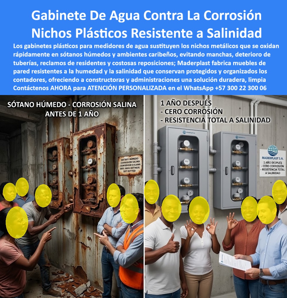 Cajas Medidores Resistentes A Humedad Y Salinidad Nicho Plástico Maderplast - Gabinete de Agua Contra la Corrosión: los Nichos Plásticos que un sótano caribeño confirma en un año. La comparación fotográfica documentada no deja lugar a dudas: a un lado, un sótano húmedo con corrosión salina donde residentes furiosos señalan tuberías desprendidas, óxido escurriendo por la pared y contadores prácticamente destruidos antes de cumplir un año de instalados; al otro, la misma edificación, doce meses después, con nichos plásticos resistente a salinidad Maderplast en perfecto estado, y un grupo de residentes celebrando con pulgar arriba la ausencia total de corrosión. Esta es la evidencia real que respalda el gabinete de agua contra la corrosión que hoy transforma la gestión de posventa en proyectos residenciales expuestos a humedad y salinidad extrema. ¿Qué es este producto? Es un mueble de pared para contadores de agua sin mantenimiento, fabricado en polímero técnico que sustituye por completo los antiguos nichos metálicos, funcionando como cajas medidores resistentes a humedad y salinidad en sótanos, parqueaderos y zonas costeras donde el aire salino degrada el metal en pocos meses. ¿Por qué utilizarlo? Porque, como muestra el caso "antes" de la imagen, un gabinete metálico convencional en ambiente húmedo termina desprendiéndose de la pared, oxidando tuberías y generando reclamos masivos de residentes antes de cumplir un año; en cambio, este nicho plástico conserva su estructura intacta sin una sola mancha ni deterioro tras doce meses de exposición comprobada. ¿Para qué se debe implementar en esencia? Para ofrecer a constructoras y administraciones una solución duradera y limpia que evite reposiciones costosas, proteja el activo de la copropiedad y elimine para siempre el desgaste prematuro típico de ambientes caribeños o subterráneos con humedad constante. ¿Existe evidencia real de esta resistencia frente a la salinidad? Sí, el caso documentado en campo muestra gabinete agua constructora Bolívar referencia comprobada, con seguimiento fotográfico de un año en sótano húmedo sin señales de deterioro. ¿Qué pasa si ya tengo nichos metálicos oxidados instalados? La recomendación técnica es reemplazarlos con cajas plásticas y sustituir nichos oxidados de obra, antes de que la corrosión siga comprometiendo tuberías y estructura circundante, tal como ocurrió en el caso "antes" de la imagen. ¿Sirve para agrupar varios medidores en un banco institucional? Totalmente, funciona como banco de medidores y gabinete portamedidor, organizando los contadores con acceso individual ordenado por unidad. ¿Es apto específicamente para zonas costeras del Caribe colombiano? Sí, fue diseñado y probado precisamente para resistir la salinidad ambiental típica de esas regiones sin perder integridad estructural. ¿Cuánto tiempo real de garantía respalda esta resistencia? El seguimiento fotográfico documentado a un año confirma cero corrosión, evidencia que sustenta la garantía extendida del producto. Un residente de un conjunto en zona costera nos comentó que, tras vivir el sótano oxidado y con reclamos constantes durante años, la administración instaló estos nichos plásticos Maderplast, y hoy, un año después, no ha vuelto a presentarse ni una sola queja por óxido ni deterioro visible. Como fabricante certificado ISO 9001 en diseño y desarrollo, e ISO 14001 ambiental, Maderplast respalda cada cajilla para medidores con pruebas de laboratorio disponibles en youtube.com/@maderplasSA, y realizamos pruebas de campo adicionales que usted escoja, a nuestro costo. Si su proyecto requiere gabinete para medidores domiciliarios, caja plástica para medidor o un diseño a la medida de su sótano o zona costera, nuestro departamento de ingeniería cotiza, personaliza y fabrica en serie. Cuando se trata de gabinetes contra la corrosión en plástico técnico, Maderplast es quien convierte un año de exposición extrema en la mejor referencia comprobada. Contacte Atención personalizada: WhatsApp (+57) 300 22 300 06 Gabinete Agua Constructora Bolívar Referencia Comprobada, Cajas Plásticas Sustituir Nichos Oxidados De Obra, Mueble de pared para contadores de agua sin mantenimiento, Cajas Medidores Resistentes A Humedad Y Salinidad Nicho Plástico Maderplast Gabinete Agua Constructora Bolívar Referencia Comprobada Cajas Plásticas Sustituir Nichos Oxidados De Obra Mueble de pared para contadores de agua sin mantenimiento Gabinete de Agua Contra la Corrosión: los Nichos Plásticos que un sótano caribeño confirma en un año. La comparación fotográfica documentada no deja lugar a dudas: a un lado, un sótano húmedo con corrosión salina donde residentes furiosos señalan tuberías desprendidas, óxido escurriendo por la pared y contadores prácticamente destruidos antes de cumplir un año de instalados; al otro, la misma edificación, doce meses después, con nichos plásticos resistente a salinidad Maderplast en perfecto estado, y un grupo de residentes celebrando con pulgar arriba la ausencia total de corrosión. Esta es la evidencia real que respalda el gabinete de agua contra la corrosión que hoy transforma la gestión de posventa en proyectos residenciales expuestos a humedad y salinidad extrema. ¿Qué es este producto? Es un mueble de pared para contadores de agua sin mantenimiento, fabricado en polímero técnico que sustituye por completo los antiguos nichos metálicos, funcionando como cajas medidores resistentes a humedad y salinidad en sótanos, parqueaderos y zonas costeras donde el aire salino degrada el metal en pocos meses. ¿Por qué utilizarlo? Porque, como muestra el caso "antes" de la imagen, un gabinete metálico convencional en ambiente húmedo termina desprendiéndose de la pared, oxidando tuberías y generando reclamos masivos de residentes antes de cumplir un año; en cambio, este nicho plástico conserva su estructura intacta sin una sola mancha ni deterioro tras doce meses de exposición comprobada. ¿Para qué se debe implementar en esencia? Para ofrecer a constructoras y administraciones una solución duradera y limpia que evite reposiciones costosas, proteja el activo de la copropiedad y elimine para siempre el desgaste prematuro típico de ambientes caribeños o subterráneos con humedad constante. ¿Existe evidencia real de esta resistencia frente a la salinidad? Sí, el caso documentado en campo muestra gabinete agua constructora Bolívar referencia comprobada, con seguimiento fotográfico de un año en sótano húmedo sin señales de deterioro. ¿Qué pasa si ya tengo nichos metálicos oxidados instalados? La recomendación técnica es reemplazarlos con cajas plásticas y sustituir nichos oxidados de obra, antes de que la corrosión siga comprometiendo tuberías y estructura circundante, tal como ocurrió en el caso "antes" de la imagen. ¿Sirve para agrupar varios medidores en un banco institucional? Totalmente, funciona como banco de medidores y gabinete portamedidor, organizando los contadores con acceso individual ordenado por unidad. ¿Es apto específicamente para zonas costeras del Caribe colombiano? Sí, fue diseñado y probado precisamente para resistir la salinidad ambiental típica de esas regiones sin perder integridad estructural. ¿Cuánto tiempo real de garantía respalda esta resistencia? El seguimiento fotográfico documentado a un año confirma cero corrosión, evidencia que sustenta la garantía extendida del producto. Un residente de un conjunto en zona costera nos comentó que, tras vivir el sótano oxidado y con reclamos constantes durante años, la administración instaló estos nichos plásticos Maderplast, y hoy, un año después, no ha vuelto a presentarse ni una sola queja por óxido ni deterioro visible. Como fabricante certificado ISO 9001 en diseño y desarrollo, e ISO 14001 ambiental, Maderplast respalda cada cajilla para medidores con pruebas de laboratorio disponibles en youtube.com/@maderplasSA, y realizamos pruebas de campo adicionales que usted escoja, a nuestro costo. Si su proyecto requiere gabinete para medidores domiciliarios, caja plástica para medidor o un diseño a la medida de su sótano o zona costera, nuestro departamento de ingeniería cotiza, personaliza y fabrica en serie. Cuando se trata de gabinetes contra la corrosión en plástico técnico, Maderplast es quien convierte un año de exposición extrema en la mejor referencia comprobada. Contacte Atención personalizada: WhatsApp (+57) 300 22 300 06