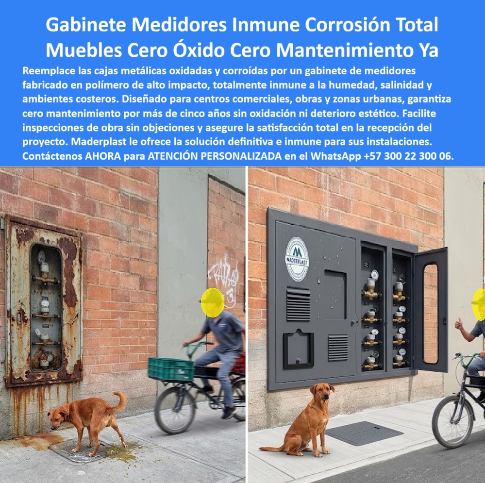 Cajas Medidores Resistentes A Humedad Y Salinidad Nicho Plástico Maderplast - El gabinete plástico para medidores de agua Maderplast transforma una fachada deteriorada en un punto de medición organizado y protegido. La imagen compara un armario metálico con corrosión y manchas frente a un módulo plástico que concentra varios contadores detrás de puertas de inspección. Este reemplazo de gabinete metálico oxidado mejora la presentación y reduce una fuente recurrente de pintura, saneamiento y reposición. ¿Qué producto aparece instalado? Es un armario para banco de medidores configurado como gabinete multipunto de acueducto, con compartimientos que ordenan medidores de agua individualizados. También se busca como nicho mural para contadores, caja para medidores en fachada o gabinete sobrepuesto en muro. Sus puertas protegen los equipos sin impedir la lectura ni el acceso requerido por el prestador. ¿Por qué se deteriora una caja metálica? La humedad, los aerosoles salinos, la pérdida del recubrimiento, los rayones y sustancias del espacio público favorecen la oxidación del acero. Por eso las cajas de medidores resistentes a humedad, un nicho de agua para ambiente costero y una carcasa polimérica anticorrosiva ofrecen una diferencia material: el cuerpo plástico no desarrolla herrumbre. La resistencia a salinidad ambiental y la resistencia a humedad permanente deben evaluarse junto con exposición UV, temperatura, diseño y componentes. ¿Puede llamarse “cero mantenimiento”? Un gabinete sin óxido elimina la necesidad de repintar el cuerpo por corrosión ferrosa, pero requiere limpieza de nichos de medidores, revisión de cierres y mantenimiento preventivo de gabinetes. Donde existan salpicaduras, polvo u orina de animales, un gabinete lavable para espacio público facilita recuperar la presentación sin lijar ni aplicar anticorrosivos. Los herrajes resistentes a corrosión también deben corresponder al ambiente; una buena carcasa no compensa bisagras inadecuadas. ¿Cómo protege y facilita la operación? La puerta con ventana de lectura permite observar cada contador, las rejillas de ventilación responden a la configuración técnica y el acceso técnico a válvulas facilita inspecciones. La identificación de usuarios evita confundir consumos. Cuando el proyecto lo exige, una caja antivandálica para medidores y una cerradura para gabinete de agua deben controlar accesos sin dificultar emergencias o mantenimiento autorizado. ¿Qué debe revisar el residente antes de recibirlo? La inspección de gabinetes de agua debe comprobar fijación, nivel, dimensiones, apertura, cierre, visibilidad, ventilación, materiales, acabado y planos. La recepción de obra de acueducto no puede prometerse “sin objeciones”: depende de los requisitos, la instalación y el cumplimiento de ficha técnica. Tampoco debe ofrecerse garantía de cinco años sin un documento que determine alcance y condiciones. ¿Dónde genera mayor valor? Un gabinete para centro comercial costero, gabinete medidor de agua en Cartagena, nicho anticorrosivo en Barranquilla o caja para medidores en Santa Marta enfrenta humedad, brisa marina y exposición pública. Allí, la protección de contadores en exteriores y la sustitución de armario corroído mejoran la imagen y reducen intervenciones sobre la carcasa, favoreciendo el costo total de propiedad de gabinetes. La ventaja comercial consiste en entregar una solución presentable que conserve su función bajo condiciones ambientales exigentes. Maderplast desarrolla dimensiones, divisiones, puertas, colores y cierres como fabricante de gabinetes plásticos para medidores. Solicite planos, prototipo, producción seriada y cotización de gabinete anticorrosivo al Contacte Atención personalizada: WhatsApp (+57) 300 22 300 06 o a ventas@maderplast.comNicho Agua Centro Comercial Costero Cero Mantenimiento Cinco Años, Gabinete Agua Residente Obra Inspección Sin Objeciones, Cajas Gabinete Agua Recepción Satisfacción A Cajas Medidores Resistentes A Humedad Y Salinidad Nicho Plástico Maderplast Nicho Agua Centro Comercial Costero Cero Mantenimiento Cinco Años Gabinete Agua Residente Obra Inspección Sin Objeciones Cajas Gabinete Agua Recepción Satisfacción A El gabinete plástico para medidores de agua Maderplast transforma una fachada deteriorada en un punto de medición organizado y protegido. La imagen compara un armario metálico con corrosión y manchas frente a un módulo plástico que concentra varios contadores detrás de puertas de inspección. Este reemplazo de gabinete metálico oxidado mejora la presentación y reduce una fuente recurrente de pintura, saneamiento y reposición. ¿Qué producto aparece instalado? Es un armario para banco de medidores configurado como gabinete multipunto de acueducto, con compartimientos que ordenan medidores de agua individualizados. También se busca como nicho mural para contadores, caja para medidores en fachada o gabinete sobrepuesto en muro. Sus puertas protegen los equipos sin impedir la lectura ni el acceso requerido por el prestador. ¿Por qué se deteriora una caja metálica? La humedad, los aerosoles salinos, la pérdida del recubrimiento, los rayones y sustancias del espacio público favorecen la oxidación del acero. Por eso las cajas de medidores resistentes a humedad, un nicho de agua para ambiente costero y una carcasa polimérica anticorrosiva ofrecen una diferencia material: el cuerpo plástico no desarrolla herrumbre. La resistencia a salinidad ambiental y la resistencia a humedad permanente deben evaluarse junto con exposición UV, temperatura, diseño y componentes. ¿Puede llamarse “cero mantenimiento”? Un gabinete sin óxido elimina la necesidad de repintar el cuerpo por corrosión ferrosa, pero requiere limpieza de nichos de medidores, revisión de cierres y mantenimiento preventivo de gabinetes. Donde existan salpicaduras, polvo u orina de animales, un gabinete lavable para espacio público facilita recuperar la presentación sin lijar ni aplicar anticorrosivos. Los herrajes resistentes a corrosión también deben corresponder al ambiente; una buena carcasa no compensa bisagras inadecuadas. ¿Cómo protege y facilita la operación? La puerta con ventana de lectura permite observar cada contador, las rejillas de ventilación responden a la configuración técnica y el acceso técnico a válvulas facilita inspecciones. La identificación de usuarios evita confundir consumos. Cuando el proyecto lo exige, una caja antivandálica para medidores y una cerradura para gabinete de agua deben controlar accesos sin dificultar emergencias o mantenimiento autorizado. ¿Qué debe revisar el residente antes de recibirlo? La inspección de gabinetes de agua debe comprobar fijación, nivel, dimensiones, apertura, cierre, visibilidad, ventilación, materiales, acabado y planos. La recepción de obra de acueducto no puede prometerse “sin objeciones”: depende de los requisitos, la instalación y el cumplimiento de ficha técnica. Tampoco debe ofrecerse garantía de cinco años sin un documento que determine alcance y condiciones. ¿Dónde genera mayor valor? Un gabinete para centro comercial costero, gabinete medidor de agua en Cartagena, nicho anticorrosivo en Barranquilla o caja para medidores en Santa Marta enfrenta humedad, brisa marina y exposición pública. Allí, la protección de contadores en exteriores y la sustitución de armario corroído mejoran la imagen y reducen intervenciones sobre la carcasa, favoreciendo el costo total de propiedad de gabinetes. La ventaja comercial consiste en entregar una solución presentable que conserve su función bajo condiciones ambientales exigentes. Maderplast desarrolla dimensiones, divisiones, puertas, colores y cierres como fabricante de gabinetes plásticos para medidores. Solicite planos, prototipo, producción seriada y cotización de gabinete anticorrosivo al Contacte Atención personalizada: WhatsApp (+57) 300 22 300 06 o a ventas@maderplast.com