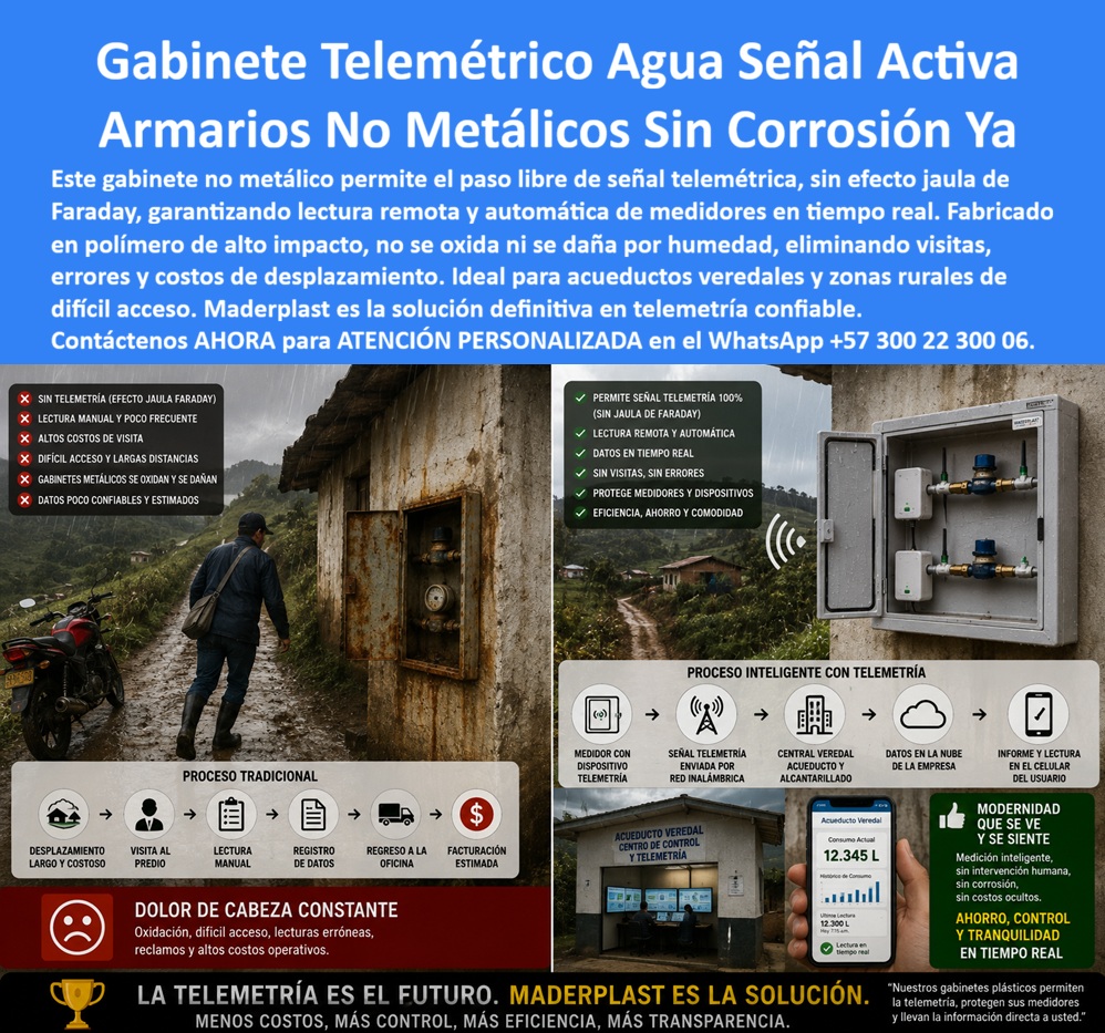 Cajas Telemetría Racks Servicios Gabinete Telemétrico Homologado Maderplast - Las cajas de telemetría para acueducto Maderplast protegen los equipos que convierten una lectura local en información para gestión remota. La imagen contrapone el desplazamiento hasta un gabinete metálico oxidado, con lectura manual y registro posterior, frente a un gabinete telemétrico para agua no metálico que aloja dos medidores, módulos de comunicación y una ruta de datos hacia el centro de control, la nube y el teléfono del usuario. Este armario de telelectura de acueducto organiza los equipos, conserva el acceso técnico y ayuda a proteger la operación. ¿Qué es exactamente un nicho de lectura RF? Es una envolvente para alojar el medidor, el emisor, la antena, la alimentación y sus conexiones, formando una caja para transmisión telemétrica de agua. El gabinete no realiza por sí solo la medición ni crea cobertura íntegra y protege los componentes del medidor de agua con telemetría. Por eso un sistema AMI de agua debe evaluarse como una cadena completa: sensor, módulo, antena, comunicación, plataforma y visualización. ¿Por qué conviene un gabinete no metálico para telemetría? Al no formar una envolvente conductora continua alrededor de la antena, evita añadir el apantallamiento de una caja metálica cerrada; sin embargo, la señal final depende de frecuencia, potencia, ubicación, topografía, paredes y operador. La señal RF para medidores debe comprobarse mediante pruebas de cobertura RF, mientras la antena integrada para telemetría y el módulo de comunicación IoT se seleccionan conforme al protocolo del proyecto. Nunca debe prometerse señal total sin medición en sitio. ¿Cómo funciona la lectura remota de medidores? El dispositivo captura el consumo, transmite por comunicación inalámbrica de medidores y entrega la información a un concentrador de datos de acueducto o plataforma central. La telelectura automática permite consultar datos de consumo en tiempo real o en intervalos configurados, realizar monitoreo remoto de agua y habilitar lectura de consumo desde el celular, según la arquitectura contratada. Esta medición inteligente de agua puede apoyar alarmas de consumo de agua y detección temprana de fugas cuando la plataforma ofrece esas funciones. ¿Dónde se utiliza? Un gabinete para zonas rurales, un gabinete exterior para acueducto o un rack de servicios públicos resulta útil donde las visitas son extensas, el acceso es difícil o existe exposición ambiental. Una caja anticorrosiva para medidores y un armario plástico para medidores reducen el deterioro asociado a la oxidación de la carcasa, mientras la protección de equipos de telemetría ayuda a preservar conexiones, identificación y orden. Esto favorece la reducción de visitas de lectura, disminuye transcripciones manuales y puede optimizar el costo operativo de acueducto. ¿Qué debe verificar el ingeniero antes de especificarlo? Debe confirmar dimensiones, material, cierre, ventilación, sellado, resistencia ambiental, alimentación, protocolo, operador, frecuencia, orientación de antena y mantenibilidad del medidor inteligente de agua. La compatibilidad LaRaWAN o NB-IoT no debe suponerse: se valida con el equipo y la red seleccionados. La palabra homologado sólo procede después de aprobación documentada; por ello Maderplast puede desarrollar un gabinete para homologación telemétrica, una caja telemétrica a medida y prototipos sometidos al protocolo acordado. Como fabricante de gabinetes telemétricos, Maderplast ofrece diseño, planos, renders y producción en serie. Solicite su cotización de gabinete telemétrico al Contacte Atención personalizada: WhatsApp (+57) 300 22 300 06 o a ventas@maderplast.comArmario telelectura de acueducto no metálico, Nicho Agua Antena Integrada Señal Activa Verificada, Caja transmisión telemétrica de agua alta señal, Nicho de lectura RF Cajas Telemetría Racks Servicios Gabinete Telemétrico Homologado Maderplast Armario telelectura de acueducto no metálico Nicho Agua Antena Integrada Señal Activa Verificada Caja transmisión telemétrica de agua alta señal Nicho de lectura RF Las cajas de telemetría para acueducto Maderplast protegen los equipos que convierten una lectura local en información para gestión remota. La imagen contrapone el desplazamiento hasta un gabinete metálico oxidado, con lectura manual y registro posterior, frente a un gabinete telemétrico para agua no metálico que aloja dos medidores, módulos de comunicación y una ruta de datos hacia el centro de control, la nube y el teléfono del usuario. Este armario de telelectura de acueducto organiza los equipos, conserva el acceso técnico y ayuda a proteger la operación. ¿Qué es exactamente un nicho de lectura RF? Es una envolvente para alojar el medidor, el emisor, la antena, la alimentación y sus conexiones, formando una caja para transmisión telemétrica de agua. El gabinete no realiza por sí solo la medición ni crea cobertura íntegra y protege los componentes del medidor de agua con telemetría. Por eso un sistema AMI de agua debe evaluarse como una cadena completa: sensor, módulo, antena, comunicación, plataforma y visualización. ¿Por qué conviene un gabinete no metálico para telemetría? Al no formar una envolvente conductora continua alrededor de la antena, evita añadir el apantallamiento de una caja metálica cerrada; sin embargo, la señal final depende de frecuencia, potencia, ubicación, topografía, paredes y operador. La señal RF para medidores debe comprobarse mediante pruebas de cobertura RF, mientras la antena integrada para telemetría y el módulo de comunicación IoT se seleccionan conforme al protocolo del proyecto. Nunca debe prometerse señal total sin medición en sitio. ¿Cómo funciona la lectura remota de medidores? El dispositivo captura el consumo, transmite por comunicación inalámbrica de medidores y entrega la información a un concentrador de datos de acueducto o plataforma central. La telelectura automática permite consultar datos de consumo en tiempo real o en intervalos configurados, realizar monitoreo remoto de agua y habilitar lectura de consumo desde el celular, según la arquitectura contratada. Esta medición inteligente de agua puede apoyar alarmas de consumo de agua y detección temprana de fugas cuando la plataforma ofrece esas funciones. ¿Dónde se utiliza? Un gabinete para zonas rurales, un gabinete exterior para acueducto o un rack de servicios públicos resulta útil donde las visitas son extensas, el acceso es difícil o existe exposición ambiental. Una caja anticorrosiva para medidores y un armario plástico para medidores reducen el deterioro asociado a la oxidación de la carcasa, mientras la protección de equipos de telemetría ayuda a preservar conexiones, identificación y orden. Esto favorece la reducción de visitas de lectura, disminuye transcripciones manuales y puede optimizar el costo operativo de acueducto. ¿Qué debe verificar el ingeniero antes de especificarlo? Debe confirmar dimensiones, material, cierre, ventilación, sellado, resistencia ambiental, alimentación, protocolo, operador, frecuencia, orientación de antena y mantenibilidad del medidor inteligente de agua. La compatibilidad LaRaWAN o NB-IoT no debe suponerse: se valida con el equipo y la red seleccionados. La palabra homologado sólo procede después de aprobación documentada; por ello Maderplast puede desarrollar un gabinete para homologación telemétrica, una caja telemétrica a medida y prototipos sometidos al protocolo acordado. Como fabricante de gabinetes telemétricos, Maderplast ofrece diseño, planos, renders y producción en serie. Solicite su cotización de gabinete telemétrico al Contacte Atención personalizada: WhatsApp (+57) 300 22 300 06 o a ventas@maderplast.com