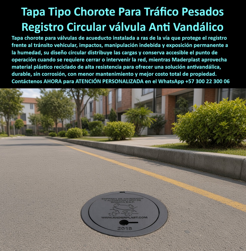 Cajilla tipo chorote Válvula de tráfico pesado, Tapa Chorote Maderplast - La cajilla tipo chorrote para válvula protagoniza la fotografía instalada a ras de una vía residencial. Maderplast fabrica esta tapa redonda para acueducto en plástico reciclado de alta resistencia para proteger válvulas enterradas frente al tránsito, la humedad y los impactos. Los grabados institucionales, Maderplast.com y el año 2019 permiten identificar el servicio y orientar al personal operativo. El problema aparece cuando una tapa metálica para válvula se oxida, se atasca, desaparece por hurto o deja un hueco peligroso. La solución Maderplast combina una caja circular para válvula enterrada con una tapa plástica antivandálica, reduciendo el interés por el valor de recuperación del hierro y eliminando la corrosión del cuerpo plástico. Cuando un comprador pregunta ¿qué es una tapa tipo chorote?, la respuesta es sencilla: es el cierre de un registro vertical para acueducto que mantiene localizable el punto donde se introduce la llave para maniobrar una válvula subterránea. La cajilla chorote para red de agua protege ese acceso frente a tierra, residuos y golpes, permitiendo cerrar o abrir el paso durante reparaciones, sectorización o atención de fugas. Otra consulta es ¿por qué la tapa chorote es circular? La geometría de un registro circular para válvula se adapta al cuerpo vertical y evita que la cubierta caiga dentro de su abertura cuando los diámetros están bien diseñados. Una tapa circular de alta resistencia también distribuye cargas hacia el marco, siempre que material, espesores, nervaduras, apoyo e instalación correspondan al servicio. La pregunta ¿una tapa plástica soporta tráfico vehicular pesado? no debe responderse por apariencia. Una tapa para tráfico pesado necesita un modelo diseñado, instalado y verificado para esa exigencia. La capacidad depende del conjunto: marco y tapa para calzada, base, nivelación, compactación y pavimento. Maderplast puede coordinar especificaciones, prototipos y pruebas acordadas antes de producir en serie. También se busca ¿qué ventajas ofrece una tapa de plástico reciclado? El registro de acueducto reciclado aprovecha el material recuperado para fabricar una solución funcional. La tapa reciclada para válvula no se oxida, puede producirse en color negro y reduce pintura y mantenimiento por corrosión. Como tapa no metálica para vía, disminuye el riesgo de robo motivado por la comercialización de chatarra. Antes de especificarla surge ¿cómo se instala una tapa chorote en la vía? La cajilla enterrada para tráfico vehicular debe quedar alineada con la válvula, apoyada sobre una estructura estable y terminada al nivel del pavimento. Una tapa a ras de la calzada evita resaltes, impactos, ruido y molestias. Las cargas no deben transmitirse a la tubería y el recorrido de la llave debe quedar despejado. El ingeniero debe verificar diámetro, profundidad, drenaje, exposición UV, cierre y clase de tránsito. Una caja de acueducto de alto impacto requiere planos, ficha técnica y evidencia aplicable al modelo. La tapa de inspección para válvula, el marco y el cuerpo deben evaluarse como sistema. Maderplast puede incorporar grabado institucional para acueducto, logotipo, año y referencia, desarrollando un registro para válvula de Bogotá o para cualquier entidad que entregue sus requerimientos. La solución mejora la protección de válvulas subterráneas, favorece el acceso rápido a redes de agua, reduce el mantenimiento por corrosión y fortalece la seguridad vial del registro. Su rentabilidad se calcula mediante el costo total de propiedad: compra, instalación, cierres de vía, reparaciones, robos y reposiciones. Maderplast convierte las necesidades de acueductos, constructoras y municipios en planos, renders, prototipos y producción en serie. Solicite asesoría y cotización al Departamento de Ingeniería: Contacte Atención personalizada: WhatsApp (+57) 300 22 300 06 · ventas@maderplast.com Registro De Acueducto Reciclado Para Tráfico Vehicular, Caja de acueducto circular antivandálica de alta durabilidad, Tapa Redonda Resistente Al Tráfico Vehicular Pesado, Cajilla tipo chorote Válvula de tráfico pesado Tapa Chorote Maderplast Registro De Acueducto Reciclado Para Tráfico Vehicular Caja de acueducto circular antivandálica de alta durabilidad Tapa Redonda Resistente Al Tráfico Vehicular Pesado La cajilla tipo chorrote para válvula protagoniza la fotografía instalada a ras de una vía residencial. Maderplast fabrica esta tapa redonda para acueducto en plástico reciclado de alta resistencia para proteger válvulas enterradas frente al tránsito, la humedad y los impactos. Los grabados institucionales, Maderplast.com y el año 2019 permiten identificar el servicio y orientar al personal operativo. El problema aparece cuando una tapa metálica para válvula se oxida, se atasca, desaparece por hurto o deja un hueco peligroso. La solución Maderplast combina una caja circular para válvula enterrada con una tapa plástica antivandálica, reduciendo el interés por el valor de recuperación del hierro y eliminando la corrosión del cuerpo plástico. Cuando un comprador pregunta ¿qué es una tapa tipo chorote?, la respuesta es sencilla: es el cierre de un registro vertical para acueducto que mantiene localizable el punto donde se introduce la llave para maniobrar una válvula subterránea. La cajilla chorote para red de agua protege ese acceso frente a tierra, residuos y golpes, permitiendo cerrar o abrir el paso durante reparaciones, sectorización o atención de fugas. Otra consulta es ¿por qué la tapa chorote es circular? La geometría de un registro circular para válvula se adapta al cuerpo vertical y evita que la cubierta caiga dentro de su abertura cuando los diámetros están bien diseñados. Una tapa circular de alta resistencia también distribuye cargas hacia el marco, siempre que material, espesores, nervaduras, apoyo e instalación correspondan al servicio. La pregunta ¿una tapa plástica soporta tráfico vehicular pesado? no debe responderse por apariencia. Una tapa para tráfico pesado necesita un modelo diseñado, instalado y verificado para esa exigencia. La capacidad depende del conjunto: marco y tapa para calzada, base, nivelación, compactación y pavimento. Maderplast puede coordinar especificaciones, prototipos y pruebas acordadas antes de producir en serie. También se busca ¿qué ventajas ofrece una tapa de plástico reciclado? El registro de acueducto reciclado aprovecha el material recuperado para fabricar una solución funcional. La tapa reciclada para válvula no se oxida, puede producirse en color negro y reduce pintura y mantenimiento por corrosión. Como tapa no metálica para vía, disminuye el riesgo de robo motivado por la comercialización de chatarra. Antes de especificarla surge ¿cómo se instala una tapa chorote en la vía? La cajilla enterrada para tráfico vehicular debe quedar alineada con la válvula, apoyada sobre una estructura estable y terminada al nivel del pavimento. Una tapa a ras de la calzada evita resaltes, impactos, ruido y molestias. Las cargas no deben transmitirse a la tubería y el recorrido de la llave debe quedar despejado. El ingeniero debe verificar diámetro, profundidad, drenaje, exposición UV, cierre y clase de tránsito. Una caja de acueducto de alto impacto requiere planos, ficha técnica y evidencia aplicable al modelo. La tapa de inspección para válvula, el marco y el cuerpo deben evaluarse como sistema. Maderplast puede incorporar grabado institucional para acueducto, logotipo, año y referencia, desarrollando un registro para válvula de Bogotá o para cualquier entidad que entregue sus requerimientos. La solución mejora la protección de válvulas subterráneas, favorece el acceso rápido a redes de agua, reduce el mantenimiento por corrosión y fortalece la seguridad vial del registro. Su rentabilidad se calcula mediante el costo total de propiedad: compra, instalación, cierres de vía, reparaciones, robos y reposiciones. Maderplast convierte las necesidades de acueductos, constructoras y municipios en planos, renders, prototipos y producción en serie. Solicite asesoría y cotización al Departamento de Ingeniería: Contacte Atención personalizada: WhatsApp (+57) 300 22 300 06 · ventas@maderplast.com