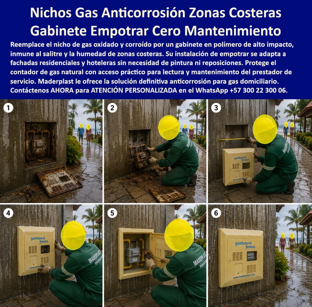 Cambio Nicho Gas Oxidado Nicho Gas Anticorrosión Instalación Maderplast - Nichos Gas Anticorrosión Zonas Costeras: el Gabinete Empotrar que un instructivo de seis pasos documenta a orilla de playa. La secuencia fotográfica no deja dudas del contraste: en el paso uno, un nicho metálico completamente oxidado por la humedad y el salitre marino, con tapa corroída al pie de un andén frente al mar; en el paso seis, ese mismo punto exhibe un gabinete empotrar sin mantenimiento Gas Natural Fenosa, perfectamente instalado, con la playa y las palmeras de fondo como testigo de la transformación. Este es el proceso real de cambio nicho gas oxidado que Maderplast ejecuta para hoteles y proyectos residenciales en zonas costeras. ¿Qué es este producto? Es un nicho gas anticorrosión empotrable en polímero de alto impacto, diseñado como cajilla plástica contador de gas unifamiliar con cenefa, homologado bajo especificaciones de Gas Natural Fenosa para proteger el contador domiciliario a la intemperie. ¿Por qué utilizarlo? Porque, como muestra el paso uno de la secuencia, el nicho metálico convencional se corroe rápidamente frente al salitre y la humedad costera, mientras este mueble de empotrar contador de gas sin mantenimiento es inmune al óxido, sin necesidad de pintura ni reposiciones periódicas en fachadas hoteleras o residenciales de playa. ¿Para qué se debe implementar en esencia? Para proteger el contador de gas natural con acceso práctico de lectura y mantenimiento para el prestador de servicio, garantizando una fachada impecable frente a huéspedes y residentes sin el deterioro visual que genera el óxido en zonas de alta humedad marina. ¿Cómo se realiza el reemplazo de un nicho oxidado sin romper la fachada? El instructivo documenta el proceso: se retira el contador del gabinete deteriorado, se toma la medida exacta del vano con cinta métrica, se instala el nuevo gabinete para contador de gas natural inmune a corrosión ajustado al mismo espacio, y finalmente se reconecta el contador dentro del nicho nuevo. ¿Cuánto tiempo toma esta instalación en campo? Como se aprecia en la secuencia de seis pasos, el cambio se ejecuta en una sola visita técnica, sin obra civil mayor ni tiempo de espera prolongado para el usuario. ¿Es apto para fachadas hoteleras frente al mar? Totalmente, fue precisamente diseñado y probado para ese entorno, resistiendo lluvia, salitre y exposición solar constante sin perder su acabado. ¿Requiere mantenimiento periódico como el metal? No, esté gas natural fenosa gabinete se instala una sola vez y permanece funcional sin pintura ni tratamiento anticorrosivo adicional. ¿Facilita la lectura del prestador de servicio de gas? Sí, su acceso frontal práctico permite lectura e inspección directa sin necesidad de retirar toda la estructura. Un gerente de mantenimiento de un complejo hotelero en el Caribe colombiano nos comentó que, tras reemplazar los nichos de gas oxidados de toda la fachada frontal por estos nichos anticorrosión Maderplast, eliminaron por completo la imagen de deterioro que afectaba la primera impresión de los huéspedes al ingresar por el andén principal. Como fabricante certificado ISO 9001 en diseño y desarrollo, e ISO 14001 ambiental, Maderplast respalda cada nicho de gas domiciliario Vanti con pruebas de laboratorio disponibles en youtube.com/@maderplasSA, y realizamos pruebas de campo adicionales que usted escoja, a nuestro costo. Si su proyecto requiere caja para contador de gas, gabinete individual de gas o el servicio completo de cambio de nichos oxidados en zona costera, nuestro departamento de ingeniería cotiza, instala y ejecuta en sitio. Cuando se trata de gas en plástico técnico anticorrosión, Maderplast es quien resuelve el salitre de una vez por todas. Contacte Atención personalizada: WhatsApp (+57) 300 22 300 06 Cajilla plástica contador de gas unifamiliar con cenefa, Mueble de empotrar contador de gas sin mantenimiento, Gabinete para contador de gas natural inmune a corrosión Gas Cambio Nicho Gas Oxidado Nicho Gas Anticorrosión Instalación Maderplast Cajilla plástica contador de gas unifamiliar con cenefa Mueble de empotrar contador de gas sin mantenimiento Gabinete para contador de gas natural inmune a corrosión Gas Nichos Gas Anticorrosión Zonas Costeras: el Gabinete Empotrar que un instructivo de seis pasos documenta a orilla de playa. La secuencia fotográfica no deja dudas del contraste: en el paso uno, un nicho metálico completamente oxidado por la humedad y el salitre marino, con tapa corroída al pie de un andén frente al mar; en el paso seis, ese mismo punto exhibe un gabinete empotrar sin mantenimiento Gas Natural Fenosa, perfectamente instalado, con la playa y las palmeras de fondo como testigo de la transformación. Este es el proceso real de cambio nicho gas oxidado que Maderplast ejecuta para hoteles y proyectos residenciales en zonas costeras. ¿Qué es este producto? Es un nicho gas anticorrosión empotrable en polímero de alto impacto, diseñado como cajilla plástica contador de gas unifamiliar con cenefa, homologado bajo especificaciones de Gas Natural Fenosa para proteger el contador domiciliario a la intemperie. ¿Por qué utilizarlo? Porque, como muestra el paso uno de la secuencia, el nicho metálico convencional se corroe rápidamente frente al salitre y la humedad costera, mientras este mueble de empotrar contador de gas sin mantenimiento es inmune al óxido, sin necesidad de pintura ni reposiciones periódicas en fachadas hoteleras o residenciales de playa. ¿Para qué se debe implementar en esencia? Para proteger el contador de gas natural con acceso práctico de lectura y mantenimiento para el prestador de servicio, garantizando una fachada impecable frente a huéspedes y residentes sin el deterioro visual que genera el óxido en zonas de alta humedad marina. ¿Cómo se realiza el reemplazo de un nicho oxidado sin romper la fachada? El instructivo documenta el proceso: se retira el contador del gabinete deteriorado, se toma la medida exacta del vano con cinta métrica, se instala el nuevo gabinete para contador de gas natural inmune a corrosión ajustado al mismo espacio, y finalmente se reconecta el contador dentro del nicho nuevo. ¿Cuánto tiempo toma esta instalación en campo? Como se aprecia en la secuencia de seis pasos, el cambio se ejecuta en una sola visita técnica, sin obra civil mayor ni tiempo de espera prolongado para el usuario. ¿Es apto para fachadas hoteleras frente al mar? Totalmente, fue precisamente diseñado y probado para ese entorno, resistiendo lluvia, salitre y exposición solar constante sin perder su acabado. ¿Requiere mantenimiento periódico como el metal? No, esté gas natural fenosa gabinete se instala una sola vez y permanece funcional sin pintura ni tratamiento anticorrosivo adicional. ¿Facilita la lectura del prestador de servicio de gas? Sí, su acceso frontal práctico permite lectura e inspección directa sin necesidad de retirar toda la estructura. Un gerente de mantenimiento de un complejo hotelero en el Caribe colombiano nos comentó que, tras reemplazar los nichos de gas oxidados de toda la fachada frontal por estos nichos anticorrosión Maderplast, eliminaron por completo la imagen de deterioro que afectaba la primera impresión de los huéspedes al ingresar por el andén principal. Como fabricante certificado ISO 9001 en diseño y desarrollo, e ISO 14001 ambiental, Maderplast respalda cada nicho de gas domiciliario Vanti con pruebas de laboratorio disponibles en youtube.com/@maderplasSA, y realizamos pruebas de campo adicionales que usted escoja, a nuestro costo. Si su proyecto requiere caja para contador de gas, gabinete individual de gas o el servicio completo de cambio de nichos oxidados en zona costera, nuestro departamento de ingeniería cotiza, instala y ejecuta en sitio. Cuando se trata de gas en plástico técnico anticorrosión, Maderplast es quien resuelve el salitre de una vez por todas. Contacte Atención personalizada: WhatsApp (+57) 300 22 300 06
