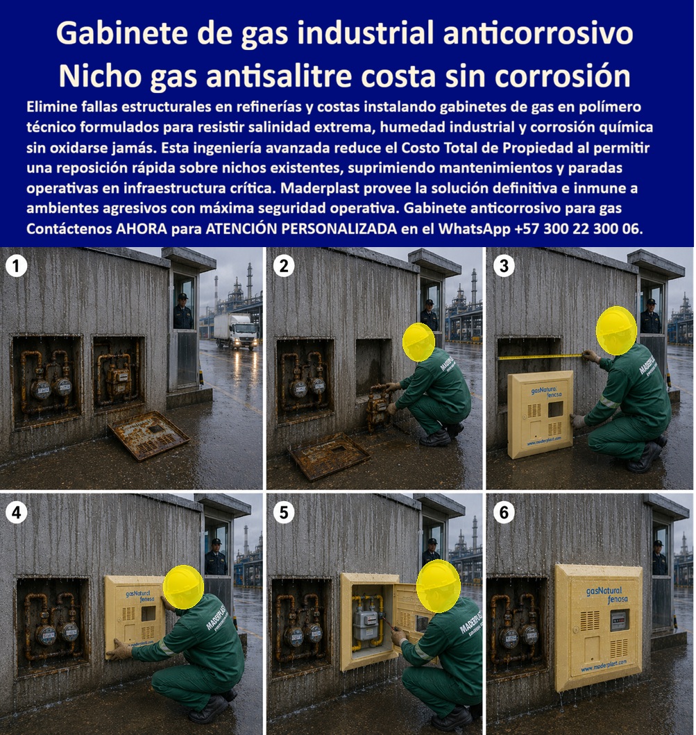 Cambio Nicho Gas Oxidado Nicho Gas Anticorrosión Instalación Maderplast - Gabinete de Gas Industrial Anticorrosivo: el Nicho Antisalitre que un instructivo de seis pasos ejecuta frente a una refinería. Bajo lluvia constante y con una planta industrial de fondo, la secuencia fotográfica documenta el reemplazo completo de un punto de control de gas corroído: nichos metálicos oxidados en el paso uno, retiro de contadores en el paso dos, medición exacta del vano en el paso tres, instalación del nuevo gabinete en los pasos cuatro y cinco, y entrega final operativa en el paso seis. Este es el proceso técnico de cambio nicho gas oxidado que Maderplast ejecuta en infraestructura crítica expuesta a salinidad extrema y corrosión química industrial. ¿Qué es este producto? Es un gabinete de gas industrial anticorrosivo, fabricado en polímero técnico formulado para resistir humedad industrial, salinidad extrema y agentes químicos corrosivos propios de zonas de refinería y ambientes costeros, funcionando como cajilla gas industrial refinería hermética de alta durabilidad. ¿Por qué utilizarlo? Porque, como evidencia el paso uno de la secuencia, el nicho metálico convencional se oxida y colapsa estructuralmente bajo lluvia constante y exposición salina, deteniendo operaciones críticas; en cambio, este nicho gas antisalitre costa sin corrosión no se oxida jamás, incluso en el entorno industrial más agresivo. ¿Para qué se debe implementar en esencia? Para eliminar fallas estructurales en infraestructura de refinerías y zonas costeras, reduciendo el Costo Total de Propiedad mediante una reposición rápida sobre nichos existentes, suprimiendo mantenimientos recurrentes y evitando paradas operativas costosas en instalaciones críticas. ¿Cómo se ejecuta el reemplazo sin detener la operación de la planta? El instructivo documenta el proceso completo: se retira el gabinete metálico deteriorado, se desconectan y retiran los contadores individuales, se toma la medida exacta del vano con cinta métrica, se ajusta el nuevo gabinete de gas para zonas costeras antisalitre al espacio existente y se reconectan los contadores dentro del gabinete nuevo, todo en una sola intervención técnica. ¿Cuánto tiempo real toma esta sustitución en sitio? Como muestra la secuencia de seis pasos, el cambio se completa en una sola visita, minimizando el tiempo de exposición del sistema y el riesgo operativo asociado a una parada prolongada. ¿Es apto para condiciones de lluvia constante y ambiente industrial agresivo? Totalmente diseñado y probado en ese entorno, resistiendo humedad, salitre marino y corrosión química sin comprometer su hermeticidad. ¿Qué garantía ofrece frente a la corrosión estructural que sufrió el nicho anterior? Su formulación en polímero técnico está exenta de oxidación, eliminando el riesgo estructural que llevó a la falla del gabinete metálico original documentado en el paso uno. Un jefe de mantenimiento de una planta industrial costera nos comentó que, tras ejecutar la sustitución de gabinete metálico de gas corroído con Maderplast en su punto de control principal, la operación no ha registrado ninguna parada por falla estructural desde entonces, algo que antes ocurría cada pocos meses por corrosión avanzada. Como fabricante certificado ISO 9001 en diseño y desarrollo, e ISO 14001 ambiental, Maderplast respalda cada gabinete anticorrosivo para gas con pruebas de laboratorio disponibles en youtube.com/@maderplasSA, y realizamos pruebas de campo adicionales que usted escoja, a nuestro costo. Si su planta requiere nicho industrial para medidor de gas, caja empotrable para contador de gas o el servicio completo de reposición sobre nichos existentes en su refinería, nuestro departamento de ingeniería cotiza, instala y ejecuta en sitio. Cuando se trata de gas industrial en plástico técnico anticorrosión, Maderplast es quien elimina la corrosión química de raíz. Contacte Atención personalizada: WhatsApp (+57) 300 22 300 06 Gabinete De Gas Para Zonas Costeras Antisalitre, Sustitución De Gabinete Metálico De Gas Corroído, Cajilla Gas Industrial Refinería Hermética Alta Durabilidad Inoxidables Cambio Nicho Gas Oxidado Nicho Gas Anticorrosión Instalación Maderplast Gabinete De Gas Para Zonas Costeras Antisalitre Sustitución De Gabinete Metálico De Gas Corroído Cajilla Gas Industrial Refinería Hermética Alta Durabilidad Inoxidables Gabinete de Gas Industrial Anticorrosivo: el Nicho Antisalitre que un instructivo de seis pasos ejecuta frente a una refinería. Bajo lluvia constante y con una planta industrial de fondo, la secuencia fotográfica documenta el reemplazo completo de un punto de control de gas corroído: nichos metálicos oxidados en el paso uno, retiro de contadores en el paso dos, medición exacta del vano en el paso tres, instalación del nuevo gabinete en los pasos cuatro y cinco, y entrega final operativa en el paso seis. Este es el proceso técnico de cambio nicho gas oxidado que Maderplast ejecuta en infraestructura crítica expuesta a salinidad extrema y corrosión química industrial. ¿Qué es este producto? Es un gabinete de gas industrial anticorrosivo, fabricado en polímero técnico formulado para resistir humedad industrial, salinidad extrema y agentes químicos corrosivos propios de zonas de refinería y ambientes costeros, funcionando como cajilla gas industrial refinería hermética de alta durabilidad. ¿Por qué utilizarlo? Porque, como evidencia el paso uno de la secuencia, el nicho metálico convencional se oxida y colapsa estructuralmente bajo lluvia constante y exposición salina, deteniendo operaciones críticas; en cambio, este nicho gas antisalitre costa sin corrosión no se oxida jamás, incluso en el entorno industrial más agresivo. ¿Para qué se debe implementar en esencia? Para eliminar fallas estructurales en infraestructura de refinerías y zonas costeras, reduciendo el Costo Total de Propiedad mediante una reposición rápida sobre nichos existentes, suprimiendo mantenimientos recurrentes y evitando paradas operativas costosas en instalaciones críticas. ¿Cómo se ejecuta el reemplazo sin detener la operación de la planta? El instructivo documenta el proceso completo: se retira el gabinete metálico deteriorado, se desconectan y retiran los contadores individuales, se toma la medida exacta del vano con cinta métrica, se ajusta el nuevo gabinete de gas para zonas costeras antisalitre al espacio existente y se reconectan los contadores dentro del gabinete nuevo, todo en una sola intervención técnica. ¿Cuánto tiempo real toma esta sustitución en sitio? Como muestra la secuencia de seis pasos, el cambio se completa en una sola visita, minimizando el tiempo de exposición del sistema y el riesgo operativo asociado a una parada prolongada. ¿Es apto para condiciones de lluvia constante y ambiente industrial agresivo? Totalmente diseñado y probado en ese entorno, resistiendo humedad, salitre marino y corrosión química sin comprometer su hermeticidad. ¿Qué garantía ofrece frente a la corrosión estructural que sufrió el nicho anterior? Su formulación en polímero técnico está exenta de oxidación, eliminando el riesgo estructural que llevó a la falla del gabinete metálico original documentado en el paso uno. Un jefe de mantenimiento de una planta industrial costera nos comentó que, tras ejecutar la sustitución de gabinete metálico de gas corroído con Maderplast en su punto de control principal, la operación no ha registrado ninguna parada por falla estructural desde entonces, algo que antes ocurría cada pocos meses por corrosión avanzada. Como fabricante certificado ISO 9001 en diseño y desarrollo, e ISO 14001 ambiental, Maderplast respalda cada gabinete anticorrosivo para gas con pruebas de laboratorio disponibles en youtube.com/@maderplasSA, y realizamos pruebas de campo adicionales que usted escoja, a nuestro costo. Si su planta requiere nicho industrial para medidor de gas, caja empotrable para contador de gas o el servicio completo de reposición sobre nichos existentes en su refinería, nuestro departamento de ingeniería cotiza, instala y ejecuta en sitio. Cuando se trata de gas industrial en plástico técnico anticorrosión, Maderplast es quien elimina la corrosión química de raíz. Contacte Atención personalizada: WhatsApp (+57) 300 22 300 06