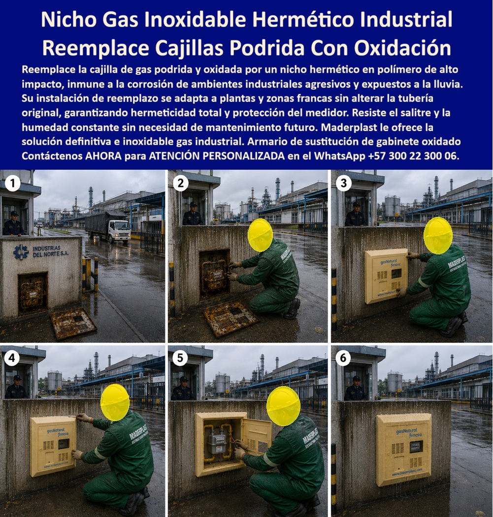 Cambio Nicho Gas Oxidado Nicho Gas Anticorrosión Instalación Maderplast - Nicho Gas Inoxidable Hermético Industrial: el Armario de Sustitución que se ejecuta en la garita de una zona franca. Frente a la portería de "Industrias del Norte S.A.", con camiones entrando bajo lluvia constante y una planta industrial de fondo, la secuencia documenta el reemplazo completo de una cajilla de gas podrida y oxidada por un nicho hermético nuevo: retiró del gabinete corroído en los pasos uno y dos, instalación y fijación del nuevo gabinete en los pasos tres y cuatro, conexión del contador en el paso cinco, y entrega final sellada en el paso seis. Este es el proceso técnico de reemplazo de cajilla gas podrida nicho inoxidable hermético que Maderplast ejecuta en zonas francas y complejos industriales sin detener el acceso operativo de la planta. ¿Qué es este producto? Es un nicho gas inoxidable hermético industrial, fabricado en polímero de alto impacto, diseñado como armario de sustitución de gabinete oxidado que reemplaza cajillas metálicas deterioradas por corrosión sin alterar la tubería original ya instalada. ¿Por qué utilizarlo? Porque, como muestra el paso uno de la secuencia, la cajilla metálica original queda completamente podrida y oxidada tras la exposición constante a lluvia y ambiente industrial agresivo en una zona franca; en cambio, este reemplazo de cajilla de gas oxidada por gabinete plástico es inmune a la corrosión y no requiere mantenimiento futuro alguno. ¿Para qué se debe implementar en esencia? Para garantizar hermeticidad total y protección permanente del medidor de gas en instalaciones industriales, resistiendo salitre y humedad constante sin comprometer jamás la seguridad operativa del punto de suministro. ¿Se puede instalar sin modificar la tubería de gas ya existente? Sí, el instructivo confirma que la instalación de reemplazo se adapta directamente sobre el vano y la tubería original, sin obra civil adicional ni interrupción prolongada del servicio. ¿Cuánto dura la intervención completa en una planta industrial? Como demuestran los seis pasos documentados, el cambio se ejecuta en una sola visita técnica, desde el retiro del gabinete oxidado hasta la entrega hermética del nuevo nicho. ¿Es apto para zonas francas con acceso vehicular constante bajo lluvia? Totalmente, fue probado precisamente en ese entorno, con tránsito de camiones y exposición climática severa durante toda la instalación. ¿Qué diferencia hay entre esta versión industrial y una unifamiliar? Existe también el nicho de gas unifamiliar resistente a lluvia y salitre, de menor escala para vivienda residencial, pero con la misma tecnología hermética de fondo. ¿Garantiza sellado total contra filtraciones de agua o gas? Sí, su hermeticidad protege tanto el medidor como las conexiones internas de cualquier ingreso de humedad, condición crítica en instalaciones de gas natural. Un jefe de seguridad industrial de una zona franca en la costa colombiana nos comentó que, tras el reemplazo de la cajilla oxidada en la garita principal por este nicho gas inoxidable hermético, la planta no ha vuelto a presentar novedades de corrosión en ese punto de control, algo que antes generaba inspecciones correctivas cada pocos meses. Como fabricante certificado ISO 9001 en diseño y desarrollo, e ISO 14001 ambiental, Maderplast respalda cada nicho gas antisalitre con pruebas de laboratorio disponibles en youtube.com/@maderplasSA, y realizamos pruebas de campo adicionales que usted escoja, a nuestro costo. Si su planta o zona franca requiere gabinete de gas industrial anticorrosivo, cajilla gas industrial refinería hermética o el servicio completo de sustitución sobre cajillas ya deterioradas, nuestro departamento de ingeniería cotiza, instala y ejecuta en sitio. Cuando se trata de nichos de gas industrial en plástico técnico, Maderplast es quien sella la corrosión de una vez por todas. Contacte Atención personalizada: WhatsApp (+57) 300 22 300 06 Reemplazo Cajilla Gas Podrida Nicho Inoxidable Hermético, Reemplazo De Cajilla De Gas Oxidada Por Gabinete Plástico, Nicho De Gas Unifamiliar Resistente A Lluvia Y Salitre Cambio Nicho Gas Oxidado Nicho Gas Anticorrosión Instalación Maderplast Reemplazo Cajilla Gas Podrida Nicho Inoxidable Hermético Reemplazo De Cajilla De Gas Oxidada Por Gabinete Plástico Nicho De Gas Unifamiliar Resistente A Lluvia Y Salitre Nicho Gas Inoxidable Hermético Industrial: el Armario de Sustitución que se ejecuta en la garita de una zona franca. Frente a la portería de "Industrias del Norte S.A.", con camiones entrando bajo lluvia constante y una planta industrial de fondo, la secuencia documenta el reemplazo completo de una cajilla de gas podrida y oxidada por un nicho hermético nuevo: retiró del gabinete corroído en los pasos uno y dos, instalación y fijación del nuevo gabinete en los pasos tres y cuatro, conexión del contador en el paso cinco, y entrega final sellada en el paso seis. Este es el proceso técnico de reemplazo de cajilla gas podrida nicho inoxidable hermético que Maderplast ejecuta en zonas francas y complejos industriales sin detener el acceso operativo de la planta. ¿Qué es este producto? Es un nicho gas inoxidable hermético industrial, fabricado en polímero de alto impacto, diseñado como armario de sustitución de gabinete oxidado que reemplaza cajillas metálicas deterioradas por corrosión sin alterar la tubería original ya instalada. ¿Por qué utilizarlo? Porque, como muestra el paso uno de la secuencia, la cajilla metálica original queda completamente podrida y oxidada tras la exposición constante a lluvia y ambiente industrial agresivo en una zona franca; en cambio, este reemplazo de cajilla de gas oxidada por gabinete plástico es inmune a la corrosión y no requiere mantenimiento futuro alguno. ¿Para qué se debe implementar en esencia? Para garantizar hermeticidad total y protección permanente del medidor de gas en instalaciones industriales, resistiendo salitre y humedad constante sin comprometer jamás la seguridad operativa del punto de suministro. ¿Se puede instalar sin modificar la tubería de gas ya existente? Sí, el instructivo confirma que la instalación de reemplazo se adapta directamente sobre el vano y la tubería original, sin obra civil adicional ni interrupción prolongada del servicio. ¿Cuánto dura la intervención completa en una planta industrial? Como demuestran los seis pasos documentados, el cambio se ejecuta en una sola visita técnica, desde el retiro del gabinete oxidado hasta la entrega hermética del nuevo nicho. ¿Es apto para zonas francas con acceso vehicular constante bajo lluvia? Totalmente, fue probado precisamente en ese entorno, con tránsito de camiones y exposición climática severa durante toda la instalación. ¿Qué diferencia hay entre esta versión industrial y una unifamiliar? Existe también el nicho de gas unifamiliar resistente a lluvia y salitre, de menor escala para vivienda residencial, pero con la misma tecnología hermética de fondo. ¿Garantiza sellado total contra filtraciones de agua o gas? Sí, su hermeticidad protege tanto el medidor como las conexiones internas de cualquier ingreso de humedad, condición crítica en instalaciones de gas natural. Un jefe de seguridad industrial de una zona franca en la costa colombiana nos comentó que, tras el reemplazo de la cajilla oxidada en la garita principal por este nicho gas inoxidable hermético, la planta no ha vuelto a presentar novedades de corrosión en ese punto de control, algo que antes generaba inspecciones correctivas cada pocos meses. Como fabricante certificado ISO 9001 en diseño y desarrollo, e ISO 14001 ambiental, Maderplast respalda cada nicho gas antisalitre con pruebas de laboratorio disponibles en youtube.com/@maderplasSA, y realizamos pruebas de campo adicionales que usted escoja, a nuestro costo. Si su planta o zona franca requiere gabinete de gas industrial anticorrosivo, cajilla gas industrial refinería hermética o el servicio completo de sustitución sobre cajillas ya deterioradas, nuestro departamento de ingeniería cotiza, instala y ejecuta en sitio. Cuando se trata de nichos de gas industrial en plástico técnico, Maderplast es quien sella la corrosión de una vez por todas. Contacte Atención personalizada: WhatsApp (+57) 300 22 300 06