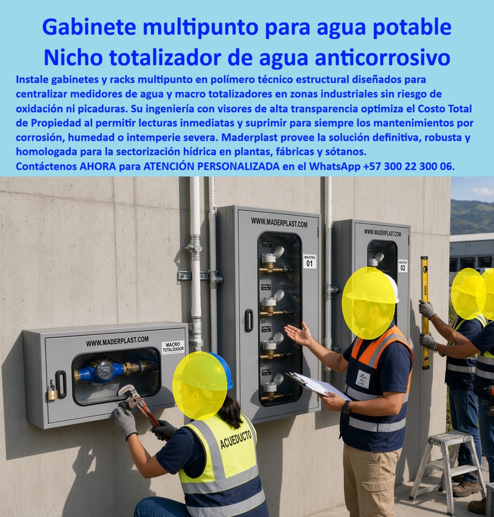 Nicho De Pared Medidores Agua Gabinete Agua Rack Multipunto Maderplast - Gabinete Multipunto para Agua Potable: el Nicho Totalizador que un equipo de acueducto instala y aprueba en planta. Frente al muro de una zona industrial, un operario del acueducto ajusta con llave de tubo el macro totalizador, mientras el ingeniero de obra revisa la instalación con nivel y bitácora en mano. Esa escena resume la confianza técnica que genera este gabinete multipunto para agua potable, un nicho totalizador de agua anticorrosivo diseñado para centralizar la sectorización hídrica de plantas, fábricas y edificaciones industriales sin margen de error en la lectura. ¿Qué es este producto? Es un gabinete agua rack multipunto en polímero técnico estructural, con visor de alta transparencia, que agrupa varios medidores individuales junto a un caja para macromedidor de agua central, identificando cada punto de consumo por local o industria mediante numeración clara. ¿Por qué utilizarlo? Porque, a diferencia del gabinete metálico convencional, este nicho de pared medidores agua no se oxida ni presenta picaduras por humedad o intemperie severa, eliminando el gasto recurrente en pintura, soldadura y reemplazo de bisagras oxidadas que enfrenta la competencia. ¿Para qué se debe implementar en esencia? Para reducir el Costo Total de Propiedad de la instalación hídrica, garantizando lecturas inmediatas y precisas, y logrando una recepción de obra sin observaciones por parte del acueducto o la interventoría técnica. ¿Sirve para instalaciones en sótanos o parqueaderos con humedad constante? Sí, este gabinete agua sótano parqueadero sin reclamos recepción resiste condiciones de baja ventilación y filtraciones sin comprometer su estructura ni sus conexiones internas. ¿Qué pasa si necesito centralizar varios locales o industrias en un mismo punto? Se configura como banco de medidores con acceso independiente por punto, tal como lo muestra la numeración "Industria 01" e "Industria 02" en el gabinete instalado. ¿Cómo se protege el macromedidor contra manipulación externa? Incorpora candado y cerramiento tipo caja antivandalismo para medidor, asegurando que solo personal autorizado del acueducto opere la válvula. ¿Es apto para plantas industriales expuestas a la intemperie? Totalmente, es un nicho totalizador agua planta fábrica resistente intemperies, certificado para trabajar a la vista en fachadas exteriores sin deterioro estructural. ¿Puede funcionar también como caja de registro para válvulas? Sí, existe versión caja para válvula de acueducto y caja de registro en polímero reforzado, complementaria al rack multipunto para labores de corte y mantenimiento de red. Un ingeniero residente de una planta industrial en la sabana de Bogotá nos relató que, tras instalar este gabinete para medidor totalizador agua anticorrosivo, el acueducto local aprobó la sectorización en la primera visita, sin solicitar ajustes, y que a dos años de uso continuo no ha requerido ni una sola intervención de mantenimiento. Como fabricante certificado ISO 9001 en diseño y desarrollo, e ISO 14001 ambiental, Maderplast respalda cada gabinete portamedidor multipunto con pruebas de laboratorio disponibles en youtube.com/@maderplasSA, y realizamos pruebas de campo adicionales que usted escoja, a nuestro costo. Si su planta requiere gabinete para macromedición, cajilla para medidores o un diseño de rack a la medida de su sectorización hídrica, nuestro departamento de ingeniería cotiza, personaliza y fabrica en serie. Cuando se trata de macromedición en plástico técnico, Maderplast es quien convierte la corrosión industrial en un problema del pasado. Contacte Atención personalizada: WhatsApp (+57) 300 22 300 06 Gabinete Agua Sótano Parqueadero Sin Reclamos Recepción, Gabinete para medidor totalizador agua anticorrosivo, Nicho Totalizador Agua Planta Fábrica Resistente Intemperies Nicho De Pared Medidores Agua Gabinete Agua Rack Multipunto Maderplast Gabinete Agua Sótano Parqueadero Sin Reclamos Recepción Gabinete para medidor totalizador agua anticorrosivo Nicho Totalizador Agua Planta Fábrica Resistente Intemperies Gabinete Multipunto para Agua Potable: el Nicho Totalizador que un equipo de acueducto instala y aprueba en planta. Frente al muro de una zona industrial, un operario del acueducto ajusta con llave de tubo el macro totalizador, mientras el ingeniero de obra revisa la instalación con nivel y bitácora en mano. Esa escena resume la confianza técnica que genera este gabinete multipunto para agua potable, un nicho totalizador de agua anticorrosivo diseñado para centralizar la sectorización hídrica de plantas, fábricas y edificaciones industriales sin margen de error en la lectura. ¿Qué es este producto? Es un gabinete agua rack multipunto en polímero técnico estructural, con visor de alta transparencia, que agrupa varios medidores individuales junto a un caja para macromedidor de agua central, identificando cada punto de consumo por local o industria mediante numeración clara. ¿Por qué utilizarlo? Porque, a diferencia del gabinete metálico convencional, este nicho de pared medidores agua no se oxida ni presenta picaduras por humedad o intemperie severa, eliminando el gasto recurrente en pintura, soldadura y reemplazo de bisagras oxidadas que enfrenta la competencia. ¿Para qué se debe implementar en esencia? Para reducir el Costo Total de Propiedad de la instalación hídrica, garantizando lecturas inmediatas y precisas, y logrando una recepción de obra sin observaciones por parte del acueducto o la interventoría técnica. ¿Sirve para instalaciones en sótanos o parqueaderos con humedad constante? Sí, este gabinete agua sótano parqueadero sin reclamos recepción resiste condiciones de baja ventilación y filtraciones sin comprometer su estructura ni sus conexiones internas. ¿Qué pasa si necesito centralizar varios locales o industrias en un mismo punto? Se configura como banco de medidores con acceso independiente por punto, tal como lo muestra la numeración "Industria 01" e "Industria 02" en el gabinete instalado. ¿Cómo se protege el macromedidor contra manipulación externa? Incorpora candado y cerramiento tipo caja antivandalismo para medidor, asegurando que solo personal autorizado del acueducto opere la válvula. ¿Es apto para plantas industriales expuestas a la intemperie? Totalmente, es un nicho totalizador agua planta fábrica resistente intemperies, certificado para trabajar a la vista en fachadas exteriores sin deterioro estructural. ¿Puede funcionar también como caja de registro para válvulas? Sí, existe versión caja para válvula de acueducto y caja de registro en polímero reforzado, complementaria al rack multipunto para labores de corte y mantenimiento de red. Un ingeniero residente de una planta industrial en la sabana de Bogotá nos relató que, tras instalar este gabinete para medidor totalizador agua anticorrosivo, el acueducto local aprobó la sectorización en la primera visita, sin solicitar ajustes, y que a dos años de uso continuo no ha requerido ni una sola intervención de mantenimiento. Como fabricante certificado ISO 9001 en diseño y desarrollo, e ISO 14001 ambiental, Maderplast respalda cada gabinete portamedidor multipunto con pruebas de laboratorio disponibles en youtube.com/@maderplasSA, y realizamos pruebas de campo adicionales que usted escoja, a nuestro costo. Si su planta requiere gabinete para macromedición, cajilla para medidores o un diseño de rack a la medida de su sectorización hídrica, nuestro departamento de ingeniería cotiza, personaliza y fabrica en serie. Cuando se trata de macromedición en plástico técnico, Maderplast es quien convierte la corrosión industrial en un problema del pasado. Contacte Atención personalizada: WhatsApp (+57) 300 22 300 06