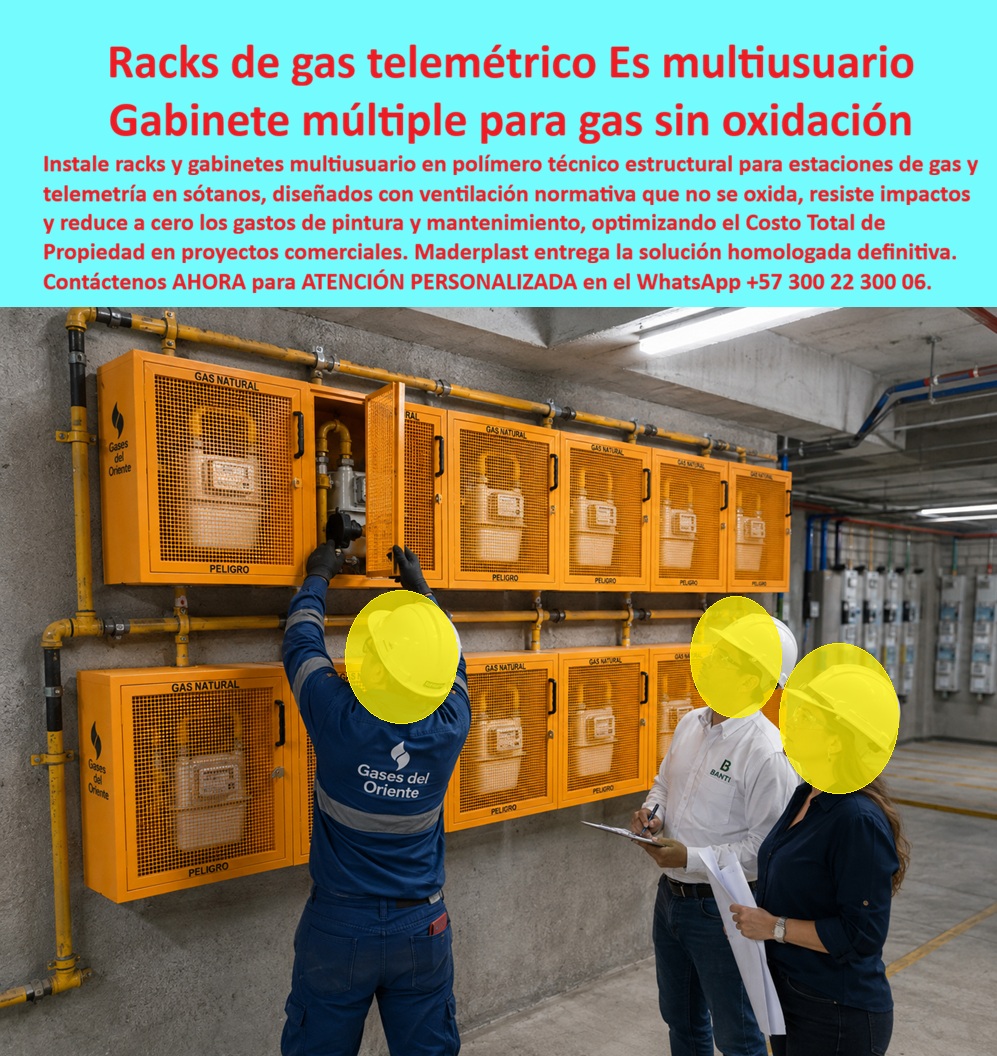 Rack Gas Telemétrico Multiusuario Gabinetes Medidores Gas Maderplast - El rack modular multiusuario de gas Maderplast reúne medidores independientes en dos hileras de gabinetes sobre un muro técnico. La imagen muestra cajas individuales para contadores de gas, puertas perforadas, tuberías identificadas y una inspección. El protagonista es el sistema modular de protección; medidores, válvulas y red pertenecen a la instalación de gas. ¿Qué solución aparece? Es una batería mural de medidores de gas compuesta por módulos separados, cada uno con puerta, cerradura, señalización y ventilación frontal permanente. Puede buscarse como rack de gas para edificios, gabinete múltiple de medición o centro de contadores en sótano. La cantidad de módulos debe responder a planos y capacidad aprobada, sin asumir que una referencia sirve para todas las obras. ¿Por qué utilizar compartimentos independientes? El acceso individual por usuario facilita identificar cada cuenta y evita abrir toda la batería. La lectura organizada de medidores, el mantenimiento sectorizado del gas y la señalización de cada gabinete reducen confusiones. Las puertas deben permitir inspeccionar componentes sin forzar conexiones, conservar la ventilación y controlar manipulaciones no autorizadas. ¿Cuándo puede llamarse telemétrico? Sólo cuando exista un sistema de telemetría de gas instalado y compatible. Un módulo de lectura remota, la comunicación RF para medidores, la alimentación, el concentrador y la plataforma de datos deben estar definidos y probados. Un medidor compatible con telemetría no convierte por sí solo la envolvente en una solución AMI. Deben verificarse la transmisión de datos de consumo, la cobertura de señal en sótanos, la integración AMI de gas y una prueba de comunicación remota documentada. ¿Por qué conviene una envolvente plástica? Un gabinete no metálico para gas no presenta la oxidación ferrosa del acero y ofrece protección frente a corrosión en espacios húmedos. Puede reducir pintura y reposición de la carcasa, mejorando el costo total de propiedad del rack. Sin embargo, “libre de mantenimiento” no elimina limpieza, inspecciones ni revisión de herrajes resistentes a humedad. La durabilidad depende del cuerpo, puertas, fijaciones, cerraduras y condiciones de servicio. ¿Qué debe validar el proyectista? Debe coordinar dimensiones, accesibilidad, ventilación, apertura, señalización, tuberías y distancias aplicables. La línea matriz del edificio, las líneas individuales de gas, el espacio para válvulas de corte y la fijación estructural de módulos deben corresponder a los planos del centro de medición. También prevalecen los requisitos de la empresa distribuidora y las condiciones aprobadas para el lugar; una imagen comercial no demuestra conformidad. ¿Cómo se recibe? La inspección de batería de medidores comprueba identificación, montaje, accesos, ventilación y concordancia documental. Las pruebas de tuberías y puesta en servicio corresponden a personal competente. En Colombia, el Reglamento Técnico expedido mediante la Resolución 90902 de 2013 continúa vigente con sus modificaciones por la prórroga de la Resolución 40348 de 2026. La trazabilidad técnica por cuenta reduce objeciones y protege al especificador. Maderplast desarrolla gabinetes de gas fabricados a medida, planos, renders, prototipos y producción modular. Solicite una cotización de rack telemétrico multiusuario al Contacte Atención personalizada: WhatsApp (+57) 300 22 300 06 o a ventas@maderplast.com Cajas Para Contadores De Gas Inoxidables Y Duraderas, Caseta modular para estación de gas libre de mantenimiento, Gabinete múltiple para telemetría de gas sin corrosión Gas a Rack Gas Telemétrico Multiusuario Gabinetes Medidores Gas Maderplast Cajas Para Contadores De Gas Inoxidables Y Duraderas Caseta modular para estación de gas libre de mantenimiento Gabinete múltiple para telemetría de gas sin corrosión Gas a El rack modular multiusuario de gas Maderplast reúne medidores independientes en dos hileras de gabinetes sobre un muro técnico. La imagen muestra cajas individuales para contadores de gas, puertas perforadas, tuberías identificadas y una inspección. El protagonista es el sistema modular de protección; medidores, válvulas y red pertenecen a la instalación de gas. ¿Qué solución aparece? Es una batería mural de medidores de gas compuesta por módulos separados, cada uno con puerta, cerradura, señalización y ventilación frontal permanente. Puede buscarse como rack de gas para edificios, gabinete múltiple de medición o centro de contadores en sótano. La cantidad de módulos debe responder a planos y capacidad aprobada, sin asumir que una referencia sirve para todas las obras. ¿Por qué utilizar compartimentos independientes? El acceso individual por usuario facilita identificar cada cuenta y evita abrir toda la batería. La lectura organizada de medidores, el mantenimiento sectorizado del gas y la señalización de cada gabinete reducen confusiones. Las puertas deben permitir inspeccionar componentes sin forzar conexiones, conservar la ventilación y controlar manipulaciones no autorizadas. ¿Cuándo puede llamarse telemétrico? Sólo cuando exista un sistema de telemetría de gas instalado y compatible. Un módulo de lectura remota, la comunicación RF para medidores, la alimentación, el concentrador y la plataforma de datos deben estar definidos y probados. Un medidor compatible con telemetría no convierte por sí solo la envolvente en una solución AMI. Deben verificarse la transmisión de datos de consumo, la cobertura de señal en sótanos, la integración AMI de gas y una prueba de comunicación remota documentada. ¿Por qué conviene una envolvente plástica? Un gabinete no metálico para gas no presenta la oxidación ferrosa del acero y ofrece protección frente a corrosión en espacios húmedos. Puede reducir pintura y reposición de la carcasa, mejorando el costo total de propiedad del rack. Sin embargo, “libre de mantenimiento” no elimina limpieza, inspecciones ni revisión de herrajes resistentes a humedad. La durabilidad depende del cuerpo, puertas, fijaciones, cerraduras y condiciones de servicio. ¿Qué debe validar el proyectista? Debe coordinar dimensiones, accesibilidad, ventilación, apertura, señalización, tuberías y distancias aplicables. La línea matriz del edificio, las líneas individuales de gas, el espacio para válvulas de corte y la fijación estructural de módulos deben corresponder a los planos del centro de medición. También prevalecen los requisitos de la empresa distribuidora y las condiciones aprobadas para el lugar; una imagen comercial no demuestra conformidad. ¿Cómo se recibe? La inspección de batería de medidores comprueba identificación, montaje, accesos, ventilación y concordancia documental. Las pruebas de tuberías y puesta en servicio corresponden a personal competente. En Colombia, el Reglamento Técnico expedido mediante la Resolución 90902 de 2013 continúa vigente con sus modificaciones por la prórroga de la Resolución 40348 de 2026. La trazabilidad técnica por cuenta reduce objeciones y protege al especificador. Maderplast desarrolla gabinetes de gas fabricados a medida, planos, renders, prototipos y producción modular. Solicite una cotización de rack telemétrico multiusuario al Contacte Atención personalizada: WhatsApp (+57) 300 22 300 06 o a ventas@maderplast.com