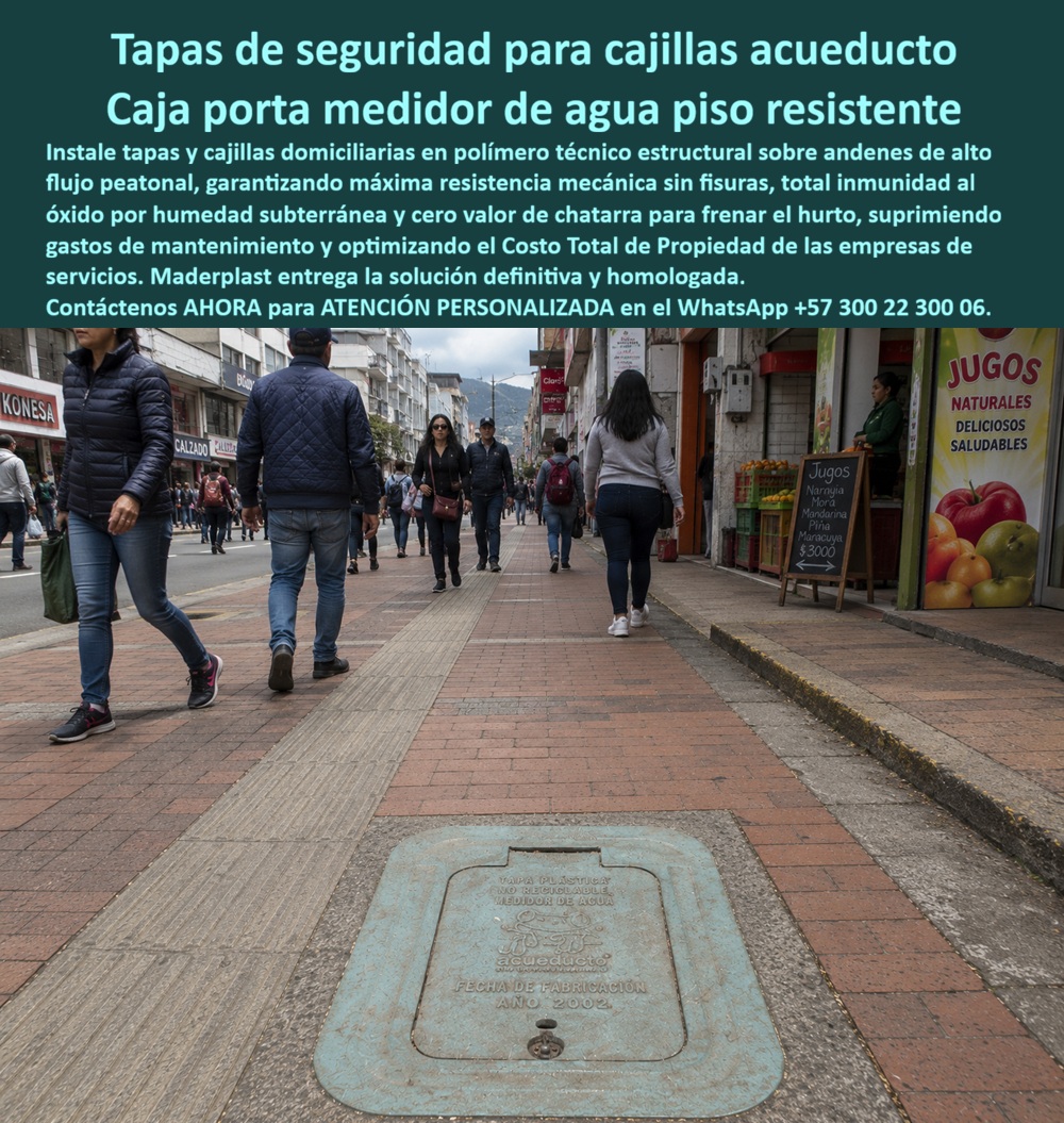 Tapa Con Cajilla De Medidor Tapa Plástica Alto Tráfico Peatonal Maderplast - Tapas de Seguridad para Cajillas Acueducto: la Caja Porta Medidor que soporta el andén más transitado de la ciudad. Sobre una calle comercial de alto flujo peatonal, decenas de personas caminan a diario sobre esta tapa con cajilla de medidor, instalada al ras del piso sin generar tropiezo ni desnivel. Esa capacidad de resistir tránsito constante sin fisurarse es la razón de ser de esta caja portamedidor de agua piso resistente, la solución que Maderplast entrega para zonas urbanas donde el pavimento recibe miles de pisadas cada jornada. ¿Qué es este producto? Es una tapa de seguridad para cajilla en polímero técnico estructural, diseñada para cubrir la caja medidora de agua domiciliaria de andén sobre vías peatonales de alto tráfico comercial, integrándose al nivel del piso sin comprometer la circulación. ¿Por qué utilizarla? Porque a diferencia de la tapa metálica tradicional -que hoy vemos oxidada, fechada desde años atrás y con evidente valor de chatarra-, esta tapa plástica alto tráfico peatonal es totalmente inmune al óxido por humedad subterránea y no representa ningún atractivo de reventa para el hurto, suprimiendo un problema recurrente para las empresas de acueducto. ¿Para qué se debe implementar en esencia? Para garantizar máxima resistencia mecánica sin fisuras bajo el peso peatonal constante, optimizar el Costo Total de Propiedad de las empresas de servicios y mantener la estética urbana sin tapas quebradas ni corroídas en plena vía comercial. ¿Resiste el peso de vehículos livianos que suban ocasionalmente al andén? Sí, esta caja portamedidor de agua para piso resistente está calculada estructuralmente para cargas de tránsito urbano exigente, sin agrietarse con el paso repetido. ¿Qué pasa si la tapa metálica original ya fue robada varias veces? Ese es justamente el problema que resuelve esta tapa plástica para reemplazar la tapa de hierro, al eliminar por completo el valor de reciclaje que motiva el hurto en centros urbanos. ¿Puede instalarse en cajillas antiguas ya existentes? Sí, se adapta como caja de empotrar en pared o a nivel de piso, ajustándose a las dimensiones estándar de la cajilla domiciliaria ya instalada por el acueducto. ¿Cuánto tiempo dura sin necesitar mantenimiento? Al no oxidarse ni degradarse con la humedad, esta caja para tapar el contador elimina las intervenciones periódicas de pintura o soldadura que exige el metal. ¿Es apto para zonas comerciales de alta circulación como esta? Totalmente, es la referencia técnica para caja de acueducto en corredores peatonales donde miles de personas transitan a diario sin margen de error. Un supervisor de infraestructura de un acueducto municipal nos comentó que, tras reemplazar decenas de tapas metálicas robadas en el centro de la ciudad por estas tapas de seguridad para cajillas Maderplast, los reportes de hurto desaparecieron por completo, y el ahorro en reposiciones fue evidente ya en el primer semestre. Como fabricante certificado ISO 9001 en diseño y desarrollo, e ISO 14001 ambiental, Maderplast respalda cada caja empotrar pared medidores con pruebas de laboratorio disponibles en youtube.com/@maderplasSA, y realizamos pruebas de campo adicionales que usted escoja, a nuestro costo. Si su municipio requiere cajilla para medidores, caja plástica para medidor o un diseño a la medida de sus andenes comerciales, nuestro departamento de ingeniería cotiza, personaliza y fabrica en serie. Cuando se trata de tapas para acueducto en plástico técnico, Maderplast convierte el hurto y la corrosión urbana en cosa del pasado. Contacte Atención personalizada: WhatsApp (+57) 300 22 300 06 Tapa de seguridad para cajilla de acueducto, Caja portamedidor de agua para piso resistente, Caja medidor de agua domiciliaria de andén, Caja Empotrar Pared Medidores Tapa Con Cajilla De Medidor Tapa Plástica Alto Tráfico Peatonal Maderplast Tapa de seguridad para cajilla de acueducto Caja portamedidor de agua para piso resistente Caja medidor de agua domiciliaria de andén Caja Empotrar Pared Medidores Tapas de Seguridad para Cajillas Acueducto: la Caja Porta Medidor que soporta el andén más transitado de la ciudad. Sobre una calle comercial de alto flujo peatonal, decenas de personas caminan a diario sobre esta tapa con cajilla de medidor, instalada al ras del piso sin generar tropiezo ni desnivel. Esa capacidad de resistir tránsito constante sin fisurarse es la razón de ser de esta caja portamedidor de agua piso resistente, la solución que Maderplast entrega para zonas urbanas donde el pavimento recibe miles de pisadas cada jornada. ¿Qué es este producto? Es una tapa de seguridad para cajilla en polímero técnico estructural, diseñada para cubrir la caja medidora de agua domiciliaria de andén sobre vías peatonales de alto tráfico comercial, integrándose al nivel del piso sin comprometer la circulación. ¿Por qué utilizarla? Porque a diferencia de la tapa metálica tradicional -que hoy vemos oxidada, fechada desde años atrás y con evidente valor de chatarra-, esta tapa plástica alto tráfico peatonal es totalmente inmune al óxido por humedad subterránea y no representa ningún atractivo de reventa para el hurto, suprimiendo un problema recurrente para las empresas de acueducto. ¿Para qué se debe implementar en esencia? Para garantizar máxima resistencia mecánica sin fisuras bajo el peso peatonal constante, optimizar el Costo Total de Propiedad de las empresas de servicios y mantener la estética urbana sin tapas quebradas ni corroídas en plena vía comercial. ¿Resiste el peso de vehículos livianos que suban ocasionalmente al andén? Sí, esta caja portamedidor de agua para piso resistente está calculada estructuralmente para cargas de tránsito urbano exigente, sin agrietarse con el paso repetido. ¿Qué pasa si la tapa metálica original ya fue robada varias veces? Ese es justamente el problema que resuelve esta tapa plástica para reemplazar la tapa de hierro, al eliminar por completo el valor de reciclaje que motiva el hurto en centros urbanos. ¿Puede instalarse en cajillas antiguas ya existentes? Sí, se adapta como caja de empotrar en pared o a nivel de piso, ajustándose a las dimensiones estándar de la cajilla domiciliaria ya instalada por el acueducto. ¿Cuánto tiempo dura sin necesitar mantenimiento? Al no oxidarse ni degradarse con la humedad, esta caja para tapar el contador elimina las intervenciones periódicas de pintura o soldadura que exige el metal. ¿Es apto para zonas comerciales de alta circulación como esta? Totalmente, es la referencia técnica para caja de acueducto en corredores peatonales donde miles de personas transitan a diario sin margen de error. Un supervisor de infraestructura de un acueducto municipal nos comentó que, tras reemplazar decenas de tapas metálicas robadas en el centro de la ciudad por estas tapas de seguridad para cajillas Maderplast, los reportes de hurto desaparecieron por completo, y el ahorro en reposiciones fue evidente ya en el primer semestre. Como fabricante certificado ISO 9001 en diseño y desarrollo, e ISO 14001 ambiental, Maderplast respalda cada caja empotrar pared medidores con pruebas de laboratorio disponibles en youtube.com/@maderplasSA, y realizamos pruebas de campo adicionales que usted escoja, a nuestro costo. Si su municipio requiere cajilla para medidores, caja plástica para medidor o un diseño a la medida de sus andenes comerciales, nuestro departamento de ingeniería cotiza, personaliza y fabrica en serie. Cuando se trata de tapas para acueducto en plástico técnico, Maderplast convierte el hurto y la corrosión urbana en cosa del pasado. Contacte Atención personalizada: WhatsApp (+57) 300 22 300 06