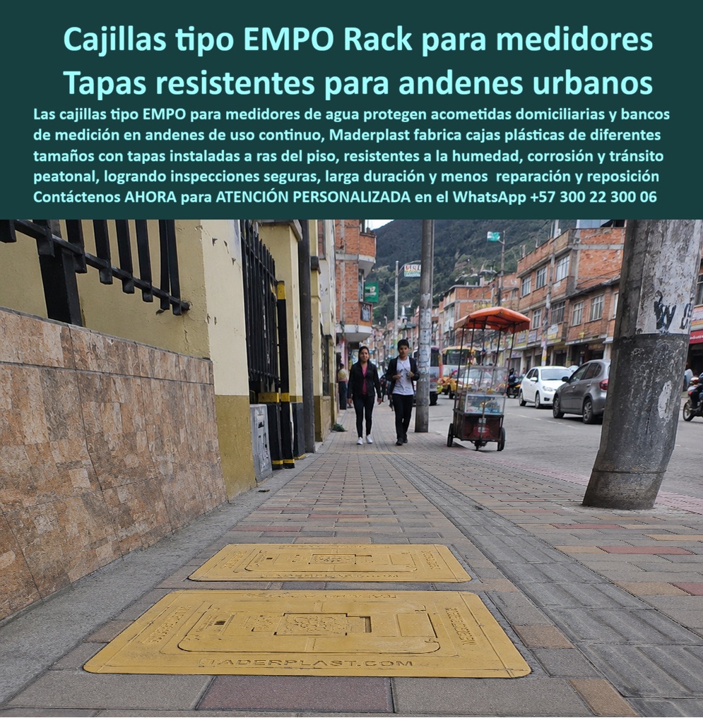 Tapa Con Cajilla De Medidor Tapa Plástica Catalogo Brochure Tamaños Maderplast - Las cajillas tipo EMPO para medidores de agua Maderplast aparecen a ras de un andén urbano, en dos formatos rectangulares para diferentes espacios de inspección. Su color facilita localizarlas y el relieve distingue la apertura dentro de la superficie peatonal. La fotografía no muestra un rack mural: presenta una tapa con cajilla para medidor y una caja de piso para acueducto que protegen equipos bajo el andén. ¿Qué es una cajilla tipo EMPO? Es una denominación comercial y regional para una cajilla municipal para contador de agua, instalada sobre la acometida domiciliaria de agua. También puede buscarse como caja EMPO para medidor, cajilla tipo EMPO Cali, tapa caleña para medidor o registro domiciliario de agua. Como las exigencias cambian entre prestadores y municipios, el nombre “EMPO” no demuestra aprobación ni define una única medida. ¿Por qué existen tamaños diferentes? La cajilla de diferentes tamaños se selecciona según dimensiones del contador, válvulas, uniones, tubería y espacio para herramientas. Una caja para medidor de agua domiciliaria puede requerir menos volumen que una caja rectangular para medidor destinada a conexiones adicionales. Elegir únicamente por la dimensión exterior puede dejar el interior estrecho, forzar accesorios o generar reprocesos. La medida correcta protege la red y deja maniobra suficiente para reemplazar el contador sin romper el pavimento. ¿Cómo debe funcionar la apertura? La tapa de inspección para contador permite entrar al compartimiento para mantenimiento, mientras una ventanilla de lectura o tapa con apertura parcial puede facilitar la consulta del consumo sin descubrir toda la instalación. Para intervenir válvulas y conexiones, la tapa completa de mantenimiento debe ofrecer acceso suficiente. Una cajilla con sistema de seguridad y una tapa antirrobo para medidor controlan la apertura mediante el mecanismo previsto, sin dificultar el trabajo autorizado. ¿Cómo se instala correctamente en un andén? La instalación a ras de piso debe conservar la continuidad de la circulación y evitar bordes que causan tropiezos. El marco apoyado en concreto requiere soporte uniforme, nivelación, confinamiento y espacio para abrir sin rozar el acabado. Una tapa peatonal antideslizante debe mantener agarre con humedad y corresponder a la clase de carga peatonal del lugar. La presencia de motos o vehículos exige otra evaluación; no debe suponerse resistencia vehicular por apariencia. ¿Por qué utilizar una solución plástica? Una tapa plástica anticorrosiva no desarrolla el óxido propio del hierro y una tapa resistente a humedad puede reducir pintura, saneamiento y deterioro visual. Esto mejora la protección del contador de agua y facilita la reposición de tapa de medidor al sustituir cubiertas metálicas deterioradas. La durabilidad depende del polímero, diseño, exposición solar, carga, herrajes e instalación; por eso debe respaldarse con documentación de la referencia. ¿Qué debe revisar el comprador? Debe comparar medidas útiles, apertura, cierre, carga, material, garantía, ficha técnica de cajilla, instalación y requisitos del acueducto local. Una cajilla aprobada por acueducto solo debe anunciarse así cuando exista evidencia vigente para ese modelo. Maderplast desarrolla cajillas personalizadas para municipios, planos, muestras y producción en serie como fabricante de cajas para medidor. Solicite el precio de cajilla EMPO y la cotización de tapa con caja al Contacte Atención personalizada: WhatsApp (+57) 300 22 300 06 o a ventas@maderplast.comCaja para medidor de agua domiciliario, Gabinete para banco de medidores de agua, Cajilla Municipal Tipo EMPO Medidor Agua Alta Resistencia, Cajilla tipo Empo Cali Tapa Con Cajilla De Medidor Tapa Plástica Catalogo Brochure Tamaños Maderplast Caja para medidor de agua domiciliario Gabinete para banco de medidores de agua Cajilla Municipal Tipo EMPO Medidor Agua Alta Resistencia Cajilla tipo Empo Cali Las cajillas tipo EMPO para medidores de agua Maderplast aparecen a ras de un andén urbano, en dos formatos rectangulares para diferentes espacios de inspección. Su color facilita localizarlas y el relieve distingue la apertura dentro de la superficie peatonal. La fotografía no muestra un rack mural: presenta una tapa con cajilla para medidor y una caja de piso para acueducto que protegen equipos bajo el andén. ¿Qué es una cajilla tipo EMPO? Es una denominación comercial y regional para una cajilla municipal para contador de agua, instalada sobre la acometida domiciliaria de agua. También puede buscarse como caja EMPO para medidor, cajilla tipo EMPO Cali, tapa caleña para medidor o registro domiciliario de agua. Como las exigencias cambian entre prestadores y municipios, el nombre “EMPO” no demuestra aprobación ni define una única medida. ¿Por qué existen tamaños diferentes? La cajilla de diferentes tamaños se selecciona según dimensiones del contador, válvulas, uniones, tubería y espacio para herramientas. Una caja para medidor de agua domiciliaria puede requerir menos volumen que una caja rectangular para medidor destinada a conexiones adicionales. Elegir únicamente por la dimensión exterior puede dejar el interior estrecho, forzar accesorios o generar reprocesos. La medida correcta protege la red y deja maniobra suficiente para reemplazar el contador sin romper el pavimento. ¿Cómo debe funcionar la apertura? La tapa de inspección para contador permite entrar al compartimiento para mantenimiento, mientras una ventanilla de lectura o tapa con apertura parcial puede facilitar la consulta del consumo sin descubrir toda la instalación. Para intervenir válvulas y conexiones, la tapa completa de mantenimiento debe ofrecer acceso suficiente. Una cajilla con sistema de seguridad y una tapa antirrobo para medidor controlan la apertura mediante el mecanismo previsto, sin dificultar el trabajo autorizado. ¿Cómo se instala correctamente en un andén? La instalación a ras de piso debe conservar la continuidad de la circulación y evitar bordes que causan tropiezos. El marco apoyado en concreto requiere soporte uniforme, nivelación, confinamiento y espacio para abrir sin rozar el acabado. Una tapa peatonal antideslizante debe mantener agarre con humedad y corresponder a la clase de carga peatonal del lugar. La presencia de motos o vehículos exige otra evaluación; no debe suponerse resistencia vehicular por apariencia. ¿Por qué utilizar una solución plástica? Una tapa plástica anticorrosiva no desarrolla el óxido propio del hierro y una tapa resistente a humedad puede reducir pintura, saneamiento y deterioro visual. Esto mejora la protección del contador de agua y facilita la reposición de tapa de medidor al sustituir cubiertas metálicas deterioradas. La durabilidad depende del polímero, diseño, exposición solar, carga, herrajes e instalación; por eso debe respaldarse con documentación de la referencia. ¿Qué debe revisar el comprador? Debe comparar medidas útiles, apertura, cierre, carga, material, garantía, ficha técnica de cajilla, instalación y requisitos del acueducto local. Una cajilla aprobada por acueducto solo debe anunciarse así cuando exista evidencia vigente para ese modelo. Maderplast desarrolla cajillas personalizadas para municipios, planos, muestras y producción en serie como fabricante de cajas para medidor. Solicite el precio de cajilla EMPO y la cotización de tapa con caja al Contacte Atención personalizada: WhatsApp (+57) 300 22 300 06 o a ventas@maderplast.com