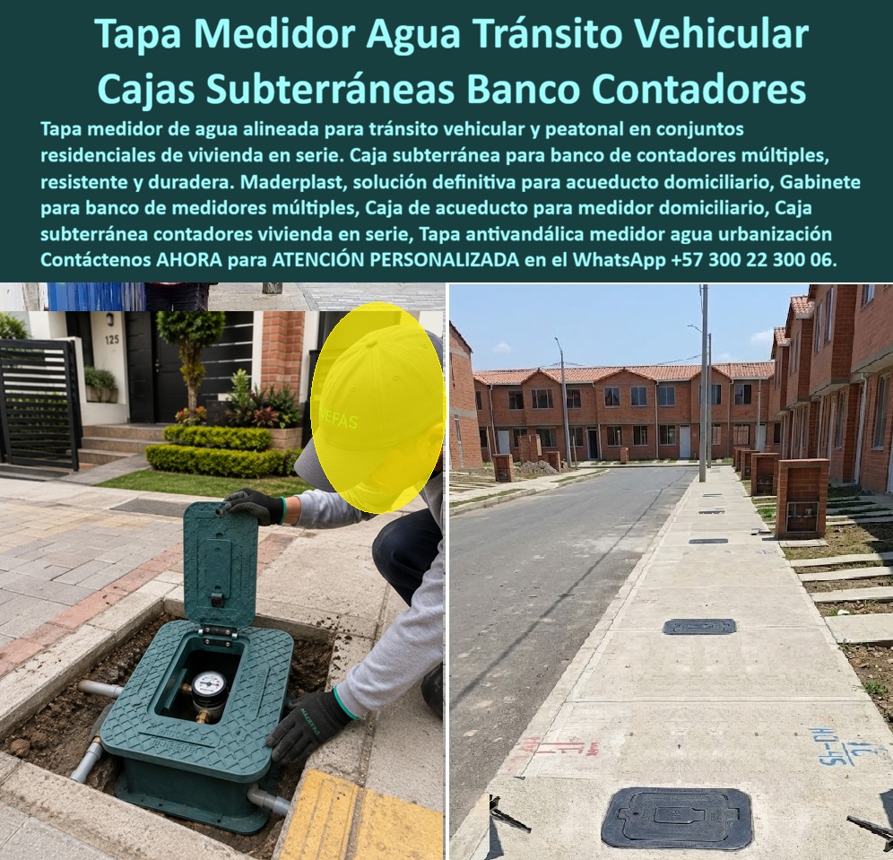 Tapa Con Cajilla De Medidor Tapa Plástica Catalogo Brochure Tamaños Maderplast - La cajilla para medidor de agua Maderplast aparece durante su instalación frente a un conjunto residencial. El cuerpo verde está alojado en la excavación, el contador y la tubería permanecen visibles y un operario levanta la tapa con bisagra para medidor de agua mediante una herramienta. Así, la caja portamedidor de agua protege la acometida sin impedir la lectura, inspección o mantenimiento autorizado. ¿Qué producto muestra la fotografía? Es un registro domiciliario de acueducto formado por caja, marco y una tapa abatible de inspección. En su interior se ubican el medidor, uniones y la caja para válvula domiciliaria, conservando el acceso al contador de agua. No corresponde a un rack: es una cajilla plástica para contador empotrada en piso para exteriores residenciales. ¿Por qué utilizar una tapa con bisagra? La bisagra reforzada para cajilla mantiene la cubierta vinculada al marco, evita dejarla suelta y facilita controlar su movimiento. La ventana de lectura del medidor permite observar o alcanzar el contador, según el diseño, sin retirar todo el conjunto. Para una verdadera tapa antirrobo para cajilla, la bisagra debe complementarse con pasador de seguridad, cierre antimanipulación y anclaje resistente; la palabra “antirrobo” no debe depender solamente de que la puerta sea abatible. ¿Dónde puede instalarse? Una tapa para zona verde o caja de medidor en jardín protege la red cerca de las viviendas, mientras una tapa para acera residencial debe conservar continuidad y seguridad para el peatón. También puede emplearse como cajilla para conjunto de vivienda, cajilla para casas o tapa verde de acueducto, siempre que el tamaño, ubicación y especificación correspondan al prestador. El color ayuda a identificarla, pero no reemplaza su señalización técnica. ¿Cómo debe terminarse la obra? La imagen representa una fase previa al acabado definitivo. La instalación de cajilla para medidor requiere apoyo estable, orientación, confinamiento y marco perimetral de concreto. La nivelación de tapa de andén debe dejar la cubierta enrasada con la superficie, sin huecos ni bordes peligrosos. El drenaje de caja de medidor debe evitar acumulaciones que dificulten la operación, mientras el espacio de maniobra interior debe permitir trabajar sin golpear el contador ni tensionar la tubería. ¿Qué resistencia debe solicitarse? Una superficie antideslizante ayuda a controlar el riesgo con humedad, pero la resistencia a tránsito peatonal debe demostrarse con la ficha y la clase de carga certificada aplicable. El cuerpo de una tapa plástica anticorrosiva no desarrolla el óxido propio del hierro y puede servir para la reposición de tapa de hierro. La vida útil depende del polímero, diseño, exposición, instalación, bisagra y uso. ¿Qué debe revisar el comprador? Dimensiones, apertura, carga, cierre, fijación, garantía, protección de acometida de agua, acceso y requisitos municipales. También debe confirmar que la apertura facilite el mantenimiento del contador y la lectura de consumo domiciliario sin comprometer la seguridad. Estos criterios mejoran el costo total de propiedad al reducir corrosión, reemplazos y reprocesos evitables. Maderplast desarrolla cajillas personalizadas para acueducto, planos, prototipos y producción seriada como fabricante de cajillas plásticas. Solicite su cotización de caja para medidor de agua al Contacto Atención personalizada: WhatsApp (+57) 300 22 300 06 o a ventas@maderplast.com Tapa Medidor Agua Tránsito Vehicular: la Caja Subterránea que un técnico abre frente a la entrada de la vivienda. En el andén de un conjunto residencial de vivienda en serie, un instalador levanta la tapa articulada de esta caja subterránea contadores dejando ver el medidor perfectamente protegido bajo tierra, mientras al fondo, decenas de tapas idénticas se alinean sobre el andén de toda la urbanización, una tras otra, sin fisuras ni desniveles. Esa alineación uniforme es la prueba visual de un producto pensado para instalarse en serie: la tapa medidor agua alineada tránsito vehicular que Maderplast fabrica para proyectos de vivienda masiva. ¿Qué es este producto? Es una caja subterránea para medidor con tapa articulada antivandálica, fabricada en polímero técnico estructural, que aloja el contador domiciliario bajo el nivel del andén, funcionando como caja de acueducto para medidor domiciliario en conjuntos de vivienda en serie. ¿Por qué utilizarla? Porque está calculada para soportar tránsito vehicular y peatonal simultáneo sin quebrarse ni hundirse, algo que las tapas de concreto o metal delgado no logran sostener con el paso de los años, y además su bisagra articulada facilita la apertura del técnico sin herramientas especiales. ¿Para qué se debe implementar en esencia? Para ofrecer una solución definitiva de acueducto domiciliario que resista la carga repetida de carros particulares entrando y saliendo de garajes, sin comprometer jamás la integridad del medidor ni generar fugas por rotura de la caja. ¿Sirve para instalar varios medidores agrupados en un mismo punto de acceso? Sí, existe versión gabinete para banco de medidores múltiples, pensada para urbanizaciones donde se requiere centralizar varios contadores domiciliarios en un solo tramo del andén. ¿Resiste el peso de un vehículo pasando directamente sobre ella? Totalmente, esta caja subterránea contadores vivienda en serie se diseña bajo especificación de carga vehicular, algo crítico en zonas de parqueo o entrada de garaje. ¿Qué pasa con el robo del contador si queda expuesto al nivel del piso? Incorpora tapa antivandálica con sistema de cierre, funcionando como tapa antivandálica medidor agua urbanización que protege el equipo de manipulación externa. ¿Puede instalarse alineada en toda una calle de un proyecto en serie? Sí, como se aprecia en el andén completo de la imagen, su formato modular permite alinear decenas de unidades manteniendo estética uniforme en todo el desarrollo urbanístico. ¿Facilita la lectura del técnico del acueducto sin excavar? Su tapa se abre con facilidad manual, dejando visible el medidor de inmediato para lectura o mantenimiento sin necesidad de romper piso. Un constructor de proyectos de vivienda en serie en Cundinamarca nos comentó que, al instalar estas cajas subterráneas Maderplast en un desarrollo de más de ochenta unidades, no tuvieron un solo reporte de rotura por tránsito vehicular durante la etapa de obra, y el acueducto aprobó el catálogo completo sin observaciones técnicas. Como fabricante certificado ISO 9001 en diseño y desarrollo, e ISO 14001 ambiental, Maderplast respalda cada tapa con cajilla de medidor con pruebas de laboratorio disponibles en youtube.com/@maderplasSA, y realizamos pruebas de campo adicionales que usted escoja, a nuestro costo. Si su proyecto requiere caja enterrada para medidor, cajilla para medidor de agua o catálogo completo de tamaños para vivienda en serie, nuestro departamento de ingeniería cotiza, personaliza y fabrica en serie. Cuando se trata de cajas subterráneas en plástico técnico, Maderplast es quien resuelve el tránsito vehicular sin comprometer el medidor. Contacte Atención personalizada: WhatsApp (+57) 300 22 300 06 Tapa medidor agua alineada tránsito vehicular, Gabinete para banco de medidores múltiples, Caja de acueducto para medidor domiciliario, Caja subterránea contadores Tapa Con Cajilla De Medidor Tapa Plástica Catalogo Brochure Tamaños Maderplast Tapa medidor agua alineada tránsito vehicular Gabinete para banco de medidores múltiples Caja de acueducto para medidor domiciliario Caja subterránea contadores Tapa Medidor Agua Tránsito Vehicular: la Caja Subterránea que un técnico abre frente a la entrada de la vivienda. En el andén de un conjunto residencial de vivienda en serie, un instalador levanta la tapa articulada de esta caja subterránea contadores dejando ver el medidor perfectamente protegido bajo tierra, mientras al fondo, decenas de tapas idénticas se alinean sobre el andén de toda la urbanización, una tras otra, sin fisuras ni desniveles. Esa alineación uniforme es la prueba visual de un producto pensado para instalarse en serie: la tapa medidor agua alineada tránsito vehicular que Maderplast fabrica para proyectos de vivienda masiva. ¿Qué es este producto? Es una caja subterránea para medidor con tapa articulada antivandálica, fabricada en polímero técnico estructural, que aloja el contador domiciliario bajo el nivel del andén, funcionando como caja de acueducto para medidor domiciliario en conjuntos de vivienda en serie. ¿Por qué utilizarla? Porque está calculada para soportar tránsito vehicular y peatonal simultáneo sin quebrarse ni hundirse, algo que las tapas de concreto o metal delgado no logran sostener con el paso de los años, y además su bisagra articulada facilita la apertura del técnico sin herramientas especiales. ¿Para qué se debe implementar en esencia? Para ofrecer una solución definitiva de acueducto domiciliario que resista la carga repetida de carros particulares entrando y saliendo de garajes, sin comprometer jamás la integridad del medidor ni generar fugas por rotura de la caja. ¿Sirve para instalar varios medidores agrupados en un mismo punto de acceso? Sí, existe versión gabinete para banco de medidores múltiples, pensada para urbanizaciones donde se requiere centralizar varios contadores domiciliarios en un solo tramo del andén. ¿Resiste el peso de un vehículo pasando directamente sobre ella? Totalmente, esta caja subterránea contadores vivienda en serie se diseña bajo especificación de carga vehicular, algo crítico en zonas de parqueo o entrada de garaje. ¿Qué pasa con el robo del contador si queda expuesto al nivel del piso? Incorpora tapa antivandálica con sistema de cierre, funcionando como tapa antivandálica medidor agua urbanización que protege el equipo de manipulación externa. ¿Puede instalarse alineada en toda una calle de un proyecto en serie? Sí, como se aprecia en el andén completo de la imagen, su formato modular permite alinear decenas de unidades manteniendo estética uniforme en todo el desarrollo urbanístico. ¿Facilita la lectura del técnico del acueducto sin excavar? Su tapa se abre con facilidad manual, dejando visible el medidor de inmediato para lectura o mantenimiento sin necesidad de romper piso. Un constructor de proyectos de vivienda en serie en Cundinamarca nos comentó que, al instalar estas cajas subterráneas Maderplast en un desarrollo de más de ochenta unidades, no tuvieron un solo reporte de rotura por tránsito vehicular durante la etapa de obra, y el acueducto aprobó el catálogo completo sin observaciones técnicas. Como fabricante certificado ISO 9001 en diseño y desarrollo, e ISO 14001 ambiental, Maderplast respalda cada tapa con cajilla de medidor con pruebas de laboratorio disponibles en youtube.com/@maderplasSA, y realizamos pruebas de campo adicionales que usted escoja, a nuestro costo. Si su proyecto requiere caja enterrada para medidor, cajilla para medidor de agua o catálogo completo de tamaños para vivienda en serie, nuestro departamento de ingeniería cotiza, personaliza y fabrica en serie. Cuando se trata de cajas subterráneas en plástico técnico, Maderplast es quien resuelve el tránsito vehicular sin comprometer el medidor. Contacte Atención personalizada: WhatsApp (+57) 300 22 300 06 La cajilla para medidor de agua Maderplast aparece durante su instalación frente a un conjunto residencial. El cuerpo verde está alojado en la excavación, el contador y la tubería permanecen visibles y un operario levanta la tapa con bisagra para medidor de agua mediante una herramienta. Así, la caja portamedidor de agua protege la acometida sin impedir la lectura, inspección o mantenimiento autorizado. ¿Qué producto muestra la fotografía? Es un registro domiciliario de acueducto formado por caja, marco y una tapa abatible de inspección. En su interior se ubican el medidor, uniones y la caja para válvula domiciliaria, conservando el acceso al contador de agua. No corresponde a un rack: es una cajilla plástica para contador empotrada en piso para exteriores residenciales. ¿Por qué utilizar una tapa con bisagra? La bisagra reforzada para cajilla mantiene la cubierta vinculada al marco, evita dejarla suelta y facilita controlar su movimiento. La ventana de lectura del medidor permite observar o alcanzar el contador, según el diseño, sin retirar todo el conjunto. Para una verdadera tapa antirrobo para cajilla, la bisagra debe complementarse con pasador de seguridad, cierre antimanipulación y anclaje resistente; la palabra “antirrobo” no debe depender solamente de que la puerta sea abatible. ¿Dónde puede instalarse? Una tapa para zona verde o caja de medidor en jardín protege la red cerca de las viviendas, mientras una tapa para acera residencial debe conservar continuidad y seguridad para el peatón. También puede emplearse como cajilla para conjunto de vivienda, cajilla para casas o tapa verde de acueducto, siempre que el tamaño, ubicación y especificación correspondan al prestador. El color ayuda a identificarla, pero no reemplaza su señalización técnica. ¿Cómo debe terminarse la obra? La imagen representa una fase previa al acabado definitivo. La instalación de cajilla para medidor requiere apoyo estable, orientación, confinamiento y marco perimetral de concreto. La nivelación de tapa de andén debe dejar la cubierta enrasada con la superficie, sin huecos ni bordes peligrosos. El drenaje de caja de medidor debe evitar acumulaciones que dificulten la operación, mientras el espacio de maniobra interior debe permitir trabajar sin golpear el contador ni tensionar la tubería. ¿Qué resistencia debe solicitarse? Una superficie antideslizante ayuda a controlar el riesgo con humedad, pero la resistencia a tránsito peatonal debe demostrarse con la ficha y la clase de carga certificada aplicable. El cuerpo de una tapa plástica anticorrosiva no desarrolla el óxido propio del hierro y puede servir para la reposición de tapa de hierro. La vida útil depende del polímero, diseño, exposición, instalación, bisagra y uso. ¿Qué debe revisar el comprador? Dimensiones, apertura, carga, cierre, fijación, garantía, protección de acometida de agua, acceso y requisitos municipales. También debe confirmar que la apertura facilite el mantenimiento del contador y la lectura de consumo domiciliario sin comprometer la seguridad. Estos criterios mejoran el costo total de propiedad al reducir corrosión, reemplazos y reprocesos evitables. Maderplast desarrolla cajillas personalizadas para acueducto, planos, prototipos y producción seriada como fabricante de cajillas plásticas. Solicite su cotización de caja para medidor de agua al Contacto Atención personalizada: WhatsApp (+57) 300 22 300 06 o a ventas@maderplast.com