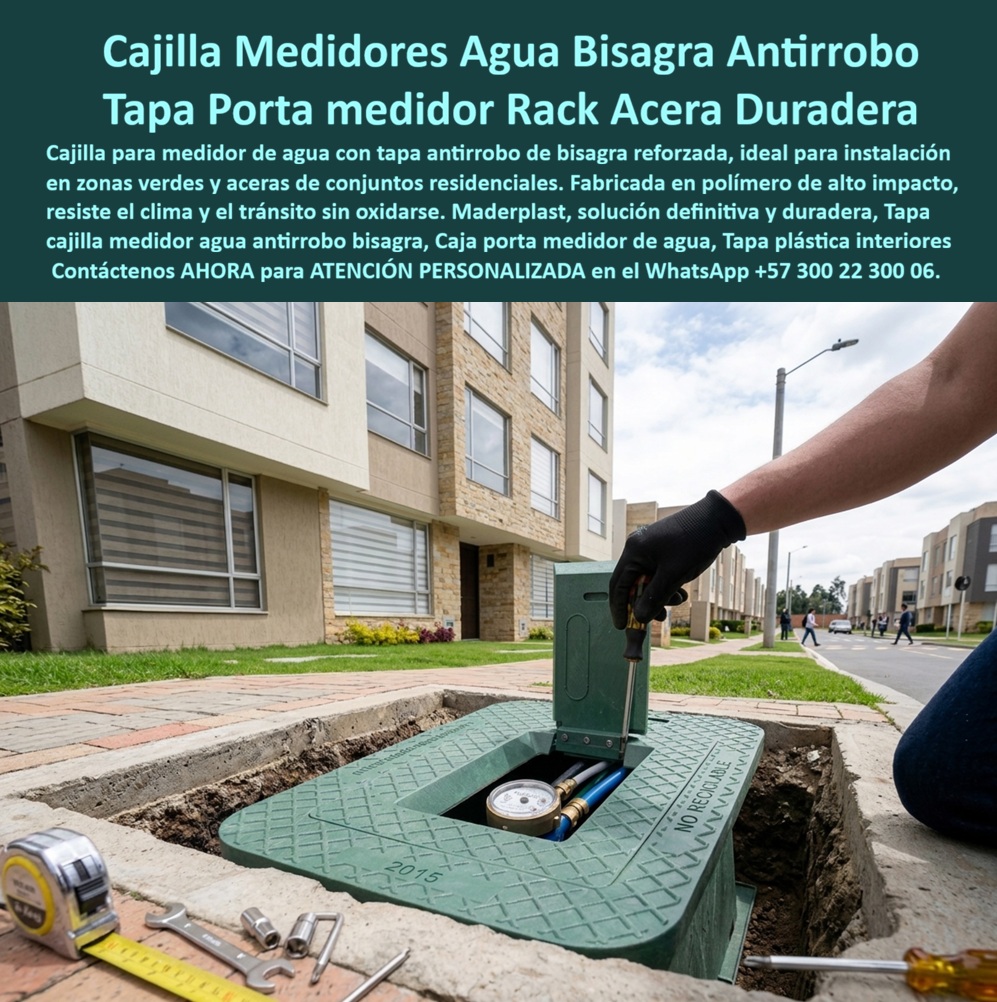 Tapa Con Cajilla De Medidor Tapa Plástica De Casas Interiores Maderplast - La cajilla para medidor de agua Maderplast aparece durante su instalación frente a un conjunto residencial. El cuerpo verde está alojado en la excavación, el contador y la tubería permanecen visibles y un operario levanta la tapa con bisagra para medidor de agua mediante una herramienta. Así, la caja portamedidor de agua protege la acometida sin impedir la lectura, inspección o mantenimiento autorizado. ¿Qué producto muestra la fotografía? Es un registro domiciliario de acueducto formado por caja, marco y una tapa abatible de inspección. En su interior se ubican el medidor, uniones y la caja para válvula domiciliaria, conservando el acceso al contador de agua. No corresponde a un rack: es una cajilla plástica para contador empotrada en piso para exteriores residenciales. ¿Por qué utilizar una tapa con bisagra? La bisagra reforzada para cajilla mantiene la cubierta vinculada al marco, evita dejarla suelta y facilita controlar su movimiento. La ventana de lectura del medidor permite observar o alcanzar el contador, según el diseño, sin retirar todo el conjunto. Para una verdadera tapa antirrobo para cajilla, la bisagra debe complementarse con pasador de seguridad, cierre antimanipulación y anclaje resistente; la palabra “antirrobo” no debe depender solamente de que la puerta sea abatible. ¿Dónde puede instalarse? Una tapa para zona verde o caja de medidor en jardín protege la red cerca de las viviendas, mientras una tapa para acera residencial debe conservar continuidad y seguridad para el peatón. También puede emplearse como cajilla para conjunto de vivienda, cajilla para casas o tapa verde de acueducto, siempre que el tamaño, ubicación y especificación correspondan al prestador. El color ayuda a identificarla, pero no reemplaza su señalización técnica. ¿Cómo debe terminarse la obra? La imagen representa una fase previa al acabado definitivo. La instalación de cajilla para medidor requiere apoyo estable, orientación, confinamiento y marco perimetral de concreto. La nivelación de tapa de andén debe dejar la cubierta enrasada con la superficie, sin huecos ni bordes peligrosos. El drenaje de caja de medidor debe evitar acumulaciones que dificulten la operación, mientras el espacio de maniobra interior debe permitir trabajar sin golpear el contador ni tensionar la tubería. ¿Qué resistencia debe solicitarse? Una superficie antideslizante ayuda a controlar el riesgo con humedad, pero la resistencia a tránsito peatonal debe demostrarse con la ficha y la clase de carga certificada aplicable. El cuerpo de una tapa plástica anticorrosiva no desarrolla el óxido propio del hierro y puede servir para la reposición de tapa de hierro. La vida útil depende del polímero, diseño, exposición, instalación, bisagra y uso. ¿Qué debe revisar el comprador? Dimensiones, apertura, carga, cierre, fijación, garantía, protección de acometida de agua, acceso y requisitos municipales. También debe confirmar que la apertura facilite el mantenimiento del contador y la lectura de consumo domiciliario sin comprometer la seguridad. Estos criterios mejoran el costo total de propiedad al reducir corrosión, reemplazos y reprocesos evitables. Maderplast desarrolla cajillas personalizadas para acueducto, planos, prototipos y producción seriada como fabricante de cajillas plásticas. Solicite su cotización de caja para medidor de agua al Contacto Atención personalizada: WhatsApp (+57) 300 22 300 06 o a ventas@maderplast.com Cajilla para medidor de agua, Tapa para cajilla de acueducto zona verde, Tapa Cajilla Medidor Agua Antirrobo Bisagra Duradera, Caja portamedidor de agua acera resistentes Tapa Con Cajilla De Medidor Tapa Plástica De Casas Interiores Maderplast Cajilla para medidor de agua Tapa para cajilla de acueducto zona verde Tapa Cajilla Medidor Agua Antirrobo Bisagra Duradera Caja portamedidor de agua acera resistentes La cajilla para medidor de agua Maderplast aparece durante su instalación frente a un conjunto residencial. El cuerpo verde está alojado en la excavación, el contador y la tubería permanecen visibles y un operario levanta la tapa con bisagra para medidor de agua mediante una herramienta. Así, la caja portamedidor de agua protege la acometida sin impedir la lectura, inspección o mantenimiento autorizado. ¿Qué producto muestra la fotografía? Es un registro domiciliario de acueducto formado por caja, marco y una tapa abatible de inspección. En su interior se ubican el medidor, uniones y la caja para válvula domiciliaria, conservando el acceso al contador de agua. No corresponde a un rack: es una cajilla plástica para contador empotrada en piso para exteriores residenciales. ¿Por qué utilizar una tapa con bisagra? La bisagra reforzada para cajilla mantiene la cubierta vinculada al marco, evita dejarla suelta y facilita controlar su movimiento. La ventana de lectura del medidor permite observar o alcanzar el contador, según el diseño, sin retirar todo el conjunto. Para una verdadera tapa antirrobo para cajilla, la bisagra debe complementarse con pasador de seguridad, cierre antimanipulación y anclaje resistente; la palabra “antirrobo” no debe depender solamente de que la puerta sea abatible. ¿Dónde puede instalarse? Una tapa para zona verde o caja de medidor en jardín protege la red cerca de las viviendas, mientras una tapa para acera residencial debe conservar continuidad y seguridad para el peatón. También puede emplearse como cajilla para conjunto de vivienda, cajilla para casas o tapa verde de acueducto, siempre que el tamaño, ubicación y especificación correspondan al prestador. El color ayuda a identificarla, pero no reemplaza su señalización técnica. ¿Cómo debe terminarse la obra? La imagen representa una fase previa al acabado definitivo. La instalación de cajilla para medidor requiere apoyo estable, orientación, confinamiento y marco perimetral de concreto. La nivelación de tapa de andén debe dejar la cubierta enrasada con la superficie, sin huecos ni bordes peligrosos. El drenaje de caja de medidor debe evitar acumulaciones que dificulten la operación, mientras el espacio de maniobra interior debe permitir trabajar sin golpear el contador ni tensionar la tubería. ¿Qué resistencia debe solicitarse? Una superficie antideslizante ayuda a controlar el riesgo con humedad, pero la resistencia a tránsito peatonal debe demostrarse con la ficha y la clase de carga certificada aplicable. El cuerpo de una tapa plástica anticorrosiva no desarrolla el óxido propio del hierro y puede servir para la reposición de tapa de hierro. La vida útil depende del polímero, diseño, exposición, instalación, bisagra y uso. ¿Qué debe revisar el comprador? Dimensiones, apertura, carga, cierre, fijación, garantía, protección de acometida de agua, acceso y requisitos municipales. También debe confirmar que la apertura facilite el mantenimiento del contador y la lectura de consumo domiciliario sin comprometer la seguridad. Estos criterios mejoran el costo total de propiedad al reducir corrosión, reemplazos y reprocesos evitables. Maderplast desarrolla cajillas personalizadas para acueducto, planos, prototipos y producción seriada como fabricante de cajillas plásticas. Solicite su cotización de caja para medidor de agua al Contacto Atención personalizada: WhatsApp (+57) 300 22 300 06 o a ventas@maderplast.com