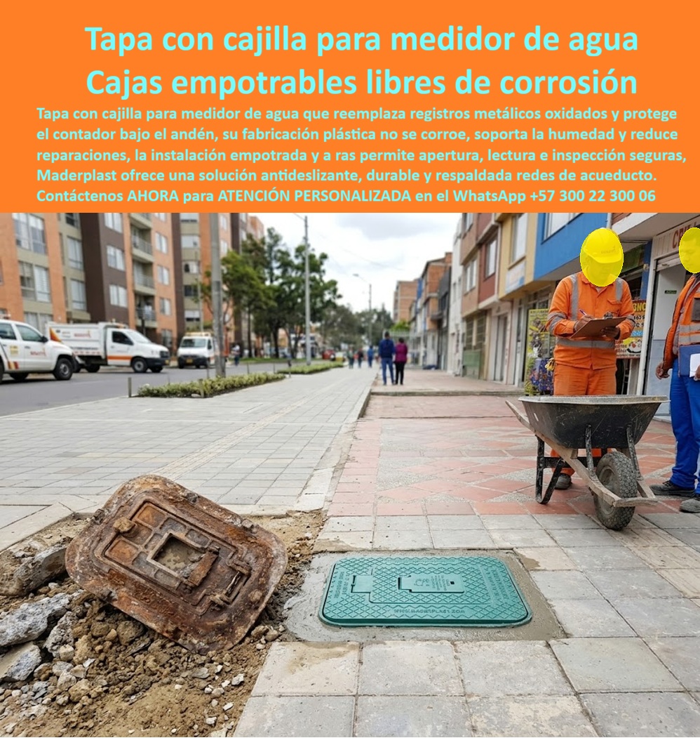 Tapa Con Cajilla Del Medidor Tapa Plástica Manual de instalación Maderplast La tapa con cajilla para medidor de agua Maderplast aparece recién instalada en un andén, junto al antiguo registro metálico oxidado retirado. Dos operarios verifican la intervención. La escena convierte el reemplazo de tapa metálica oxidada en una solución visible: una caja empotrable para medidor de agua protege el contador bajo el piso y mantiene disponible su inspección. ¿Cuál es el producto instalado? Es una caja para proteger contador compuesta por cuerpo, marco y tapa de registro para contador, destinada a alojar medidor, válvulas y uniones. También se identifica como registro domiciliario bajo andén, cajilla de inspección de agua o tapa plástica para acueducto. Su función no consiste únicamente en cubrir un hueco: debe proteger el equipo, permitir maniobras y conservar segura la circulación. ¿Cómo se reemplaza una cajilla deteriorada? El manual de instalación de tapa para medidor comienza verificando dimensiones, profundidad, tuberías y ausencia de fugas. Después se realiza el retiro de cajilla deteriorada sin golpear el contador ni transmitir esfuerzos a las conexiones. La excavación para caja de agua debe permitir corregir el terreno y preparar una base compactada que reduzca asentamientos. Instalar sobre material suelto puede desnivelar el marco y perjudicar la apertura. ¿Cómo se asegura la posición correcta? La instalación de cajilla para medidor exige comprobar escuadra, orientación y nivelación del marco antes del vaciado. El confinamiento en concreto debe rodear uniformemente la caja sin deformarla y mantener libre el mecanismo. La instalación a ras del pavimento evita resaltos o depresiones, mientras el sellado perimetral integra la reparación con el andén. Debe respetarse el curado del concreto antes de habilitar el tránsito; rapidez no significa omitir tiempos técnicos. ¿Qué garantiza una apertura funcional? La apertura libre de la tapa se verifica después del confinamiento, comprobando que no existan residuos, roces ni mortero dentro del cierre. El drenaje de cajilla debe manejar infiltraciones previsibles y el interior conservar espacio para el mantenimiento del medidor y el acceso para lectura. Una tapa mal orientada o bloqueada por concreto transforma una buena pieza en un problema de operación. ¿Por qué elegir una cubierta plástica? La tapa anticorrosiva para medidor no desarrolla el óxido propio de la tapa ferrosa retirada y la protección contra humedad reduce deterioros asociados a la carcasa. Una tapa plástica antideslizante aporta textura a la zona de paso, pero la resistencia al tránsito peatonal debe demostrarse mediante la carga de servicio comprobada para la referencia. El cierre, los herrajes y la instalación también forman parte del desempeño. ¿Qué debe comprobarse durante la entrega? La recepción técnica de instalación debe revisar nivel, estabilidad, apertura, cierre, acabado, drenaje, limpieza y verificación de medidas. La superficie peatonal segura requiere continuidad con el andén y ausencia de bordes cortantes. El comprador debe solicitar ficha, garantía y requisitos del prestador antes de aceptar la reposición de registro de acueducto. La rehabilitación de andenes con cajillas bien ejecutada reduce nuevas roturas, corrosión y correcciones, mejorando el costo total de propiedad. Maderplast desarrolla medidas especiales como fabricante de cajas para medidor de agua, con planos, prototipos y producción seriada. Solicite su cotización de cajilla empotrable al Contacte Atención personalizada: WhatsApp (+57) 300 22 300 06 o a ventas@maderplast.com Caja empotrable medidor agua fácil apertura Tapa plástica antideslizante para acueducto Instalación cajilla medidor agua rápida y segura Caja para proteger contador Tapa Con Cajilla Del Medidor Tapa Plástica Manual de instalación Maderplast Caja empotrable medidor agua fácil apertura Tapa plástica antideslizante para acueducto Instalación cajilla medidor agua rápida y segura Caja para proteger contador La tapa con cajilla para medidor de agua Maderplast aparece recién instalada en un andén, junto al antiguo registro metálico oxidado retirado. Dos operarios verifican la intervención. La escena convierte el reemplazo de tapa metálica oxidada en una solución visible: una caja empotrable para medidor de agua protege el contador bajo el piso y mantiene disponible su inspección. ¿Cuál es el producto instalado? Es una caja para proteger contador compuesta por cuerpo, marco y tapa de registro para contador, destinada a alojar medidor, válvulas y uniones. También se identifica como registro domiciliario bajo andén, cajilla de inspección de agua o tapa plástica para acueducto. Su función no consiste únicamente en cubrir un hueco: debe proteger el equipo, permitir maniobras y conservar segura la circulación. ¿Cómo se reemplaza una cajilla deteriorada? El manual de instalación de tapa para medidor comienza verificando dimensiones, profundidad, tuberías y ausencia de fugas. Después se realiza el retiro de cajilla deteriorada sin golpear el contador ni transmitir esfuerzos a las conexiones. La excavación para caja de agua debe permitir corregir el terreno y preparar una base compactada que reduzca asentamientos. Instalar sobre material suelto puede desnivelar el marco y perjudicar la apertura. ¿Cómo se asegura la posición correcta? La instalación de cajilla para medidor exige comprobar escuadra, orientación y nivelación del marco antes del vaciado. El confinamiento en concreto debe rodear uniformemente la caja sin deformarla y mantener libre el mecanismo. La instalación a ras del pavimento evita resaltos o depresiones, mientras el sellado perimetral integra la reparación con el andén. Debe respetarse el curado del concreto antes de habilitar el tránsito; rapidez no significa omitir tiempos técnicos. ¿Qué garantiza una apertura funcional? La apertura libre de la tapa se verifica después del confinamiento, comprobando que no existan residuos, roces ni mortero dentro del cierre. El drenaje de cajilla debe manejar infiltraciones previsibles y el interior conservar espacio para el mantenimiento del medidor y el acceso para lectura. Una tapa mal orientada o bloqueada por concreto transforma una buena pieza en un problema de operación. ¿Por qué elegir una cubierta plástica? La tapa anticorrosiva para medidor no desarrolla el óxido propio de la tapa ferrosa retirada y la protección contra humedad reduce deterioros asociados a la carcasa. Una tapa plástica antideslizante aporta textura a la zona de paso, pero la resistencia al tránsito peatonal debe demostrarse mediante la carga de servicio comprobada para la referencia. El cierre, los herrajes y la instalación también forman parte del desempeño. ¿Qué debe comprobarse durante la entrega? La recepción técnica de instalación debe revisar nivel, estabilidad, apertura, cierre, acabado, drenaje, limpieza y verificación de medidas. La superficie peatonal segura requiere continuidad con el andén y ausencia de bordes cortantes. El comprador debe solicitar ficha, garantía y requisitos del prestador antes de aceptar la reposición de registro de acueducto. La rehabilitación de andenes con cajillas bien ejecutada reduce nuevas roturas, corrosión y correcciones, mejorando el costo total de propiedad. Maderplast desarrolla medidas especiales como fabricante de cajas para medidor de agua, con planos, prototipos y producción seriada. Solicite su cotización de cajilla empotrable al Contacte Atención personalizada: WhatsApp (+57) 300 22 300 06 o a ventas@maderplast.com