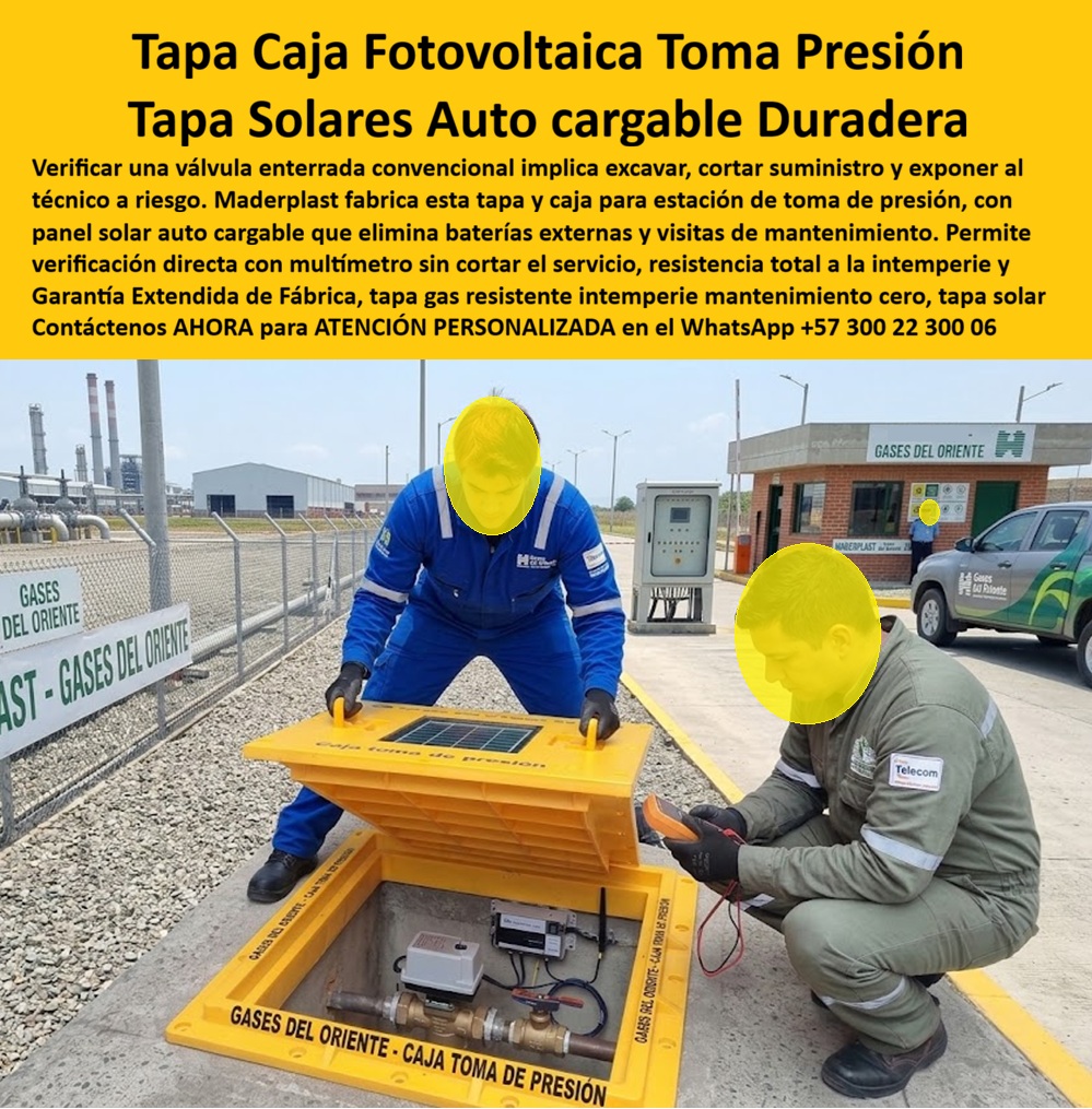 Tapa Telecontrol Auto Energética Redes Gas caja Tapa autónoma Maderplast - La tapa fotovoltaica auto energética para gas que protagoniza la fotografía aparece abierta sobre una caja para toma de presión, dentro de una estación industrial de Gases del Oriente. Dos técnicos intervienen el conjunto: uno sostiene la cubierta amarilla con panel solar y el otro realiza una verificación eléctrica con multímetro. El registro deja visibles la válvula, la tubería, el medidor y los componentes electrónicos. Maderplast fabrica esta tapa solar para redes de gas y su caja estructural para alojar instrumentación, alimentación autónoma y comunicaciones donde no existe una fuente eléctrica cercana. El diseño convierte la cubierta en una tapa inteligente para gas natural, preparada para proteger un sistema de telecontrol de válvulas, una unidad remota de telemetría y el transmisor de presión de gas. Maderplast adapta medidas, refuerzos, color, rotulación y espacios internos a los equipos del operador. Cuando un responsable pregunta ¿qué significa que una tapa de gas sea auto energética?, significa que incorpora un panel solar para telemetría capaz de apoyar la recarga de una batería recargable para gas, mediante controlador y protecciones calculados para el consumo real. Esta alimentación fotovoltaica autónoma puede sostener medición y comunicaciones donde extender una acometida sería costoso. Su autonomía depende de radiación, consumo, batería, temperatura, sombras y reserva requerida. La consulta ¿cómo se revisa una tapa solar con multímetro? encuentra una respuesta visual en la fotografía: el técnico emplea un multímetro para sistema fotovoltaico para comprobar las variables definidas por el protocolo. La prueba puede incluir voltaje del panel, carga, continuidad o salida regulada, pero debe ejecutarla personal autorizado siguiendo las medidas de seguridad en estaciones de gas y la clasificación del área. También se pregunta ¿qué equipos protege una caja de toma de presión inteligente? Puede alojar la instrumentación para presión de gas, terminales, antena, controlador, batería y dispositivos de comunicación remota de datos. La caja telemétrica subterránea debe organizar estos elementos sin interferir con la válvula ni dificultar la inspección técnica de gas. Un interior accesible ayuda a localizar fallas, efectuar mediciones y sustituir componentes con menor tiempo de intervención. Frente a la búsqueda ¿una tapa solar elimina completamente el mantenimiento?, la respuesta profesional es no. La tapa autónoma para válvula enterrada reduce la dependencia de acometidas y puede evitar desplazamientos destinados únicamente a recolectar datos, pero panel, batería, sellos, herrajes, electrónica y transmisión requieren revisión programada. Su ventaja consiste en facilitar el mantenimiento preventivo de telemetría, mejorar la disponibilidad y disminuir intervenciones imprevistas. Antes de especificarla surge otra pregunta: ¿qué debe evaluarse en una tapa fotovoltaica para gas? El ingeniero debe revisar geometría, cargas, drenaje, radiación UV, humedad, acceso, potencia, autonomía, cobertura y requisitos del operador. La protección anticorrosiva en gasoductos, la resistencia a la intemperie y el desempeño estructural deben sustentarse con materiales, planos, ficha técnica y pruebas aplicables, sin asumir homologaciones automáticas. Esta solución favorece el monitoreo remoto de presión, la supervisión de válvulas enterradas y la automatización de redes de gas, mientras protege la inversión electrónica. Su valor se determina mediante el costo total de propiedad: fabricación, instalación, energía, desplazamientos, inspecciones, reparaciones y reposiciones. Maderplast convierte los requerimientos en planos, renders, prototipos y producción en serie, con pruebas previamente acordadas. Solicite asesoría y cotización al Departamento de Ingeniería: Contacte Atención personalizada: WhatsApp (+57) 300 22 300 06 · ventas@maderplast.com Tapa Solar Gas Válvula Enterrada Verificación Multímetro, Tapa Fotovoltaica Monitoreo Presión De Gas, Estación Toma Presión Gas Inteligente Batería Autocargable Tapa Telecontrol Auto Energética Redes Gas caja Tapa autónoma Maderplast Tapa Solar Gas Válvula Enterrada Verificación Multímetro Tapa Fotovoltaica Monitoreo Presión De Gas Estación Toma Presión Gas Inteligente Batería Autocargable La tapa fotovoltaica auto energética para gas que protagoniza la fotografía aparece abierta sobre una caja para toma de presión, dentro de una estación industrial de Gases del Oriente. Dos técnicos intervienen el conjunto: uno sostiene la cubierta amarilla con panel solar y el otro realiza una verificación eléctrica con multímetro. El registro deja visibles la válvula, la tubería, el medidor y los componentes electrónicos. Maderplast fabrica esta tapa solar para redes de gas y su caja estructural para alojar instrumentación, alimentación autónoma y comunicaciones donde no existe una fuente eléctrica cercana. El diseño convierte la cubierta en una tapa inteligente para gas natural, preparada para proteger un sistema de telecontrol de válvulas, una unidad remota de telemetría y el transmisor de presión de gas. Maderplast adapta medidas, refuerzos, color, rotulación y espacios internos a los equipos del operador. Cuando un responsable pregunta ¿qué significa que una tapa de gas sea auto energética?, significa que incorpora un panel solar para telemetría capaz de apoyar la recarga de una batería recargable para gas, mediante controlador y protecciones calculados para el consumo real. Esta alimentación fotovoltaica autónoma puede sostener medición y comunicaciones donde extender una acometida sería costoso. Su autonomía depende de radiación, consumo, batería, temperatura, sombras y reserva requerida. La consulta ¿cómo se revisa una tapa solar con multímetro? encuentra una respuesta visual en la fotografía: el técnico emplea un multímetro para sistema fotovoltaico para comprobar las variables definidas por el protocolo. La prueba puede incluir voltaje del panel, carga, continuidad o salida regulada, pero debe ejecutarla personal autorizado siguiendo las medidas de seguridad en estaciones de gas y la clasificación del área. También se pregunta ¿qué equipos protege una caja de toma de presión inteligente? Puede alojar la instrumentación para presión de gas, terminales, antena, controlador, batería y dispositivos de comunicación remota de datos. La caja telemétrica subterránea debe organizar estos elementos sin interferir con la válvula ni dificultar la inspección técnica de gas. Un interior accesible ayuda a localizar fallas, efectuar mediciones y sustituir componentes con menor tiempo de intervención. Frente a la búsqueda ¿una tapa solar elimina completamente el mantenimiento?, la respuesta profesional es no. La tapa autónoma para válvula enterrada reduce la dependencia de acometidas y puede evitar desplazamientos destinados únicamente a recolectar datos, pero panel, batería, sellos, herrajes, electrónica y transmisión requieren revisión programada. Su ventaja consiste en facilitar el mantenimiento preventivo de telemetría, mejorar la disponibilidad y disminuir intervenciones imprevistas. Antes de especificarla surge otra pregunta: ¿qué debe evaluarse en una tapa fotovoltaica para gas? El ingeniero debe revisar geometría, cargas, drenaje, radiación UV, humedad, acceso, potencia, autonomía, cobertura y requisitos del operador. La protección anticorrosiva en gasoductos, la resistencia a la intemperie y el desempeño estructural deben sustentarse con materiales, planos, ficha técnica y pruebas aplicables, sin asumir homologaciones automáticas. Esta solución favorece el monitoreo remoto de presión, la supervisión de válvulas enterradas y la automatización de redes de gas, mientras protege la inversión electrónica. Su valor se determina mediante el costo total de propiedad: fabricación, instalación, energía, desplazamientos, inspecciones, reparaciones y reposiciones. Maderplast convierte los requerimientos en planos, renders, prototipos y producción en serie, con pruebas previamente acordadas. Solicite asesoría y cotización al Departamento de Ingeniería: Contacte Atención personalizada: WhatsApp (+57) 300 22 300 06 · ventas@maderplast.com