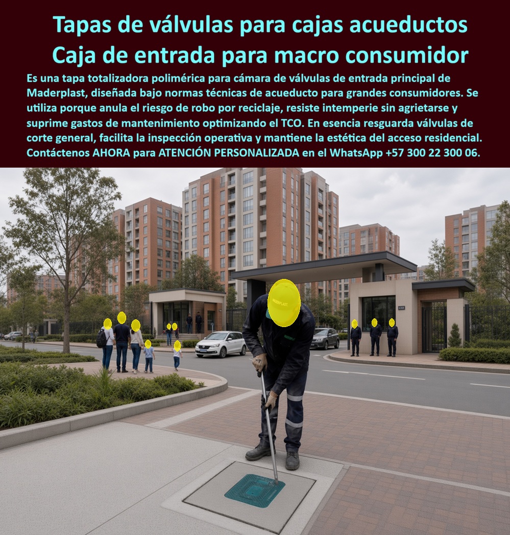 Tapa Totalizadora Telemetría Cajillas Tapas Válvulas Normas EAAB Maderplast -Tapas de Válvulas para Cajas Acueductos: la Caja de Entrada que un técnico opera a la vista de todo el conjunto. En el acceso principal de una torre residencial, un operario levanta con vara metálica la tapa totalizadora empotrada en el andén, mientras peatones y vehículos circulan con normalidad alrededor. Esa naturalidad en la operación es la prueba de un buen diseño: esta caja de entrada para macro consumidor cumple su función sin generar riesgo de tropiezo, sin oxidarse a la intemperie y sin llamar la atención de manos ajenas al servicio. ¿Qué es este producto? Es una tapa totalizadora telemetría polimérica, fabricada para la cámara de válvulas de entrada principal de acueducto, funcionando como caja válvula de entrada principal acueducto que resguarda el corte general de suministro en proyectos de gran consumo. ¿Por qué utilizarla? Porque, a diferencia de la tapa metálica tradicional, no representa valor de reventa en el mercado del reciclaje, eliminando el riesgo de hurto que hoy enfrentan cientos de acueductos con tapas de hierro; además resiste la intemperie sin agrietarse ni fragilizar con el sol o la lluvia constante. ¿Para qué se debe implementar en esencia? Para resguardar las válvulas de corte general, facilitar la inspección operativa del técnico y mantener la estética del acceso residencial sin cajas oxidadas ni tapas rotas que afecten la portada de un conjunto. ¿Cómo se diferencia una tapa doble de una tapa triple? La versión tapa doble caja acueducto conjunto residencial cubre cámaras de menor diámetro en zonas peatonales, mientras que la tapa totalizadora triple antivandálica grandes consumidores se diseña para cámaras de mayor capacidad en proyectos industriales o edificaciones de alto consumo hídrico. ¿Qué garantía tiene frente al robo o vandalismo? Estas cajillas tapas válvulas normas EAAB incorporan sistema antirrobo que suprime por completo el atractivo de reventa, a diferencia del hierro que termina en chatarrerías. ¿Puede instalarse en andenes con alto flujo peatonal? Sí, su superficie antideslizante y su resistencia a carga soporta el tránsito constante de peatones y vehículos livianos sin fisurar. ¿Requiere mantenimiento periódico como las tapas de hierro? No, es una tapa válvula libre de pintura anticorrosiva y de soldaduras de reparación, reduciendo a cero las intervenciones posteriores a la instalación. ¿Cumple la normativa técnica de acueductos como EAAB? Totalmente, se fabrica bajo especificaciones que facilitan la homologación en procesos de recibo de obra de grandes consumidores. Un residente en jefe de un proyecto de vivienda en altura en Bogotá nos comentó que, tras reemplazar las tapas de hierro robadas repetidamente por estas tapas totalizadoras Maderplast, no volvieron a presentar un solo caso de hurto en dos años, y el acueducto aprobó la caja de entrada sin observaciones en la visita técnica. Como fabricante certificado ISO 9001 en diseño y desarrollo, e ISO 14001 ambiental, Maderplast respalda cada caja de registro en polímero reforzado con pruebas de laboratorio disponibles en youtube.com/@maderplasSA, y realizamos pruebas de campo adicionales que usted escoja, a nuestro costo. Si su proyecto requiere caja de acueducto, tapa plástica para reemplazar tapa de hierro o un diseño a la medida de su cámara de válvulas, nuestro departamento de ingeniería cotiza, personaliza y fabrica en serie. Cuando se trata de tapas para acueducto en plástico técnico, Maderplast es quien elimina el robo y la corrosión de una sola vez. Contacte Atención personalizada: WhatsApp (+57) 300 22 300 06 Tapa Doble Caja Acueducto Conjunto Residencial, Caja Válvula De Entrada Principal Acueducto, Tapa Totalizadora Triple Antivandálica Grandes Consumidores, Tapa Válvula Tapa Totalizadora Telemetría Cajillas Tapas Válvulas Normas EAAB Maderplast Tapa Doble Caja Acueducto Conjunto Residencial Caja Válvula De Entrada Principal Acueducto Tapa Totalizadora Triple Antivandálica Grandes Consumidores Tapa Válvula Tapas de Válvulas para Cajas Acueductos: la Caja de Entrada que un técnico opera a la vista de todo el conjunto. En el acceso principal de una torre residencial, un operario levanta con vara metálica la tapa totalizadora empotrada en el andén, mientras peatones y vehículos circulan con normalidad alrededor. Esa naturalidad en la operación es la prueba de un buen diseño: esta caja de entrada para macro consumidor cumple su función sin generar riesgo de tropiezo, sin oxidarse a la intemperie y sin llamar la atención de manos ajenas al servicio. ¿Qué es este producto? Es una tapa totalizadora telemetría polimérica, fabricada para la cámara de válvulas de entrada principal de acueducto, funcionando como caja válvula de entrada principal acueducto que resguarda el corte general de suministro en proyectos de gran consumo. ¿Por qué utilizarla? Porque, a diferencia de la tapa metálica tradicional, no representa valor de reventa en el mercado del reciclaje, eliminando el riesgo de hurto que hoy enfrentan cientos de acueductos con tapas de hierro; además resiste la intemperie sin agrietarse ni fragilizar con el sol o la lluvia constante. ¿Para qué se debe implementar en esencia? Para resguardar las válvulas de corte general, facilitar la inspección operativa del técnico y mantener la estética del acceso residencial sin cajas oxidadas ni tapas rotas que afecten la portada de un conjunto. ¿Cómo se diferencia una tapa doble de una tapa triple? La versión tapa doble caja acueducto conjunto residencial cubre cámaras de menor diámetro en zonas peatonales, mientras que la tapa totalizadora triple antivandálica grandes consumidores se diseña para cámaras de mayor capacidad en proyectos industriales o edificaciones de alto consumo hídrico. ¿Qué garantía tiene frente al robo o vandalismo? Estas cajillas tapas válvulas normas EAAB incorporan sistema antirrobo que suprime por completo el atractivo de reventa, a diferencia del hierro que termina en chatarrerías. ¿Puede instalarse en andenes con alto flujo peatonal? Sí, su superficie antideslizante y su resistencia a carga soporta el tránsito constante de peatones y vehículos livianos sin fisurar. ¿Requiere mantenimiento periódico como las tapas de hierro? No, es una tapa válvula libre de pintura anticorrosiva y de soldaduras de reparación, reduciendo a cero las intervenciones posteriores a la instalación. ¿Cumple la normativa técnica de acueductos como EAAB? Totalmente, se fabrica bajo especificaciones que facilitan la homologación en procesos de recibo de obra de grandes consumidores. Un residente en jefe de un proyecto de vivienda en altura en Bogotá nos comentó que, tras reemplazar las tapas de hierro robadas repetidamente por estas tapas totalizadoras Maderplast, no volvieron a presentar un solo caso de hurto en dos años, y el acueducto aprobó la caja de entrada sin observaciones en la visita técnica. Como fabricante certificado ISO 9001 en diseño y desarrollo, e ISO 14001 ambiental, Maderplast respalda cada caja de registro en polímero reforzado con pruebas de laboratorio disponibles en youtube.com/@maderplasSA, y realizamos pruebas de campo adicionales que usted escoja, a nuestro costo. Si su proyecto requiere caja de acueducto, tapa plástica para reemplazar tapa de hierro o un diseño a la medida de su cámara de válvulas, nuestro departamento de ingeniería cotiza, personaliza y fabrica en serie. Cuando se trata de tapas para acueducto en plástico técnico, Maderplast es quien elimina el robo y la corrosión de una sola vez. Contacte Atención personalizada: WhatsApp (+57) 300 22 300 06