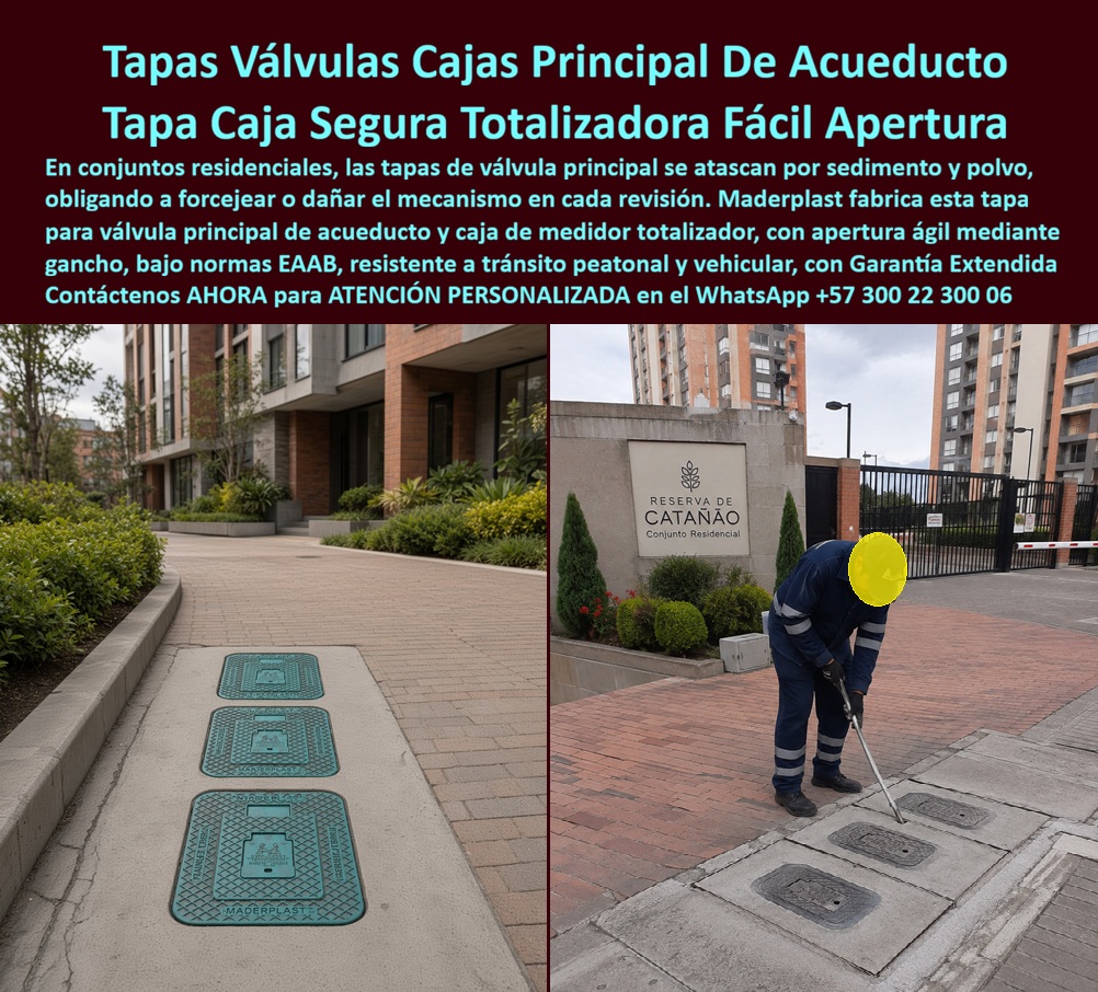 Tapa Totalizadora Telemetría Cajillas Tapas Válvulas Normas EAAB Maderplast -Las tapas para válvula principal de acueducto Maderplast permiten localizar y operar los componentes estratégicos de la entrada hidráulica de un conjunto. La imagen muestra tres tapas verdes de distinto tamaño instaladas en concreto y, al lado, un operario que utiliza una herramienta para abrir registros convencionales. La comparación evidencia la necesidad de acceder a la caja para medidor totalizador sin convertir cada revisión en una maniobra forzada o riesgosa. ¿Qué protege cada tapa? Las tapas de entrada para conjuntos residenciales pueden organizar el registro principal de agua, la cajilla para válvula de corte y la caja de macromedidor en compartimentos independientes. Las tapas de diferentes tamaños responden al espacio requerido por cada equipo, mientras la identificación de registros ayuda al técnico a encontrar la función buscada. La tapa de registro hidráulico no reemplaza la cámara: protege su abertura y permite ingresar. ¿Por qué algunas cubiertas se atascan? El sedimento en tapas de registro, el polvo compactado, la corrosión, los marcos deformados y una instalación desnivelada pueden producir una tapa atascada de acueducto. Una tapa de fácil apertura debe combinar ajuste, punto de izaje y geometría para maniobrar sin golpes. La apertura con gancho mantiene las manos alejadas del borde, pero exige herramienta compatible y procedimiento seguro. Nunca deben improvisarse palancas que dañen el marco. ¿Para qué sirve esta facilidad? El mantenimiento de válvula principal exige cerrar o regular el suministro ante una fuga, reparación o intervención programada. La inspección del medidor totalizador permite verificar el consumo general y revisar un medidor totalizador de grandes consumidores. Así, la acometida general de agua permanece disponible para personal autorizado, mejora el control de consumo del edificio y protege la cámara de válvulas. ¿Puede instalarse en áreas peatonales y vehiculares? Las tapas plásticas para acueducto pueden diseñarse para diferentes solicitudes, pero una tapa antideslizante peatonal no debe anunciarse automáticamente como tapa para tránsito vehicular. El comprador debe exigir una clase de carga comprobada, ficha técnica y ensayo aplicable. También debe verificarse la instalación enrasada al andén, el marco nivelado de concreto, el apoyo continuo y el drenaje; una tapa resistente mal instalada puede moverse o concentrar cargas. ¿Puede integrar telemetría? Una caja de telemetría para totalizador puede alojar sensores, transmisores y antenas cuando ofrece espacio y protección apropiados. La lectura remota de macromedidor reduce aperturas destinadas solo a recopilar datos, aunque continúan las inspecciones físicas. El cuerpo de una tapa anticorrosiva para válvula evita el óxido característico de las cubiertas ferrosas y el reemplazo de tapas metálicas puede reducir pintura y reposiciones; herrajes y cierres deben corresponder al ambiente. ¿Qué debe revisar el ingeniero? Dimensiones libres, material, peso, tapa con cierre de seguridad, carga, ubicación, apertura, garantía y requisitos de la entidad. Las normas EAAB para cajillas deben consultarse en su versión vigente, y una tapa homologada para acueducto solo puede ofrecerse así con aprobación documental para la referencia. Esta verificación protege el acceso a la red de acueducto y mejora el costo total de propiedad. Maderplast ofrece diseño a medida de cajas para válvulas, planos, prototipos y producción en serie como fabricante de tapa totalizadora. Solicite su cotización de tapa principal de agua al Contacto Atención personalizada: WhatsApp (+57) 300 22 300 06 o a ventas@maderplast.com Tapa Para Válvula Principal De Acueducto, Caja Medidor Totalizador De Grandes Consumidores, Caja De Medidor Totalizador Conjuntos Residenciales, Tapa Válvula Entradas Tapa Totalizadora Telemetría Cajillas Tapas Válvulas Normas EAAB Maderplast Tapa Para Válvula Principal De Acueducto Caja Medidor Totalizador De Grandes Consumidores Caja De Medidor Totalizador Conjuntos Residenciales Tapa Válvula Entradas Las tapas para válvula principal de acueducto Maderplast permiten localizar y operar los componentes estratégicos de la entrada hidráulica de un conjunto. La imagen muestra tres tapas verdes de distinto tamaño instaladas en concreto y, al lado, un operario que utiliza una herramienta para abrir registros convencionales. La comparación evidencia la necesidad de acceder a la caja para medidor totalizador sin convertir cada revisión en una maniobra forzada o riesgosa. ¿Qué protege cada tapa? Las tapas de entrada para conjuntos residenciales pueden organizar el registro principal de agua, la cajilla para válvula de corte y la caja de macromedidor en compartimentos independientes. Las tapas de diferentes tamaños responden al espacio requerido por cada equipo, mientras la identificación de registros ayuda al técnico a encontrar la función buscada. La tapa de registro hidráulico no reemplaza la cámara: protege su abertura y permite ingresar. ¿Por qué algunas cubiertas se atascan? El sedimento en tapas de registro, el polvo compactado, la corrosión, los marcos deformados y una instalación desnivelada pueden producir una tapa atascada de acueducto. Una tapa de fácil apertura debe combinar ajuste, punto de izaje y geometría para maniobrar sin golpes. La apertura con gancho mantiene las manos alejadas del borde, pero exige herramienta compatible y procedimiento seguro. Nunca deben improvisarse palancas que dañen el marco. ¿Para qué sirve esta facilidad? El mantenimiento de válvula principal exige cerrar o regular el suministro ante una fuga, reparación o intervención programada. La inspección del medidor totalizador permite verificar el consumo general y revisar un medidor totalizador de grandes consumidores. Así, la acometida general de agua permanece disponible para personal autorizado, mejora el control de consumo del edificio y protege la cámara de válvulas. ¿Puede instalarse en áreas peatonales y vehiculares? Las tapas plásticas para acueducto pueden diseñarse para diferentes solicitudes, pero una tapa antideslizante peatonal no debe anunciarse automáticamente como tapa para tránsito vehicular. El comprador debe exigir una clase de carga comprobada, ficha técnica y ensayo aplicable. También debe verificarse la instalación enrasada al andén, el marco nivelado de concreto, el apoyo continuo y el drenaje; una tapa resistente mal instalada puede moverse o concentrar cargas. ¿Puede integrar telemetría? Una caja de telemetría para totalizador puede alojar sensores, transmisores y antenas cuando ofrece espacio y protección apropiados. La lectura remota de macromedidor reduce aperturas destinadas solo a recopilar datos, aunque continúan las inspecciones físicas. El cuerpo de una tapa anticorrosiva para válvula evita el óxido característico de las cubiertas ferrosas y el reemplazo de tapas metálicas puede reducir pintura y reposiciones; herrajes y cierres deben corresponder al ambiente. ¿Qué debe revisar el ingeniero? Dimensiones libres, material, peso, tapa con cierre de seguridad, carga, ubicación, apertura, garantía y requisitos de la entidad. Las normas EAAB para cajillas deben consultarse en su versión vigente, y una tapa homologada para acueducto solo puede ofrecerse así con aprobación documental para la referencia. Esta verificación protege el acceso a la red de acueducto y mejora el costo total de propiedad. Maderplast ofrece diseño a medida de cajas para válvulas, planos, prototipos y producción en serie como fabricante de tapa totalizadora. Solicite su cotización de tapa principal de agua al Contacto Atención personalizada: WhatsApp (+57) 300 22 300 06 o a ventas@maderplast.com